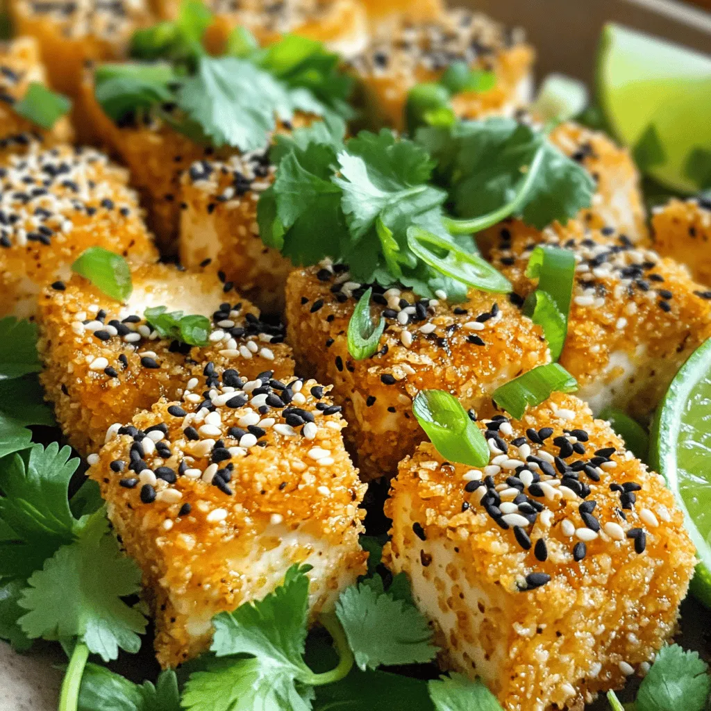 Für dieses Gericht benötigst du einige Hauptzutaten. Diese sind: - 1 Block (400 g) fester Tofu, gut abgetropft und gepresst - 60 g Sesamsamen (weiß, schwarz oder eine Mischung) - 60 g Panko-Paniermehl Der Tofu ist die Basis und gibt dem Gericht seine Struktur. Sesamsamen und Panko sorgen für den knusprigen Biss. Die Gewürze machen den Tofu würzig und lecker. Hier sind die Zutaten für die Marinade: - 30 ml Sojasauce - 15 ml Sriracha (je nach Schärfewunsch anpassen) - 15 ml Sesamöl - 5 g Knoblauchpulver - 5 g Ingwerpulver - Salz und Pfeffer nach Geschmack Diese Mischung bringt Geschmack und Schärfe. Du kannst die Schärfe mit mehr oder weniger Sriracha anpassen. Zum Servieren empfehle ich einige frische Garnituren. Sie bringen Farbe und zusätzlichen Geschmack: - 2 Frühlingszwiebeln, in Ringe geschnitten - Frischer Koriander - Limettenschnitze Die Frühlingszwiebeln und Koriander geben Frische. Limettenschnitze sorgen für einen spritzigen Akzent beim Essen. Um den Tofu richtig zuzubereiten, beginne mit einem Block festem Tofu. Drücke ihn gut ab, damit er trocken ist. Schneide den Tofu in 2,5 cm große Würfel oder Scheiben. Die Größe ist wichtig, damit der Tofu gleichmäßig gart. Je kleiner die Stücke, desto knuspriger werden sie. Jetzt kommt der spannende Teil. In einer kleinen Schüssel vermischst du 30 ml Sojasauce, 15 ml Sriracha, 15 ml Sesamöl, 5 g Knoblauchpulver und 5 g Ingwerpulver. Füge Salz und Pfeffer nach Geschmack hinzu. Rühre alles gut um, bis es gleichmäßig aussieht. Lege die Tofustücke in eine flache Schale und gieße die Sauce darüber. Achte darauf, dass jedes Stück gut bedeckt ist. Lasse den Tofu mindestens 15 Minuten marinieren. So nimmt er die Aromen auf. Nun ist es Zeit für die Panade. In einer separaten flachen Schüssel kombinierst du 60 g Sesamsamen und 60 g Panko-Paniermehl. Du kannst auch eine Prise Salz und Pfeffer hinzufügen, wenn du magst. Nimm die marinierten Tofustücke aus der Schale und lasse die überschüssige Flüssigkeit abtropfen. Wende die Stücke in der Sesam-Panko-Mischung, bis sie gut bedeckt sind. Achte darauf, dass alle Seiten schön panierte sind. Um Tofu zu braten, erhitze 30 ml Pflanzenöl in einer Pfanne. Wähle mittlere Hitze, damit der Tofu nicht anbrennt. Wenn das Öl heiß ist, lege die panierten Tofustücke in die Pfanne. Brate sie 3-4 Minuten auf jeder Seite. Achte darauf, dass sie goldbraun und knusprig werden. So bleibt der Tofu außen knusprig und innen weich. Das Backen ist eine gesündere Option. Heize den Ofen auf 200 °C vor. Lege die panierten Tofustücke auf ein mit Backpapier ausgelegtes Blech. Besprühe sie leicht mit Kochspray. Backe den Tofu 25-30 Minuten. Wende die Stücke nach der Hälfte der Zeit. So werden sie gleichmäßig knusprig und goldbraun. - Marinieren: Lasse den Tofu mindestens 15 Minuten marinieren. So nimmt er den Geschmack gut auf. - Panade: Stelle sicher, dass die Tofustücke gleichmäßig in der Sesam-Panko-Mischung gewendet sind. Das sorgt für eine tolle Kruste. - Ausrüstung: Verwende eine beschichtete Pfanne für das Braten. Das hilft, dass der Tofu nicht kleben bleibt. - Garnitur: Vergiss nicht, den Tofu mit Frühlingszwiebeln und frischem Koriander zu garnieren. Das bringt Farbe und Geschmack. {{image_4}} Wenn du die Schärfe anpassen möchtest, spiele mit der Menge Sriracha. Für weniger Schärfe reduziere die Sriracha auf 7 ml. Möchtest du es schärfer? Füge mehr Sriracha hinzu. Du kannst auch andere scharfe Saucen probieren. Chiliöl oder Sambal Oelek sind leckere Alternativen. Die Panade ist der Schlüssel zu einem knusprigen Tofu. Du kannst die Sesamsamen mit anderen Zutaten mischen. Zum Beispiel, füge geriebene Kokosnuss oder geröstete Nüsse hinzu. So wird der Geschmack noch interessanter. Wenn du kein Panko hast, benutze normales Paniermehl. Es wird zwar weniger knusprig, ist aber auch lecker. Würziger Sesamkrustentofu passt gut zu vielen Beilagen. Probiere ihn mit Reis oder Quinoa für eine komplette Mahlzeit. Gemüse wie Brokkoli oder Karotten sind eine tolle Ergänzung. Ein frischer Salat bringt weitere Geschmäcker ins Spiel. Für einen asiatischen Touch serviere ihn mit einer Sojasauce oder Erdnusssauce. Um deinen würzigen Sesamkrustentofu frisch zu halten, lege die Reste in einen luftdichten Behälter. Achte darauf, dass die Stücke nicht übereinander liegen. So bleiben sie knusprig. Lagere den Behälter im Kühlschrank. Du kannst den Tofu auch in Frischhaltefolie einwickeln, wenn du keinen Behälter hast. Wenn du den Tofu aufwärmen möchtest, nutze die Pfanne oder den Ofen. In der Pfanne erhitzt du etwas Öl bei mittlerer Hitze. Lege die Tofustücke hinein und brate sie 2-3 Minuten pro Seite. So bleiben sie knusprig. Wenn du den Ofen benutzt, heize ihn auf 180 °C vor. Lege die Tofustücke auf ein Backblech und erwärme sie 10-15 Minuten. Das sorgt für eine gute Konsistenz. Im Kühlschrank hält der würzige Sesamkrustentofu etwa 3 bis 4 Tage. Achte darauf, ihn gut zu lagern, damit er nicht austrocknet. Friere ihn nicht ein, da die Textur leidet. Du wirst den Unterschied schmecken. Genieß die Reste, solange sie frisch sind! Tofu sollte mindestens 15 Minuten mariniert werden. So nimmt er den Geschmack der Sauce auf. Je länger du ihn marinierst, desto besser wird der Geschmack. Du kannst ihn auch bis zu 2 Stunden im Kühlschrank lassen, wenn du mehr Zeit hast. Ja, du kannst die Sriracha weglassen, wenn du es milder magst. Du kannst auch weniger verwenden, wenn du nur einen Hauch von Schärfe möchtest. Alternativ kannst du eine andere Sauce wählen, die dir besser gefällt. Zu würzigem Sesamkrustentofu passen viele Beilagen gut. Hier sind einige Ideen: - Gedämpfter Reis oder Quinoa - Frisches Gemüse, wie Brokkoli oder Karotten - Ein leichter Salat mit Limetten-Dressing - Gebratene Nudeln mit Gemüse Diese Beilagen ergänzen den Tofu und sorgen für eine ausgewogene Mahlzeit. Zusammengefasst haben wir die besten Zutaten und die Zubereitung für würzigen Sesamkrustentofu behandelt. Ich hoffe, die Schritt-für-Schritt-Anleitung macht das Kochen einfach und angenehm. Die Tipps helfen dir, dein Gericht zu variieren und anzupassen. Vergiss nicht, den Tofu richtig zu lagern, damit er frisch bleibt. Experimentiere mit verschiedenen Beilagen und genieße dein selbstgemachtes Essen. Tofu kann köstlich sein, wenn man die richtigen Schritte befolgt. Viel Spaß beim Ausprobieren!