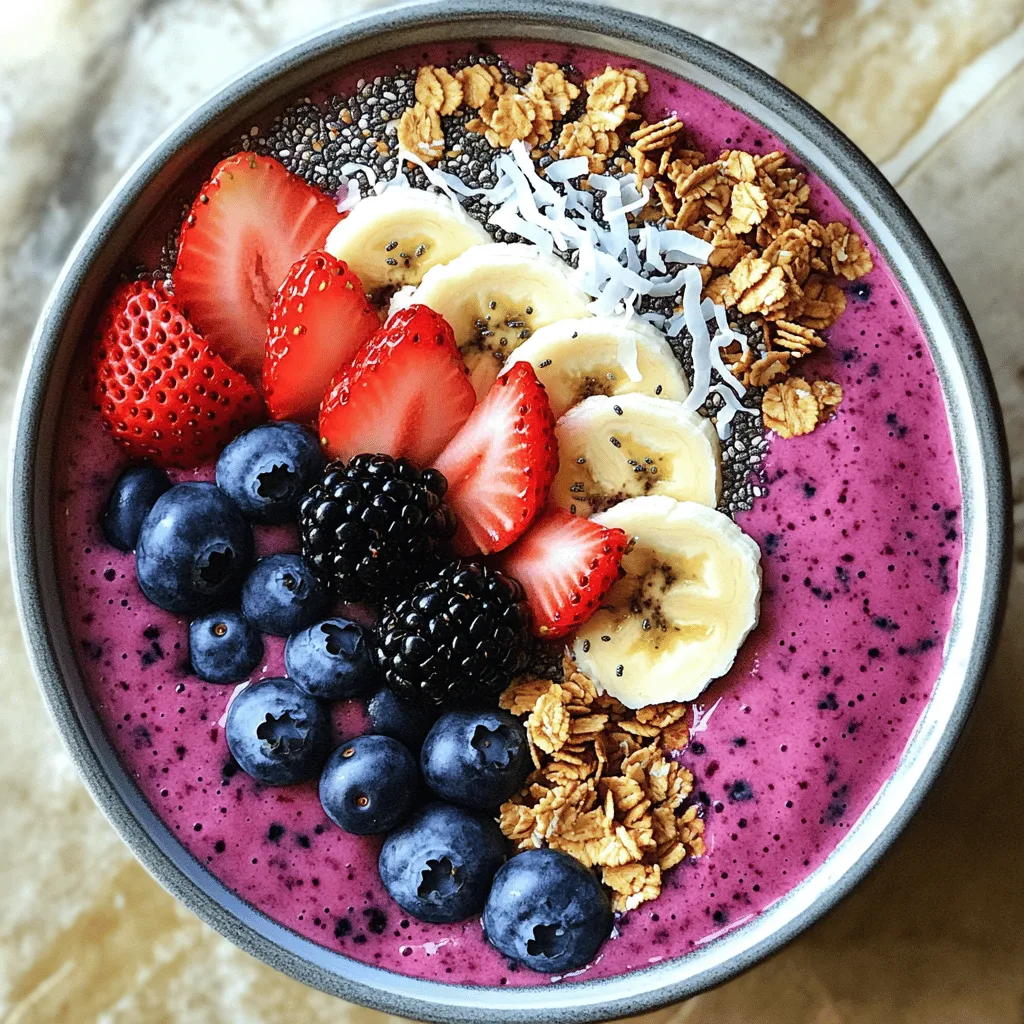 - 1 Tasse gefrorene Erdbeeren - 1 Tasse gefrorene Blaubeeren - 1 Tasse gefrorene Brombeeren - 1 Banane, in Scheiben geschnitten - 1 Tasse Mandeldrink Die Hauptzutaten sind der Schlüssel für einen leckeren Smoothie. Gefrorene Erdbeeren, Blaubeeren und Brombeeren geben Frische und Geschmack. Sie sind voller Vitamine und Antioxidantien. Die Banane bringt eine cremige Textur und Süße. Mandeldrink macht die Mischung leicht und nussig. Ich liebe es, mit diesen Zutaten zu arbeiten. - 1 Esslöffel Honig oder Ahornsirup - Toppings: Granola, frische Beeren, Chiasamen, Kokosraspel Optional kannst du Honig oder Ahornsirup hinzufügen. So wird die Smoothie-Bowl noch süßer. Ich empfehle, die Mischung vorher zu probieren. Toppings sind wichtig für den Crunch und das Aussehen. Granola gibt dir Biss. Frische Beeren sind nicht nur schick, sondern auch gesund. Chiasamen und Kokosraspel bringen extra Nährstoffe. Fühle dich frei, kreativ zu sein! Gib die gefrorenen Erdbeeren, Blaubeeren und Brombeeren in deinen Mixer. Füge auch die geschnittene Banane und den Mandeldrink hinzu. Hochwertige Zutaten sind sehr wichtig. Sie sorgen für den besten Geschmack und Nährstoffe. Verwende frische oder gefrorene Früchte ohne Zuckerzusatz. So bleibt die Smoothie-Bowl gesund und lecker. Püriere die Mischung auf hoher Stufe. Mixe sie so lange, bis sie cremig ist. Wenn die Mischung zu dick ist, füge etwas mehr Mandeldrink hinzu. Mixe erneut, bis die gewünschte Konsistenz erreicht ist. Probiere die Mischung. Wenn du es süßer magst, füge etwas Honig oder Ahornsirup hinzu und mixe wieder. Gieße den fertigen Smoothie in eine Schüssel. Jetzt kommt der kreative Teil! Streue Granola darüber und dekoriere die Bowl mit frischen Beeren, Chiasamen und Kokosraspeln. Du kannst auch andere Toppings wählen. Nutze deinen Geschmack und die Farben der Früchte, um die Bowl schön zu gestalten. Um die perfekte Konsistenz zu erreichen, sind ein paar Tipps wichtig. Mixe die gefrorenen Früchte gut. Ich empfehle, zuerst die gefrorenen Erdbeeren, Blaubeeren und Brombeeren in den Mixer zu geben. Diese Früchte sorgen für eine cremige Textur. Füge die geschnittene Banane und den Mandeldrink hinzu. Mixe alles auf hoher Stufe, bis die Mischung cremig ist. Wenn es zu dick ist, gib mehr Mandeldrink dazu. Das verbessert die Konsistenz und macht den Smoothie leichter. Gefrorene Früchte sind ein Muss. Sie helfen, die Kälte und Frische zu bewahren. Außerdem sind sie leicht zu lagern. Du kannst frische Früchte verwenden, aber gefrorene sind oft süßer und reifer. Superfoods sind eine tolle Möglichkeit, die Nährstoffe zu steigern. Chiasamen sind reich an Ballaststoffen und Omega-3-Fettsäuren. Ein Esslöffel reicht aus, um viele Vorteile zu erzielen. Du kannst auch Proteinpulver hinzufügen, wenn du mehr Eiweiß willst. Für Toppings gibt es viele Optionen. Granola bringt Crunch und Energie. Frische Beeren sind nicht nur lecker, sondern auch gesund. Kokosraspel geben eine tropische Note. Du kannst auch Nüsse oder Samen hinzufügen. Diese Extras machen die Bowl nicht nur lecker, sondern auch bunt und schön. Experimentiere mit verschiedenen Toppings, um deine perfekte Mischung zu finden. {{image_4}} Für eine vegane Version kannst du den Mandeldrink einfach durch Hafermilch oder Kokosmilch ersetzen. Diese Optionen bringen auch einen leckeren Geschmack. Beide sind leicht erhältlich und passen gut zu Beeren. Wenn du glutenfreie Toppings suchst, sind Chiasamen und frische Beeren super. Du kannst auch glutenfreies Granola verwenden. Achte darauf, dass auf der Verpackung glutenfrei steht. So bleibt deine Bowl frei von Gluten und voller Geschmack. Experimentiere mit verschiedenen Beeren und Früchten! Füge Himbeeren oder Mango hinzu, um neue Geschmäcker zu entdecken. Diese Früchte machen die Bowl fruchtiger und bunter. Für jede Jahreszeit kannst du andere Früchte wählen. Im Sommer sind Pfirsiche oder Melonen toll. Im Winter passen Äpfel oder Birnen gut. So bleibt deine Smoothie-Bowl frisch und spannend. Wenn du Reste von deiner Smoothie-Bowl hast, lagere sie im Kühlschrank. Verwende einen luftdichten Behälter. So bleiben die Aromen frisch. Du solltest sie innerhalb von zwei Tagen essen. Stelle sicher, dass die Bowl gut abgedeckt ist. So trocknen die Zutaten nicht aus und behalten ihren Geschmack. Das Einfrieren der Smoothie-Bowl ist eine großartige Option. Du kannst die Mischung in einer gefrierfesten Schüssel aufbewahren. Lass etwas Platz, damit die Mischung beim Gefrieren ausdehnen kann. Wenn du bereit bist, sie zu essen, lass die Bowl einfach im Kühlschrank auftauen. Das dauert einige Stunden. Du kannst sie auch im Mixer kurz aufmixen, um die Konsistenz zu verbessern. Werde kreativ mit deinen Resten! Du kannst die Reste als Basis für einen neuen Snack nutzen. Mische die Smoothie-Bowl einfach mit Joghurt für ein schnelles Frühstück. Du kannst auch Pancakes mit der Mischung zubereiten. Das gibt ihnen einen tollen Geschmack. Hier sind einige Rezeptideen, um deine Reste zu nutzen: - Füge die Reste in ein Muffin-Rezept ein. Sie bringen Feuchtigkeit und Geschmack. - Mache ein Smoothie-Eis, indem du die Reste in Eisformen gießt und gefrierst. - Verwende die Mischung als Topping für Haferbrei oder Müsli. Das hilft dir, nichts zu verschwenden und neue Gerichte zu entdecken! Beeren sind echte Kraftpakete. Sie sind voll von Vitaminen und Antioxidantien. Diese Nährstoffe helfen, unser Immunsystem zu stärken. Zum Beispiel haben Erdbeeren viel Vitamin C. Blaubeeren sind reich an Ballaststoffen. Brombeeren enthalten viele Mineralien, die gut für die Knochen sind. Diese kleinen Früchte unterstützen auch die Gesundheit des Herzens. Ihre natürliche Süße macht sie zu einem tollen Snack. Ja, du kannst viele Früchte verwenden! Wenn du keine Beeren magst, probiere Bananen oder Mangos. Diese Früchte bringen auch viel Geschmack. Du kannst sogar Spinat oder Grünkohl hinzufügen. Diese Blattgemüse geben dir extra Nährstoffe. Sei kreativ mit deinen Lieblingsfrüchten. Jeder Mix kann lecker sein! Die Smoothie-Bowl hält sich gut im Kühlschrank. Du solltest sie jedoch innerhalb von zwei Tagen essen. Wenn du Reste hast, kannst du sie einfrieren. So bleibt die Frische erhalten. Achte darauf, die Bowl in einem luftdichten Behälter zu lagern. So verhinderst du ein Austrocknen. Das komplette Rezept für die Dreifach Beerensmoothie-Bowl findest du oben im Artikel. Dort sind alle Zutaten und Schritte klar erklärt. So kannst du sofort loslegen! Zusammenfassend hast du gelernt, wie man eine köstliche und gesunde Smoothie-Bowl zubereitet. Wir haben die Hauptzutaten, die Vorbereitung, das Mixen und die besten Toppings besprochen. Denke immer an die Qualität deiner Zutaten. Kreativität ist der Schlüssel zu tollen Variationen. Bewahre Reste richtig auf, um Verschwendung zu vermeiden. Mit diesen Tipps wirst du leckere Smoothie-Bowls ganz einfach selbst machen!