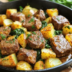 - 450 g Rinderfilet, in mundgerechte Stücke geschnitten - 2 mittelgroße Kartoffeln, in kleine Würfel geschnitten - 60 g ungesalzene Butter - 4 Knoblauchzehen, fein gehackt Rinderfilet ist zart und voll Geschmack. Es gibt dem Gericht seine saftige Textur. Kartoffeln geben eine tolle Basis. Sie sind knusprig außen und weich innen. Knoblauch und Butter bringen das Gericht auf ein neues Level. Der Knoblauch verleiht einen starken, guten Geschmack. Die Butter macht alles reichhaltig. - 1 Teelöffel frischer Thymian, gehackt (oder ½ Teelöffel getrockneter Thymian) - 1 Teelöffel geräuchertes Paprikapulver - Salz und Pfeffer nach Geschmack Thymian bringt frische Aromen. Er passt perfekt zu Fleisch und Kartoffeln. Geräuchertes Paprikapulver gibt einen tiefen, rauchigen Geschmack. Salz und Pfeffer sind Grundgewürze. Sie verstärken die Aromen in diesem Gericht. - 2 Tassen Babyspinat - Frische Petersilie, gehackt, zum Garnieren Babyspinat ist eine gesunde Ergänzung. Er bringt Farbe und Nährstoffe in die Pfanne. Frische Petersilie macht das Gericht schöner. Sie gibt einen frischen, grünen Touch und einen zusätzlichen Geschmack. Zuerst schneide ich das Rinderfilet in kleine Stücke. Jedes Stück sollte etwa gleich groß sein. So garen sie gut. Dann schneide ich die Kartoffeln in kleine Würfel. Diese sollten auch gleichmäßig sein. Bereite alle Zutaten vor, bevor ich anfange zu kochen. Das macht das Kochen einfacher und schneller. Ich erhitze eine große Pfanne auf mittlerer bis hoher Hitze. Sobald die Pfanne heiß ist, gebe ich zwei Esslöffel Butter hinein. Wenn die Butter schmilzt und sprudelt, füge ich die gewürfelten Kartoffeln hinzu. Ich brate sie etwa zehn bis zwölf Minuten lang. Dabei rühre ich die Kartoffeln gelegentlich um. Sie sollten goldbraun und zart sein. Ich würze die Kartoffeln mit Salz, Pfeffer und geräuchertem Paprikapulver. Das gibt ihnen einen tollen Geschmack. Während die Kartoffeln braten, würze ich die Rinderstückchen mit Salz und Pfeffer. Ich schiebe die Kartoffeln zur Seite der Pfanne. Dann füge ich die restlichen zwei Esslöffel Butter hinzu. Sobald die Butter schmilzt, gebe ich die Rinderstücke hinein. Ich brate das Fleisch drei bis vier Minuten lang. Es sollte außen schön braun und innen saftig sein. Dann rühre ich den gehackten Knoblauch und den frischen Thymian ein. Ich brate alles ein bis zwei Minuten weiter, bis es duftet. Optional kann ich jetzt auch den Babyspinat hinzufügen. Ich rühre ihn unter, bis er verwelkt ist. Dann vermische ich das Steak, die Kartoffeln und den Spinat gründlich in der Knoblauchbutter. Um das Fleisch saftig zu halten, braten Sie es nicht zu lange. Die perfekte Garzeit beträgt etwa 3-4 Minuten. Wenden Sie die Rinderstückchen nur einmal, um eine schöne Kruste zu erhalten. Wenn Sie das Fleisch zu oft wenden, verlieren Sie die Saftigkeit. Achten Sie darauf, dass die Außenseite gut gebräunt ist. So bleibt das Innere zart und schmackhaft. Um den Geschmack der Knoblauchbutter zu intensivieren, können Sie zusätzliche Gewürze verwenden. Zum Beispiel passt frischer Rosmarin gut dazu. Er gibt der Butter eine besondere Note. Auch eine Prise Chili kann helfen, die Butter aufzupeppen. Wenn Sie die Butter variieren möchten, probieren Sie auch Kräuterbutter oder Zitronenbutter. Diese Varianten bringen frischen Wind in das Gericht. Für die Präsentation können Sie das Gericht direkt in der Pfanne servieren. Das gibt einen rustikalen Look und macht es einfach. Alternativ können Sie das Steak und die Kartoffeln auf eine große Servierplatte übertragen. Vergessen Sie nicht, die restliche Knoblauchbutter darüber zu träufeln. Für eine ansprechende Garnitur verwenden Sie frische Petersilie. Das bringt Farbe und macht das Gericht noch appetitlicher. {{image_4}} Sie können das Rezept leicht anpassen. Fügen Sie einfach mehr Gemüse hinzu. Brokkoli, Karotten oder Zucchini passen gut. Schneiden Sie sie in kleine Stücke, damit sie gleichmäßig garen. Für eine vegane Option verwenden Sie Tofu oder Tempeh anstelle von Steak. Braten Sie sie in der Knoblauchbutter, bis sie goldbraun sind. Das gibt Ihnen einen tollen Geschmack ohne Fleisch. Neben Kartoffeln gibt es viele tolle Beilagen. Reis oder Quinoa sind gesunde Alternativen. Diese Beilagen nehmen die Aromen gut auf. Ein frischer Salat ergänzt das Gericht schön. Sie können auch Brot reichen. Knuspriges Baguette oder ein einfaches Ciabatta sind ideal. So haben Sie etwas, um die köstliche Sauce aufzutunken. Experimentieren Sie mit verschiedenen Kräutern. Rosmarin oder Oregano können neue Aromen bringen. Diese Kräuter passen gut zu Steak und Kartoffeln. Sie können auch regionale Gewürze ausprobieren. Zum Beispiel, Paprika aus Ungarn oder Kräuter der Provence. Diese Gewürze geben dem Gericht einen besonderen Touch. Um die Knoblauchbutter Steak und Kartoffel Pfanne frisch zu halten, lagere die Reste sofort. Du kannst sie in einem luftdichten Behälter im Kühlschrank aufbewahren. So bleiben sie bis zu drei Tage gut. Wenn du die Reste länger aufbewahren möchtest, friere sie ein. In einem gefrierfesten Behälter bleiben sie bis zu drei Monate frisch. Achte darauf, die Reste vor dem Einfrieren vollständig abzukühlen. Beim Aufwärmen ist es wichtig, die Feuchtigkeit zu bewahren. Die beste Methode ist, die Pfanne bei niedriger Hitze zu nutzen. Füge einen kleinen Löffel Wasser oder Butter hinzu, um das Gericht saftig zu halten. Rühre es regelmäßig, damit alles gleichmäßig warm wird. Vermeide die Mikrowelle, da das Gericht dort schnell trocken wird. Für die Meal Prep kannst du die Kartoffeln und das Fleisch im Voraus zubereiten. Schneide die Kartoffeln und das Fleisch und lagere sie separat im Kühlschrank. Du kannst auch die Knoblauchbutter im Voraus zubereiten. So sparst du Zeit an einem stressigen Tag. Wenn du Portionen machst, verwende kleine Behälter. So hast du immer eine schnelle und leckere Mahlzeit bereit. Die Zubereitung des Garlic Butter Steak and Potato Skillet dauert insgesamt 30 Minuten. - Vorbereitungszeit: 10 Minuten - Kochzeit: 20 Minuten In dieser kurzen Zeit können Sie ein köstliches Gericht auf den Tisch bringen. Ja, das Rezept lässt sich leicht anpassen. Sie können verschiedene Zutaten verwenden. - Austausch von Zutaten: Statt Rinderfilet können Sie Hähnchen oder Tofu nutzen. - Variationen: Fügen Sie andere Gemüse hinzu, wie Paprika oder Zucchini. Diese Anpassungen machen das Gericht interessant und passend für Ihren Geschmack. Das Rezept ist vielseitig und kann für verschiedene Diäten angepasst werden. - Nährwertinformationen: Es enthält Protein, gesunde Fette und Kohlenhydrate. - Anpassungsoptionen: Verwenden Sie weniger Butter oder ersetzen Sie die Kartoffeln durch Blumenkohl für eine Low-Carb-Option. So bleibt das Gericht lecker und gesund für alle. In diesem Blogbeitrag haben wir die Hauptzutaten, die Schritt-für-Schritt-Anleitung und nützliche Tipps für das Garlic Butter Steak and Potato Skillet behandelt. Wir haben auch Variationen und Aufbewahrungsmöglichkeiten besprochen. Jetzt bist du bereit, dein eigenes köstliches Gericht zuzubereiten. Mit frischen Zutaten und guten Gewürzen kannst du jeden Biss genießen. Denk daran, mit den Zutaten zu spielen und zu experimentieren. So machst du das Rezept ganz nach deinem Geschmack. Viel Spaß beim Kochen!