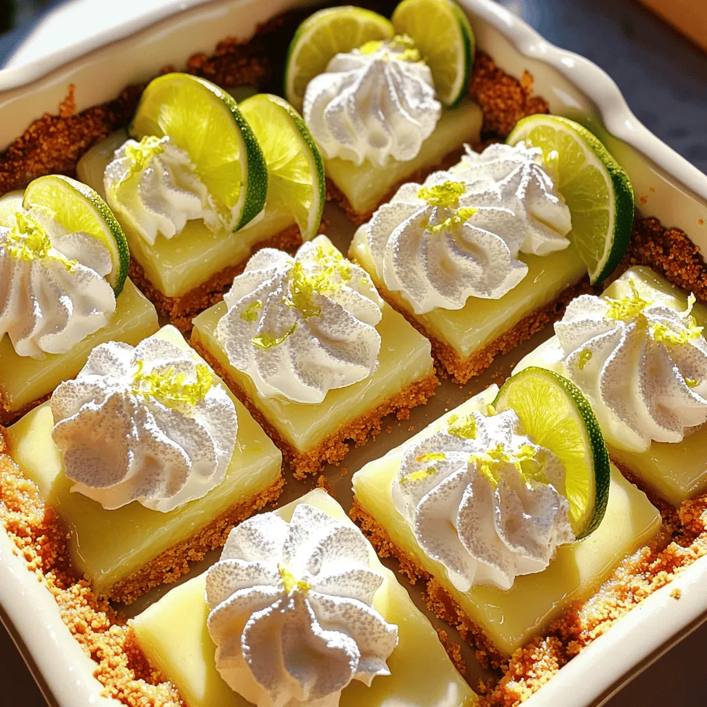 Für die Key Lime Pie Bars benötigst du folgende Zutaten: - 1 ½ Tassen Graham-Cracker-Krümel - ½ Tasse ungesalzene Butter, geschmolzen - ⅓ Tasse Kristallzucker (für den Boden) - 1 Dose (400 g) gesüßte Kondensmilch - ½ Tasse frischer Key-Limettensaft (ca. 5-6 Key-Limetten) - 2 große Eigelb - 1 Esslöffel Limettenabrieb - ½ Tasse Schlagsahne (für das Topping) - 2 Esslöffel Puderzucker (für das Topping) - Zusätzlicher Limettenabrieb und Limettenscheiben zum Garnieren Jede Zutat spielt eine wichtige Rolle. Die Graham-Cracker-Krümel geben dem Boden einen tollen Crunch. Die gesüßte Kondensmilch sorgt für die süße Füllung. Frischer Limettensaft bringt den besonderen Geschmack. Der frische Key-Limettensaft ist das Herzstück dieses Rezepts. Er hat einen einzigartigen Geschmack, der süß und sauer zugleich ist. Der Limettenabrieb verstärkt das Aroma und sorgt für mehr Frische. Diese Zutaten machen die Bars besonders lecker und erfrischend. Wenn du glutenfrei leben möchtest, kannst du glutenfreie Graham-Cracker verwenden. Die Bars bleiben genauso schmackhaft und lecker! Für eine vegane Version tausche die Eier gegen Chia-Samen oder Apfelmus aus. Statt Schlagsahne kannst du Kokoscreme verwenden, um einen cremigen Topping-Effekt zu erzielen. So passen die Bars zu verschiedenen diätetischen Bedürfnissen. Zuerst heize deinen Ofen auf 175°C vor. Nimm eine Schüssel und mische die Graham-Cracker-Krümel, die geschmolzene Butter und den Kristallzucker. Rühre gut um, bis alles gleichmäßig ist. Nimm eine gefettete 23x23 cm Backform. Drücke die Mischung fest auf den Boden der Form. Stelle sicher, dass die Schicht gleichmäßig ist. Backe den Boden für 10 Minuten im Ofen. Nimm ihn dann heraus und lasse ihn abkühlen. In einer mittleren Schüssel mische die gesüßte Kondensmilch, den frisch gepressten Key-Limettensaft, die Eigelb und den Limettenabrieb. Nutze einen Schneebesen, um alles gut zu verrühren. Die Mischung sollte glatt sein. Gieße die Füllung gleichmäßig über den abgekühlten Boden. Verwende einen Spatel, um die Oberfläche glatt zu streichen. Backe die Bars für 15 bis 18 Minuten. Die Füllung sollte fest sein, aber in der Mitte noch leicht wackeln. Nimm die Bars aus dem Ofen und lasse sie auf Zimmertemperatur abkühlen. Danach stelle die Backform für mindestens 2 Stunden in den Kühlschrank. So festigen sich die Bars perfekt. Die Konsistenz ist der Schlüssel zu leckeren Key Lime Pie Bars. Achte darauf, die Füllung gut zu mischen. Wenn du die gesüßte Kondensmilch und die Limetten gut vermengst, wird die Füllung schön glatt. Die Bars sollten fest, aber nicht zu hart sein. Ein leichtes Wackeln in der Mitte zeigt, dass sie perfekt sind. Lass sie nach dem Backen vollständig abkühlen. Kühle sie dann mindestens zwei Stunden im Kühlschrank, damit sie fest werden. Serviere die Bars frisch aus dem Kühlschrank. Schneide sie in gleichmäßige Stücke für eine ansprechende Präsentation. Ein Löffel Schlagsahne auf jeder Bar sorgt für einen schönen Kontrast. Verziere die Bars mit Limettenabrieb und einer Limettenscheibe. Diese frischen Farben machen das Dessert noch einladender. Du kannst auch frische Beeren als Beilage verwenden, um die Aromen zu ergänzen. Ein häufiger Fehler ist das Überbacken der Bars. Achte darauf, die Füllung nicht zu lange zu backen. Wenn die Mitte zu fest ist, werden die Bars trocken. Ein weiterer Fehler ist die Verwendung von zu viel Limettensaft. Zu viel Säure kann die Füllung bitter machen. Verwende frische Limetten für den besten Geschmack. Und vergiss nicht, die Bars gut zu kühlen, bevor du sie servierst. {{image_4}} Um einen tropischen Geschmack zu erreichen, können Sie frische Früchte hinzufügen. Probieren Sie Mango- oder Ananasstücke. Diese Früchte passen gut zur Limette. Sie bringen zusätzliche Süße und Frische. Ein Hauch von Kokosnuss kann ebenfalls aufregend sein. Fügen Sie einfach Kokosraspeln in die Füllung hinzu. Für eine glutenfreie Version verwenden Sie glutenfreie Kekse für den Boden. Diese ersetzen die Graham-Cracker-Krümel. Für die vegane Option nutzen Sie pflanzliche Butter und ersetzen die Eier durch Leinsamen. Mischen Sie einen Esslöffel Leinsamenmehl mit drei Esslöffeln Wasser als Ei-Ersatz. So bleibt der Geschmack unverändert, und jeder kann genießen. Sie können auch andere Zitrusfrüchte als Topping verwenden. Versuchen Sie Orange oder Grapefruit. Diese Zitrusfrüchte bringen eine neue Note in Ihr Dessert. Ein Spritzer Zitrone auf der Schlagsahne sorgt für zusätzlichen Frischekick. Für mehr Farbe garnieren Sie mit Zitrusscheiben oder Zesten. Diese kleinen Schritte erhöhen die Präsentation und den Geschmack. Um die Key Lime Pie Bars frisch zu halten, lege sie in einen luftdichten Behälter. Stelle sicher, dass die Bars gut abgekühlt sind, bevor du sie einlagerst. Wenn du die Bars stapelst, lege ein Stück Backpapier zwischen die Schichten. So bleibt die Schlagsahne knackig und die Bars kleben nicht zusammen. Die Key Lime Pie Bars halten sich im Kühlschrank etwa 5 bis 7 Tage. Die Kühle hilft, die Frische und den Geschmack zu bewahren. Du kannst die Bars auch einfrieren, um sie länger haltbar zu machen. Im Gefrierschrank bleiben sie bis zu 3 Monate genießbar. Die Bars müssen nicht aufgewärmt werden. Sie schmecken kalt am besten. Wenn du sie lieber etwas temperiert magst, lasse sie einfach 10 bis 15 Minuten bei Raumtemperatur stehen. Dadurch kommen die Aromen besser zur Geltung. Vermeide es, sie in der Mikrowelle zu erhitzen, da dies die Konsistenz verändert. Ja, du kannst andere Limettenarten verwenden, aber der Geschmack wird anders. Key-Limetten sind kleiner und haben ein intensiveres Aroma. Normale Limetten sind größer und saftiger, aber weniger süß. Wenn du normale Limetten verwendest, probiere etwas mehr Zucker in der Füllung. Um die Bars süßer zu machen, füge mehr Kristallzucker zur Füllung hinzu. Du könntest auch etwas mehr gesüßte Kondensmilch verwenden. Eine andere Methode ist, mehr Puderzucker in die Schlagsahne zu geben. Experimentiere mit diesen Optionen, bis du den perfekten Süßigkeitsgrad findest. Die klassischen Key Lime Pie Bars sind nicht glutenfrei, da sie Graham-Cracker enthalten. Du kannst jedoch glutenfreie Kekse verwenden, um die Basis zu machen. Achte darauf, dass die anderen Zutaten auch glutenfrei sind. So kannst du die Bars für alle Gäste genießen. Zusammenfassend haben wir die besten Zutaten für Key Lime Pie Bars erkundet. Wir haben besondere Zutaten für mehr Geschmack und Alternativen für spezielle Diäten besprochen. Die Schritt-für-Schritt-Anleitung hilft dir, die Bars perfekt zuzubereiten, während Tipps und Tricks häufige Fehler vermeiden. Du kannst auch spannende Variationen und Lagerungstipps ausprobieren. Genieße das Backen und teile deine Kreationen mit anderen!