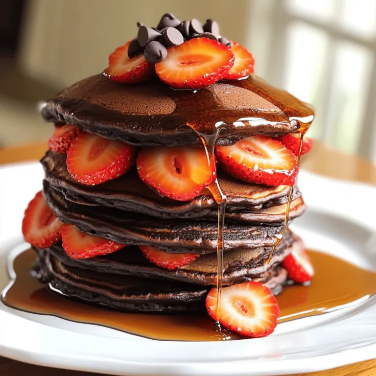 Für die fluffigen Schokoladen-Erdbeer-Pfannkuchen brauchst du einige Hauptzutaten. Diese bilden die Basis des Teigs und sorgen für einen tollen Geschmack und die perfekte Konsistenz. Hier ist, was du benötigst: - 1 Tasse Weizenmehl - 2 Esslöffel Kakaopulver - 2 Esslöffel Zucker - 1 Teelöffel Backpulver - 1/2 Teelöffel Natron - 1/4 Teelöffel Salz - 1 großes Ei - 1 Tasse Buttermilch - 2 Esslöffel geschmolzene Butter - 1/2 Teelöffel Vanilleextrakt Diese Zutaten sorgen für einen leichten und fluffigen Teig. Das Weizenmehl gibt Struktur, während das Kakaopulver den Schokoladengeschmack bringt. Um den Pfannkuchen noch mehr Geschmack zu verleihen, fügen wir einige leckere Zutaten hinzu. Diese machen dein Frühstück noch köstlicher: - 1 Tasse Erdbeeren, geputzt und in Scheiben geschnitten - 1/4 Tasse Zartbitter-Schokoladenstückchen Die Erdbeeren bringen Frische und Süße. Die Schokoladenstückchen geben jedem Bissen einen schokoladigen Kick. Diese Kombination ist einfach himmlisch! Der Belag ist das Beste an den Pfannkuchen. Sie können sie nach deinem Geschmack anpassen. Hier sind einige Vorschläge: - Ahornsirup zum Servieren - Zusätzliche geschnittene Erdbeeren zum Garnieren Gieße den Ahornsirup großzügig über den Stapel. Das macht die Pfannkuchen noch süßer und leckerer. Die zusätzlichen Erdbeeren sorgen für einen schönen Anblick und mehr Frische. Probier es aus, und du wirst begeistert sein! Beginne mit einer großen Rührschüssel. Gib 1 Tasse Weizenmehl, 2 Esslöffel Kakaopulver, 2 Esslöffel Zucker, 1 Teelöffel Backpulver, 1/2 Teelöffel Natron und 1/4 Teelöffel Salz hinein. Mische alles gut, bis es gleichmäßig aussieht. Achte darauf, dass keine Klumpen bleiben. Das ist wichtig für fluffige Pfannkuchen. Nimm eine separate Schüssel. Schlage 1 großes Ei auf. Füge 1 Tasse Buttermilch, 2 Esslöffel geschmolzene Butter und 1/2 Teelöffel Vanilleextrakt hinzu. Rühre alles mit einem Schneebesen, bis die Mischung glatt ist. Diese Mischung gibt den Pfannkuchen ihren tollen Geschmack. Gieße die nassen Zutaten langsam in die trockenen Zutaten. Rühre mit einem Holzlöffel oder Teigschaber. Mische nur so lange, bis alles verbunden ist. Kleine Klümpchen sind völlig in Ordnung. Jetzt kannst du 1/4 Tasse Zartbitter-Schokoladenstückchen und 1 Tasse geschnittene Erdbeeren vorsichtig unterheben. Behalte einige Erdbeeren für das Garnieren. Erhitze eine beschichtete Pfanne bei mittlerer Hitze. Fette sie leicht mit Butter oder Kochspray ein. Gib für jeden Pfannkuchen etwa 1/4 Tasse des Teigs in die Pfanne. Backe sie 2-3 Minuten, bis Blasen auf der Oberfläche erscheinen. Wende die Pfannkuchen und backe sie weitere 2 Minuten, bis sie goldbraun sind. Stapel die Pfannkuchen auf einem Teller und lege geschnittene Erdbeeren zwischen die Schichten. Gieße Ahornsirup darüber und garniere mit den restlichen Erdbeeren. Sofort genießen! Um fluffige Pfannkuchen zu machen, achte auf die Rührtechnik. Mische die trockenen und feuchten Zutaten getrennt. Kombiniere sie dann sanft. Rühre nur so lange, bis der Teig gerade vermischt ist. Einige Klümpchen sind in Ordnung. Das verhindert, dass die Pfannkuchen zäh werden. Die Pfanne sollte bei mittlerer Hitze stehen. Wenn sie zu heiß ist, brennen die Pfannkuchen außen an, aber bleiben innen roh. Ein Spritzer Wasser hilft. Wenn das Wasser tanzt und verdampft, ist die Pfanne bereit. Fette die Pfanne leicht mit Butter oder Spray ein. Für die perfekte Präsentation stapel die Pfannkuchen auf einem Teller. Lege zwischendurch geschnittene Erdbeeren. Gieße dann großzügig Ahornsirup darüber. Du kannst auch Puderzucker oder Schokoladensauce hinzufügen. Frische Minze macht das Ganze noch schöner. Achte darauf, die Farben lebendig zu halten. Das macht die Pfannkuchen appetitlicher. {{image_4}} Du kannst viele Früchte für deine Pfannkuchen nutzen. Banane, Himbeeren und Heidelbeeren sind tolle Alternativen. Frische Früchte bringen Geschmack und Farbe. Sie passen gut zu Schokolade. Du kannst die Erdbeeren im Rezept einfach ersetzen. Probiere verschiedene Kombinationen aus, um deinen perfekten Pfannkuchen zu finden. Wenn du etwas Neues ausprobieren möchtest, nutze andere Schokoladensorten. Weiße Schokolade gibt einen süßen Geschmack. Vollmilchschokolade bringt mehr Süße und Cremigkeit. Du kannst auch Kakaonibs verwenden, wenn du es knusprig magst. Diese Alternativen machen deinen Pfannkuchenteig noch leckerer. Experimentiere und finde deinen Favoriten. Für glutenfreie Pfannkuchen gibt es einfache Lösungen. Ersetze Weizenmehl durch glutenfreies Mehl. Mandelmehl oder Kokosmehl sind gute Optionen. Achte darauf, dass du die Menge an Flüssigkeit anpasst. Glutenfreies Mehl kann mehr Flüssigkeit benötigen. So bleiben deine Pfannkuchen fluffig und lecker. Genieße sie ohne Sorgen! Um die Reste deiner fluffigen Schokoladen-Erdbeer-Pfannkuchen frisch zu halten, lege sie in einen luftdichten Behälter. Trenne die Schichten mit Backpapier, damit sie nicht zusammenkleben. Du kannst die Pfannkuchen auch in Folie wickeln, aber die Luftdichtheit ist wichtig. Bewahre den Behälter im Kühlschrank auf. So bleiben die Pfannkuchen für bis zu drei Tage gut. Wenn du die Pfannkuchen wieder aufwärmen möchtest, gibt es einfache Methoden. Du kannst sie in der Mikrowelle für 20 bis 30 Sekunden aufwärmen. Achte darauf, sie nicht zu lange zu erhitzen, damit sie nicht trocken werden. Eine andere Methode ist, sie in einer Pfanne bei niedriger Hitze leicht anzubraten. So bleiben sie schön fluffig und warm. Um Zeit zu sparen, kannst du den Teig im Voraus zubereiten. Mische die trockenen Zutaten in einer Schüssel und die nassen in einer anderen. Bewahre sie getrennt im Kühlschrank auf. Mische sie erst kurz vor dem Kochen. So bleibt der Teig frisch und fluffig. Du kannst auch die Schokoladenstückchen und Erdbeeren erst beim Kochen hinzufügen. So bleibt der Teig optimal. Um zu verhindern, dass die Pfannkuchen an der Pfanne kleben, ist die richtige Pfanne wichtig. Verwenden Sie eine beschichtete Pfanne oder einen Griddle. Fetten Sie die Pfanne leicht mit Butter oder Kochspray ein. Stellen Sie die Hitze auf mittel, damit die Pfannkuchen gleichmäßig garen. Wenn die Pfanne zu heiß ist, brennen die Pfannkuchen an. Warten Sie, bis die Blasen auf der Oberfläche erscheinen, bevor Sie sie wenden. So bleiben sie fluffig und zerfallen nicht. Die besten Toppings für Ihre Schokoladen-Erdbeer-Pfannkuchen sind frisch geschnittene Erdbeeren und Ahornsirup. Sie können auch Schlagsahne oder griechischen Joghurt hinzufügen. Für mehr Schokolade sind Schokoladenstückchen eine tolle Wahl. Wenn Sie Nüsse mögen, streuen Sie gehackte Mandeln oder Haselnüsse darüber. Diese Kombinationen bringen noch mehr Geschmack und Textur in Ihr Frühstück. Ja, Sie können den Teig am Vortag zubereiten. Mischen Sie die trockenen Zutaten und die nassen Zutaten getrennt. Bewahren Sie die trockenen Zutaten in einer Schüssel und die nassen in einem anderen Behälter auf. Wenn Sie bereit sind zu kochen, mischen Sie beides zusammen. Achten Sie darauf, den Teig nicht zu lange zu rühren. So bleibt er fluffig. Die Pfannkuchen sind im Kühlschrank etwa 2 bis 3 Tage haltbar. Lagern Sie sie in einem luftdichten Behälter. Wenn Sie sie länger aufbewahren möchten, frieren Sie die Pfannkuchen ein. Wickeln Sie sie gut in Frischhaltefolie ein. So können Sie sie bis zu 2 Monate lagern. Zum Aufwärmen einfach in der Mikrowelle oder im Toaster erwärmen. Zusammenfassend haben wir die wichtigsten Zutaten für Pfannkuchen behandelt. Ein guter Teig braucht die richtigen trockenen und nassen Komponenten. Wir haben eine einfache Schritt-für-Schritt-Anleitung gegeben, um Pfannkuchen perfekt zu braten. Tipps helfen dir, sie fluffig und schön zu machen. Du kannst auch Variationen mit verschiedenen Früchte ausprobieren. Vergiss nicht, deine Reste richtig zu lagern. Mit diesen Informationen wirst du Pfannkuchen lieben. Experimentiere und finde deine Lieblingsversion!