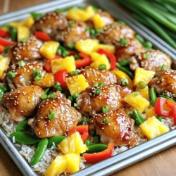 - 680 g Hähnchenoberschenkel, ohne Knochen und Haut - 1 mittelgroße Ananas, geschält, entkernt und gewürfelt - 1 rote Paprika, in Streifen geschnitten - 1 gelbe Paprika, in Streifen geschnitten - 150 g Zuckerschoten Ich liebe die Kombination aus Hähnchen und Ananas. Die Süße der Ananas passt perfekt zum herzhaften Hühnchen. Die Paprika bringt Farbe und Crunch. Zuckerschoten fügen eine frische Note hinzu. Diese Zutaten machen das Gericht nicht nur lecker, sondern auch bunt. - 200 g Jasminreis, gewaschen - 120 ml Teriyakisauce (gekauft oder selbstgemacht) - 30 ml Sesamöl - 30 ml Olivenöl - Salz und Pfeffer nach Geschmack - 4 Frühlingszwiebeln, gehackt - Geröstete Sesamsamen zum Garnieren Jasminreis ist mein Favorit für dieses Gericht. Er ist leicht und hat einen tollen Duft. Die Teriyakisauce bringt eine süßliche Note, die das Hühnchen perfekt umhüllt. Sesamöl und Olivenöl sorgen für einen feinen Geschmack. Frühlingszwiebeln und Sesamsamen bringen den letzten Schliff. Heize deinen Ofen auf 200°C vor. Das ist wichtig, damit das Hähnchen gleichmäßig gart. In einer großen Schüssel vermischst du die gewürfelten Hähnchenoberschenkel mit 60 ml Teriyakisauce, Sesamöl, Salz und Pfeffer. Lass das Hähnchen für etwa 15 Minuten marinieren. So nimmt es die Aromen gut auf. Nimm einen mittelgroßen Topf und bringe 500 ml Wasser zum Kochen. Füge dann den gewaschenen Jasminreis hinzu. Reduziere die Hitze und decke den Topf ab. Lass den Reis 15 Minuten köcheln. Am Ende sollte das Wasser komplett aufgesogen sein. Verwende eine Gabel, um den Reis aufzulockern. So wird er fluffig und locker. Jetzt kommt der spannende Teil! Nimm ein großes Backblech und verteile das marinierte Hähnchen gleichmäßig darauf. Lege die gewürfelte Ananas, die geschnittenen Paprika und die Zuckerschoten um das Hähnchen herum. Gieße die restliche Teriyakisauce über alles und vermische die Zutaten leicht. Stelle das Backblech in den Ofen und backe alles 25-30 Minuten. Das Hähnchen ist gar, wenn es eine Innentemperatur von 75°C erreicht hat. Das Gemüse sollte zart sein. Nach dem Backen kannst du das Gericht auf einer Bett aus Jasminreis anrichten. Garnier mit Frühlingszwiebeln und gerösteten Sesamsamen. Die Marinade macht das Hühnchen saftig und lecker. Ich empfehle, frische und hochwertige Zutaten zu nutzen. Verwende saftige Hähnchenoberschenkel ohne Haut. Das sorgt für einen tollen Geschmack. Mische die Teriyakisauce mit Sesamöl. Füge eine Prise Salz und Pfeffer hinzu. Lass das Hühnchen mindestens 15 Minuten marinieren. So ziehen die Aromen gut ein. Jasminreis ist ideal für dieses Gericht. Er hat einen feinen Duft und eine schöne Konsistenz. Koche den Reis in einem Topf mit 500 ml Wasser. Lass ihn 15 Minuten köcheln. Danach lockere den Reis mit einer Gabel auf. So bleibt er locker und fluffig. Achte darauf, dass das Wasser vollständig aufgesogen ist. So wird er perfekt. Die Auswahl der Gemüse ist wichtig für den Geschmack. Ich empfehle rote und gelbe Paprika. Sie bringen Farbe und Süße ins Gericht. Zuckerschoten geben einen knackigen Biss. Schneide das Gemüse in gleich große Stücke. So garen sie gleichmäßig. Arrangiere das Gemüse um das Hühnchen. So nehmen sie die Aromen der Marinade auf. {{image_4}} Wenn du kein Hähnchen magst, gibt es tolle Alternativen. Du kannst Tofu verwenden. Tofu nimmt die Aromen gut auf. Auch Tempeh ist eine gute Wahl. Es hat mehr Protein und einen nussigen Geschmack. Für Fischliebhaber ist Lachs eine gute Option. Er wird saftig und lecker im Ofen. So hast du viele Möglichkeiten, das Gericht anzupassen. Das Gemüse kannst du ganz nach deinem Geschmack wählen. Brokkoli passt gut zu Teriyaki. Auch Karotten bringen Farbe und Süße. Wenn du es schärfer magst, füge Chili hinzu. Zucchini oder Auberginen sind ebenfalls großartige Optionen. Experimentiere mit verschiedenen Gemüsesorten für neue Geschmäcker. So bleibt dein Gericht immer spannend und frisch. Die Teriyakisauce ist der Schlüssel zu diesem Gericht. Du kannst sie selbst machen oder kaufen. Selbstgemachte Sauce hat oft frische Aromen. Nutze Sojasauce, Honig und Ingwer für die eigene Variante. Wenn du wenig Zeit hast, ist eine gekaufte Sauce praktisch. Achte auf die Zutatenliste, um die beste Qualität zu finden. Egal welche du wählst, die Sauce macht dein Gericht besonders lecker. Bewahre die Reste des Teriyaki-Hühnchens mit Ananas im Kühlschrank auf. Nutze einen luftdichten Behälter. So bleibt das Gericht frisch und lecker. Du kannst die Reste bis zu drei Tage lang aufbewahren. Für längere Lagerung kannst du das Gericht auch einfrieren. Stelle sicher, dass du es in einem gefriergeeigneten Behälter aufbewahrst. So bleibt die Qualität erhalten. Um das Gericht wieder warm zu machen, nutze den Ofen oder die Mikrowelle. Wenn du den Ofen verwendest, heize ihn auf 180°C vor. Lege die Reste auf ein Backblech und backe sie etwa 15 Minuten lang. In der Mikrowelle kannst du die Portionen in einem sicheren Behälter für zwei bis drei Minuten erhitzen. Rühre zwischendurch um, damit alles gleichmäßig warm wird. Achte auf die Frische der Zutaten. Hähnchen sollte immer gut gekühlt sein. Verwende frisches Gemüse wie Paprika und Zuckerschoten. Ananas sollte reif und saftig sein. Wenn du die Zutaten frisch hältst, bleibt das Gericht länger lecker. Überprüfe auch das Haltbarkeitsdatum der Teriyakisauce. So stellst du sicher, dass du immer die beste Qualität verwendest. Die Zubereitungszeit für Teriyaki-Hühnchen beträgt insgesamt 55 Minuten. - Vorbereitungszeit: 15 Minuten - Kochzeit: 25-30 Minuten Zuerst marinieren wir das Hähnchen. Dann kochen wir den Reis. Schließlich backen wir alles zusammen. Diese Schritte machen das Kochen einfach und schnell. Ja, du kannst das Rezept im Voraus zubereiten. - Marinieren: Mariniere das Hähnchen bis zu 24 Stunden im Voraus. - Reis: Du kannst den Reis auch im Voraus kochen und im Kühlschrank aufbewahren. Das spart Zeit an deinem Kochtag. Wenn du alles vorbereitest, bleibt mehr Zeit zum Genießen. Zu Teriyaki-Hühnchen passen viele leckere Beilagen. - Salate: Ein frischer grüner Salat passt gut. - Gemüse: Dünste etwas Brokkoli oder Karotten als Beilage. - Suppe: Eine einfache Miso-Suppe ergänzt das Gericht perfekt. Diese Beilagen runden dein Essen ab und bringen Abwechslung auf den Tisch. Zusammenfassend haben wir wichtige Zutaten für Teriyaki-Hühnchen besprochen. Du benötigst Hähnchenoberschenkel, Gemüse und Jasminreis. Die Schritt-für-Schritt-Anleitung hilft dir beim perfekten Ergebnis. Achte auf frische Zutaten für die Marinade und die richtige Reiszubereitung. Variiere das Rezept nach deinem Geschmack und beachte die Lagerungshinweise für Reste. Teriyaki-Hühnchen ist einfach und lecker. Probiere die Tipps und genieße dein Gericht!