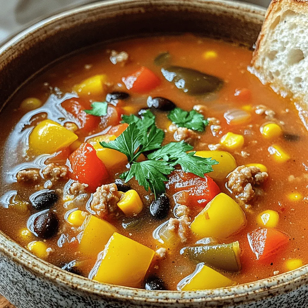 - 450 g gemahlenes Puten- oder Rindfleisch - 3 Paprika (rot, gelb und grün) - 1 Dose gewürfelte Tomaten Die Hauptzutaten machen den Kern dieser leckeren Suppe aus. Ich benutze gerne mageres Putenfleisch, weil es leicht ist. Aber Rindfleisch ist eine gute Wahl, wenn du es kräftiger magst. Die bunten Paprika bringen Farbe und Süße. Wähle frische, knackige Paprika für den besten Geschmack. Die gewürfelten Tomaten aus der Dose geben der Suppe eine schöne Basis und viel Saft. - 2 Teelöffel italienische Gewürzmischung - 1 Teelöffel geräuchertes Paprika-Pulver - Optional: Ungekochte Quinoa oder Reis Gewürze sind das Geheimnis, um die Aromen zu heben. Die italienische Mischung gibt der Suppe einen herzhaften Geschmack. Das geräucherte Paprika-Pulver fügt eine rauchige Note hinzu. Wenn du mehr Füllung willst, probiere Quinoa oder Reis. Diese machen die Suppe dicker und sättigender. So wird sie zu einer vollwertigen Mahlzeit. Zuerst erhitze eine große Pfanne auf mittlerer Hitze. Füge das gemahlene Puten- oder Rindfleisch hinzu. Brate es an, bis es braun wird. Achte darauf, das Fleisch gut zu zerbrechen. Sobald es gar ist, lasse überschüssiges Fett abtropfen. Gib das Fleisch in den Slow Cooker. Jetzt ist es Zeit für die Zwiebel und den Knoblauch. Würfle die Zwiebel und hacke den Knoblauch fein. Füge beides zum Fleisch im Slow Cooker hinzu. Rühre alles gut um, damit sich die Aromen verbinden. Jetzt kommt der spaßige Teil! Schneide die Paprika in kleine Stücke. Nimm die Dose mit gewürfelten Tomaten und öffne sie. Gib die Tomaten zusammen mit der Flüssigkeit in den Slow Cooker. Jetzt füge die gewürfelten Paprika, die schwarzen Bohnen und den Mais hinzu. Gieße die Brühe darüber. Rühre alles gut um. Dann kommt das Tomatenmark. Füge es auch hinzu, zusammen mit der italienischen Gewürzmischung und dem geräucherten Paprika-Pulver. Schmecke mit Salz und Pfeffer ab. Wenn du magst, kannst du auch Quinoa oder Reis hinzufügen. Jetzt ist es Zeit, den Slow Cooker zu starten. Du kannst die niedrige oder hohe Stufe wählen. Auf niedriger Stufe lass die Suppe 6-8 Stunden kochen. Auf hoher Stufe dauert es etwa 4 Stunden. Prüfe zwischendurch, ob die Paprika zart sind. Die Zeit kann je nach deinem Slow Cooker variieren. Wenn die Suppe fertig ist, probiere sie und passe die Gewürze nach deinem Geschmack an. Um die perfekte Konsistenz für deine gefüllte Paprikasuppe zu erreichen, ist die richtige Brühe wichtig. Verwende Gemüse- oder Hühnerbrühe für einen vollen Geschmack. Die gewürfelten Tomaten bringen zusätzlich Flüssigkeit. Wenn du mehr Herzhaftigkeit willst, füge Quinoa oder Reis hinzu. Sie nehmen Flüssigkeit auf und machen die Suppe sättigender. Du kannst die Aromen der Suppe während des Kochens anpassen. Füge mehr Gewürze nach deinem Geschmack hinzu. Ein guter Trick ist, die Suppe über Nacht einziehen zu lassen. So vermischen sich die Aromen besser und ergeben einen intensiveren Geschmack, wenn du sie aufwärmst. Die Garnierung kann deine Suppe aufpeppen. Verwende frische Petersilie oder Koriander, um Farbe und Frische hinzuzufügen. Ein bisschen geriebener Käse oder Avocado sorgt für eine cremige Note. Diese einfachen Ergänzungen machen deine Suppe nicht nur schöner, sondern auch schmackhafter. {{image_4}} Du kannst das Fleisch durch pflanzliche Alternativen ersetzen. Probiere zum Beispiel, Soja- oder Linsenfleisch zu verwenden. Das gibt der Suppe eine schöne Textur. Verwende Gemüsebrühe statt Hühnerbrühe, um die Aromen frisch und leicht zu halten. Diese Änderungen machen die Suppe vegan und gesund. Möchtest du etwas mehr Hitze? Füge Jalapeños oder Cayennepfeffer hinzu. Diese Zutaten geben der Suppe einen tollen Kick. Du kannst auch scharfe Sauce verwenden, um das Gericht nach deinem Geschmack anzupassen. Schärfe macht die Suppe spannend und lecker. Mach die Suppe noch bunter, indem du zusätzliche Gemüsesorten hinzufügst. Kürbis oder Karotten passen gut dazu und bringen Farbe. Eine Mischung aus verschiedenen Gemüsen macht die Suppe reichhaltiger und gesünder. Experimentiere hier und finde deine Lieblingskombination! Um die Suppe frisch zu halten, lagere sie in einem luftdichten Behälter. So bleibt der Geschmack lange erhalten. Du kannst die Suppe bis zu vier Tage im Kühlschrank aufbewahren. Wenn du sie wieder aufwärmst, mache das sanft auf niedriger Hitze. So bleibt die Konsistenz gut und die Aromen kommen zurück. Möchtest du die Suppe länger aufbewahren, kannst du sie einfrieren. Verwende dafür einen gefrierfesten Behälter. Lasse etwas Platz, da sich die Suppe beim Gefrieren ausdehnt. Zum Auftauen stelle sie einfach über Nacht in den Kühlschrank. Wenn du sie aufwärmst, füge etwas Brühe hinzu, um die Konsistenz zu verbessern. So wird die Suppe wieder schön cremig. Die Reste sind eine tolle Basis für neue Gerichte. Du kannst die Suppe als Füllung für Aufläufe nutzen. Auch ein Eintopf mit weiteren Zutaten ist eine gute Idee. Füge zum Beispiel mehr Gemüse oder Nudeln hinzu, um eine neue Mahlzeit zu schaffen. So vermeidest du Lebensmittelverschwendung und genießt gleichzeitig kreative Gerichte. Die Suppe hält sich im Kühlschrank bis zu fünf Tage. Lagere sie in einem luftdichten Behälter. Wenn du die Suppe einfrierst, bleibt sie bis zu drei Monate frisch. Achte darauf, die Suppe in portionsgerechten Behältern einzufrieren. So kannst du sie leicht auftauen. Ja, du kannst die Suppe im Voraus zubereiten. Koche sie und lasse sie abkühlen, bevor du sie lagerst. Du kannst sie auch direkt im Slow Cooker zubereiten und dann aufbewahren. Stelle sicher, dass du die Suppe nach dem Kochen schnell abkühlst. So bleibt sie frisch und lecker. Die gefüllte Paprikasuppe passt gut zu knusprigem Brot. Ein frischer Salat ist auch eine tolle Beilage. Du kannst die Suppe mit geriebenem Käse oder Avocado aufpeppen. Diese Beilagen ergänzen die Suppe perfekt und machen das Essen noch schmackhafter. Die gefüllte Paprikasuppe ist einfach und schmackhaft. Sie enthält gesunde Zutaten und Gewürze, die jede Mahlzeit aufwerten. Wir haben gelernt, wie man sie zubereitet, die perfekte Konsistenz erreicht und sie nach Belieben anpasst. Vergessen Sie nicht die Tipps zur Lagerung und Verwendung von Resten. Mit diesen Ideen können Sie die Suppe immer wieder genießen. Experimentieren Sie mit Variationen und machen Sie sie zu Ihrem eigenen Rezept. Kochen Sie gerne und entdecken Sie neue Geschmackskombinationen!