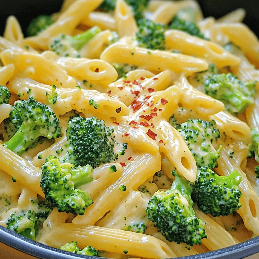 - 2 Tassen Pasta (Penne oder Fusilli) - 3 Tassen frische Brokkoliröschen - 1 Esslöffel Olivenöl - 2 Knoblauchzehen, fein gehackt - 4 Tassen Gemüsebrühe - 1 Tasse Schlagsahne - 1 Teelöffel Zwiebelpulver - 1 Teelöffel Knoblauchpulver - 2 Tassen geriebener, scharfer Cheddar-Käse - Salz, schwarzer Pfeffer, rote Pfefferflocken (optional) Ich liebe, wie einfach diese Zutaten sind. Du brauchst keine speziellen Dinge. Die Pasta gibt dir die Grundlage. Brokkoli bringt Frische und Farbe. Das Olivenöl und der Knoblauch sorgen für tollen Geschmack. Gemüsebrühe macht das Gericht saftig und vollmundig. Die Schlagsahne verwandelt alles in eine cremige Sauce. Zwiebel- und Knoblauchpulver fügen Tiefe hinzu. Der scharfe Cheddar-Käse ist das Herzstück. Ich empfehle, ihn frisch zu reiben. Das gibt den besten Geschmack. Du kannst auch die Gewürze nach deinem Geschmack ändern. Salz und Pfeffer sind wichtig. Rote Pfefferflocken sind für alle, die es scharf mögen. Mit diesen Zutaten kannst du eine leckere, cremige Pasta zaubern. - Erhitze 1 Esslöffel Olivenöl in einem großen Topf bei mittlerer Hitze. - Füge 2 fein gehackte Knoblauchzehen hinzu. Brate sie etwa 1 Minute lang an, bis sie duften, aber nicht bräunen. - Gib 2 Tassen Pasta und 3 Tassen frische Brokkoliröschen in den Topf. - Füge 4 Tassen Gemüsebrühe, 1 Teelöffel Zwiebelpulver, 1 Teelöffel Knoblauchpulver, sowie Salz und schwarzen Pfeffer hinzu. - Bring die Mischung zum Kochen. Reduziere die Hitze und lass sie köcheln. - Decke den Topf ab und koche die Mischung etwa 10-12 Minuten. Rühre gelegentlich um, bis die Pasta al dente und der Brokkoli zart ist. - Reduziere die Hitze auf niedrig, nachdem die Pasta fertig ist. - Rühre 1 Tasse Schlagsahne und 2 Tassen geriebenen, scharfen Cheddar-Käse ein. - Rühre, bis der Käse geschmolzen ist und die Sauce cremig wird. - Schmecke die Mischung mit mehr Salz, schwarzem Pfeffer oder roten Pfefferflocken ab, wenn du es schärfer magst. - Serviere die Pasta sofort. Garniere sie nach Belieben mit mehr Käse oder einer Prise roter Pfefferflocken für einen extra Kick! - Al dente Pasta: Koche die Pasta, bis sie gerade bissfest ist. Das bedeutet, dass sie noch etwas Widerstand beim Kauen hat. So bleibt die Pasta nicht matschig und hält die Sauce gut. - Ideale Cremigkeit: Achte darauf, die Schlagsahne und den Käse erst am Ende hinzuzufügen. Das sorgt für eine glatte und cremige Sauce, die perfekt um die Pasta haftet. - Überkochen der Pasta: Wenn du die Pasta zu lange kochst, wird sie weich. Stelle sicher, dass du die Kochzeit genau einhältst. Überprüfe die Pasta ein bis zwei Minuten vor der angegebenen Zeit. - Zu viel Flüssigkeit: Achte darauf, die Gemüsebrühe nicht zu überdosieren. Zu viel Flüssigkeit macht die Sauce dünn und weniger cremig. Halte dich an die Menge in der Rezeptur. - Käsevariationen: Du kannst den Cheddar-Käse durch andere Käsesorten ersetzen. Mozzarella, Gouda oder sogar Feta bringen neue Geschmäcker in das Gericht. - Vegane Alternativen: Wenn du eine vegane Option möchtest, wähle pflanzliche Sahne und veganen Käse. Das Gericht bleibt lecker und cremig, ohne tierische Produkte. {{image_4}} Du kannst die cremige Brokkoli Cheddar Pasta nach deinem Geschmack anpassen. Erbsen sind eine tolle Option. Sie fügen Farbe und Süße hinzu. Einfach die Erbsen am Ende der Kochzeit hinzufügen. Spinat ist ebenfalls eine gute Wahl. Er wird schnell weich und gibt der Pasta mehr Nährstoffe. Füge eine Handvoll frischen Spinat kurz vor dem Servieren hinzu. Wenn du etwas mehr Protein möchtest, kannst du Hähnchen oder Tofu verwenden. Koche das Hähnchen zuerst in dem Olivenöl, bevor du den Knoblauch hinzufügst. Tofu ist eine großartige vegane Option. Schneide ihn in kleine Stücke und brate ihn an, bevor du die anderen Zutaten hinzufügst. Schinken oder Speck sind ebenfalls leckere Ergänzungen. Sie bringen einen herzhaften Geschmack. Brate sie einfach zusammen mit dem Knoblauch an. Um dem Gericht mehr Geschmack zu verleihen, kannst du verschiedene Gewürze verwenden. Italienische Kräuter wie Oregano oder Basilikum passen gut. Gib sie mit den anderen Gewürzen in den Topf. Wenn du es schärfer magst, füge Chili-Flakes hinzu. Sie geben der Pasta einen tollen Kick. Streue sie nach Belieben über die fertige Pasta. Um die cremige Brokkoli-Cheddar-Pasta frisch zu halten, gebe sie in einen luftdichten Behälter. Kühle die Pasta im Kühlschrank. Sie bleibt dort bis zu drei Tage gut. Wenn du die Pasta nicht sofort essen möchtest, kannst du sie einfrieren. Fülle sie in einen gefrierfesten Behälter und lasse etwas Platz für die Ausdehnung. So hält sie sich bis zu drei Monate im Gefrierfach. Die maximale Aufbewahrungszeit im Kühlschrank beträgt drei Tage. Im Gefrierfach bleibt die Pasta bis zu drei Monate genießbar. Achte darauf, sie gut einzupacken, um Gefrierbrand zu vermeiden. Wenn du sie nach diesem Zeitraum verwendest, achte auf Geruch und Aussehen. Die beste Methode zum Aufwärmen ist, die Pasta in einem Topf bei niedriger Hitze zu erhitzen. Füge einen Spritzer Gemüsebrühe oder Sahne hinzu. So bleibt die Sauce schön cremig. Rühre die Pasta gut um, um gleichmäßige Wärme zu erreichen. Alternativ kannst du die Pasta auch in der Mikrowelle aufwärmen. Verwende dazu eine mikrowellengeeignete Schüssel und decke sie ab, um ein Austrocknen zu verhindern. Die Zubereitung der cremigen Brokkoli-Cheddar-Pasta dauert insgesamt etwa 20 Minuten. Die Vorbereitungszeit ist kurz, ungefähr 10 Minuten. In dieser Zeit kannst du die Zutaten schneiden und bereitstellen. Die Kochzeit beträgt etwa 10 bis 12 Minuten. Während dieser Zeit kocht die Pasta und der Brokkoli wird zart. Diese schnelle Zubereitung macht das Rezept ideal für geschäftige Tage. Ja, du kannst glutenfreie Pasta verwenden. Es gibt viele gute Alternativen wie Reisnudeln oder glutenfreie Fusilli. Achte darauf, die Kochzeit anzupassen. Glutenfreie Pasta kann unterschiedlich kochen als normale Pasta. Prüfe die Packungsanweisungen, um die besten Ergebnisse zu erzielen. So kannst du das Gericht genießen, auch wenn du glutenfrei lebst. Wenn du einen Käseersatz suchst, gibt es viele vegane Optionen. Veganer Käse aus Nüssen oder Soja kann gut funktionieren. Diese Käsearten schmelzen oft nicht so gut, aber sie geben einen tollen Geschmack. Du kannst auch Hefeflocken verwenden, um eine käsige Note zu erzielen. Experimentiere mit verschiedenen Marken, um deinen Favoriten zu finden. Diese Anleitung zeigt, wie man eine leckere Pasta mit Brokkoli zubereitet. Wir haben Zutaten, Kochschritte und Tipps behandelt. Ein kreatives Rezept braucht keine Angst vor Fehlern. Variiere die Zutaten, um deine eigenen Ideen zu nutzen. Denke daran, die Pasta nicht zu überkochen und die richtige Konsistenz zu erreichen. Mit den richtigen Tipps gelingt dir dieses Gericht immer. Viel Spaß beim Kochen und Genießen!