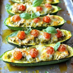 Für die Zubereitung der Pesto-Hähnchen gefüllten Zucchini-Boote benötigen Sie: - 4 mittelgroße Zucchini - 2 Tassen gekochtes Hähnchen, zerrupft - 1/2 Tasse Pesto (kauf- oder selbstgemacht) - 1 Tasse Kirschtomaten, halbiert - 1/2 Tasse Mozzarella-Käse, gerieben - 1/4 Tasse Parmesan-Käse, gerieben - 2 Esslöffel Olivenöl - 1 Teelöffel Knoblauchpulver - Salz und Pfeffer nach Geschmack - Frische Basilikumblätter zur Garnitur (optional) Diese Zutaten ergeben eine leckere und gesunde Mahlzeit. Die Kombination aus Hähnchen, Pesto und frischem Gemüse sorgt für viel Geschmack. Frische Zutaten sind der Schlüssel zu einem köstlichen Gericht. Sie bringen mehr Geschmack und Nährstoffe. Wenn Sie frisches Gemüse verwenden, bleibt der Geschmack lebendig. Frische Kräuter wie Basilikum fügen eine aromatische Note hinzu. Achten Sie auf die Qualität der Zucchini. Sie sollten fest und glänzend sein, ohne Druckstellen. Um die besten Zucchini auszuwählen, schauen Sie auf die Farbe. Eine tiefgrüne Farbe zeigt Frische. Wählen Sie Zucchini, die fest in der Hand liegen. Vermeiden Sie solche mit weichen Stellen oder Flecken. Kleinere Zucchini sind oft zarter und geschmackvoller. Wenn möglich, kaufen Sie lokale Zucchini. Diese sind oft frischer und geschmackvoller. Beginne mit der Zucchini. Nimm vier mittelgroße Zucchini und wasche sie gründlich. Halbiere jede Zucchini der Länge nach. Mit einem Löffel entfernst du das Innere, sodass 0,5 cm dicke Schalen bleiben. Diese Schalen sind die Boote. Lege die Zucchini-Boote in eine gefettete Auflaufform. So werden sie gleichmäßig garen und kleben nicht fest. Jetzt zur Füllung. In einer großen Schüssel mische zwei Tassen zerrupftes Hähnchen mit einer halben Tasse Pesto. Füge eine Tasse halbierte Kirschtomaten hinzu, sowie einen Teelöffel Knoblauchpulver. Dann kommt die Hälfte des geriebenen Mozzarella-Käses dazu. Würze alles mit Salz und Pfeffer. Mische die Zutaten gut durch, bis alles gleichmäßig verteilt ist. Diese Mischung gibt den Zucchini ein tolles Aroma. Heize den Ofen auf 190°C vor. Fülle jede Zucchini-Hälfte mit der Hähnchenmischung. Drücke sie leicht an, damit die Füllung gut sitzt. Beträufle die gefüllten Boote mit zwei Esslöffeln Olivenöl. Streue den restlichen Mozzarella-Käse und 1/4 Tasse geriebenen Parmesan oben drauf. Decke die Form mit Aluminiumfolie ab und backe die Zucchini-Boote 25 Minuten. Entferne die Folie und backe weitere 10 Minuten. So wird der Käse goldbraun und blubbernd. Lass die Boote nach dem Backen etwas abkühlen. Garnieren kannst du sie mit frischen Basilikumblättern für einen schönen Look. Um die beste Konsistenz der Füllung zu bekommen, mischen Sie das zerrupfte Hähnchen mit Pesto und anderen Zutaten. Achten Sie darauf, dass das Hähnchen nicht zu trocken ist. Der Pesto sorgt für Feuchtigkeit und Geschmack. Wenn die Füllung zu trocken ist, fügen Sie etwas mehr Pesto hinzu. Ein guter Mix macht die Füllung lecker und leicht zu füllen. Der Käse schmilzt am besten, wenn Sie ihn in zwei Schritten hinzufügen. Geben Sie die Hälfte des Mozzarella in die Füllung und den Rest oben drauf. So wird der Käse schön zart und goldbraun. Decken Sie die Zucchini-Boote zuerst mit Folie ab, um die Feuchtigkeit zu halten. Entfernen Sie die Folie für die letzten 10 Minuten des Backens. So wird der Käse knusprig und verführerisch. Präsentation ist wichtig! Servieren Sie die Zucchini-Boote auf einer großen Platte. Dekorieren Sie sie mit frischen Basilikumblättern. Das fügt Farbe und Frische hinzu. Sie können auch einige Kirschtomaten um die Zucchini-Boote legen. Das sieht schön aus und bringt zusätzlichen Geschmack. Denken Sie daran, die Zucchini-Boote etwas abkühlen zu lassen, bevor Sie sie servieren. So schmecken sie am besten! {{image_4}} Wenn du die Hähnchenfüllung variieren möchtest, gibt es viele Optionen. Du kannst Hackfleisch verwenden, wie Rind oder Pute. Diese Optionen geben den Zucchini-Boote einen anderen Geschmack. Eine andere Idee ist, Thunfisch zu nehmen. Einfach die gleiche Menge zerrupften Thunfisch verwenden. Füge etwas Mayonnaise oder griechischen Joghurt hinzu, um die Füllung cremig zu machen. Für eine würzige Note kannst du auch angebratenes Gemüse wie Paprika oder Zwiebeln hinzufügen. Für eine vegetarische Füllung sind die Möglichkeiten grenzenlos. Du kannst Quinoa oder Reis verwenden. Diese Zutaten machen die Zucchini-Boote nahrhaft und herzhaft. Eine Mischung aus schwarzen Bohnen und Mais funktioniert auch gut. Würze die Mischung mit Kreuzkümmel und Paprika für mehr Geschmack. Eine weitere köstliche Option ist, Spinat und Ricotta zu kombinieren. Diese Füllung ist cremig und voll von Aromen. Die Wahl des Käses kann den Zucchini-Boote viel Charakter verleihen. Statt Mozzarella kannst du auch Feta oder Gouda verwenden. Feta gibt einen salzigen und würzigen Geschmack. Gouda schmilzt gut und hat einen milden Geschmack. Für eine scharfe Note probiere Pepperjack-Käse. Der Käse schmilzt schön und gibt einen Kick. Experimentiere mit verschiedenen Käsesorten, um deine perfekte Kombination zu finden. Um die Pesto-Hähnchen gefüllten Zucchini-Boote frisch zu halten, bewahren Sie sie in einem luftdichten Behälter auf. Lassen Sie die Zucchini-Boote zuerst vollständig abkühlen. Legen Sie sie dann vorsichtig in den Behälter. Trennen Sie die Schichten mit etwas Frischhaltefolie, damit sie nicht aneinander kleben. Diese Methode hält die Zucchini-Boote für bis zu drei Tage frisch. Wenn es Zeit ist, die gefüllten Zucchini-Boote wieder aufzuwärmen, gibt es einige einfache Schritte. Heizen Sie Ihren Ofen auf 175°C (350°F) vor. Legen Sie die Zucchini-Boote in eine Auflaufform. Decken Sie die Form mit Aluminiumfolie ab. So bleiben die Zucchini feucht. Backen Sie sie für etwa 15-20 Minuten. Prüfen Sie, ob der Käse schön schmilzt. Dies gibt Ihnen ein warmes und leckeres Gericht. Im Kühlschrank halten sich die gefüllten Zucchini-Boote bis zu drei Tage. Wenn Sie sie länger aufbewahren möchten, können Sie sie einfrieren. Wickeln Sie jede Zucchini-Boote fest in Frischhaltefolie ein. Legen Sie die eingewickelten Boote in einen Gefrierbeutel. So bleiben sie bis zu drei Monate frisch. Wenn Sie bereit sind, sie zu essen, tauen Sie die Zucchini-Boote im Kühlschrank auf, bevor Sie sie aufwärmen. Ja, du kannst die Zucchini-Boote im Voraus zubereiten. Bereite die Füllung vor und fülle die Zucchini. Danach kannst du sie in den Kühlschrank stellen. So sparst du Zeit am Tag des Servierens. Backe sie einfach, wenn du bereit bist, sie zu genießen. Dies hilft, den Geschmack frisch zu halten und die Zucchini nicht matschig werden zu lassen. Eine Portion hat etwa 300 Kalorien. Die genaue Zahl kann je nach den verwendeten Zutaten leicht variieren. Wenn du weniger Käse verwendest oder eine leichtere Pesto-Option wählst, kannst du die Kalorien reduzieren. Es ist ein gutes Gericht, wenn du auf deine Ernährung achtest, aber trotzdem lecker essen möchtest. Ja, Pesto ist einfach selbst zu machen! Du brauchst frisches Basilikum, Olivenöl, Pinienkerne, Parmesan und Knoblauch. Mische alles in einem Mixer, bis es eine glatte Paste ist. Du kannst die Mengen nach deinem Geschmack anpassen. Selbstgemachtes Pesto hat einen frischeren Geschmack und ist oft gesünder als gekaufte Varianten. Die gefüllten Zucchini-Boote sind ein leckeres und gesundes Gericht. Wir haben die besten Zutaten sowie Tipps zur Auswahl frischer Produkte besprochen. Die Schritt-für-Schritt-Anleitung zeigt, wie man die Zucchini vorbereitet und die Füllung zubereitet. Es gibt auch Variationen für jede Vorliebe, von vegetarisch bis zu verschiedenen Käsesorten. Schließlich ist die richtige Lagerung wichtig, damit die Zucchini-Boote frisch bleiben. Probieren Sie diese Tipps aus und genießen Sie ein schmackhaftes Essen!