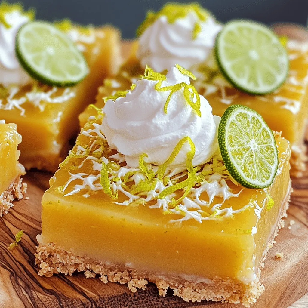 - 1 ½ Tassen Grahamcracker-Brösel - ½ Tasse ungesalzene Butter, geschmolzen - ¼ Tasse Zucker - 2 Dosen (je 14 oz) gesüßte Kondensmilch - ½ Tasse frisch gepresster Key-Limettensaft Die Hauptzutaten sind einfach zu finden. Grahamcracker-Brösel geben der Kruste einen tollen Crunch. Die ungesalzene Butter sorgt für eine feine, buttrige Note. Zucker bringt die richtige Süße in die Kruste. Gesüßte Kondensmilch macht die Füllung cremig und reichhaltig. Key-Limettensaft sorgt für den frischen, sauren Geschmack, den wir lieben. - 1 Esslöffel Limettenschale - 4 große Eigelb - Eine Prise Salz - Schlagsahne, zum Garnieren (optional) - Zusätzliche Limettenschale und Limettenscheiben, zum Dekorieren Zusätzliche Zutaten bringen noch mehr Geschmack. Limettenschale verstärkt das Aroma. Eigelb gibt der Füllung die perfekte Textur und Farbe. Eine Prise Salz hebt die Aromen hervor. Schlagsahne macht die Bars noch köstlicher. Limettenscheiben und -schale sorgen für eine schöne Dekoration. So wird jede Portion zum Blickfang! 1. Heize deinen Ofen auf 175°C vor. 2. Nimm eine große Schüssel. Vermenge 1 ½ Tassen Grahamcracker-Brösel, ½ Tasse geschmolzene ungesalzene Butter und ¼ Tasse Zucker. 3. Rühre alles gut zusammen, bis die Mischung krümelig ist. 4. Drücke die Mischung gleichmäßig in eine gefettete 20x20 cm Backform. 5. Backe die Kruste für 10 Minuten und lasse sie dann etwas abkühlen. 1. In einer separaten Schüssel, vermenge 2 Dosen gesüßte Kondensmilch, ½ Tasse frisch gepressten Key-Limettensaft, 1 Esslöffel Limettenschale, 4 große Eigelb und eine Prise Salz. 2. Rühre alles mit einem Schneebesen, bis die Mischung glatt ist. 1. Gieße die Füllung über die abgekühlte Kruste. 2. Glätte die Oberseite mit einem Spatel. 3. Backe die Bars für 15 bis 20 Minuten. Die Füllung sollte fest und leicht berührbar sein. 4. Lass die Form nach dem Backen bei Raumtemperatur für eine Stunde abkühlen. 5. Kühle die Bars mindestens 3 Stunden im Kühlschrank. 6. Schneide die Bars in Quadrate und garniere sie nach Wunsch mit Schlagsahne, Limettenschale und Limettenscheiben. Um vegane Key Lime Pie Bars zu machen, brauchen wir einige Anpassungen. Statt ungesalzener Butter verwenden Sie Kokosöl. Für die Füllung nehmen Sie gesüßte Kokosmilch. Diese gibt einen tollen, cremigen Geschmack. Ersetzen Sie die Eier durch einen Leinsamen-Ei-Ersatz. Mischen Sie dafür einen Esslöffel Leinsamenmehl mit drei Esslöffeln Wasser und lassen Sie es kurz stehen. So bleibt die Füllung schön fest. Für eine glutenfreie Variante ändern Sie die Kruste. Statt Grahamcracker nutzen Sie gemahlene Mandeln oder glutenfreie Kekse. Achten Sie darauf, dass alle anderen Zutaten glutenfrei sind. Die Füllung bleibt gleich, was diese Bars einfach lecker macht. Genießen Sie die frische Limette ohne Gluten! Möchten Sie etwas Neues ausprobieren? Fügen Sie frische Beeren hinzu! Himbeeren oder Erdbeeren passen gut. Sie bringen Frische und Farbe. Eine andere Idee ist, Kokosnuss zu integrieren. Fügen Sie geröstete Kokosnussflocken zur Füllung hinzu. Diese Varianten geben den Bars einen spannenden Twist. Experimentieren Sie und finden Sie Ihre Lieblingskombination! {{image_4}} Um die Key Lime Pie Bars im Kühlschrank aufzubewahren, lege sie einfach in einen luftdichten Behälter. Du kannst sie auch in Frischhaltefolie einwickeln. So bleiben sie frisch und lecker. Stelle sicher, dass die Bars vollständig abgekühlt sind, bevor du sie lagerst. Das hilft, Feuchtigkeit zu vermeiden. Die Riegel halten sich im Kühlschrank etwa eine Woche. Um die beste Qualität zu erhalten, genieße sie innerhalb von fünf Tagen. Wenn du sie länger aufbewahren möchtest, achte darauf, sie gut zu verpacken. So bleiben die Aromen frisch. Um die Riegel einzufrieren, schneide sie in Stücke. Lege sie auf ein Backblech, das mit Backpapier ausgelegt ist. So kleben sie nicht zusammen. Friere sie für etwa zwei Stunden ein, bis sie fest sind. Anschließend kannst du die Stücke in einem gefrierfesten Behälter oder einem Gefrierbeutel aufbewahren. Zum Auftauen lege die Riegel einfach in den Kühlschrank, bis sie weich sind. So bleiben sie lecker und frisch. Die Gesamtvorbereitungs- und Backzeit für Key Lime Pie Bars beträgt etwa vier Stunden. Die Vorbereitung dauert etwa 15 Minuten. Das Backen der Kruste und der Füllung nimmt insgesamt 25 bis 30 Minuten in Anspruch. Nach dem Backen lassen Sie die Bars eine Stunde bei Raumtemperatur abkühlen. Danach sollten sie mindestens drei Stunden im Kühlschrank kühlen. So erhalten Sie die perfekte Konsistenz. Ja, Sie können Limetten durch Zitronen ersetzen. Der Geschmack wird etwas anders sein, aber die Bars bleiben lecker. Zitronen geben eine frische und süß-säuerliche Note. Achten Sie darauf, die frischen Zitronen gut auszupressen. Verwenden Sie die gleiche Menge wie bei den Limetten für die Füllung. Ja, diese Bars sind im Kühlschrank bis zu fünf Tage haltbar. Lagern Sie die Bars in einem luftdichten Behälter. So bleibt die Frische erhalten und sie trocknen nicht aus. Achten Sie darauf, dass die Bars gut abgedeckt sind, um andere Gerüche im Kühlschrank zu vermeiden. Key Lime Pie Bars sind einfach und lecker. Wir haben die Hauptzutaten für die Bars und die perfekte Zubereitung besprochen. Du kannst die Kruste und Füllung nach deinem Geschmack anpassen. Es gibt auch viele Variationen wie vegane und glutenfreie Optionen. Denk daran, wie du die Bars lagerst, damit sie frisch bleiben. Probiere sie aus und teile deine Gedanken! Diese Bars bringen Freude auf jeden Tisch. Es lohnt sich, sie zuzubereiten.