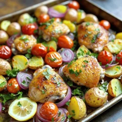 - 4 Hähnchenschenkel mit Haut - 500 g Babykartoffeln, halbiert - 1 rote Zwiebel, in Spalten geschnitten - 250 g Kirschtomaten, halbiert Die Hauptzutaten sind einfach zu finden. Hähnchenschenkel geben viel Geschmack. Die Babykartoffeln sind zart und lecker. Rote Zwiebeln fügen eine süße Note hinzu. Kirschtomaten bringen Frische und Farbe ins Gericht. - 3 Esslöffel Olivenöl - 1 Esslöffel getrockneter Oregano - 1 Teelöffel Knoblauchpulver - 1 Teelöffel Paprika - 1 Zitrone, abgerieben und ausgepresst - Salz und Pfeffer nach Geschmack Für die Marinade sind Olivenöl und Zitrone wichtig. Sie machen das Hähnchen saftig und zart. Oregano und Gewürze bringen den griechischen Geschmack. Diese Mischung sorgt für ein tolles Aroma. - Frische Petersilie, gehackt - Zitronenscheiben Die Garnierung macht das Gericht schön. Frische Petersilie sorgt für Farbe und Frische. Zitronenscheiben sind ein schöner Akzent und geben einen extra Zitrusgeschmack. Marinieren des Hähnchens Zuerst heizen Sie den Ofen auf 220°C vor. Dann nehmen Sie eine große Schüssel. Mischen Sie darin Olivenöl, Oregano, Knoblauchpulver, Paprika, Zitronenabrieb, Zitronensaft, Salz und Pfeffer. Diese Mischung wird Ihre Marinade. Jetzt fügen Sie die Hähnchenschenkel hinzu. Stellen Sie sicher, dass sie gut bedeckt sind. Lassen Sie die Hähnchen für mindestens 15 Minuten marinieren. So ziehen die Aromen ein. Vorbereiten der Kartoffeln und des Gemüses Während das Hähnchen mariniert, kümmern Sie sich um das Gemüse. Nehmen Sie eine separate Schüssel. Geben Sie die halbierten Babykartoffeln und die Zwiebelscheiben hinein. Fügen Sie einen Schuss Olivenöl, Salz und Pfeffer hinzu. Vermengen Sie alles gut, bis es gleichmäßig bedeckt ist. Anordnung der Zutaten auf dem Backblech Nehmen Sie ein großes Backblech und legen Sie es mit Backpapier aus. Platzieren Sie die marinierten Hähnchenschenkel darauf. Fügen Sie die gewürzten Kartoffeln und Zwiebeln rund um das Hähnchen hinzu. Streuen Sie die halbierten Kirschtomaten obenauf. Diese Anordnung sorgt für einen guten Geschmack. Backzeit und Temperatur Schieben Sie das Backblech in den vorgeheizten Ofen. Rösten Sie alles für 30 bis 35 Minuten. Achten Sie darauf, dass die Haut des Hähnchens knusprig wird. Die Innentemperatur sollte 75°C erreichen. Die Kartoffeln sind perfekt, wenn sie zart und goldbraun sind. Rustikales Servieren direkt vom Blech Für einen rustikalen Look servieren Sie das Gericht direkt vom Blech. Das gibt ein gemütliches Gefühl. Tipps für eine ansprechende Präsentation Übertragen Sie das Gericht auf ein großes Serviertablett. Garnieren Sie es mit frischer, gehackter Petersilie und zusätzlichen Zitronenscheiben. Diese Farben machen das Gericht einladend. - Die perfekte Marinierzeit: Lassen Sie das Hähnchen mindestens 15 Minuten marinieren. So ziehen die Aromen gut ein. Für mehr Geschmack können Sie auch bis zu 2 Stunden marinieren. - Variationen der Gewürze: Fühlen Sie sich frei, die Gewürze zu ändern. Fügen Sie etwas Thymian oder Rosmarin hinzu. Wenn Sie es schärfer mögen, probieren Sie Cayennepfeffer. - Überprüfung der Hähnchentemperatur: Nutzen Sie ein Fleischthermometer. Das Hähnchen sollte 75°C erreichen. So ist es sicher und saftig. - Tipps für knusprige Haut: Stellen Sie sicher, dass die Haut trocken ist, bevor Sie sie würzen. Nutzen Sie etwas mehr Olivenöl, um die Haut knusprig zu machen. - Welche Gemüsesorten sind geeignet? Neben den Kartoffeln sind Paprika und Zucchini auch lecker. Sie geben dem Gericht mehr Farbe und Geschmack. - Verwendung von Gefriergemüse: Gefriergemüse kann eine gute Option sein. Achten Sie darauf, es vorher aufzutauen, damit es gleichmäßig gart. {{image_4}} Für mehr Abwechslung können Sie Hähnchenbrust verwenden. Hähnchenbrust ist magerer und braucht weniger Zeit im Ofen. Stellen Sie sicher, dass Sie die Stücke gleichmäßig schneiden, damit sie gleichmäßig garen. Alternativ können Sie Lamm oder Fisch verwenden. Lamm bringt einen reichhaltigen Geschmack, der gut zu den Kräutern passt. Für Fisch nehmen Sie Lachs oder Dorade. Diese zarten Fische garen schnell und behalten ihren Geschmack. Wenn Sie eine vegetarische Variante möchten, probieren Sie Tofu oder Tempeh. Diese pflanzlichen Proteine nehmen die Marinade gut auf. Schneiden Sie sie in Würfel und marinieren Sie sie wie das Hähnchen. Eine weitere Option ist, mehr Gemüse zu verwenden. Zucchini, Paprika oder Auberginen sind großartige Ergänzungen. Sie bringen frische Aromen und Farben auf Ihr Blechgericht. Die Gewürze sind der Schlüssel zu diesem Gericht. Mediterrane Kräuter wie Thymian oder Rosmarin passen perfekt. Mischen Sie sie mit Oregano für ein intensives Aroma. Wenn Sie es schärfer mögen, fügen Sie etwas Cayennepfeffer hinzu. Ein Hauch von Paprika kann auch helfen, den Geschmack zu intensivieren. Experimentieren Sie mit verschiedenen Gewürzmischungen, um Ihr perfektes Gericht zu finden. Um die Reste von Sheet Pan Greek Chicken und Potatoes frisch zu halten, lege sie in einen luftdichten Behälter. Im Kühlschrank bleiben sie bis zu drei Tage gut. Stelle sicher, dass die Reste abgekühlt sind, bevor du sie verpackst. Für längere Lagerung kannst du die Reste einfrieren. Verwende dafür einen gefrierfesten Behälter oder Beutel. So bleiben sie bis zu drei Monate haltbar. Vergiss nicht, das Datum auf dem Behälter zu notieren, damit du den Überblick behältst. Die besten Methoden zum Aufwärmen sind der Ofen oder die Mikrowelle. Um im Ofen aufzuwärmen, heize ihn auf 180°C vor. Lege die Reste auf ein Backblech und decke sie mit Folie ab. So bleiben sie saftig. Erwärme sie etwa 15 bis 20 Minuten, bis sie heiß sind. In der Mikrowelle kannst du die Reste in einem mikrowellengeeigneten Behälter aufwärmen. Erwärme sie in kurzen Intervallen von ein bis zwei Minuten. Überprüfe zwischendurch die Temperatur, um sicherzustellen, dass alles gleichmäßig heiß ist. Die Reste sind im Kühlschrank drei Tage haltbar, solange sie gut verpackt sind. Achte auf Anzeichen von Verderb, wie einen schlechten Geruch oder eine ungewöhnliche Farbe. Wenn du sie eingefroren hast, kannst du sie bis zu drei Monate aufbewahren. Nach dem Auftauen solltest du die Reste innerhalb von einem Tag verbrauchen. Achte darauf, dass das Hähnchen nicht trocken oder hart wird. Wenn du Zweifel hast, ist es besser, die Reste nicht zu essen. Die optimale Marinierzeit für das Hähnchen beträgt mindestens 15 Minuten. Ich empfehle, es länger zu marinieren, wenn Sie Zeit haben. Eine Stunde oder sogar über Nacht gibt mehr Geschmack. Die Marinade zieht tief in das Fleisch ein und macht es zart. Ja, Sie können das Rezept im Voraus zubereiten. Marinieren Sie das Hähnchen am Vorabend. Lagern Sie es abgedeckt im Kühlschrank. Bereiten Sie die Kartoffeln und das Gemüse ebenfalls vor, aber mischen Sie sie erst kurz vor dem Backen. So bleibt alles frisch und lecker. Zu diesem Gericht passen viele Beilagen. Ich empfehle einen frischen griechischen Salat. Auch ein Joghurtdip ist eine gute Wahl. Dazu passt einfaches Brot oder Fladenbrot. Diese Beilagen runden die Mahlzeit ab und bringen mehr Aromen. Ja, Sie können das Rezept leicht anpassen. Verdoppeln Sie einfach alle Zutaten für mehr Portionen. Achten Sie darauf, dass genügend Platz auf dem Blech ist. Wenn Sie weniger machen möchten, halbieren Sie alles. Die Garzeit bleibt gleich, also behalten Sie das im Auge. Zusammengefasst zeigt dieses Rezept, wie Sie ein schmackhaftes Gericht mit Hähnchenschenkeln, Babykartoffeln und Gemüse zubereiten. Sie lernen die besten Marinierungsrezepte und Garzeiten kennen. Mit den Tipps zur richtigen Lagerung bleiben Reste frisch. Experimentieren Sie mit Variationen und passen Sie die Gewürze an. So bleibt das Gericht spannend und lecker. Probieren Sie es aus und entdecken Sie Ihre eigene Lieblingsversion!