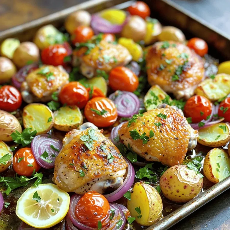 - 4 Hähnchenschenkel mit Haut - 500 g Babykartoffeln, halbiert - 1 rote Zwiebel, in Spalten geschnitten - 250 g Kirschtomaten, halbiert Die Hauptzutaten sind einfach zu finden. Hähnchenschenkel geben viel Geschmack. Die Babykartoffeln sind zart und lecker. Rote Zwiebeln fügen eine süße Note hinzu. Kirschtomaten bringen Frische und Farbe ins Gericht. - 3 Esslöffel Olivenöl - 1 Esslöffel getrockneter Oregano - 1 Teelöffel Knoblauchpulver - 1 Teelöffel Paprika - 1 Zitrone, abgerieben und ausgepresst - Salz und Pfeffer nach Geschmack Für die Marinade sind Olivenöl und Zitrone wichtig. Sie machen das Hähnchen saftig und zart. Oregano und Gewürze bringen den griechischen Geschmack. Diese Mischung sorgt für ein tolles Aroma. - Frische Petersilie, gehackt - Zitronenscheiben Die Garnierung macht das Gericht schön. Frische Petersilie sorgt für Farbe und Frische. Zitronenscheiben sind ein schöner Akzent und geben einen extra Zitrusgeschmack. Marinieren des Hähnchens Zuerst heizen Sie den Ofen auf 220°C vor. Dann nehmen Sie eine große Schüssel. Mischen Sie darin Olivenöl, Oregano, Knoblauchpulver, Paprika, Zitronenabrieb, Zitronensaft, Salz und Pfeffer. Diese Mischung wird Ihre Marinade. Jetzt fügen Sie die Hähnchenschenkel hinzu. Stellen Sie sicher, dass sie gut bedeckt sind. Lassen Sie die Hähnchen für mindestens 15 Minuten marinieren. So ziehen die Aromen ein. Vorbereiten der Kartoffeln und des Gemüses Während das Hähnchen mariniert, kümmern Sie sich um das Gemüse. Nehmen Sie eine separate Schüssel. Geben Sie die halbierten Babykartoffeln und die Zwiebelscheiben hinein. Fügen Sie einen Schuss Olivenöl, Salz und Pfeffer hinzu. Vermengen Sie alles gut, bis es gleichmäßig bedeckt ist. Anordnung der Zutaten auf dem Backblech Nehmen Sie ein großes Backblech und legen Sie es mit Backpapier aus. Platzieren Sie die marinierten Hähnchenschenkel darauf. Fügen Sie die gewürzten Kartoffeln und Zwiebeln rund um das Hähnchen hinzu. Streuen Sie die halbierten Kirschtomaten obenauf. Diese Anordnung sorgt für einen guten Geschmack. Backzeit und Temperatur Schieben Sie das Backblech in den vorgeheizten Ofen. Rösten Sie alles für 30 bis 35 Minuten. Achten Sie darauf, dass die Haut des Hähnchens knusprig wird. Die Innentemperatur sollte 75°C erreichen. Die Kartoffeln sind perfekt, wenn sie zart und goldbraun sind. Rustikales Servieren direkt vom Blech Für einen rustikalen Look servieren Sie das Gericht direkt vom Blech. Das gibt ein gemütliches Gefühl. Tipps für eine ansprechende Präsentation Übertragen Sie das Gericht auf ein großes Serviertablett. Garnieren Sie es mit frischer, gehackter Petersilie und zusätzlichen Zitronenscheiben. Diese Farben machen das Gericht einladend. - Die perfekte Marinierzeit: Lassen Sie das Hähnchen mindestens 15 Minuten marinieren. So ziehen die Aromen gut ein. Für mehr Geschmack können Sie auch bis zu 2 Stunden marinieren. - Variationen der Gewürze: Fühlen Sie sich frei, die Gewürze zu ändern. Fügen Sie etwas Thymian oder Rosmarin hinzu. Wenn Sie es schärfer mögen, probieren Sie Cayennepfeffer. - Überprüfung der Hähnchentemperatur: Nutzen Sie ein Fleischthermometer. Das Hähnchen sollte 75°C erreichen. So ist es sicher und saftig. - Tipps für knusprige Haut: Stellen Sie sicher, dass die Haut trocken ist, bevor Sie sie würzen. Nutzen Sie etwas mehr Olivenöl, um die Haut knusprig zu machen. - Welche Gemüsesorten sind geeignet? Neben den Kartoffeln sind Paprika und Zucchini auch lecker. Sie geben dem Gericht mehr Farbe und Geschmack. - Verwendung von Gefriergemüse: Gefriergemüse kann eine gute Option sein. Achten Sie darauf, es vorher aufzutauen, damit es gleichmäßig gart. {{image_4}} Für mehr Abwechslung können Sie Hähnchenbrust verwenden. Hähnchenbrust ist magerer und braucht weniger Zeit im Ofen. Stellen Sie sicher, dass Sie die Stücke gleichmäßig schneiden, damit sie gleichmäßig garen. Alternativ können Sie Lamm oder Fisch verwenden. Lamm bringt einen reichhaltigen Geschmack, der gut zu den Kräutern passt. Für Fisch nehmen Sie Lachs oder Dorade. Diese zarten Fische garen schnell und behalten ihren Geschmack. Wenn Sie eine vegetarische Variante möchten, probieren Sie Tofu oder Tempeh. Diese pflanzlichen Proteine nehmen die Marinade gut auf. Schneiden Sie sie in Würfel und marinieren Sie sie wie das Hähnchen. Eine weitere Option ist, mehr Gemüse zu verwenden. Zucchini, Paprika oder Auberginen sind großartige Ergänzungen. Sie bringen frische Aromen und Farben auf Ihr Blechgericht. Die Gewürze sind der Schlüssel zu diesem Gericht. Mediterrane Kräuter wie Thymian oder Rosmarin passen perfekt. Mischen Sie sie mit Oregano für ein intensives Aroma. Wenn Sie es schärfer mögen, fügen Sie etwas Cayennepfeffer hinzu. Ein Hauch von Paprika kann auch helfen, den Geschmack zu intensivieren. Experimentieren Sie mit verschiedenen Gewürzmischungen, um Ihr perfektes Gericht zu finden. Um die Reste von Sheet Pan Greek Chicken und Potatoes frisch zu halten, lege sie in einen luftdichten Behälter. Im Kühlschrank bleiben sie bis zu drei Tage gut. Stelle sicher, dass die Reste abgekühlt sind, bevor du sie verpackst. Für längere Lagerung kannst du die Reste einfrieren. Verwende dafür einen gefrierfesten Behälter oder Beutel. So bleiben sie bis zu drei Monate haltbar. Vergiss nicht, das Datum auf dem Behälter zu notieren, damit du den Überblick behältst. Die besten Methoden zum Aufwärmen sind der Ofen oder die Mikrowelle. Um im Ofen aufzuwärmen, heize ihn auf 180°C vor. Lege die Reste auf ein Backblech und decke sie mit Folie ab. So bleiben sie saftig. Erwärme sie etwa 15 bis 20 Minuten, bis sie heiß sind. In der Mikrowelle kannst du die Reste in einem mikrowellengeeigneten Behälter aufwärmen. Erwärme sie in kurzen Intervallen von ein bis zwei Minuten. Überprüfe zwischendurch die Temperatur, um sicherzustellen, dass alles gleichmäßig heiß ist. Die Reste sind im Kühlschrank drei Tage haltbar, solange sie gut verpackt sind. Achte auf Anzeichen von Verderb, wie einen schlechten Geruch oder eine ungewöhnliche Farbe. Wenn du sie eingefroren hast, kannst du sie bis zu drei Monate aufbewahren. Nach dem Auftauen solltest du die Reste innerhalb von einem Tag verbrauchen. Achte darauf, dass das Hähnchen nicht trocken oder hart wird. Wenn du Zweifel hast, ist es besser, die Reste nicht zu essen. Die optimale Marinierzeit für das Hähnchen beträgt mindestens 15 Minuten. Ich empfehle, es länger zu marinieren, wenn Sie Zeit haben. Eine Stunde oder sogar über Nacht gibt mehr Geschmack. Die Marinade zieht tief in das Fleisch ein und macht es zart. Ja, Sie können das Rezept im Voraus zubereiten. Marinieren Sie das Hähnchen am Vorabend. Lagern Sie es abgedeckt im Kühlschrank. Bereiten Sie die Kartoffeln und das Gemüse ebenfalls vor, aber mischen Sie sie erst kurz vor dem Backen. So bleibt alles frisch und lecker. Zu diesem Gericht passen viele Beilagen. Ich empfehle einen frischen griechischen Salat. Auch ein Joghurtdip ist eine gute Wahl. Dazu passt einfaches Brot oder Fladenbrot. Diese Beilagen runden die Mahlzeit ab und bringen mehr Aromen. Ja, Sie können das Rezept leicht anpassen. Verdoppeln Sie einfach alle Zutaten für mehr Portionen. Achten Sie darauf, dass genügend Platz auf dem Blech ist. Wenn Sie weniger machen möchten, halbieren Sie alles. Die Garzeit bleibt gleich, also behalten Sie das im Auge. Zusammengefasst zeigt dieses Rezept, wie Sie ein schmackhaftes Gericht mit Hähnchenschenkeln, Babykartoffeln und Gemüse zubereiten. Sie lernen die besten Marinierungsrezepte und Garzeiten kennen. Mit den Tipps zur richtigen Lagerung bleiben Reste frisch. Experimentieren Sie mit Variationen und passen Sie die Gewürze an. So bleibt das Gericht spannend und lecker. Probieren Sie es aus und entdecken Sie Ihre eigene Lieblingsversion!