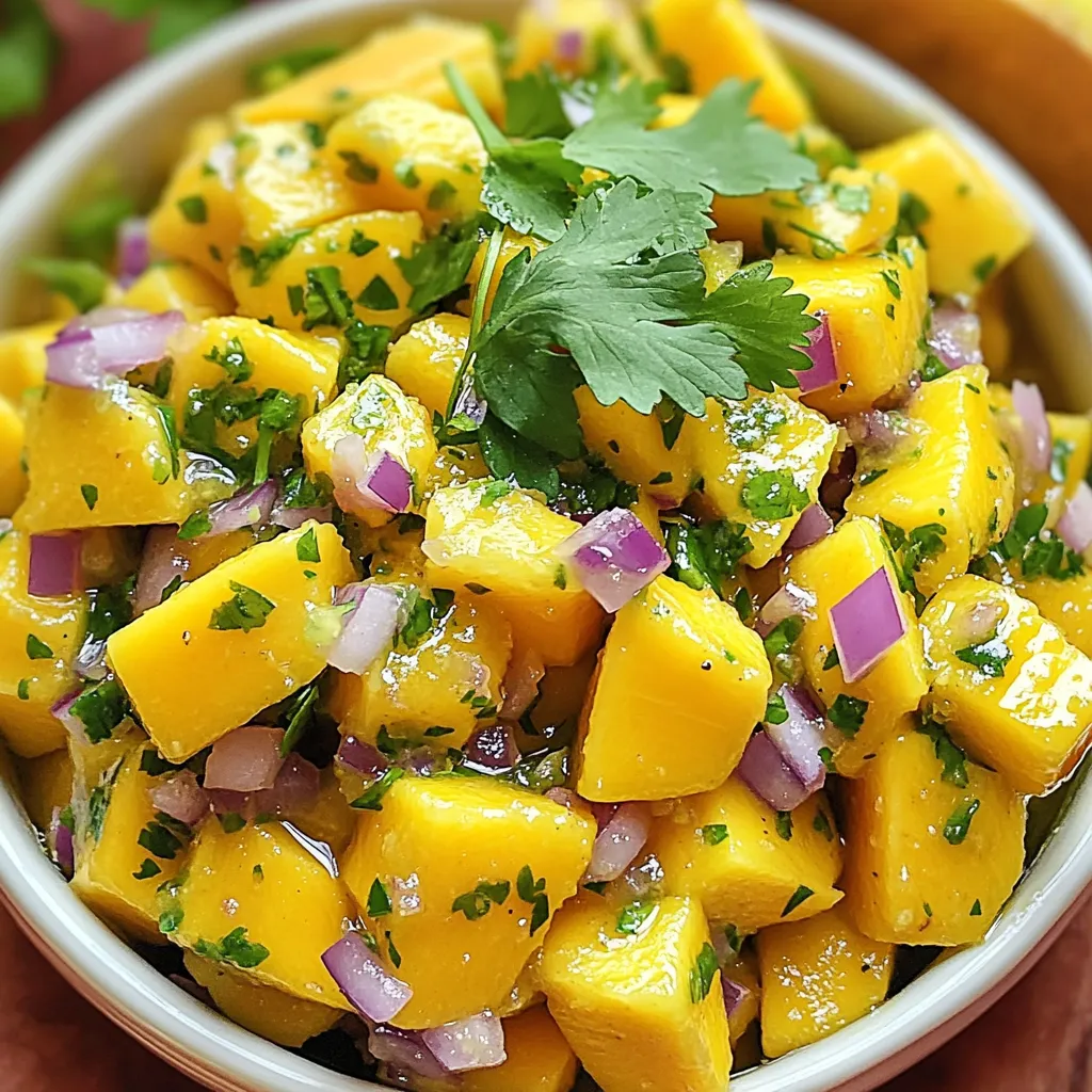 Für die Mango Habanero Salsa benötigst du: - 2 reife Mangos, in kleine Würfel geschnitten - 1 kleine rote Zwiebel, fein gehackt - 1-2 Habanero-Paprika, entkernt und fein gehackt (nach Geschmack anpassen) - 1/4 Tasse frischer Koriander, grob gehackt - 2 Esslöffel Limettensaft - Salz nach Geschmack - 1 Esslöffel Olivenöl - 1 Jalapeño, fein gehackt (optional für zusätzliche Schärfe) Wähle reife Mangos, die leicht an der Oberfläche drücken. Sie sollten süß und duftend sein. Die Zwiebel sollte fest und glänzend aussehen. Habaneros müssen frisch und knackig sein. Achte darauf, dass sie keine braunen Stellen haben. Frischer Koriander sollte grün und lebendig sein. Vermeide welke Blätter. Limetten sollten schwer für ihre Größe sein. Dies zeigt, dass sie saftig sind. Wenn du keine reifen Mangos findest, kannst du Pfirsiche oder Ananas verwenden. Sie geben einen ähnlichen süßen Geschmack. Für die Zwiebel kannst du Schalotten nutzen, wenn sie verfügbar sind. Wenn Habaneros zu scharf sind, probiere milde Paprika oder Poblano-Paprika. Diese sind sanfter im Geschmack. Verwende frische Kräuter wie Petersilie, wenn du keinen Koriander magst. Zuerst schnappen wir uns zwei reife Mangos. Diese sollten weich sein, aber nicht überreif. Ich schneide die Mangos in kleine Würfel. Die Würfel sollten gleichmäßig sein, damit sie gut in die Salsa passen. Ich gebe die Mangowürfel in eine mittelgroße Schüssel. Der süße Geschmack der Mangos ist der Hauptstar in dieser Salsa. Jetzt kommt der spannende Teil: die Habanero-Paprika. Ich nehme 1-2 Habaneros, je nach Wunsch nach Schärfe. Seien Sie vorsichtig! Ich empfehle, Handschuhe zu tragen, wenn Sie die Paprika entkernen. Ich hacke sie dann fein und füge sie zur Schüssel mit den Mangos. Wenn Sie es ein wenig milder mögen, nutzen Sie weniger Paprika. Ich füge nun die fein gehackte rote Zwiebel hinzu. Dann kommen 1/4 Tasse frischer Koriander und 2 Esslöffel Limettensaft dazu. Ich gieße 1 Esslöffel Olivenöl darüber. Jetzt ist es Zeit, alles vorsichtig zu mischen. Ich achte darauf, die Mangowürfel nicht zu zerdrücken. Zum Schluss würze ich mit Salz nach Geschmack und mische erneut. Die Salsa sollte mindestens 15-20 Minuten ruhen, damit sich die Aromen verbinden. Um die Schärfe anzupassen, beginne mit einer Habanero. Hacke sie fein und füge sie der Salsa hinzu. Wenn du mehr Schärfe magst, füge mehr hinzu. Verwende auch Jalapeño für einen zusätzlichen Kick. Achte darauf, die Schärfe beim Probieren zu überprüfen. Du kannst auch die Habanero durch mildere Paprika ersetzen, wenn du es sanfter magst. Um die perfekte Textur zu erhalten, schneide die Mangos in kleine, gleichmäßige Würfel. Rühre die Salsa vorsichtig um, wenn du die Zutaten kombinierst. So bleiben die Mangostücke ganz und sorgen für einen schönen Biss. Lass die Salsa mindestens 15 Minuten ruhen, damit sich die Aromen gut verbinden, ohne die Textur zu verändern. Frische Kräuter wie Koriander geben der Salsa einen tollen Geschmack. Hacke den Koriander grob, bevor du ihn hinzufügst. Du kannst auch andere Kräuter ausprobieren, wie Minze oder Basilikum, um neue Geschmäcker zu entdecken. Frische Kräuter machen die Salsa lebendig und erfrischend. {{image_4}} Wenn Sie die Schärfe anpassen möchten, probieren Sie verschiedene Chilis aus. Verwenden Sie kleinere Chilis wie Serrano oder Anaheim. Diese sind milder, aber bringen trotzdem Geschmack. Sie können auch Chipotle verwenden für einen rauchigen Twist. Experimentieren Sie mit der Menge. So finden Sie Ihre perfekte Balance. Um die Salsa aufregender zu machen, fügen Sie tropische Zutaten hinzu. Ananas oder Papaya passen gut zu Mango. Diese Früchte bringen eine süße Note. Auch Avocado macht die Mischung cremiger. Fügen Sie Limette hinzu, um die Aromen zu heben. Das macht die Salsa frisch und lebendig. Diese Salsa ist von Natur aus vegan und glutenfrei. Achten Sie darauf, dass alle Zutaten frisch und ohne Zusatzstoffe sind. Verwenden Sie gutes Olivenöl und frische Kräuter. So bleibt alles gesund und lecker. Genießen Sie die Salsa mit Tortilla-Chips oder auf einem Salat. Bewahre die Mango Habanero Salsa in einem luftdichten Behälter auf. Das schützt die Frische. Lege die Salsa in den Kühlschrank. So bleibt sie länger gut. Im Kühlschrank hält die Salsa etwa 3 bis 5 Tage. Achte darauf, die Salsa gut abzudecken. Das verhindert, dass sie Gerüche anderer Lebensmittel aufnimmt. Du kannst die Salsa auch einfrieren. Fülle sie in einen gefrierfesten Behälter. Lass etwas Platz, da Flüssigkeit beim Gefrieren ausdehnt. So bleibt die Salsa bis zu 3 Monate frisch. Die Mango-Habanero-Salsa hält sich im Kühlschrank etwa 3 bis 5 Tage. Bewahren Sie sie in einem luftdichten Behälter auf. Die Aromen werden mit der Zeit stärker, was einige mögen. Wenn die Salsa jedoch zu wässrig wird, verwenden Sie sie lieber schnell. Ja, Sie können milde Paprika verwenden. Paprika gibt der Salsa eine süßere Note. Wenn Sie keine Schärfe mögen, ersetzen Sie die Habaneros durch rote oder gelbe Paprika. Diese bringen Farbe und Geschmack, ohne die Hitze. Diese Salsa passt toll zu Tortilla-Chips. Sie können sie auch zu gegrilltem Hähnchen oder Fisch servieren. Ein frischer Salat ist auch eine gute Wahl. Wenn Sie tacos machen, geben Sie etwas Salsa dazu. Sie wird jedes Gericht lebendiger machen. Diese Anleitung hat dir gezeigt, wie du eine leckere Mango-Habanero-Salsa zubereitest. Wir haben frische Zutaten ausgewählt, die Zubereitung Schritt für Schritt erklärt und Tipps gegeben, um die Schärfe und Textur anzupassen. Variationen und Lagerungshinweise helfen dir, das Beste aus deiner Salsa herauszuholen. Denke daran, dass du viele Optionen zur Verfügung hast, um deinen Geschmack zu treffen. Probiere es aus und genieße die frischen Aromen!