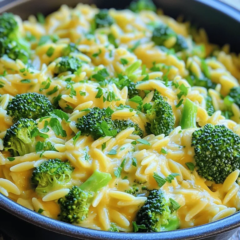Um One-Pot Broccoli Cheddar Orzo zuzubereiten, brauchst du folgende Zutaten: - 1 Tasse ungekochte Orzo-Pasta - 2 Tassen Brokkoliröschen - 4 Tassen Gemüsebrühe - 1 Tasse scharfer Cheddar-Käse, gerieben - 1 Tasse Milch (oder eine milchfreie Alternative) - 1 Esslöffel Olivenöl - 1 mittelgroße Zwiebel, gewürfelt - 2 Knoblauchzehen, fein gehackt - 1 Teelöffel Dijon-Senf - Salz und Pfeffer nach Geschmack - Frische Petersilie, gehackt (zum Garnieren) Die Zutaten sind einfach zu finden. Wenn du keinen scharfen Cheddar-Käse magst, kannst du milden nutzen. Alternativ ist Gouda eine gute Wahl. Für die Gemüsebrühe, achte darauf, eine gute Qualität zu wählen. Das macht einen großen Unterschied im Geschmack. Frischer Brokkoli sorgt für den besten Geschmack. Wähle feste, grüne Röschen ohne gelbe Stellen. Für die Zwiebel, gehe nach Größe und Frische. Eine feste Zwiebel hat mehr Geschmack. Bei der Orzo-Pasta achte darauf, dass sie nicht zerbrochen ist. Frische Petersilie bringt Farbe und einen guten Geschmack. Sie ist oft in der Gemüseabteilung erhältlich und macht das Gericht lebendiger. Für dieses Rezept brauchst du folgende Zutaten: - 1 Tasse ungekochte Orzo-Pasta - 2 Tassen Brokkoliröschen - 4 Tassen Gemüsebrühe - 1 Tasse scharfer Cheddar-Käse, gerieben - 1 Tasse Milch (oder eine milchfreie Alternative) - 1 Esslöffel Olivenöl - 1 mittelgroße Zwiebel, gewürfelt - 2 Knoblauchzehen, fein gehackt - 1 Teelöffel Dijon-Senf - Salz und Pfeffer nach Geschmack - Frische Petersilie, gehackt (zum Garnieren) Stelle sicher, dass du alles abgemessen und bereit hast. Dies macht den Kochprozess einfacher und schneller. 1. Erhitze zuerst das Olivenöl in einem großen Topf bei mittlerer Hitze. 2. Gib die gewürfelte Zwiebel hinein und brate sie etwa 3-4 Minuten lang, bis sie glasig ist. 3. Füge dann den gehackten Knoblauch hinzu und brate ihn für 30 Sekunden. 4. Jetzt kommt die ungekochte Orzo-Pasta in den Topf. Rühre sie etwa 1 Minute lang um, um sie leicht zu toasten. 5. Gieße die Gemüsebrühe dazu und bringe die Mischung zum Kochen. 6. Wenn es kocht, reduziere die Hitze. Füge die Brokkoliröschen hinzu und decke den Topf ab. Lass alles etwa 8-10 Minuten köcheln. Rühre gelegentlich um. 7. Die Orzo sollte zart sein und die Flüssigkeit fast aufgesogen haben. 8. Jetzt rührst du die Milch, den geriebenen Cheddar-Käse und den Dijon-Senf ein. 9. Rühre gut um, bis der Käse schmilzt und die Mischung cremig wird. 10. Würze nach Geschmack mit Salz und Pfeffer. 11. Nimm den Topf vom Herd und lass ihn zugedeckt für weitere 2-3 Minuten ruhen. 12. Serviere das Gericht warm und garniere es mit frischer, gehackter Petersilie. - Achte darauf, die Zwiebel nicht zu dunkel zu braten. Sie sollte nur glasig sein. - Rühre während des Kochens regelmäßig, damit die Pasta nicht am Boden kleben bleibt. - Du kannst die Menge des Cheddar-Käses anpassen, je nachdem, wie käsig du es magst. - Wenn die Konsistenz zu dick ist, füge einfach etwas mehr Milch oder Brühe hinzu. - Garnieren mit Petersilie sorgt für mehr Frische und Farbe. Wenn du One-Pot Broccoli Cheddar Orzo machst, gibt es einige Fehler, die du vermeiden solltest. Achte darauf, die Orzo-Pasta nicht zu lange zu kochen. Das macht sie matschig. Rühre die Mischung regelmäßig um. So klebt die Pasta nicht am Topfboden. Ein weiterer häufiger Fehler ist, die Brühe nicht rechtzeitig hinzuzufügen. Wenn die Pasta zu trocken ist, kann sie nicht richtig garen. Halte auch die Hitze im Auge. Zu hohe Hitze kann die Mischung anbrennen. Die Konsistenz des Gerichts ist wichtig für den Genuss. Wenn du eine cremigere Textur möchtest, füge mehr Milch hinzu. Du kannst auch etwas mehr Käse verwenden, um den Geschmack zu intensivieren. Wenn das Gericht zu dick ist, kannst du einfach etwas Gemüsebrühe oder Milch hinzufügen. Rühre gut um und lasse es kurz aufkochen. Das hilft, die gewünschte Cremigkeit zu erreichen. Hast du Reste? Nutze sie kreativ! Du kannst den Orzo in einem Auflauf verwenden. Füge etwas Gemüse oder Hühnchen hinzu und backe es im Ofen. Oder verwende die Reste in einem Wrap. Wickele sie in Tortillas mit frischem Gemüse und etwas Salsa. Das ist eine leckere und einfache Möglichkeit, Reste zu genießen. {{image_4}} Für eine vegetarische Version kannst du die Milch durch eine pflanzliche Alternative ersetzen. Mandel- oder Hafermilch passen gut. Du kannst auch den Cheddar-Käse durch veganen Käse austauschen. Achte darauf, dass die Brühe auch vegan ist. So bleibt dein Gericht lecker und pflanzenbasiert. Um mehr Geschmack zu bekommen, füge zusätzliche Zutaten hinzu. Erbsen oder Spinat bringen eine schöne Farbe und Nährstoffe. Geröstete Pinienkerne oder Sonnenblumenkerne geben einen nussigen Crunch. Du kannst auch etwas frischen Zitronensaft für mehr Frische hinzufügen. Nutze saisonale Gemüse, um das Rezept anzupassen. Im Frühling sind Spargel oder Erbsen toll. Im Herbst kannst du Kürbiswürfel oder Süßkartoffeln probieren. Diese Variationen geben dem Gericht neue Geschmäcker und machen es spannend. Um One-Pot Broccoli Cheddar Orzo frisch zu halten, bewahre es in einem luftdichten Behälter auf. Lass das Gericht zuerst auf Raumtemperatur abkühlen. Danach kannst du es in den Kühlschrank stellen. So bleibt der Geschmack und die Konsistenz besser erhalten. Um Reste aufzuwärmen, gibt es einige einfache Methoden. Du kannst die Reste in einem Topf bei mittlerer Hitze erwärmen. Füge etwas Milch oder Gemüsebrühe hinzu, um die Mischung cremig zu halten. Alternativ kannst du die Reste in der Mikrowelle aufwärmen. Stelle sicher, dass du sie abdeckst, damit sie nicht austrocknen. Im Kühlschrank bleibt One-Pot Broccoli Cheddar Orzo bis zu 3 Tage frisch. Wenn du das Gericht länger aufbewahren möchtest, friere es ein. In einem geeigneten Gefrierbehälter hält es bis zu 3 Monate. Achte darauf, das Gericht gut abzudecken, um Frostschäden zu vermeiden. Die Zubereitung von One-Pot Broccoli Cheddar Orzo dauert insgesamt etwa 25 Minuten. Die Vorbereitungszeit beträgt etwa 10 Minuten. Während dieser Zeit schneidest du die Zwiebel, den Knoblauch und den Brokkoli. Das Kochen selbst dauert dann etwa 15 Minuten. In dieser Zeit wird die Orzo-Pasta zart und saugt die leckere Brühe auf. Es ist eine schnelle und einfache Mahlzeit. Ja, du kannst die Orzo-Pasta durch eine andere Pasta ersetzen. Du kannst kleine Pastaformen wie Fusilli oder Mini-Penne verwenden. Beachte jedoch, dass die Kochzeit variieren kann. Achte darauf, die Pasta nach den Anweisungen auf der Verpackung zu kochen. So bleibt das Gericht lecker und cremig. Dieses Gericht ist nicht glutenfrei, da die Orzo-Pasta aus Weizen besteht. Wenn du eine glutenfreie Option möchtest, kannst du glutenfreie Orzo-Pasta verwenden. Es gibt viele Marken, die eine köstliche glutenfreie Pasta anbieten. Achte darauf, die Gemüsebrühe ebenfalls glutenfrei zu wählen. So kannst du das Gericht genießen, ohne auf den Geschmack zu verzichten. Wir haben die wichtigsten Aspekte für die Zubereitung eines One-Pot Broccoli Cheddar Orzo besprochen. Du hast die Zutaten erinnert, die eine gute Wahl erfordern. Die Schritt-für-Schritt-Anleitung sorgt für ein einfaches Kochen. Tipps helfen dir, häufige Fehler zu vermeiden. Du kannst Variationen ausprobieren, um das Gericht an deinen Geschmack anzupassen. Schließlich sind die Lagerinformationen wichtig, um Reste frisch zu halten. Nutze dieses Wissen, um köstliche Mahlzeiten zu zaubern und genieße jede Biss.
