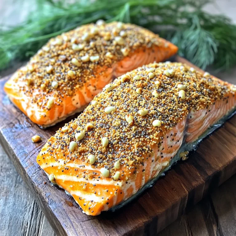 - 2 Lachsfilets - 2 Esslöffel Frischkäse, weich - 1 Esslöffel Dijon-Senf - 3 Esslöffel Everything Bagel Gewürz - 1 Esslöffel Olivenöl - 1 Teelöffel Knoblauchpulver - 1 Teelöffel Zwiebelpulver - Salz und Pfeffer nach Geschmack - Frischer Dill zur Garnitur (optional) Die Zutaten sind einfach zu finden. Lachsfilets sind frisch und zart. Frischkäse verleiht eine cremige Basis. Dijon-Senf fügt einen scharfen Kick hinzu. Everything Bagel Gewürz bringt einen tollen Geschmack. Olivenöl sorgt für einen schönen Glanz. Knoblauchpulver und Zwiebelpulver runden das Aroma ab. Salz und Pfeffer sind wichtig für den Geschmack. Frischer Dill ist eine schöne Garnitur. Er bringt Farbe und Frische. Diese Zutaten machen das Gericht besonders und lecker. Du wirst bestimmt begeistert sein! Zuerst mischen wir die Zutaten für die Marinade. Nehmen Sie eine kleine Schüssel. Geben Sie 2 Esslöffel weichen Frischkäse, 1 Esslöffel Dijon-Senf und 1 Esslöffel Olivenöl hinein. Fügen Sie dann 1 Teelöffel Knoblauchpulver, 1 Teelöffel Zwiebelpulver, Salz und Pfeffer nach Geschmack hinzu. Rühren Sie alles gut um, bis die Mischung glatt und gleichmäßig ist. Jetzt bereiten wir die Lachsfilets vor. Nehmen Sie die Marinade und verteilen Sie sie gleichmäßig auf der Oberseite der Lachsfilets. Stellen Sie sicher, dass die Filets gut bedeckt sind. So wird der Lachs saftig und voller Geschmack. Nun kommt das Beste: das Everything Bagel Gewürz. Streuen Sie 3 Esslöffel des Gewürzes großzügig über die bestrichenen Lachsfilets. Drücken Sie es leicht an, damit es gut haftet. Dieses Gewürz gibt dem Lachs einen tollen Crunch und einen schönen Geschmack. Bevor wir den Lachs garen, müssen wir den Air Fryer vorbereiten. Heizen Sie den Air Fryer auf 190°C (375°F) vor. Lassen Sie ihn etwa 5 Minuten lang laufen, damit er die richtige Temperatur erreicht. Jetzt kommt der aufregende Teil: Den Lachs garen. Legen Sie die Lachsfilets mit der Hautseite nach unten in den Korb des Air Fryers. Garen Sie sie 8 bis 10 Minuten. Die genaue Zeit hängt von der Dicke der Filets ab. Der Lachs sollte durchgegart sein und sich leicht mit einer Gabel zerteilen lassen. Nehmen Sie den Lachs nach dem Garen aus dem Air Fryer. Lassen Sie ihn für eine Minute ruhen. Garnieren Sie den Lachs nach Belieben mit frischem Dill. Servieren Sie ihn sofort. Genießen Sie Ihr köstliches Abendessen! Um den perfekten Lachs zu erhalten, ist die Garzeit wichtig. Der Lachs braucht 8-10 Minuten im Air Fryer. Die Dicke der Filets spielt eine große Rolle. Dickere Filets brauchen mehr Zeit. Überprüfe den Lachs nach 8 Minuten. Er sollte sich leicht mit einer Gabel zerteilen lassen. Ein saftiger Lachs hat eine innere Temperatur von 63°C. Ein häufiger Fehler ist, den Lachs nicht gleichmäßig zu bestreichen. Das führt zu ungleichmäßiger Würze. Achte darauf, die Frischkäsemischung gut zu verteilen. Ein weiterer Fehler ist die falsche Temperatur. Wenn dein Air Fryer nicht vorgeheizt ist, wird der Lachs nicht knusprig. Vermeide auch, die Lachsfilets zu überlappen. So gart jeder Bissen gleichmäßig. Serviere den Lachs auf einem schönen Teller. Ein frischer Dillzweig ist eine tolle Garnitur. Er sorgt für Farbe und Geschmack. Beilagen wie gedämpftes Gemüse oder ein frischer Salat passen gut dazu. Auch ein Stück geröstetes Brot ist eine gute Wahl. So wird dein Abendessen hübsch und lecker. {{image_4}} Wenn Sie keinen Lachs mögen, probieren Sie andere Fische. Forelle ist eine tolle Wahl. Sie hat einen milden Geschmack und eine zarte Textur. Auch Kabeljau passt gut zu den Gewürzen. Er ist fest und leicht zu bearbeiten. Achten Sie darauf, die Garzeit anzupassen. Dünnere Filets brauchen weniger Zeit im Air Fryer. Das Everything Bagel Gewürz ist köstlich, aber nicht die einzige Option. Experimentieren Sie mit italienischen Kräutern wie Oregano und Basilikum. Diese geben dem Fisch ein anderes Aroma. Sie können auch Paprika und Kreuzkümmel verwenden, um eine würzige Note hinzuzufügen. Denken Sie daran, die Gewürze nach Ihrem Geschmack anzupassen. So finden Sie die perfekte Mischung. Für eine fleischlose Option nutzen Sie Tofu oder Aubergine. Tofu hat eine tolle Konsistenz und nimmt Aromen gut auf. Marinieren Sie den Tofu wie den Lachs. Schneiden Sie die Aubergine in dicke Scheiben und würzen Sie sie gut. Beide Optionen sind gesund und lecker. Sie bieten eine großartige Alternative zu Fischgerichten. Bewahren Sie übrig gebliebenen Lachs in einem luftdichten Behälter auf. Legen Sie ihn in den Kühlschrank. So bleibt er frisch. Sie können den Lachs auch mit Frischhaltefolie abdecken. Achten Sie darauf, dass die Folie gut sitzt. Dadurch bleibt der Geschmack erhalten. Um den Lachs im Air Fryer aufzuwärmen, stellen Sie die Temperatur auf 160°C (320°F). Legen Sie die Lachsfilets in den Korb, ohne sie zu überlappen. Erwärmen Sie sie für etwa 4-5 Minuten. Überprüfen Sie den Lachs regelmäßig, um sicherzustellen, dass er nicht austrocknet. So bleibt er saftig und zart. Der Lachs hält sich im Kühlschrank etwa 2-3 Tage. Achten Sie darauf, ihn gut zu lagern. Wenn er unangenehm riecht oder sich die Farbe ändert, entsorgen Sie ihn. So stellen Sie sicher, dass Sie immer frischen Lachs genießen. Die Garzeit für Lachs hängt von der Dicke der Filets ab. Ein dickes Filet braucht länger als ein dünnes. Hier sind die Zeiten: - Dünne Filets (ca. 2,5 cm dick): 8 Minuten. - Mitteldicke Filets (ca. 3,5 cm dick): 9 Minuten. - Dicke Filets (ca. 5 cm dick): 10 Minuten. Überprüfen Sie den Lachs nach der Garzeit. Er sollte durchgegart sein und sich leicht mit einer Gabel zerteilen lassen. Ja, dieses Rezept ist flexibel. Hier sind einige Anpassungen: - Frischkäse: Sie können Frischkäse durch griechischen Joghurt ersetzen für weniger Fett. - Gewürze: Fügen Sie mehr Knoblauchpulver oder Paprika hinzu für zusätzlichen Geschmack. - Dill: Frischer Dill ist optional, aber er verleiht einen frischen Geschmack. Fühlen Sie sich frei, kreativ zu sein! Das Everything Bagel Gewürz bringt viel Geschmack. Es enthält Sesam, Mohn und Zwiebel. Diese Zutaten machen den Lachs besonders lecker. Wenn Sie kein Everything Bagel Gewürz haben, können Sie eigene Gewürze verwenden. Kombinieren Sie zum Beispiel Sesam mit Knoblauch und Zwiebel. So erhalten Sie einen ähnlichen Geschmack. Der Lachs im Air Fryer ist einfach und lecker. Wir haben die Hauptzutaten, die Zubereitung und tolle Tipps besprochen. Du lernst auch Variationen und Lagerungshinweise kennen. Hochwertige Zutaten und die richtige Technik sorgen für den perfekten Lachs. Nutze die Hinweise, um selbst Fehler zu vermeiden. Probiere verschiedene Gewürze aus und finde deinen Lieblingsgeschmack. Mit diesen Tipps wird dein Lachs jedes Mal ein Hit!