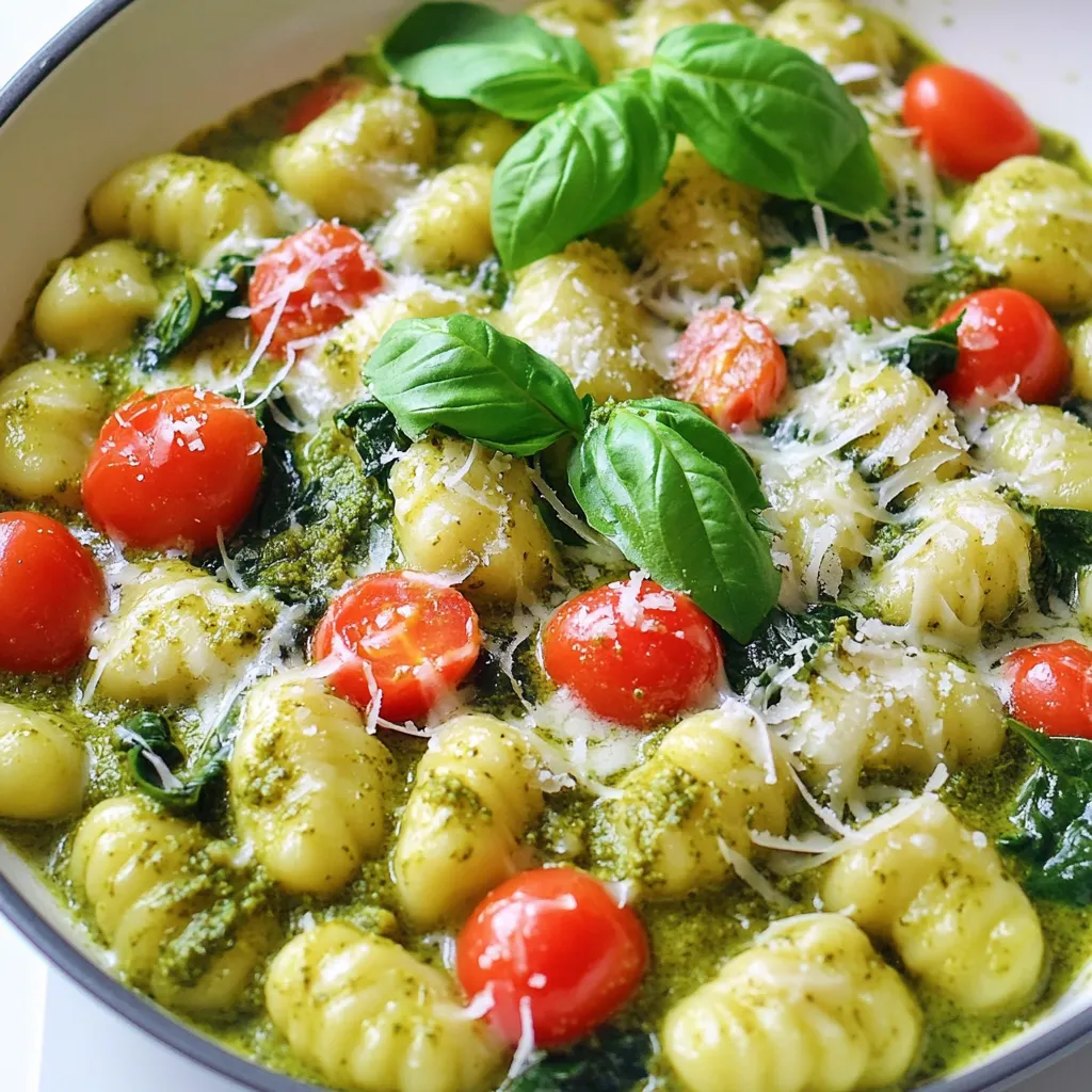 Für dieses einfache Rezept benötigst du folgende Zutaten: - 450 g gekaufte Gnocchi - 240 ml Schlagsahne - 240 ml Basilikumpesto - 150 g Kirschtomaten, halbiert - 150 g frische Spinatblätter - 50 g geriebener Parmesan - 2 Esslöffel Olivenöl - 2 Knoblauchzehen, fein gehackt - Salz und Pfeffer nach Geschmack - Frische Basilikumblätter zur Garnitur Die Wahl der richtigen Zutaten macht einen großen Unterschied. Hier sind meine Tipps: - Gnocchi: Wähle frische Gnocchi, wenn möglich. Sie sind weicher und haben mehr Geschmack. - Basilikumpesto: Achte auf frisches Pesto in der Kühlabteilung. Es hat mehr Aroma. - Kirschtomaten: Wähle feste, glänzende Tomaten. Sie sind süßer und saftiger. - Spinat: Suche nach hellgrünen Blättern ohne Flecken. So bleibt der Spinat frisch. - Parmesan: Nutze frisch geriebenen Parmesan für den besten Geschmack. Du kannst das Rezept leicht anpassen. Hier sind einige Ideen: - Gnocchi: Verwende Süßkartoffelgnocchi für einen anderen Geschmack. - Pesto: Mache dein Pesto selbst mit Nüssen oder anderen Kräutern. - Gemüse: Füge Zucchini oder Paprika für mehr Farbe und Nährstoffe hinzu. - Käse: Nutze Feta oder Mozzarella für eine andere Käsevariante. - Sahne: Ersetze die Schlagsahne durch eine pflanzliche Milch für eine leichtere Option. Diese Zutaten bieten dir Flexibilität und helfen dir, das Gericht nach deinem Geschmack zu gestalten. Zuerst bringst du ausreichend gesalzenes Wasser in einem großen Topf zum Sieden. Das Wasser sollte sprudeln, bevor du die Gnocchi hineingibst. Die Gnocchi sind schnell fertig. Sie brauchen meist nur 2-3 Minuten. Sie sind bereit, wenn sie an die Oberfläche schwimmen. Lass die Gnocchi gut abtropfen, bevor du mit der Sauce beginnst. Das ist wichtig, damit die Sauce gut haftet. In einer großen Pfanne erhitzt du das Olivenöl bei mittlerer Hitze. Füge die fein gehackten Knoblauchzehen hinzu und brate sie etwa 1 Minute lang an. Der Knoblauch sollte aromatisch sein, aber nicht bräunen. Als Nächstes gibst du die halbierten Kirschtomaten in die Pfanne. Koche diese für 2-3 Minuten, bis sie weich werden. Dann ist es Zeit, die Schlagsahne hinzuzufügen. Lass die Hitze niedrig, während du die Sahne in die Pfanne gießt. Jetzt kommt das Basilikumpesto dazu. Rühre alles gut um, bis die Gnocchi gleichmäßig mit der Sauce bedeckt sind. Jetzt ist es Zeit für das Gemüse! Gib die frischen Spinatblätter in die Pfanne. Lasse alles weitere 2 Minuten köcheln, bis der Spinat verwelkt. Rühre den geriebenen Parmesan ein. Würze mit Salz und Pfeffer nach Geschmack. Lass das Gericht noch 1-2 Minuten köcheln, bis es schön durchgeheizt ist. Nimm die Pfanne vom Herd und garniere dein Gericht mit frischen Basilikumblättern. Serviere die Gnocchi in tiefen Tellern. So sieht das Gericht besonders schön aus! Die perfekte Kochzeit für Gnocchi ist wichtig. Koche sie, bis sie an die Oberfläche schwimmen. Normalerweise dauert dies etwa 2-3 Minuten. Achte darauf, sie nicht zu lange zu kochen, sonst werden sie matschig. Frische Gnocchi sind schneller fertig als getrocknete. Um dein Pesto noch besser zu machen, kannst du einige Zutaten hinzufügen. Walnüsse oder Pinienkerne geben einen schönen crunch. Ein Spritzer Zitronensaft sorgt für Frische. Wenn du es schärfer magst, füge eine Prise Chili hinzu. Vergiss nicht, die Kräuter gut zu mixen, damit der Geschmack gut verteilt ist. Die Präsentation macht viel aus. Serviere die Gnocchi in tiefen Tellern. So kommt die cremige Sauce besser zur Geltung. Du kannst frische Basilikumblätter darauf legen. Ein zusätzlicher Spritzer Pesto macht das Gericht noch ansprechender. Ein wenig geriebener Parmesan obendrauf sieht auch toll aus. {{image_4}} Für eine vegetarische Variante kannst du die Schlagsahne durch pflanzliche Sahne ersetzen. Kokosnusscreme oder Sojasahne sind gute Optionen. Diese Alternativen bieten eine ähnliche Cremigkeit. Wenn du eine vegane Version möchtest, achte darauf, auch veganes Pesto zu verwenden. Viele Marken bieten mittlerweile köstliche vegane Pestos an, die ohne Käse auskommen. Du kannst das Gericht leicht anpassen, indem du mehr Gemüse hinzufügst. Zucchini, Paprika oder Brokkoli passen gut. Brate das Gemüse einfach zusammen mit dem Knoblauch an. Du erhältst mehr Farbe und Nährstoffe in dein Gericht. Experimentiere mit saisonalem Gemüse. Das macht dein Essen frisch und spannend. Parmesan ist klassisch, aber du kannst ihn durch andere Käsesorten ersetzen. Pecorino Romano oder Grana Padano geben einen ähnlichen Geschmack. Für eine milde Note eignet sich Mozzarella gut. Wenn du keinen Käse magst, lasse ihn einfach weg. Die Gnocchi bleiben trotzdem lecker und cremig. Um die Reste deiner cremigen Pesto Gnocchi richtig aufzubewahren, lass sie zuerst abkühlen. Danach füllst du sie in einen luftdichten Behälter. Stelle sicher, dass der Behälter gut verschlossen ist, um Luft und Feuchtigkeit fernzuhalten. So bleiben die Aromen frisch. Du kannst die Reste bis zu drei Tage im Kühlschrank aufbewahren. Wenn du die Gnocchi wieder aufwärmen möchtest, mache das am besten in einer Pfanne. Füge etwas Wasser oder Brühe hinzu, um die Sauce wieder cremig zu machen. Erhitze alles bei mittlerer Hitze, bis es durch ist. Alternativ kannst du die Reste auch in der Mikrowelle aufwärmen. Stelle sicher, dass du sie in einem mikrowellengeeigneten Behälter aufbewahrst. Decke den Behälter ab, damit die Feuchtigkeit nicht entweicht. Die Haltbarkeit der Gnocchi beträgt, wie gesagt, etwa drei Tage im Kühlschrank. Wenn du die Gnocchi länger aufbewahren möchtest, friere sie ein. Stelle sicher, dass du sie in einem gefrierfesten Behälter oder Beutel aufbewahrst. So bleiben sie bis zu drei Monate frisch. Wenn du die Gnocchi auftauen möchtest, lasse sie einfach über Nacht im Kühlschrank oder erwärme sie direkt in der Pfanne. Die Zubereitung der Gnocchi in der Pfanne dauert insgesamt etwa 10 Minuten. Zuerst erhitzt du das Olivenöl mit dem Knoblauch. Dann kommen die Kirschtomaten hinzu. Währenddessen kochst du die Gnocchi in einem separaten Topf. Sobald sie fertig sind, gibst du sie in die Pfanne. Die restlichen Zutaten fügst du dann hinzu und lässt alles zusammen köcheln. So bekommst du ein schnelles und leckeres Gericht! Ja, du kannst frisches Pesto ganz einfach selbst machen! Du brauchst frisches Basilikum, Pinienkerne, Parmesan, Olivenöl und Knoblauch. Mix alles in einem Mixer und passe die Menge an Öl nach deinem Geschmack an. Wenn du es lieber etwas cremiger magst, füge mehr Parmesan oder etwas Sahne hinzu. Selbstgemachtes Pesto schmeckt frisch und intensiv. Es ist eine tolle Ergänzung zu deinen Gnocchi! Um das Gericht schärfer zu machen, kannst du rote Pfefferflocken hinzufügen. Streue sie einfach in die Pfanne, während du die Gnocchi mit der Sauce vermischst. Du kannst auch frische Chilis oder scharfen Senf verwenden. Wenn du mehr Schärfe magst, füge mehr hinzu, aber fang klein an. So kannst du den Geschmack gut kontrollieren. Scharfe Zutaten passen gut zu Pesto und machen das Gericht aufregender! Um die perfekte Gnocchi mit Pesto zuzubereiten, kenne ich die besten Zutaten und Tipps. In diesem Artikel habe ich die nötigen Schritte und Tricks geteilt. Denke daran, immer frische Zutaten zu wählen und kreativ bei den Variationen zu sein. Die Tipps zur Präsentation machen dein Gericht ansprechend. Am Ende sind Lagerung und Wiedererwärmung wichtig, um Reste optimal zu nutzen. Viel Spaß beim Kochen und Experimentieren!