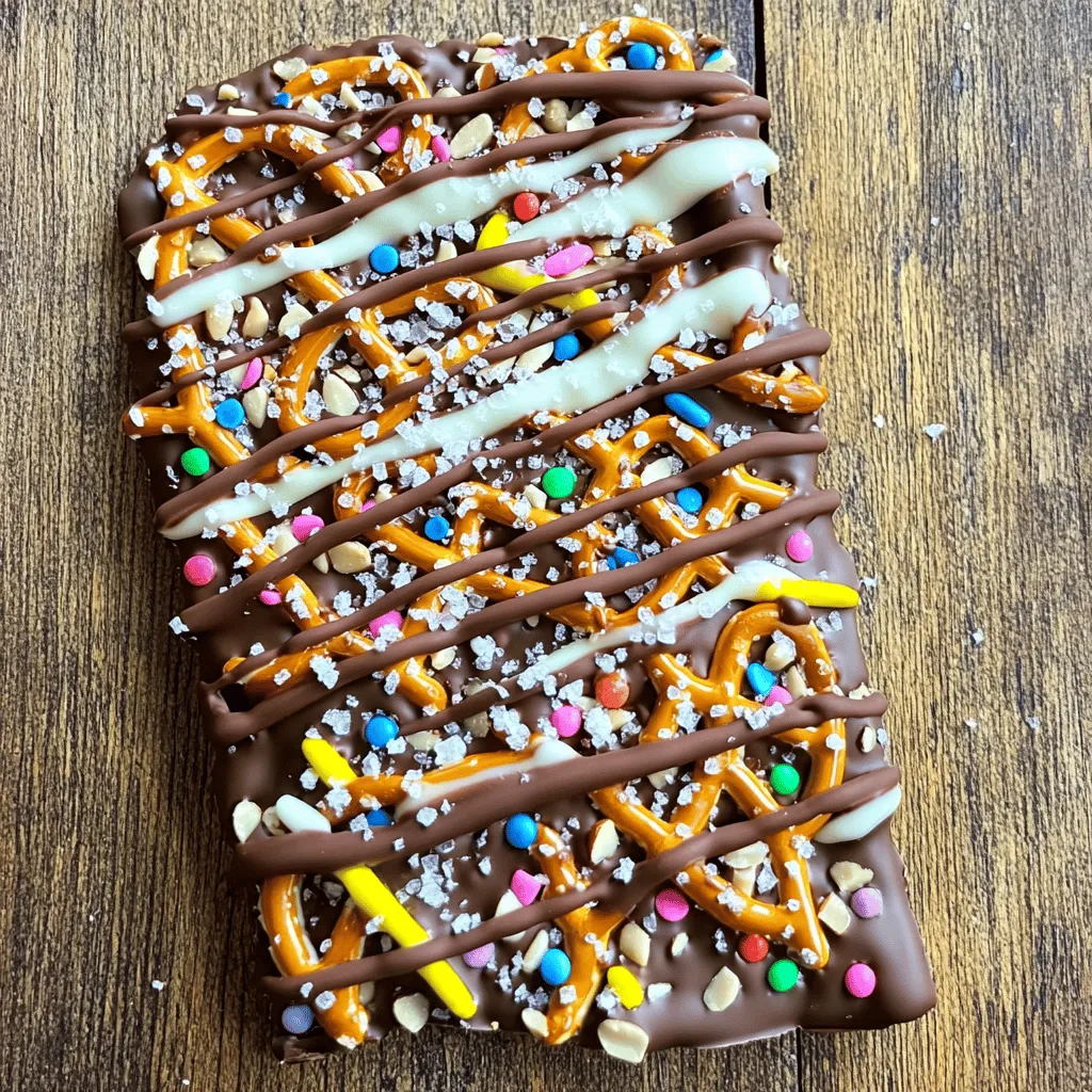 Für die Schokoladen-Pretzel-Rinde brauchst du: - 2 Tassen Mini-Pretzels, zerdrückt - 1 Tasse Zartbitter-Schokoladenstückchen - 1/2 Tasse weiße Schokoladenstückchen - 1/4 Tasse gehackte Nüsse (Mandeln oder Erdnüsse) - 1/4 Teelöffel Meersalz - 1 Esslöffel Regenbogenstreusel (optional) Diese Zutaten sind einfach zu finden. Die Kombination aus salzigen Pretzels und süßer Schokolade macht es besonders lecker. Um die Rinde zuzubereiten, brauchst du einige einfache Küchenutensilien: - Ein Backblech - Backpapier - Zwei mikrowellengeeignete Schüsseln - Ein Gefrierbeutel - Ein kleiner Schaber oder Löffel Diese Utensilien helfen dir, die Rinde schnell und einfach zuzubereiten. Du kannst die Rinde nach deinem Geschmack anpassen. Hier sind einige Ideen für Toppings: - Gehackte Nüsse (z.B. Walnüsse oder Haselnüsse) - Trockenfrüchte (z.B. Cranberries oder Rosinen) - Weitere Streusel (z.B. Schokoladen- oder Kokosnussstreusel) - Karamellsauce für zusätzlichen Geschmack Diese Optionen machen die Rinde noch spannender. Du kannst kreativ sein und deine Lieblingszutaten verwenden. Zuerst nimm ein Backblech und lege es mit Backpapier aus. Das macht das spätere Entfernen der Rinde ganz einfach. Achte darauf, dass das Papier die gesamte Fläche bedeckt. So bleibt die Rinde intakt und sieht toll aus. Nimm eine mittelgroße Schüssel und fülle sie mit Zartbitter-Schokoladenstückchen. Erhitze die Schokolade in der Mikrowelle in 30-Sekunden-Intervallen. Rühre die Schokolade nach jedem Intervall um. Du willst eine glatte und glänzende Masse. Das ist der Schlüssel für einen tollen Geschmack. In einer anderen Schüssel vermische die zerdrückten Mini-Pretzels mit der geschmolzenen Schokolade. Achte darauf, dass alle Pretzels gut bedeckt sind. So bekommst du die perfekte Kombination aus Schokolade und Salzigkeit. Gieße die Schokoladen-Pretzel-Mischung gleichmäßig auf das vorbereitete Backblech. Benutze einen Spatel, um die Mischung in eine rechteckige Form zu bringen. Halte die Dicke bei etwa 1/4 Zoll. Das sorgt dafür, dass die Rinde schön knusprig wird. Schmelze jetzt die weißen Schokoladenstückchen in einer weiteren Schüssel, wieder in der Mikrowelle. Wenn die weiße Schokolade geschmolzen ist, fülle sie in einen Gefrierbeutel. Schneide eine kleine Ecke ab und träufle die Schokolade dekorativ über die Pretzel-Mischung. Bevor die weiße Schokolade fest wird, streue die gehackten Nüsse, das Meersalz und die Regenbogenstreusel gleichmäßig darüber. Diese Toppings geben deiner Rinde einen tollen Crunch und Farben. Stelle das Backblech für etwa 30 bis 45 Minuten in den Kühlschrank. So wird die Schokolade fest und die Rinde hält zusammen. Wenn die Schokolade hart ist, nimm die Rinde aus dem Kühlschrank. Ziehe sie vorsichtig vom Backpapier ab und breche sie in Stücke. Jetzt kannst du die leckere Schokoladen-Pretzel-Rinde genießen! Wenn du Schokolade schmelzen willst, achte auf die Temperatur. Erhitze sie langsam. Nutze die Mikrowelle in 30-Sekunden-Intervallen. Rühre die Schokolade nach jedem Intervall um. So wird sie glatt und klumpenfrei. Überhitze die Schokolade nicht, da sie sonst verbrennen kann. Es gibt viele Möglichkeiten, die Rinde anzupassen. Du kannst andere Nüsse wie Walnüsse oder Pekannüsse verwenden. Füge getrocknete Früchte wie Cranberries oder Aprikosen hinzu. Auch Karamellstückchen sind eine leckere Ergänzung. Für einen scharfen Kick probiere Chili-Pulver oder Zimt. So wird deine Rinde immer wieder neu und spannend. Wenn die Schokolade nicht richtig schmilzt, könnte sie zu kalt sein. Stelle sicher, dass deine Schüssel mikrowellengeeignet ist. Wenn die Rinde bricht, wenn du sie zerteilst, ist sie vielleicht nicht genug gekühlt. Lass sie länger im Kühlschrank. Wenn die Toppings nicht haften, streue sie auf die noch warme Schokolade. {{image_4}} Wenn du Milchschokolade magst, kannst du diese anstelle von Zartbitter verwenden. Milchschokolade hat einen süßeren Geschmack und eine cremige Textur. Du schmilzt sie einfach auf die gleiche Weise wie die Zartbitter-Schokolade. Mische die zerdrückten Pretzels mit der geschmolzenen Milchschokolade. Die süße Schokolade passt perfekt zu den salzigen Pretzels. Viele finden diese Kombination besonders lecker. Wenn du vegane Schokolade bevorzugst, gibt es viele Optionen. Suche nach dunkler Schokolade, die keine Milchprodukte enthält. Achte auf die Zutatenliste, um sicher zu sein. Du kannst auch vegane weiße Schokolade verwenden, wenn du einen ähnlichen Effekt wie bei der normalen weißen Schokolade erzielen möchtest. Die Zubereitung bleibt die gleiche. So kannst du eine leckere vegane Variante genießen. Für eine glutenfreie Version kannst du glutenfreie Pretzels nutzen. Viele Marken bieten glutenfreie Mini-Pretzels an. Sie haben den gleichen tollen Geschmack und die knusprige Textur. Achte beim Kauf darauf, dass das Etikett "glutenfrei" trägt. So kannst du die Rinde ohne Sorgen genießen. Es ist einfach und macht Spaß, neue Zutaten auszuprobieren. Um die Schokoladen-Pretzel-Rinde frisch zu halten, lagere sie in einem luftdichten Behälter. Wähle einen kühlen Ort, der trocken ist. Vermeide direkte Sonneneinstrahlung, da die Schokolade schmelzen kann. Diese Rinde bleibt bis zu zwei Wochen frisch. Sie kann auch länger haltbar sein, wenn du sie richtig lagerst. Achte darauf, sie bei Zimmertemperatur zu bewahren, nicht im Kühlschrank. Um die Rinde frisch zu halten, füge ein Stück Brot in den Behälter hinzu. Das Brot hält die Rinde knackig. Wenn die Rinde einmal weich wird, kann sie ihre Textur verlieren. Du kannst die Schokoladen-Pretzel-Rinde leicht aufbewahren. Bewahre sie in einem luftdichten Behälter auf. So bleibt sie frisch und knusprig. Stelle den Behälter an einen kühlen, trockenen Ort. Vermeide direkte Sonne oder Hitze, da die Schokolade schmelzen kann. Ja, du kannst verschiedene Nüsse oder Trockenfrüchte verwenden. Mandeln, Erdnüsse oder Cashewkerne passen gut. Für Trockenfrüchte sind Cranberries oder Rosinen lecker. Diese Variationen bringen neue Geschmäcker und Texturen. Sei kreativ und finde deine Lieblingskombination! Ja, du kannst die Rinde ganz einfach in der Mikrowelle machen. Schmelze die Zartbitter- und weiße Schokolade in kurzen Intervallen. Rühre gut um, damit sie gleichmäßig schmilzt. So sparst du Zeit und schaffst eine tolle Konsistenz. Die Herstellung der Rinde dauert etwa eine Stunde. Du brauchst 20 Minuten für die Zubereitung und 30 bis 45 Minuten zum Kühlen. So hast du schnell einen leckeren Snack oder ein tolles Geschenk. Ideal für Partys oder gemütliche Abende! Die Zutaten für Schokoladen-Pretzel-Rinde sind einfach zu finden und leicht zuzubereiten. In der Schritt-für-Schritt-Anleitung habe ich dir gezeigt, wie du sie perfekt machst. Denk an die Tipps & Tricks, um häufige Fehler zu vermeiden. Es gibt viele Variationen, um jeden Geschmack zu treffen. Vergiss nicht, die Rinde richtig zu lagern, damit sie frisch bleibt. Probier die besten Toppings aus, sei kreativ und genieße deine leckere Kreation!