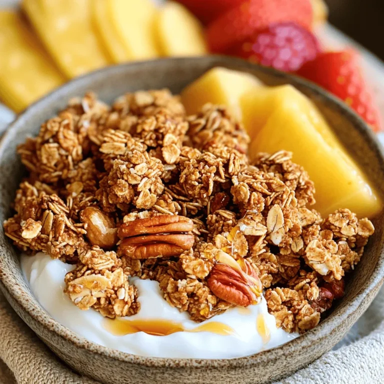 Für die Ahorn-Pekan-Granola-Cluster brauchst du eine einfache Liste von Zutaten. Hier sind sie: - 2 Tassen Haferflocken (zarte) - 1 Tasse Pekannüsse, grob gehackt - 1/2 Tasse ungesüßte Kokosraspeln - 1/4 Tasse Sonnenblumenkerne - 1/2 Teelöffel Zimt - 1/4 Teelöffel Salz - 1/2 Tasse Ahornsirup - 1/4 Tasse Kokosöl, geschmolzen - 1 Teelöffel Vanilleextrakt - 1/2 Tasse getrocknete Cranberries (optional) Diese Zutaten sorgen für einen köstlichen Snack. Haferflocken sind die Basis und geben dir Ballaststoffe. Pekannüsse fügen gesunde Fette hinzu. Kokosraspeln bringen einen leichten, süßen Geschmack. Sonnenblumenkerne sorgen für einen schönen Crunch. Wenn du Pekannüsse kaufst, achte auf folgende Punkte: - Geruch: Sie sollten frisch riechen. Ein ranziger Geruch ist ein Zeichen für schlechte Nüsse. - Farbe: Achte auf eine gleichmäßige, braune Farbe. Vermeide Nüsse mit dunklen Flecken. - Textur: Nüsse sollten fest und knackig sein. Weiche oder brüchige Nüsse sind nicht frisch. Frische Pekannüsse machen deine Granola-Cluster noch besser. Sie bringen einen nussigen Geschmack und eine tolle Textur. Du kannst das Rezept nach deinem Geschmack anpassen. Hier sind einige Ideen: - Nüsse: Mische Walnüsse oder Mandeln hinzu. - Trockenfrüchte: Verwende Rosinen, Datteln oder Aprikosen statt Cranberries. - Gewürze: Füge Muskatnuss oder Ingwer für mehr Geschmack hinzu. - Süßungsmittel: Ersetze Ahornsirup durch Honig oder Agavendicksaft. Diese Ergänzungen machen die Granola-Cluster noch interessanter. Probiere sie aus und finde deine Lieblingskombination! Heize deinen Ofen auf 175°C vor. Das ist die richtige Temperatur für knusprige Cluster. Nimm ein großes Backblech und lege es mit Pergamentpapier aus. Das hilft, die Cluster nach dem Backen leicht zu entfernen. In einer großen Rührschüssel kombinierst du die Haferflocken, grob gehackten Pekannüsse, Kokosraspeln, Sonnenblumenkerne, Zimt und Salz. Rühre alles gut um. So verteilen sich die trockenen Zutaten gleichmäßig. Das sorgt für den besten Geschmack. In einer separaten Schüssel verquirlst du den Ahornsirup, das geschmolzene Kokosöl und den Vanilleextrakt. Mische alles gut, bis es gleichmäßig ist. Gieße diese feuchte Mischung über die trockenen Zutaten. Rühre gründlich um, bis alles gut vermengt ist. Wenn du getrocknete Cranberries verwendest, füge sie jetzt hinzu. Falte sie vorsichtig unter die Mischung. Um perfekte Granola-Cluster zu erzielen, achte auf die Backzeit und Temperatur. Heize den Ofen auf 175°C vor. Backe die Mischung 20 bis 25 Minuten lang. Überprüfe die Cluster nach 15 Minuten. Rühre vorsichtig um, um gleichmäßiges Backen zu erreichen. Dabei sollten die Cluster nicht zerfallen. Die richtige Farbe ist wichtig. Sie sollten goldbraun sein, wenn sie fertig sind. Zu langes Backen kann sie hart machen. Wenn sie die richtige Farbe haben, nimm sie aus dem Ofen und lasse sie abkühlen. Ein häufiger Fehler ist, die Mischung zu locker auf das Backblech zu legen. Drücke sie fest zusammen, damit sie gut haftet. Wenn du keine Pekannüsse magst, kannst du andere Nüsse verwenden. Ein weiterer Fehler ist, die Mischung zu oft umzurühren. Das kann die Cluster zerbrechen. Rühre sie nur einmal nach der Hälfte der Backzeit um. Eine zu hohe Temperatur kann auch dazu führen, dass die Cluster verbrennen. Um die Granola-Cluster frisch zu halten, bewahre sie in einem luftdichten Behälter auf. Du kannst sie auch in kleine Portionen verpacken. So hast du gesunde Snacks für unterwegs. Wenn du sie transportieren möchtest, nutze Behälter, die gut schließen. Das schützt die Cluster vor Bruch. Lege ein Stück Backpapier zwischen die Schichten, um sie zu trennen. So bleiben die Cluster intact und lecker. {{image_4}} Du kannst verschiedene Süßungsmittel verwenden. Honig ist eine tolle Wahl. Er gibt den Granola-Clustern einen süßen, blumigen Geschmack. Agavendicksaft ist eine gute vegane Option. Er hat einen milden Geschmack und ist flüssig. Wenn du weniger Zucker willst, verwende Bananenpüree. Es sorgt für Süße und Feuchtigkeit. Variiere die Nüsse nach deinem Geschmack. Mandeln oder Walnüsse passen gut. Sie bieten unterschiedliche Aromen und Texturen. Für Trockenfrüchte kannst du Rosinen oder getrocknete Aprikosen nutzen. Diese geben Süße und einen fruchtigen Kick. Achte darauf, die Trockenfrüchte klein zu schneiden. So verteilen sie sich besser in der Mischung. Um das Rezept glutenfrei zu machen, wähle glutenfreie Haferflocken. Diese sind in vielen Geschäften erhältlich. Für eine vegane Option ersetze das Kokosöl mit Pflanzenöl. So bleibt das Rezept pflanzlich. Du kannst auch die Cranberries weglassen, wenn du sie nicht magst. Das Rezept bleibt trotzdem lecker und nahrhaft. Um die Granola-Cluster frisch zu halten, verwende einen luftdichten Behälter. Achte darauf, dass der Behälter kühl und trocken ist. Lagere die Cluster nicht in der Nähe von Wärmequellen. Ich empfehle, sie in kleinen Portionen aufzubewahren. So hast du immer einen gesunden Snack zur Hand. Die Granola-Cluster bleiben etwa zwei bis drei Wochen frisch. Wenn du sie richtig lagerst, kannst du die Frische länger genießen. Nach der ersten Woche ist es gut, die Cluster auf ihren Zustand zu prüfen. Sie sollten immer noch knusprig und aromatisch sein. Wenn die Granola-Cluster weich oder gummiartig werden, sind sie wahrscheinlich nicht mehr gut. Auch ein ranziger Geruch kann ein Zeichen sein. Wenn du Schimmel oder Verfärbungen siehst, wirf sie weg. Achte darauf, die Cluster regelmäßig zu überprüfen, um sicherzustellen, dass sie frisch bleiben. Um deine Granola-Cluster knuspriger zu machen, achte auf die Backzeit. Backe sie länger, bis sie goldbraun sind. Halte die Temperatur bei 175°C. Rühre die Mischung während des Backens nur sanft um. So bleiben die Cluster ganz. Lass sie nach dem Backen auf dem Blech abkühlen. Dies hilft, die Cluster zu festigen. Ja, du kannst die Granola-Cluster im Voraus zubereiten. Sie bleiben frisch, wenn du sie richtig lagerst. Bereite sie am Sonntag vor, um die Woche zu starten. Bewahre sie in einem luftdichten Behälter auf. So hast du immer einen gesunden Snack zur Hand. Für dieses Rezept empfehle ich zarte Haferflocken. Sie sorgen für eine gute Konsistenz. Du kannst auch andere Haferflocken verwenden, aber die zarten sind die besten. Wenn du experimentieren willst, probiere glutenfreie Haferflocken. Sie geben den gleichen großartigen Geschmack und sind gesund. In diesem Artikel haben wir die wichtigsten Zutaten, die Zubereitung und kreative Ideen für Ahorn-Pekan-Granola-Cluster behandelt. Du hast gelernt, wie man die besten Pekannüsse auswählt und Alternativen zur Süßung findet. Tipps und Tricks helfen dir, perfekte Cluster zu backen, während Lagerhinweise ihre Frische bewahren. Denke daran, beim Experimentieren Spaß zu haben und deinem Geschmack freien Lauf zu lassen. Gute Granola-Cluster bieten dir Geschmack und Gesundheit in einem Snack!