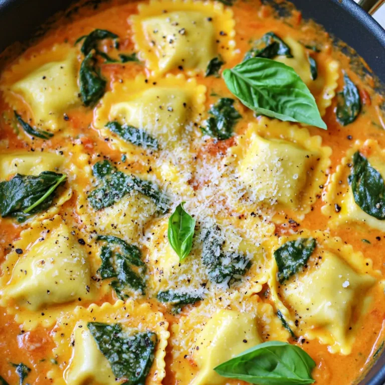 - 340 g frische Käse-Ravioli - 1 Dose gewürfelte Tomaten - 240 ml Schlagsahne Die Hauptzutaten sind einfach, aber sehr wichtig. Frische Käse-Ravioli bringen tollen Geschmack und eine schöne Textur. Die gewürfelten Tomaten fügen Frische und Säure hinzu. Die Schlagsahne macht das Gericht cremig und reichhaltig. - 1 Teelöffel italienische Gewürzmischung - Salz und Pfeffer nach Geschmack - Frische Basilikumblätter zum Garnieren Die Gewürze und Kräuter sind der Schlüssel. Die italienische Gewürzmischung bringt eine aromatische Tiefe. Salz und Pfeffer helfen, den gesamten Geschmack hervorzuheben. Frische Basilikumblätter machen das Gericht lebendig und geben Farbe. - Große Pfanne oder Sauté-Pfanne - Holzlöffel oder Spatel Die richtigen Kochutensilien sind wichtig. Eine große Pfanne erlaubt es, alle Zutaten gut zu vermischen. Ein Holzlöffel oder Spatel hilft, die Ravioli vorsichtig zu wenden, ohne sie zu zerdrücken. - Schritt 1: Olivenöl erhitzen und Knoblauch sautieren Erhitze zwei Esslöffel Olivenöl in einer großen Pfanne. Füge die drei fein gehackten Knoblauchzehen hinzu. Sautiere den Knoblauch für etwa eine Minute. Achte darauf, dass er nicht verbrennt. Der Duft wird deine Küche füllen. - Schritt 2: Tomaten und Gemüsebrühe hinzufügen Öffne die Dose gewürfelte Tomaten. Gib sie mit ihrem Saft in die Pfanne. Füge auch 240 ml Gemüsebrühe hinzu. Rühre alles gut um. Lass die Mischung sanft köcheln. - Schritt 3: Ravioli kochen und die Schlagsahne unterrühren Lege die frischen Käse-Ravioli in die Pfanne. Koche sie nach den Anweisungen auf der Verpackung. In der Regel dauert das etwa 4-5 Minuten. Wenn die Ravioli gar sind, reduziere die Hitze. Rühre dann 240 ml Schlagsahne ein. Lass es für 2-3 Minuten weiterkochen. - Schritt 4: Spinat und Parmesan einrühren Füge die drei Tassen frischen Spinat zur Pfanne hinzu. Rühre die italienische Gewürzmischung unter. Koche alles, bis der Spinat zusammenfällt. Das dauert etwa zwei Minuten. Dann rühre 60 g geriebenen Parmesan ein. - Schritt 5: Abschmecken und anrichten Schmecke die Mischung mit Salz und Pfeffer ab. Mische alles gut durch. Nimm die Pfanne vom Herd. Lass die Ravioli eine Minute ruhen. Serviere sie in Schalen und garniere sie mit mehr Parmesan und frischen Basilikumblättern. Um die beste Textur bei Ravioli zu erreichen, koche sie in sprudelndem Wasser. Das hilft, die Ravioli gleichmäßig und schnell zu garen. Achte darauf, die Ravioli nicht zu überfüllen. Das kann dazu führen, dass sie zusammenkleben. Ein häufiger Fehler ist, sie zu lange zu kochen. Halte dich an die Zeitangaben auf der Verpackung. Wenn die Ravioli zart sind, nimm sie sofort vom Herd. Du kannst das Rezept nach deinem Geschmack anpassen. Verwende verschiedene Gemüsesorten wie Zucchini oder Brokkoli. Diese passen gut zu den Tomaten und dem Spinat. Füge auch Proteine wie Hähnchen oder Garnelen hinzu, um das Gericht herzhaft zu machen. Diese Optionen machen das Rezept vielseitig und nährstoffreich. Sei kreativ und finde deine perfekte Mischung! {{image_4}} Um die Reste Ihres One-Pan Creamy Tomato Spinach Ravioli frisch zu halten, befolgen Sie diese Schritte: - Kühlschranklagerung: Lassen Sie das Gericht auf Raumtemperatur abkühlen. Füllen Sie es dann in einen luftdichten Behälter. Im Kühlschrank bleibt es bis zu 3 Tage frisch. - Gefrieroptionen: Für eine längere Lagerung können Sie das Gericht auch einfrieren. Stellen Sie sicher, dass es vollständig abgekühlt ist. Füllen Sie es in gefriergeeignete Behälter und beschriften Sie diese. Es hält sich bis zu 2 Monate im Gefrierfach. Zum Servieren einfach über Nacht im Kühlschrank auftauen lassen und dann aufwärmen. Wie lange hält das Gericht? - Im Kühlschrank bleibt der One-Pan Creamy Tomato Spinach Ravioli bis zu 3 Tage genießbar. - Im Gefrierfach können Sie es bis zu 2 Monate aufbewahren. Achten Sie darauf, beim Aufwärmen sicherzustellen, dass die Speisen gleichmäßig heiß sind, um die besten Aromen zu genießen. Um die Ravioli vegan zu machen, wählen Sie pflanzliche Ravioli. Viele Marken bieten tolle Optionen an. Für die Sauce verwenden Sie Kokosmilch oder eine Sojasahne. Diese Alternativen geben einen cremigen Geschmack. Anstelle von Parmesan nutzen Sie Hefeflocken oder ein veganer Käseersatz. Diese Zutaten machen Ihr Gericht lecker und ganz ohne tierische Produkte. Ja, Sie können verschiedene Pastaformen verwenden. Fusilli oder Penne sind gute Alternativen. Diese Formen fangen die Sauce gut ein. Auch frische oder gefrorene Tortellini können verwendet werden. Achten Sie darauf, die Kochzeit anzupassen. Testen Sie die Pasta, um sicherzustellen, dass sie al dente ist. Dieses Rezept eignet sich hervorragend für Meal Prep. Sie können die Ravioli und die Sauce im Voraus zubereiten. Lagern Sie beides getrennt im Kühlschrank. Vor dem Essen einfach alles zusammen in der Pfanne erhitzen. Das spart Zeit und macht das Essen einfach. Achten Sie darauf, die Reste innerhalb von drei Tagen zu essen. Eine Portion dieses Gerichts hat ungefähr 450 Kalorien. Die Makronährstoffe sind wie folgt: - Fett: 20 g - Kohlenhydrate: 50 g - Eiweiß: 15 g Diese Werte können je nach verwendeten Zutaten leicht variieren. Die frischen Käse-Ravioli liefern viel Geschmack und Textur. Die Schlagsahne macht das Gericht cremig und reichhaltig. Spinat ist ein Superfood. Er enthält viele Vitamine wie A, C und K. Er hat auch viel Eisen und Folsäure. Tomaten sind ebenfalls sehr gesund. Sie sind reich an Antioxidantien und fördern die Herzgesundheit. Zusammen bringen Spinat und Tomaten viele Nährstoffe in dieses Gericht. Für glutenfreie Optionen können Sie glutenfreie Ravioli verwenden. Diese sind in vielen Geschäften erhältlich. Sie können auch die Schlagsahne durch Kokosmilch ersetzen, um eine laktosefreie Variante zu machen. So können alle das Gericht genießen! Das Rezept für Käse-Ravioli ist einfach und lecker. Wir haben frische Ravioli, Tomaten und Schlagsahne verwendet. Die Gewürze und Kräuter verleihen dem Gericht den perfekten Geschmack. Mit den Tipps zur Zubereitung machen Sie Ihre Ravioli noch besser. Denken Sie daran, Reste richtig zu lagern, damit nichts verschwendet wird. Sie können das Rezept anpassen, um es vegan oder glutenfrei zu machen. Genießen Sie die vielen Möglichkeiten, die dieses Gericht bietet. Kochen macht Spaß, und dieses Rezept ist ein guter Start!