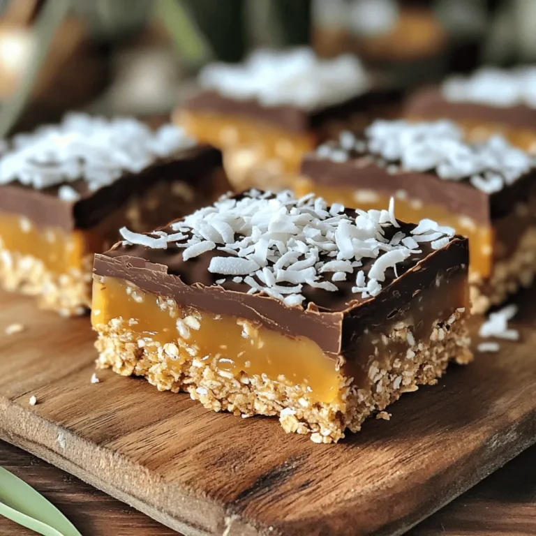 Um die No Bake Caramel Coconut Bars zu machen, brauchst du folgende Zutaten: - 2 Tassen Haferflocken - 1 Tasse geraspelter Kokosnuss (zuckerhaltig oder ungesüßt) - 1/2 Tasse Mandelbutter (oder Erdnussbutter) - 1/2 Tasse Ahornsirup (oder Honig) - 1/2 Tasse Zartbitterschokoladenstückchen - 1/4 Tasse Kokosöl - 1 Teelöffel Vanilleextrakt - Eine Prise Salz Diese Zutaten sorgen für den leckeren Geschmack und die tolle Textur der Riegel. Die Qualität deiner Zutaten macht einen großen Unterschied. Hier sind einige Tipps: - Wähle frische Haferflocken. Sie sollten keinen ranzigen Geruch haben. - Bei der Kokosnuss kannst du ungesüßte nehmen. So bleibt der Geschmack klar und frisch. - Nutze natürliche Mandel- oder Erdnussbutter. Achte darauf, dass sie keine Zusatzstoffe hat. - Ahornsirup ist eine gute Wahl. Er bringt ein feines Aroma in die Riegel. - Schokolade sollte einen hohen Kakaoanteil haben. So bekommst du den besten Geschmack. Wenn du keine bestimmten Zutaten hast, gibt es Alternativen: - Für Haferflocken kannst du auch Reisflocken verwenden. - Statt Mandelbutter kannst du Cashew- oder Sonnenblumenbutter nehmen. - Honig ist ein guter Ersatz für Ahornsirup, wenn du es süßer magst. - Wenn du keine Zartbitterschokolade magst, probiere Milchschokolade oder weiße Schokolade. - Kokosöl kann durch Butter ersetzt werden, aber das Aroma wird anders sein. Diese Optionen helfen dir, die Riegel nach deinem Geschmack zu gestalten. Zuerst sammeln Sie alle Zutaten. Sie brauchen: - 2 Tassen Haferflocken - 1 Tasse geraspelte Kokosnuss - 1/2 Tasse Mandelbutter - 1/2 Tasse Ahornsirup - 1/2 Tasse Zartbitterschokoladenstückchen - 1/4 Tasse Kokosöl - 1 Teelöffel Vanilleextrakt - Eine Prise Salz Stellen Sie sicher, dass der Platz zum Arbeiten sauber ist. Es hilft, alles bereit zu haben, bevor Sie anfangen. Nehmen Sie eine große Schüssel. Geben Sie die Haferflocken und die geraspelte Kokosnuss hinein. Mischen Sie beides gut. In einem kleinen Topf bei niedriger Hitze kombinieren Sie die Mandelbutter, den Ahornsirup, das Kokosöl, den Vanilleextrakt und die Prise Salz. Rühren Sie die Mischung, bis sie glatt ist. Alle Zutaten sollten gut geschmolzen sein. Gießen Sie die warme Mischung über die Haferflocken und Kokosnuss. Rühren Sie gut um, bis alles gleichmäßig bedeckt ist. Bereiten Sie eine 20x20 cm große Backform vor. Legen Sie Backpapier hinein, damit die Riegel später leicht herauskommen. Drücken Sie die Mischung gut in die Form. Nehmen Sie den gleichen Topf, um die Zartbitterschokolade zu schmelzen. Bei niedriger Hitze die Schokoladenstückchen langsam schmelzen. Rühren Sie häufig, bis die Schokolade ganz flüssig ist. Gießen Sie die geschmolzene Schokolade gleichmäßig über die Haferflockenmischung. Verwenden Sie einen Spatel, um die Schokolade glatt zu streichen. Stellen Sie die Form für mindestens 2 Stunden in den Kühlschrank. So werden die Riegel fest. Nach dem Kühlen heben Sie die Riegel mit dem Backpapier heraus und schneiden sie in Quadrate oder Riegel. Um die perfekte Konsistenz der Riegel zu erreichen, achte auf die Mischung. Die Haferflocken sollten gut mit der Kokosnuss vermengt sein. Das hilft, die Feuchtigkeit gleichmäßig zu verteilen. Die Mischung aus Mandelbutter und Sirup muss warm, aber nicht heiß sein. So bleibt die Konsistenz weich und leicht zu bearbeiten. Drücke die Mischung fest in die Form. Das sorgt dafür, dass die Riegel nach dem Kühlen nicht bröseln. Schneide die Riegel am besten, wenn sie noch kalt sind. Lass sie mindestens zwei Stunden im Kühlschrank ruhen. Lege die Riegel auf ein Schneidebrett, das mit Backpapier ausgelegt ist. Nutze ein scharfes Messer, um saubere Schnitte zu machen. Wenn du die Klinge zwischen den Schnitten mit warmem Wasser erwärmst, wird das Schneiden einfacher. So bleiben die Riegel ganz und sehen gut aus. Du kannst das Rezept nach deinem Geschmack anpassen. Füge Nüsse wie Mandeln oder Cashews hinzu. Trockenfrüchte wie Cranberries oder Datteln geben eine süße Note. Für einen zusätzlichen Crunch kannst du auch Sonnenblumenkerne nehmen. Variiere die Schokolade und nutze weiße oder Milchschokolade. Das bringt neue Geschmäcker in die Riegel. {{image_4}} Wenn es um Süße geht, haben Sie Optionen. Honig und Ahornsirup sind beide großartige Wahlmöglichkeiten. Honig hat einen kräftigen Geschmack. Er passt gut zu den Kokosnuss-Riegeln. Ahornsirup ist milder und süßer. Er gibt den Riegeln einen feinen, karamelligen Geschmack. Probieren Sie beide aus, um Ihren Favoriten zu finden. Sie können die Nüsse nach Ihrem Geschmack ändern. Mandeln und Erdnüsse sind beliebt. Aber auch Cashews oder Walnüsse passen gut. Wenn Sie Nüsse nicht mögen, nutzen Sie Samen. Chia- oder Leinsamen geben einen tollen Crunch. Diese Anpassungen machen die Riegel noch schmackhafter und gesünder. Erweitern Sie die Aromen Ihrer Riegel. Fügen Sie Schokoladenstückchen hinzu für mehr Süße. Weiße Schokolade oder Milchschokolade sind Optionen. Sie können auch getrocknete Früchte verwenden. Rosinen, Cranberries oder Aprikosen bringen Frische und Textur. Diese Variationen machen jedes Mal ein neues Geschmackserlebnis. Um die No Bake Caramel Coconut Bars frisch zu halten, lege sie in einen luftdichten Behälter. Achte darauf, dass die Riegel nicht zerdrückt werden. Wenn du noch mehr Frische willst, verwende ein Stück Backpapier zwischen den Schichten. Das hilft, die Riegel vor dem Ankleben zu schützen. Diese Riegel halten sich im Kühlschrank etwa eine Woche. Sie bleiben weich und lecker. Wenn du sie im Gefrierschrank lagerst, können sie bis zu drei Monate frisch bleiben. Achte darauf, sie gut einzuwickeln, damit sie keinen Gefrierbrand bekommen. Du kannst die Riegel auch in Stücke schneiden und sie in Joghurt geben. Das ist ein toller Snack für zwischendurch. Oder verwandle sie in ein schokoladiges Dessert. Schmelze etwas mehr Schokolade und gieße sie über die Riegel. Das gibt einen extra leckeren Geschmack! Die No Bake Caramel Coconut Bars halten sich gut im Kühlschrank. Sie bleiben frisch für etwa eine Woche. Wenn du sie im Gefrierfach aufbewahrst, bleiben sie bis zu drei Monate genießbar. Achte darauf, sie in einem luftdichten Behälter zu lagern. Ja, du kannst die Riegel leicht vegan machen! Ersetze einfach den Honig durch einen pflanzlichen Sirup wie Agavensirup. Auch die Schokolade kann vegan sein. Achte darauf, dass du Zartbitterschokolade ohne Milch verwendest. So bleibt der Riegel lecker und tierfrei. Die beste Aufbewahrung ist im Kühlschrank. Nutze einen luftdichten Behälter, um die Riegel frisch zu halten. Wenn du sie einfrierst, schneide sie in Portionen. So kannst du sie einfach entnehmen. Vergiss nicht, sie gut zu verpacken, um Gefrierbrand zu vermeiden. Diese Anleitung hat dir gezeigt, welche Zutaten du brauchst und wie du sie zubereitest. Wir haben über Tipps für die Konsistenz und Varianten gesprochen. Du kannst das Rezept leicht anpassen und aufbewahren. Diese No Bake Caramel Coconut Bars sind lecker und kreativ. Experimentiere mit deinen eigenen Ideen, um sie einzigartig zu machen. Mit diesen einfachen Schritten kannst du die Riegel selbst erstellen und genießen. Viel Spaß beim Ausprobieren!