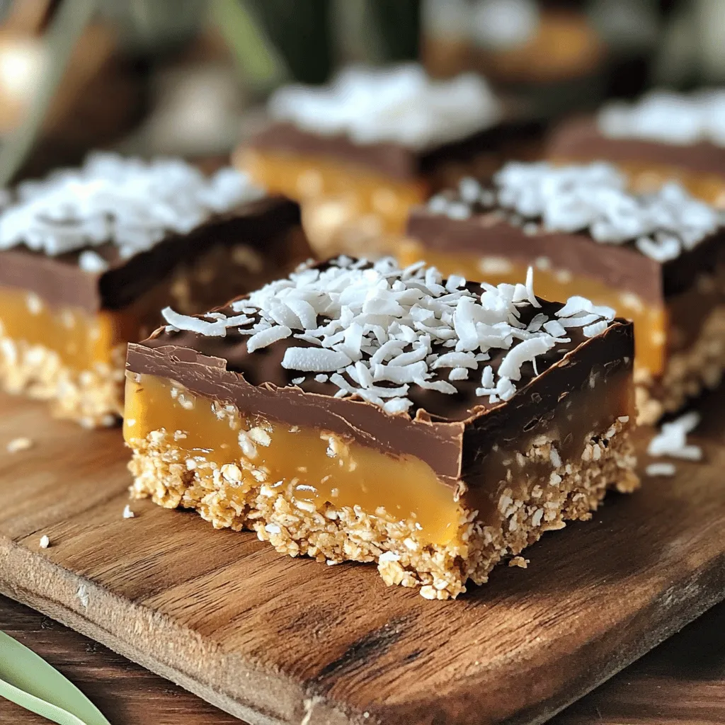 Um die No Bake Caramel Coconut Bars zu machen, brauchst du folgende Zutaten: - 2 Tassen Haferflocken - 1 Tasse geraspelter Kokosnuss (zuckerhaltig oder ungesüßt) - 1/2 Tasse Mandelbutter (oder Erdnussbutter) - 1/2 Tasse Ahornsirup (oder Honig) - 1/2 Tasse Zartbitterschokoladenstückchen - 1/4 Tasse Kokosöl - 1 Teelöffel Vanilleextrakt - Eine Prise Salz Diese Zutaten sorgen für den leckeren Geschmack und die tolle Textur der Riegel. Die Qualität deiner Zutaten macht einen großen Unterschied. Hier sind einige Tipps: - Wähle frische Haferflocken. Sie sollten keinen ranzigen Geruch haben. - Bei der Kokosnuss kannst du ungesüßte nehmen. So bleibt der Geschmack klar und frisch. - Nutze natürliche Mandel- oder Erdnussbutter. Achte darauf, dass sie keine Zusatzstoffe hat. - Ahornsirup ist eine gute Wahl. Er bringt ein feines Aroma in die Riegel. - Schokolade sollte einen hohen Kakaoanteil haben. So bekommst du den besten Geschmack. Wenn du keine bestimmten Zutaten hast, gibt es Alternativen: - Für Haferflocken kannst du auch Reisflocken verwenden. - Statt Mandelbutter kannst du Cashew- oder Sonnenblumenbutter nehmen. - Honig ist ein guter Ersatz für Ahornsirup, wenn du es süßer magst. - Wenn du keine Zartbitterschokolade magst, probiere Milchschokolade oder weiße Schokolade. - Kokosöl kann durch Butter ersetzt werden, aber das Aroma wird anders sein. Diese Optionen helfen dir, die Riegel nach deinem Geschmack zu gestalten. Zuerst sammeln Sie alle Zutaten. Sie brauchen: - 2 Tassen Haferflocken - 1 Tasse geraspelte Kokosnuss - 1/2 Tasse Mandelbutter - 1/2 Tasse Ahornsirup - 1/2 Tasse Zartbitterschokoladenstückchen - 1/4 Tasse Kokosöl - 1 Teelöffel Vanilleextrakt - Eine Prise Salz Stellen Sie sicher, dass der Platz zum Arbeiten sauber ist. Es hilft, alles bereit zu haben, bevor Sie anfangen. Nehmen Sie eine große Schüssel. Geben Sie die Haferflocken und die geraspelte Kokosnuss hinein. Mischen Sie beides gut. In einem kleinen Topf bei niedriger Hitze kombinieren Sie die Mandelbutter, den Ahornsirup, das Kokosöl, den Vanilleextrakt und die Prise Salz. Rühren Sie die Mischung, bis sie glatt ist. Alle Zutaten sollten gut geschmolzen sein. Gießen Sie die warme Mischung über die Haferflocken und Kokosnuss. Rühren Sie gut um, bis alles gleichmäßig bedeckt ist. Bereiten Sie eine 20x20 cm große Backform vor. Legen Sie Backpapier hinein, damit die Riegel später leicht herauskommen. Drücken Sie die Mischung gut in die Form. Nehmen Sie den gleichen Topf, um die Zartbitterschokolade zu schmelzen. Bei niedriger Hitze die Schokoladenstückchen langsam schmelzen. Rühren Sie häufig, bis die Schokolade ganz flüssig ist. Gießen Sie die geschmolzene Schokolade gleichmäßig über die Haferflockenmischung. Verwenden Sie einen Spatel, um die Schokolade glatt zu streichen. Stellen Sie die Form für mindestens 2 Stunden in den Kühlschrank. So werden die Riegel fest. Nach dem Kühlen heben Sie die Riegel mit dem Backpapier heraus und schneiden sie in Quadrate oder Riegel. Um die perfekte Konsistenz der Riegel zu erreichen, achte auf die Mischung. Die Haferflocken sollten gut mit der Kokosnuss vermengt sein. Das hilft, die Feuchtigkeit gleichmäßig zu verteilen. Die Mischung aus Mandelbutter und Sirup muss warm, aber nicht heiß sein. So bleibt die Konsistenz weich und leicht zu bearbeiten. Drücke die Mischung fest in die Form. Das sorgt dafür, dass die Riegel nach dem Kühlen nicht bröseln. Schneide die Riegel am besten, wenn sie noch kalt sind. Lass sie mindestens zwei Stunden im Kühlschrank ruhen. Lege die Riegel auf ein Schneidebrett, das mit Backpapier ausgelegt ist. Nutze ein scharfes Messer, um saubere Schnitte zu machen. Wenn du die Klinge zwischen den Schnitten mit warmem Wasser erwärmst, wird das Schneiden einfacher. So bleiben die Riegel ganz und sehen gut aus. Du kannst das Rezept nach deinem Geschmack anpassen. Füge Nüsse wie Mandeln oder Cashews hinzu. Trockenfrüchte wie Cranberries oder Datteln geben eine süße Note. Für einen zusätzlichen Crunch kannst du auch Sonnenblumenkerne nehmen. Variiere die Schokolade und nutze weiße oder Milchschokolade. Das bringt neue Geschmäcker in die Riegel. {{image_4}} Wenn es um Süße geht, haben Sie Optionen. Honig und Ahornsirup sind beide großartige Wahlmöglichkeiten. Honig hat einen kräftigen Geschmack. Er passt gut zu den Kokosnuss-Riegeln. Ahornsirup ist milder und süßer. Er gibt den Riegeln einen feinen, karamelligen Geschmack. Probieren Sie beide aus, um Ihren Favoriten zu finden. Sie können die Nüsse nach Ihrem Geschmack ändern. Mandeln und Erdnüsse sind beliebt. Aber auch Cashews oder Walnüsse passen gut. Wenn Sie Nüsse nicht mögen, nutzen Sie Samen. Chia- oder Leinsamen geben einen tollen Crunch. Diese Anpassungen machen die Riegel noch schmackhafter und gesünder. Erweitern Sie die Aromen Ihrer Riegel. Fügen Sie Schokoladenstückchen hinzu für mehr Süße. Weiße Schokolade oder Milchschokolade sind Optionen. Sie können auch getrocknete Früchte verwenden. Rosinen, Cranberries oder Aprikosen bringen Frische und Textur. Diese Variationen machen jedes Mal ein neues Geschmackserlebnis. Um die No Bake Caramel Coconut Bars frisch zu halten, lege sie in einen luftdichten Behälter. Achte darauf, dass die Riegel nicht zerdrückt werden. Wenn du noch mehr Frische willst, verwende ein Stück Backpapier zwischen den Schichten. Das hilft, die Riegel vor dem Ankleben zu schützen. Diese Riegel halten sich im Kühlschrank etwa eine Woche. Sie bleiben weich und lecker. Wenn du sie im Gefrierschrank lagerst, können sie bis zu drei Monate frisch bleiben. Achte darauf, sie gut einzuwickeln, damit sie keinen Gefrierbrand bekommen. Du kannst die Riegel auch in Stücke schneiden und sie in Joghurt geben. Das ist ein toller Snack für zwischendurch. Oder verwandle sie in ein schokoladiges Dessert. Schmelze etwas mehr Schokolade und gieße sie über die Riegel. Das gibt einen extra leckeren Geschmack! Die No Bake Caramel Coconut Bars halten sich gut im Kühlschrank. Sie bleiben frisch für etwa eine Woche. Wenn du sie im Gefrierfach aufbewahrst, bleiben sie bis zu drei Monate genießbar. Achte darauf, sie in einem luftdichten Behälter zu lagern. Ja, du kannst die Riegel leicht vegan machen! Ersetze einfach den Honig durch einen pflanzlichen Sirup wie Agavensirup. Auch die Schokolade kann vegan sein. Achte darauf, dass du Zartbitterschokolade ohne Milch verwendest. So bleibt der Riegel lecker und tierfrei. Die beste Aufbewahrung ist im Kühlschrank. Nutze einen luftdichten Behälter, um die Riegel frisch zu halten. Wenn du sie einfrierst, schneide sie in Portionen. So kannst du sie einfach entnehmen. Vergiss nicht, sie gut zu verpacken, um Gefrierbrand zu vermeiden. Diese Anleitung hat dir gezeigt, welche Zutaten du brauchst und wie du sie zubereitest. Wir haben über Tipps für die Konsistenz und Varianten gesprochen. Du kannst das Rezept leicht anpassen und aufbewahren. Diese No Bake Caramel Coconut Bars sind lecker und kreativ. Experimentiere mit deinen eigenen Ideen, um sie einzigartig zu machen. Mit diesen einfachen Schritten kannst du die Riegel selbst erstellen und genießen. Viel Spaß beim Ausprobieren!