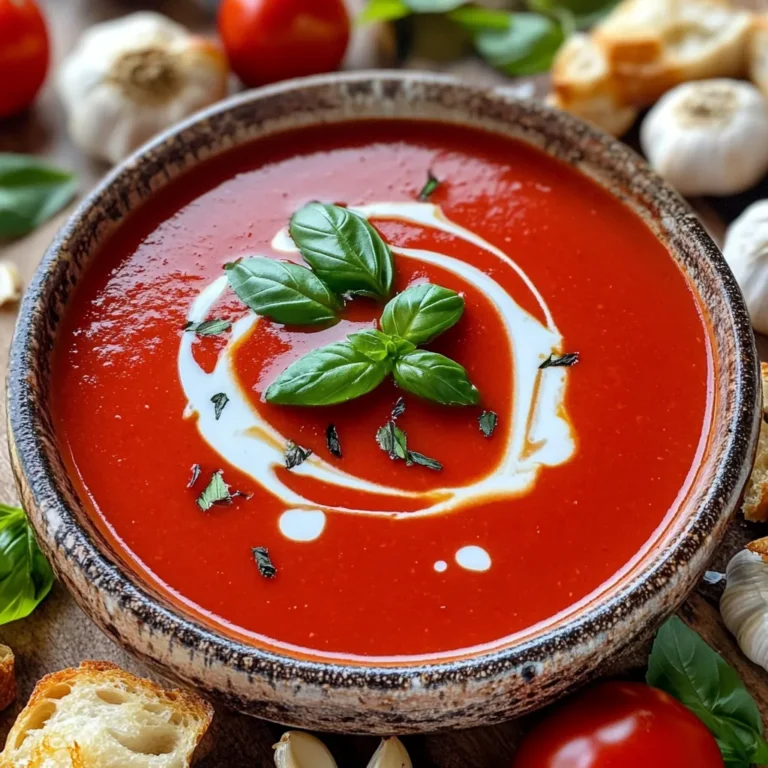 - 10 reife Roma-Tomaten, halbiert - 1 ganzer Knoblauchkopf - 1 mittlere Zwiebel, grob gehackt Die Hauptzutaten machen die Suppe besonders lecker. Die Roma-Tomaten bringen eine süße Note. Der Knoblauch gibt der Suppe einen tollen Geschmack. Die Zwiebel sorgt für eine gute Basis. - 1 Karotte, gewürfelt - 2 Esslöffel Olivenöl - 4 Tassen Gemüsebrühe - 1 Tasse Schlagsahne - 1 Teelöffel getrocknetes Basilikum - 1 Teelöffel getrockneten Oregano - Salz und Pfeffer nach Geschmack Die Karotte fügt eine feine Süße hinzu. Das Olivenöl hilft beim Anbraten und gibt Geschmack. Die Gemüsebrühe ist der Flüssigkeitsgeber. Schlagsahne macht die Suppe cremig. Die Kräuter bringen das Aroma in die Suppe. Salz und Pfeffer runden alles ab. - Frische Basilikumblätter - Optional: knuspriges Brot zum Servieren Frische Basilikumblätter sind der perfekte Abschluss. Sie geben der Suppe Farbe und Aroma. Knuspriges Brot ist eine tolle Beilage. Es hilft, die Suppe noch besser zu genießen. Heize deinen Ofen auf 200°C (400°F) vor. Während der Ofen aufheizt, bereite die Tomaten vor. Halbiere die reifen Roma-Tomaten und lege sie mit der Schnittseite nach oben auf ein Backblech. Beträufle sie mit 1 Esslöffel Olivenöl. Würze sie großzügig mit Salz, Pfeffer, getrocknetem Basilikum und Oregano. Schneide die Spitze des gesamten Knoblauchkopfes ab. Beträufle ihn mit etwas Olivenöl und wickele ihn in Alufolie ein. Lege den Knoblauch zusammen mit den Tomaten auf das Backblech. Röste die Tomaten und den Knoblauch im Ofen für etwa 25-30 Minuten. Achte darauf, dass sie schön karamellisiert und zart sind. Während sie im Ofen sind, hast du Zeit, die nächsten Schritte vorzubereiten. Erhitze den restlichen Esslöffel Olivenöl in einem großen Topf bei mittlerer Hitze. Füge die grob gehackte Zwiebel und die gewürfelte Karotte hinzu. Brate sie 5-7 Minuten lang an, bis sie weich sind. Wenn die Tomaten und der Knoblauch fertig sind, gib sie in den Topf. Drücke die gerösteten Knoblauchzehen aus ihrer Haut und füge sie ebenfalls hinzu. Gieße 4 Tassen Gemüsebrühe in den Topf. Bringe die Mischung zum Kochen und reduziere dann die Hitze. Lass die Suppe 10 Minuten köcheln. Püriere die Suppe mit einem Stabmixer, bis sie glatt ist. Wenn du keinen Stabmixer hast, fülle die Suppe portionsweise in einen Standmixer. Rühre 1 Tasse Schlagsahne ein. Erwärme die Suppe, ohne sie zum Kochen zu bringen. Schmecke sie mit Salz und Pfeffer ab. Serviere die Suppe heiß und garniere sie mit frischen Basilikumblättern. Um die perfekte Konsistenz zu erzielen, nutze einen Stabmixer. Er püriert die Suppe direkt im Topf. Das ist schnell und einfach. Wenn du keinen Stabmixer hast, kannst du einen Standmixer verwenden. Achte darauf, die Suppe in kleinen Mengen zu pürieren, damit nichts überläuft. Die Flüssigkeitsmenge anzupassen ist wichtig. Wenn die Suppe zu dick ist, füge mehr Gemüsebrühe hinzu. Wenn sie zu dünn ist, lasse sie etwas länger köcheln. So verdampft die überschüssige Flüssigkeit und die Suppe wird dicker. Salz und Pfeffer sind sehr wichtig für den Geschmack. Du solltest die Suppe während des Kochens probieren. So kannst du die Gewürze nach deinem Geschmack anpassen. Beginne mit einer kleinen Menge Salz und Pfeffer und füge mehr hinzu, wenn nötig. Frische Kräuter machen einen großen Unterschied. Ich empfehle, frisches Basilikum kurz vor dem Servieren hinzuzufügen. Das verstärkt das Aroma der Suppe und bringt einen frischen Geschmack. Die Präsentation ist wichtig, um die Suppe einladend zu machen. Fülle die Suppe in schöne Schalen. Ziehe mit einem Esslöffel etwas zusätzliche Sahne durch die Suppe. Das sieht toll aus. Für die Garnierung lege frische Basilikumblätter obenauf. Das gibt der Suppe einen schönen Farbkontrast. Du kannst auch ein Stück knuspriges Brot dazu servieren. So wird das Essen noch leckerer. {{image_4}} Für eine vegane Version der cremigen Suppe, kannst du pflanzliche Sahne verwenden. Es gibt viele gute Optionen. Kokos- oder Hafer-Sahne sind besonders cremig und lecker. Diese Alternativen geben der Suppe den gleichen reichen Geschmack. Zudem kannst du zusätzliche Gemüsevarianten einfügen. Zucchini oder Spinat passen gut. Diese Gemüse bringen mehr Nährstoffe und Farbe in die Suppe. Wenn du es gerne scharf magst, füge Chilis oder Paprikapulver hinzu. Das gibt der Suppe einen tollen Kick. Experimentiere mit der Menge, um die perfekte Schärfe zu finden. Du kannst auch die Gewürze anpassen. Ein bisschen Kreuzkümmel oder Curry-Pulver sorgt für interessante Aromen. Lass deiner Kreativität freien Lauf! Für mehr Nährstoffe kannst du Protein hinzufügen. Hülsenfrüchte wie Kichererbsen oder Linsen sind gute Optionen. Sie machen die Suppe sättigender und geben dir Energie. Überlege auch, welche Beilagen du servieren möchtest. Knuspriges Brot ist perfekt zum Dippen. Auch ein frischer Salat passt gut dazu. So hast du ein vollständiges und schmackhaftes Gericht! Um die Suppe richtig zu lagern, solltest du sie in einen luftdichten Behälter füllen. Dadurch bleibt der Geschmack frisch. Lass die Suppe zuerst abkühlen, bevor du sie in den Kühlschrank stellst. So vermeidest du Kondensation und matschige Texturen. Im Kühlschrank hält sich die Suppe bis zu fünf Tage. Überprüfe immer das Aussehen und den Geruch, bevor du sie isst. Um die Suppe einzufrieren, fülle sie in gefriergeeignete Behälter. Lasse dabei etwas Platz, da die Suppe beim Gefrieren expandiert. Du kannst die Suppe bis zu drei Monate einfrieren. Zum Auftauen lege die gefrorene Suppe einfach in den Kühlschrank über Nacht. Zum Wiedererwärmen erhitze sie langsam in einem Topf. Rühre oft um, damit sie gleichmäßig warm wird. Hast du Reste? Mach etwas Neues daraus! Du kannst die Suppe als Sauce für Pasta verwenden oder sie in ein Omelett einrühren. Auch als Füllung für gefülltes Gemüse ist sie lecker. Eine andere Idee ist, sie mit geröstetem Brot zu servieren. So wird jede Mahlzeit spannend und köstlich! Die Suppe bleibt im Kühlschrank bis zu fünf Tage frisch. Bewahre sie in einem luftdichten Behälter auf. Achte darauf, die Suppe abzukühlen, bevor du sie in den Kühlschrank stellst. Wenn du die Suppe länger aufbewahren möchtest, friere sie ein. So hält sie bis zu drei Monate. Ja, du kannst die Suppe im Voraus machen. Bereite sie einfach nach dem Rezept vor und lasse sie abkühlen. Fülle sie dann in einen luftdichten Behälter. Du kannst sie für bis zu fünf Tage im Kühlschrank lagern oder sie einfrieren. Beim Aufwärmen solltest du die Suppe langsam erhitzen und gut umrühren. Ja, frische Tomaten sind eine tolle Wahl. Sie verleihen der Suppe einen frischen Geschmack. Verwende reife Roma-Tomaten für das beste Ergebnis. Wenn du keine frischen Tomaten hast, kannst du auch Dosentomaten verwenden. Diese sind praktisch und oft gleichwertig im Geschmack. Diese Tomatensuppe ist einfach und lecker. Wir haben die Hauptzutaten wie Roma-Tomaten und Knoblauch verwendet. Das Rösten bringt die Aromen zur Geltung. Du kannst die Konsistenz ganz nach deinen Vorlieben anpassen. Denk daran, frische Kräuter für mehr Geschmack zu nutzen. Ob vegan oder würzig, die Variationen sind endlos. Richtig gelagert, bleibt die Suppe lange frisch. Verwende die Reste kreativ in anderen Gerichten. Koche, genieße und variiere nach deinem Wunsch!