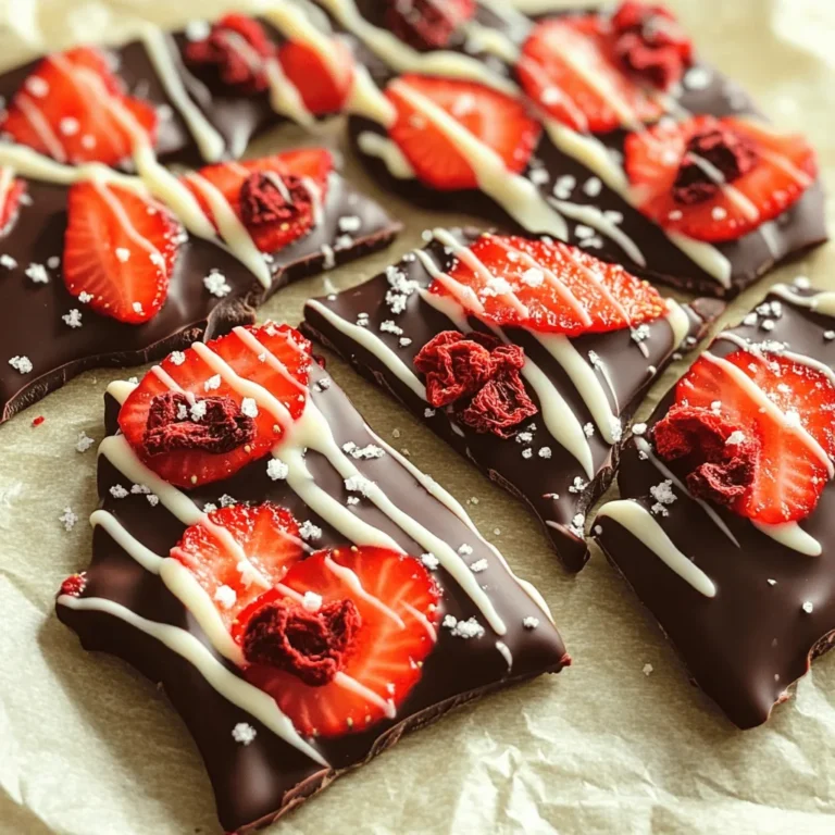 Für die Schokoladenüberzogene Erdbeer-Bark benötigst du einige Hauptzutaten: - 1 Tasse dunkle Schokoladenstückchen - 1 Tasse weiße Schokoladenstückchen - 1 Tasse gefriergetrocknete Erdbeeren, zerdrückt - 1/2 Tasse frische Erdbeeren, in Scheiben geschnitten - Meersalz, zum Garnieren Diese Zutaten sind einfach zu finden und machen das Rezept besonders lecker. Die gefriergetrockneten Erdbeeren bringen einen tollen Crunch und intensiven Erdbeergeschmack. Sie sind leicht und perfekt für das Topping. Die frischen Erdbeeren fügen saftige Süße hinzu. Das Meersalz verstärkt den Geschmack der Schokolade. Diese Kombination macht die Bark einzigartig und köstlich. Ich empfehle, hochwertige Schokolade zu verwenden. Achte darauf, dass die Schokoladenstückchen einen hohen Kakaoanteil haben. Das sorgt für einen tiefen und reichen Geschmack. Bei den frischen Erdbeeren solltest du nach reifen und saftigen Früchten suchen. So wird deine Bark noch besser. Beginnen Sie mit dem Vorbereiten Ihres Backblechs. Nehmen Sie ein Backblech und legen Sie Backpapier darauf. Dies hilft, die Bark später leicht zu lösen. Stellen Sie das Backblech beiseite, während Sie die Schokolade schmelzen. Nehmen Sie eine mikrowellengeeignete Schüssel und fügen Sie die dunklen Schokoladenstückchen hinzu. Stellen Sie die Mikrowelle auf 30 Sekunden ein. Nach der Zeit nehmen Sie die Schüssel heraus und rühren die Schokolade um. Wiederholen Sie dies, bis die Schokolade glatt und flüssig ist. Für die weiße Schokolade verwenden Sie die gleiche Methode. Achten Sie darauf, die Schokolade nicht zu überhitzen. So bleibt sie perfekt cremig. Gießen Sie die geschmolzene dunkle Schokolade auf das Backblech. Streichen Sie die Schokolade gleichmäßig aus, um ein Rechteck zu formen. Legen Sie die frischen Erdbeeren darauf und drücken Sie sie leicht hinein. Jetzt träufeln Sie die weiße Schokolade über die dunkle Schokolade. Streuen Sie die gefriergetrockneten Erdbeeren gleichmäßig darüber. Zum Schluss garnieren Sie die Bark mit etwas Meersalz. Stellen Sie das Backblech für etwa 30 Minuten in den Kühlschrank. Warten Sie, bis die Schokolade fest ist. Dann können Sie die Bark in Stücke brechen und genießen! Ein häufiger Fehler ist, die Schokolade zu heiß zu schmelzen. Schmelzen Sie die Schokolade in kurzen Intervallen. Rühren Sie nach jedem Intervall um. So bleibt die Schokolade glatt und cremig. Ein weiterer Fehler ist, die Erdbeeren nicht richtig hinein zu drücken. Drücken Sie sie leicht in die Schokolade. So halten sie besser und fallen nicht ab. Und vergessen Sie nicht, die Bark im Kühlschrank zu lassen, bis sie fest ist. Meersalz verstärkt den Geschmack der Schokolade. Das Salz bringt die Süße der Schokolade und der Erdbeeren zur Geltung. Streuen Sie das Salz leicht über die Bark, bevor sie fest wird. Es sorgt für ein tolles Zusammenspiel der Aromen. Manchmal kann ein wenig Salz den Unterschied machen. Probieren Sie es aus, und Sie werden sehen! Um die Schokoladenschicht schöner zu machen, verwenden Sie einen Spritzbeutel für die weiße Schokolade. So können Sie ein dekoratives Muster auftragen. Achten Sie darauf, die weiße Schokolade nicht zu dick zu machen. Ein dünner Strang sieht eleganter aus. Zudem können Sie die gefriergetrockneten Erdbeeren gleichmäßig verteilen, um ein ansprechendes Bild zu schaffen. Ein schöner Teller macht das Dessert noch einladender! {{image_4}} Wenn du frische Erdbeeren nicht magst, gibt es viele Alternativen. Du kannst andere Beeren wie Himbeeren oder Blaubeeren verwenden. Auch gefriergetrocknete Bananen sind eine leckere Option. Diese Früchte bringen eine neue Note in die Schokoladenbark. Probiere verschiedene Kombinationen aus, um deinen Favoriten zu finden! Die Schokolade ist der Star dieses Rezepts. Du kannst dunkle, helle oder sogar Ruby-Schokolade nutzen. Jede Sorte hat ihren eigenen Geschmack und Stil. Wenn du etwas Süßeres magst, verwende mehr weiße Schokolade. Wenn du es bitterer willst, nimm mehr dunkle Schokolade. Experimentiere mit verschiedenen Mischungen für deinen eigenen Twist! Um die Bark noch interessanter zu machen, füge verschiedene Toppings hinzu. Nüsse wie Mandeln oder Haselnüsse geben einen tollen Crunch. Du kannst auch Kokosraspeln oder Karamellstückchen verwenden. Ein Hauch von Zimt oder Chili kann eine spannende Würze bringen. Diese kleinen Extras machen deine Schokoladenbark einzigartig und lecker! Um die Schokoladenüberzogene Erdbeer-Bark frisch zu halten, lagern Sie sie in einem kühlen, trockenen Ort. Ideal ist eine Temperatur zwischen 15 und 20 Grad Celsius. Achten Sie darauf, Ihre Bark in einem luftdichten Behälter aufzubewahren. So bleibt der Geschmack und die Textur erhalten. Die Schokoladenbark hält sich etwa zwei Wochen, wenn sie richtig gelagert wird. Achten Sie darauf, sie vor Feuchtigkeit und direkter Sonneneinstrahlung zu schützen. Nach zwei Wochen kann die Bark zwar noch genießbar sein, aber der Geschmack könnte leiden. Für längere Aufbewahrung können Sie die Bark einfrieren. Teilen Sie die Bark in Stücke und legen Sie sie in einen luftdichten Behälter oder einen Gefrierbeutel. Achten Sie darauf, die Luft herauszudrücken. So bleibt die Bark bis zu drei Monate frisch. Wenn Sie sie genießen möchten, lassen Sie die Stücke einfach im Kühlschrank auftauen. Die Schokoladenbark braucht etwa 30 Minuten im Kühlschrank. Diese Zeit hilft der Schokolade, hart zu werden. Ich empfehle, das Blech nicht vorher herauszunehmen. So bleibt alles gleichmäßig fest. Wenn Sie ungeduldig sind, können Sie das Blech auch im Gefrierfach für 10 Minuten kühlen. Achten Sie jedoch darauf, dass die Schokolade nicht zu fest wird. Ja, das ist ganz einfach! Sie können viele andere Früchte verwenden. Zum Beispiel passen Himbeeren, Bananen oder sogar getrocknete Aprikosen gut. Achten Sie darauf, die Früchte dünn zu schneiden. So lassen sie sich besser in die Schokolade drücken. Experimentieren Sie mit verschiedenen Kombinationen für neue Geschmäcker. Ihre Kreativität ist hier gefordert! Fertige Schokoladenbark finden Sie in vielen Supermärkten oder online. Achten Sie auf die Süßwarenabteilung. Einige Feinkostläden haben auch spezielle Varianten. Wenn Sie etwas Einzigartiges suchen, schauen Sie in Online-Shops. Dort gibt es oft handgemachte Optionen. Prüfen Sie die Zutatenliste, um sicherzustellen, dass die Qualität stimmt. In diesem Blogbeitrag haben wir alles behandelt, was Sie wissen müssen, um köstliche Schokoladenüberzogene Erdbeer-Bark zu machen. Wir haben die besten Zutaten besprochen und Tipps gegeben, um häufige Fehler zu vermeiden. Auch Variationen und Aufbewahrungshinweise sind wichtig. Jetzt sind Sie bereit, Ihre eigene Bark herzustellen! Genießen Sie das süße Ergebnis und experimentieren Sie mit verschiedenen Zutaten. Viel Spaß beim Schmelzen und Kreieren!