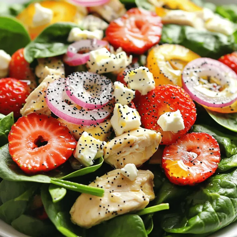 - 2 Tassen frischer Babyspinat - 1 Tasse Erdbeeren, entstielt und in Scheiben geschnitten - 1 Tasse gekochte Hähnchenbrust, gewürfelt Die Hauptzutaten sind frisch und gesund. Babyspinat bringt eine schöne Farbe und einen milden Geschmack. Erdbeeren machen den Salat süß und fruchtig. Die Hähnchenbrust sorgt für Proteine und macht den Salat sättigender. - 1/4 Tasse rote Zwiebel, dünn geschnitten - 1/4 Tasse zerbröckelter Feta-Käse - 2 Esslöffel Mohnsamen Die rote Zwiebel gibt einen knackigen Biss und etwas Schärfe. Feta-Käse fügt eine salzige Note hinzu. Mohnsamen bringen einen feinen Crunch und sind sehr gesund. - 3 Esslöffel Olivenöl - 1 Esslöffel Balsamico-Essig - 1 Esslöffel Honig Das Dressing verbindet alles. Olivenöl macht es samtig. Balsamico-Essig bringt eine süß-säuerliche Note. Honig rundet den Geschmack ab. Mit etwas Salz und Pfeffer wird das Dressing perfekt. Zuerst waschen Sie den Babyspinat und die Erdbeeren gut. Dies entfernt Schmutz und Bakterien. Schneiden Sie die Erdbeeren in dünne Scheiben. Nehmen Sie dann die gekochte Hähnchenbrust und würfeln Sie sie in kleine Stücke. Dies sorgt für gleichmäßige Portionen im Salat. Um das Dressing zu machen, nehmen Sie eine kleine Schüssel. Geben Sie das Olivenöl, den Balsamico-Essig und den Honig hinein. Fügen Sie etwas Salz und Pfeffer hinzu. Verrühren Sie alles gut, bis die Mischung glatt ist. Dies sorgt für einen tollen Geschmack. Nehmen Sie eine große Salatschüssel. Geben Sie nun den gewaschenen Babyspinat, die geschnittenen Erdbeeren, die gewürfelte Hähnchenbrust und die rote Zwiebel hinzu. Mischen Sie alles gut. Gießen Sie das Dressing gleichmäßig über den Salat. Heben Sie die Zutaten vorsichtig an, damit alles gut bedeckt ist. Zum Schluss bestreuen Sie den Salat mit zerbröckeltem Feta-Käse und Mohnsamen. Das gibt einen schönen Crunch und zusätzlichen Geschmack. Servieren Sie den Salat sofort oder lassen Sie ihn kurz im Kühlschrank ruhen, um die Aromen zu verbinden. - Hähnchen richtig kochen: Kochen Sie das Hähnchen in leicht gesalzenem Wasser. Achten Sie darauf, es nicht zu lange zu garen. Optimal ist eine Kerntemperatur von 75 Grad Celsius. Lassen Sie das Hähnchen nach dem Kochen kurz ruhen, bevor Sie es würfeln. So bleibt es saftig. - Dressing anpassen für persönlichen Geschmack: Probieren Sie, das Dressing nach Ihrem Geschmack zu ändern. Fügen Sie mehr Honig für Süße oder mehr Essig für Säure hinzu. Experimentieren Sie mit Kräutern wie Basilikum oder Dill für frische Aromen. - Mit zusätzlichen Toppings garnieren: Verleihen Sie dem Salat das gewisse Etwas. Garnieren Sie ihn mit ganzen Erdbeeren oder einem Spritzer Balsamico-Glasur. Auch geröstete Nüsse bieten einen knusprigen Biss. - Sofortige vs. gekühlte Servierung: Servieren Sie den Salat sofort, um die Frische zu genießen. Wenn Sie ihn kühlen, lassen Sie ihn etwa 10 Minuten im Kühlschrank. So verbinden sich die Aromen besser, ohne dass die Zutaten matschig werden. - Kalorien pro Portion: Eine Portion hat etwa 250 Kalorien. Dies macht den Salat zu einer leichten, aber sättigenden Wahl. - Vitamine und Mineralien im Salat: Der Salat ist reich an Vitamin A, C und K. Auch Folsäure und Kalium sind enthalten. Diese Nährstoffe unterstützen Ihr Immunsystem und Ihre Gesundheit. {{image_4}} Wenn Sie eine vegetarische Version des Salats wünschen, können Sie das Hähnchen durch Kichererbsen ersetzen. Kichererbsen sind reich an Proteinen und Ballaststoffen. Sie geben dem Salat eine schöne Textur und fügen einen nussigen Geschmack hinzu. Verwenden Sie eine Tasse gekochte Kichererbsen, um den Salat zu füllen. Diese Option macht den Salat nahrhaft und sättigend. Um den Salat noch interessanter zu gestalten, können Sie einige zusätzliche Zutaten hinzufügen. Nüsse oder Samen bringen Crunch und gesunde Fette. Walnüsse oder Mandeln sind großartige Optionen. Sie fügen nicht nur Geschmack hinzu, sondern auch wichtige Nährstoffe. Außerdem können Sie andere Beeren verwenden. Himbeeren oder Heidelbeeren passen perfekt zu Erdbeeren und bringen frische Aromen. Das Dressing kann leicht angepasst werden, um verschiedene Geschmäcker zu treffen. Statt Balsamico-Essig können Sie Apfelessig oder Zitronensaft verwenden. Diese Optionen geben dem Salat eine neue Note. Auch die Süße des Dressings lässt sich variieren. Anstelle von Honig können Sie Agavensirup oder Ahornsirup nutzen. Diese kleinen Änderungen machen einen großen Unterschied im Geschmack. Um den Erdbeer-Spinat-Mohnsalat mit Hähnchen frisch zu halten, lege ihn in den Kühlschrank. Verwende eine luftdichte Schüssel. So bleiben die Aromen und die Textur erhalten. Der Salat sollte am besten innerhalb von zwei Tagen gegessen werden. Um matschige Zutaten zu vermeiden, lagere die Zutaten separat. Halte die Erdbeeren und den Spinat in eigenen Behältern. Das verhindert, dass Feuchtigkeit den Salat weich macht. Auch das Hähnchen sollte getrennt aufbewahrt werden, um die Frische zu bewahren. Für eine spätere Verwendung kannst du die Zutaten im Voraus vorbereiten. Wasche den Spinat und die Erdbeeren, bevor du sie lagerst. Schneide die Zwiebel und das Hähnchen, aber mische sie nicht mit dem Dressing. So bleibt alles knackig und frisch. Der Salat bleibt im Kühlschrank etwa zwei Tage frisch. Achte darauf, ihn in einem luftdichten Behälter zu lagern. So vermeidest du, dass er matschig wird. Die Zutaten verlieren jedoch schnell ihre Frische, besonders die Erdbeeren. Es ist am besten, den Salat frisch zu genießen. Ja, du kannst das Rezept anpassen. Wenn du Allergien hast, ersetze die Zutaten nach Bedarf. Zum Beispiel kannst du die Hähnchenbrust durch Kichererbsen ersetzen, um einen vegetarischen Salat zu machen. Wenn du auf Feta reagierst, kannst du Ziegenkäse verwenden oder ihn ganz weglassen. Zu diesem Salat passen viele Beilagen gut. Ein knuspriges Baguette oder Vollkornbrot ist eine tolle Wahl. Du könntest auch eine leichte Suppe servieren. Ein frischer Obstteller ergänzt den Salat perfekt. Dieser Salat ist einfach und lecker. Wir haben Babyspinat, Erdbeeren und Hähnchenbrust. Dazu kommen rote Zwiebeln, Feta-Käse und Mohnsamen. Das Dressing aus Olivenöl, Balsamico und Honig bringt alles zusammen. Mit unseren Tipps kannst du die Zubereitung leicht anpassen. Die Variationen bieten dir viele Optionen. Lagere deinen Salat richtig, um die Frische zu bewahren. Probiere diesen Salat aus und genieße gesunde Geschmackskombinationen.