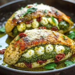 - 4 Hähnchenbrustfilets, ohne Haut und Knochen - 1 Tasse frischer Basilikum-Pesto - 225 g frischer Mozzarella, in Scheiben geschnitten - 125 g getrocknete Tomaten in Öl, gehackt - 1 Tasse frische Spinatblätter - 1 Teelöffel Knoblauchpulver - 1 Teelöffel Salz - 1/2 Teelöffel schwarzer Pfeffer - 2 Esslöffel Olivenöl - 1/4 Tasse geriebener Parmesan zum Bestreuen Ich liebe die frischen Zutaten in diesem Rezept. Sie bringen viel Geschmack. Der Basilikum-Pesto ist der Star hier. Er ist frisch und gibt dem Hähnchen eine tolle Note. Der Mozzarella schmilzt perfekt und macht das Gericht cremig. Die getrockneten Tomaten fügen eine süße Tiefe hinzu. Spinat bringt Farbe und gesunde Nährstoffe. - Scharfes Messer - Schneidebrett - Große, ofenfeste Pfanne - Zahnstochern oder Küchengarn Das richtige Kochzubehör ist wichtig. Ein scharfes Messer hilft dir, die Taschen in die Hähnchenbrust zu schneiden. Eine große Pfanne sorgt dafür, dass das Hähnchen gleichmäßig brät und backt. Zahnstochern oder Küchengarn halten die Füllung sicher. - Wähle hellgrünen Basilikum ohne braune Blätter. - Achte auf frischen Mozzarella, der weich und feucht ist. - Getrocknete Tomaten sollten in Öl eingelegt sein und weich sein. - Spinatblätter müssen frisch und knackig sein. Frische Zutaten machen einen großen Unterschied. Sie bringen mehr Geschmack und Nährstoffe. Wenn du die besten Zutaten auswählst, wird dein Gericht noch besser. Um die Hähnchenbrust richtig vorzubereiten, brauche ich zuerst die Hähnchenbrustfilets. Tupfen Sie die Filets mit einem Küchentuch trocken. Legen Sie sie dann auf ein Schneidebrett. Mit einem scharfen Messer schneide ich eine Tasche in die dickere Seite jeder Brust. Achten Sie darauf, das Fleisch nicht ganz durchzuschneiden. Jetzt würzen Sie die Innenseite und die Außenseite der Hähnchenbrust mit Knoblauchpulver, Salz und Pfeffer. Das gibt Geschmack. Für die Füllung nehme ich frisches Basilikum-Pesto. Geben Sie etwa zwei Esslöffel Pesto in jede Tasche der Hähnchenbrust. Dann schichte ich die Mozzarella-Scheiben darauf. Fügen Sie die gehackten getrockneten Tomaten und eine Handvoll frischer Spinatblätter hinzu. Diese Mischung sorgt für einen tollen Geschmack und Farbe. Um die Füllung zu sichern, verwenden Sie Zahnstochern oder Küchengarn, um die Öffnungen zu schließen. Ich erhitze Olivenöl in einer großen, ofenfesten Pfanne bei mittlerer bis hoher Hitze. Sobald das Öl heiß ist, füge ich die gefüllten Hähnchenbrustfilets hinzu. Braten Sie sie etwa vier bis fünf Minuten auf jeder Seite an, bis sie goldbraun sind. Das sieht appetitlich aus! Bestreuen Sie die Hähnchenbrust mit geriebenem Parmesan. Jetzt stelle ich die Pfanne in den vorgeheizten Ofen und backe die Hähnchenbrust 20 bis 25 Minuten. Achten Sie darauf, dass das Hähnchen eine Innentemperatur von 74°C erreicht. Nach dem Backen lasse ich das Hähnchen fünf Minuten ruhen, bevor ich es in Scheiben schneide. So bleibt der Käse schön geschmolzen. Servieren Sie die Hähnchenbrust warm mit dem restlichen Pesto. Die Garzeit für Hähnchen kann variieren. Bei 190°C backen Sie die gefüllte Hähnchenbrust etwa 20-25 Minuten. Die Innentemperatur sollte 74°C erreichen. Nutzen Sie ein Fleischthermometer für beste Ergebnisse. Lassen Sie das Hähnchen nach dem Garen fünf Minuten ruhen. So bleibt der Käse schön schmelzig. Frisches Pesto hat einen helleren Geschmack. Es bringt das Aroma des Basilikums gut zur Geltung. Eingelegtes Pesto kann intensiver sein. Es hat oft mehr Öl und Gewürze, was einen anderen Geschmack ergibt. Nutzen Sie frisches Pesto, wenn Sie eine leichte Note bevorzugen. Eingelegtes Pesto eignet sich gut für einen kräftigen Geschmack. Servieren Sie die Hähnchenbrust warm. Schneiden Sie sie in Scheiben, damit die Füllung sichtbar wird. Geben Sie einen Löffel Pesto darüber für mehr Geschmack. Ein frischer grüner Salat und knuspriges Brot passen perfekt dazu. Diese Kombination macht das Gericht noch besser. {{image_4}} Wenn du die Füllung ändern möchtest, gibt es viele Optionen. Du kannst zum Beispiel Feta-Käse anstelle von Mozzarella verwenden. Feta bringt einen salzigen Geschmack und eine tolle Textur. Eine andere gute Füllung ist Ricotta mit frischen Kräutern. Das macht das Hähnchen sehr cremig und aromatisch. Du kannst auch Gemüse wie Paprika oder Zucchini hinzufügen. Achte darauf, sie klein zu schneiden, damit sie gut in die Tasche passen. Eine Mischung aus verschiedenen Käsesorten kann ebenfalls spannend sein. Probiere zum Beispiel eine Mischung aus Gouda und Parmesan. Für eine vegane Variante, nimm Hähnchenbrust aus Soja oder Seitan. Fülle die Tasche mit veganem Käse und Pesto, das ohne Käse ist. Du kannst auch Spinat und Pilze als Füllung verwenden. Diese Mischung ist gesund und lecker. Vegetarier können die Hähnchenbrust ganz weglassen. Ersetze sie durch große Portobello-Pilze. Fülle die Pilze mit Pesto, Spinat und Käse. Das ergibt ein tolles Gericht, das reich an Geschmack ist. Zu Pesto Mozzarella gefüllter Hähnchenbrust passen viele Beilagen. Ein frischer grüner Salat ist immer eine gute Wahl. Er bringt Frische und Leichtigkeit. Auch knuspriges Brot oder Ciabatta ist perfekt, um die Soße aufzunehmen. Wenn du etwas Warmes möchtest, sind geröstete Gemüse ideal. Karotten, Zucchini oder Paprika passen gut. Sie bringen Farbe und Geschmack auf den Teller. Reis oder Quinoa sind ebenfalls tolle Beilagen. Sie sind nahrhaft und ergänzen das Hähnchen gut. Wenn Sie Reste von der Pesto Mozzarella gefüllten Hähnchenbrust haben, bewahren Sie sie im Kühlschrank auf. Legen Sie die Hähnchenbrust in einen luftdichten Behälter. So bleibt das Gericht frisch. Reste sind bis zu drei Tage haltbar. Vor dem Servieren sollten Sie die Hähnchenbrust gut aufwärmen. Sie können die gefüllte Hähnchenbrust auch einfrieren. Wickeln Sie die Hähnchenbrust in Frischhaltefolie und legen Sie sie in einen Gefrierbeutel. Achten Sie darauf, die Luft herauszudrücken. So bleibt das Hähnchen bis zu drei Monate frisch. Zum Auftauen legen Sie die Hähnchenbrust über Nacht in den Kühlschrank. Um die Hähnchenbrust wieder zu erwärmen, heizen Sie den Ofen auf 180°C vor. Legen Sie die Hähnchenbrust in eine Auflaufform. Bedecken Sie sie mit Alufolie, damit sie nicht austrocknet. Erwärmen Sie sie etwa 20 Minuten lang oder bis sie heiß ist. Alternativ können Sie die Hähnchenbrust in der Mikrowelle erwärmen. Achten Sie darauf, sie in kurzen Intervallen zu erhitzen, um eine Überhitzung zu vermeiden. Gefüllte Hähnchenbrust bleibt im Kühlschrank etwa drei bis vier Tage frisch. Stellen Sie sicher, dass Sie das Hähnchen in einem luftdichten Behälter aufbewahren. Das sorgt dafür, dass die Aromen nicht verloren gehen. Wenn Sie die Hähnchenbrust länger aufbewahren möchten, frieren Sie sie einfach ein. In der Tiefkühltruhe bleibt sie bis zu drei Monate gut. Ja, Sie können dieses Rezept mit verschiedenen Fleischsorten ausprobieren. Pute ist eine gute Wahl, da sie ähnlich wie Hähnchen ist. Auch Schweinefleisch schmeckt köstlich mit der gleichen Füllung. Achten Sie jedoch darauf, die Garzeiten anzupassen, damit das Fleisch gut durchgegart wird. Verschiedene Beilagen passen gut zu dieser gefüllten Hähnchenbrust. Ein frischer grüner Salat bietet einen schönen Kontrast. Auch knuspriges Brot ist eine tolle Ergänzung. Wenn Sie es herzhaft mögen, probieren Sie gebratene Kartoffeln oder Gemüse. Diese Beilagen runden Ihr Gericht perfekt ab. Pesto Mozzarella gefüllte Hähnchenbrust ist ein einfaches und schmackhaftes Gericht. Wir haben die besten Zutaten, die Zubereitung und nützliche Tipps besprochen. Experimentiere mit Füllungen und Beilagen, um deine Kreation zu verfeinern. Denke daran, frische Zutaten zu wählen, um den besten Geschmack zu erzielen. Bewahre Reste richtig auf und genieße die Vielseitigkeit dieses Gerichts. Egal, ob du es zum ersten Mal kochst oder als erfahrener Koch, dieses Rezept bietet dir viele Möglichkeiten. Viel Spaß beim Ausprobieren!