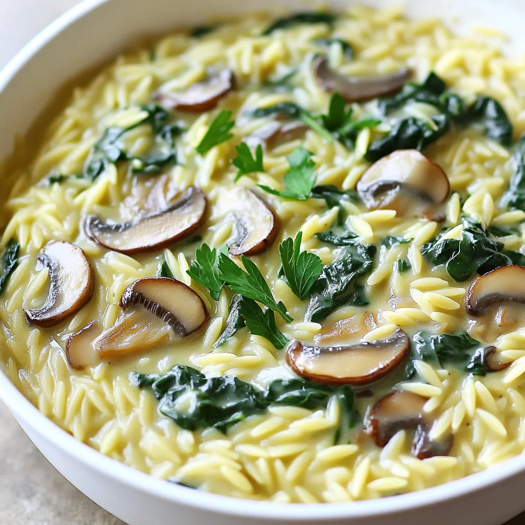 Für die Pilz-Spinat-Orzo-Pfanne brauchen wir: - 1 Tasse Orzo-Pasta - 2 Esslöffel Olivenöl - 1 mittlere Zwiebel, gewürfelt - 2 Zehen Knoblauch, fein gehackt - 225 Gramm Cremini-Pilze, in Scheiben geschnitten - 4 Tassen frischer Spinat - 500 ml Gemüsebrühe - 240 ml Schlagsahne oder Kokoscreme für eine leichtere Option - 1/2 Teelöffel getrockneter Thymian - 1/2 Teelöffel Salz - 1/4 Teelöffel schwarzer Pfeffer - 1/2 Tasse geriebener Parmesan (oder Hefeflocken für eine vegane Option) - Frische Petersilie, gehackt zum Garnieren Diese Zutaten machen die Mahlzeit reichhaltig und lecker. Die Orzo-Pasta nimmt die Aromen gut auf. Die Pilze und der Spinat bringen Frische und Farbe. Wenn du eine vegane Option möchtest, ersetze die Schlagsahne durch Kokoscreme. Du kannst auch Hefeflocken statt Parmesan nutzen. Diese Flocken geben einen tollen, käsigen Geschmack. Falls du glutenfrei kochen möchtest, wähle glutenfreie Orzo-Pasta. So bleibt das Gericht für alle geeignet. Die Kombination aus Thymian, Salz und Pfeffer bringt die Aromen hervor. Du kannst auch frische Kräuter wie Basilikum oder Oregano hinzufügen. Diese Kräuter geben dem Gericht mehr Tiefe und frischen Geschmack. Diese Zutaten sind einfach zu finden und bringen viel Freude beim Kochen. Die Pilz-Spinat-Orzo-Pfanne ist schnell zubereitet und macht jeden satt. Um die Pilz-Spinat-Orzo-Pfanne zuzubereiten, beginne mit der Vorbereitung der Zutaten. Du brauchst: - 1 Tasse Orzo-Pasta - 2 Esslöffel Olivenöl - 1 mittlere Zwiebel, gewürfelt - 2 Zehen Knoblauch, fein gehackt - 225 Gramm Cremini-Pilze, in Scheiben geschnitten - 4 Tassen frischer Spinat - 500 ml Gemüsebrühe - 240 ml Schlagsahne oder Kokoscreme - 1/2 Teelöffel getrockneter Thymian - 1/2 Teelöffel Salz - 1/4 Teelöffel schwarzer Pfeffer - 1/2 Tasse geriebener Parmesan - Frische Petersilie zum Garnieren Sorge dafür, dass alles bereit ist, bevor du beginnst. Das macht den Kochprozess einfacher. Erhitze in einer großen Pfanne das Olivenöl bei mittlerer Hitze. Füge die gewürfelte Zwiebel hinzu. Brate sie etwa 2-3 Minuten an, bis sie weich und durchsichtig ist. Dann gib den Knoblauch und die Pilze dazu. Brate alles für 5-7 Minuten. Rühre gelegentlich um, bis die Pilze schön braun sind. Diese Mischung gibt der Pfanne viel Geschmack. Jetzt kommt die Orzo-Pasta ins Spiel. Gib sie in die Pfanne und röste sie 1-2 Minuten mit der Pilzmischung. Das gibt der Pasta einen tollen Geschmack. Gieße dann die Gemüsebrühe in die Pfanne. Füge getrockneten Thymian, Salz und Pfeffer hinzu. Lass alles zum Köcheln bringen. Decke die Pfanne ab und koche die Mischung 10-12 Minuten lang. Rühre zwischendurch um, damit die Pasta nicht kleben bleibt. Wenn die Orzo-Pasta weich ist, füge den frischen Spinat und die Schlagsahne hinzu. Rühre gut um, bis der Spinat verwelkt ist. Zum Schluss streue den geriebenen Parmesan hinein und rühre weiter, bis die Mischung cremig ist. Die Kochzeit für Orzo ist wichtig. Normalerweise dauert es 10 bis 12 Minuten, um es zart zu machen. Achte darauf, dass du die Pasta in die Brühe gibst, wenn sie sprudelnd kocht. Rühre gelegentlich um, damit sie nicht anklebt. Wenn die Orzo fertig ist, sollte sie al dente sein, also leicht fest. Frischer Spinat ist eine großartige Wahl für dieses Rezept. Er bringt Farbe und Nährstoffe. Wasche den Spinat gründlich, um den Sand zu entfernen. Füge ihn erst am Ende der Kochzeit hinzu. So bleibt er frisch und knackig. Wenn du magst, kannst du auch Babyspinat verwenden. Er hat einen milderen Geschmack und verwelkt schnell. Du kannst das Rezept leicht anpassen. Füge mehr Gemüse hinzu, wie Paprika oder Erbsen. Experimentiere mit verschiedenen Käsesorten, um den Geschmack zu variieren. Wenn du eine vegane Option möchtest, ersetze die Schlagsahne durch Kokoscreme. Du kannst auch Hefeflocken statt Parmesan verwenden. Sei kreativ und finde deine eigene perfekte Mischung! {{image_4}} Eine gute Idee für die Pilz-Spinat-Orzo-Pfanne ist, andere Gemüse hinzuzufügen. Sie können Zucchini, Paprika oder Brokkoli nutzen. Diese Gemüsesorten bringen Farbe und Geschmack. Schneiden Sie sie einfach klein und braten Sie sie zusammen mit der Zwiebel an. So wird das Gericht noch gesünder und bunter. Wenn Sie mehr Protein möchten, fügen Sie Hähnchen oder Garnelen hinzu. Braten Sie das Fleisch zuerst in der Pfanne an, bevor Sie die Zwiebel und das Gemüse hinzufügen. Für eine pflanzliche Option können Sie Kichererbsen oder Linsen verwenden. Diese geben dem Gericht einen schönen Biss und sind sehr nahrhaft. Möchten Sie das Rezept vegan machen? Verwenden Sie einfach Kokoscreme und Hefeflocken anstelle von Schlagsahne und Parmesan. Für eine glutenfreie Version tauschen Sie die Orzo-Pasta gegen glutenfreie Pasta aus. So bleibt der Geschmack gleich, und jeder kann das Gericht genießen. Um die Reste der cremigen Pilz-Spinat-Orzo-Pfanne richtig zu lagern, lasse das Gericht zuerst abkühlen. Danach fülle es in einen luftdichten Behälter. Das hilft, die Frische zu bewahren. Du kannst die Reste im Kühlschrank aufbewahren. Achte darauf, sie innerhalb von drei bis vier Tagen zu essen. Wenn du die Reste aufwärmen möchtest, gib sie in eine Pfanne. Füge einen kleinen Schuss Gemüsebrühe oder Wasser hinzu. Das hilft, die Mischung feucht zu halten. Erhitze das Ganze bei mittlerer Hitze. Rühre oft um, bis es gleichmäßig warm ist. Du kannst auch frischen Spinat oder Käse hinzufügen, um den Geschmack zu verbessern. Im Kühlschrank bleibt die Pilz-Spinat-Orzo-Pfanne drei bis vier Tage frisch. Wenn du sie länger aufbewahren möchtest, kannst du sie einfrieren. Fülle die Orzo-Pfanne in gefriergeeignete Behälter. So bleibt sie bis zu drei Monate haltbar. Denke daran, sie vor dem Essen über Nacht im Kühlschrank auftauen zu lassen. Die Zubereitung der Pilz-Spinat-Orzo-Pfanne dauert etwa 30 Minuten. Die Vorbereitungszeit beträgt nur 10 Minuten. Du brätst zuerst Zwiebeln und Knoblauch an, dann kommen die Pilze dazu. Danach fügst du die Orzo-Pasta und Gemüsebrühe hinzu. Das Kochen dauert 10-12 Minuten. Ja, du kannst frische Kräuter verwenden. Frischer Thymian, Basilikum oder Petersilie bringen noch mehr Geschmack. Die Menge sollte halbiert werden, da frische Kräuter stärker sind. Füge sie am Ende des Kochvorgangs hinzu, um die Aromen zu erhalten. Ja, dieses Rezept eignet sich gut für Meal Prep. Du kannst die Pilz-Spinat-Orzo-Pfanne im Voraus zubereiten. Teile sie in Portionen auf und lagere sie im Kühlschrank. So hast du leckere, gesunde Mahlzeiten für die Woche. Erwärme sie einfach in der Mikrowelle oder in einer Pfanne. Die Pilz-Spinat-Orzo-Pfanne ist einfach zuzubereiten und lecker. Wir haben die Hauptzutaten, Gewürze und Anpassungen besprochen. Du kannst das Rezept leicht nach deinem Geschmack anpassen und mit verschiedenen Gemüsesorten oder Proteinquellen spielen. Denke außerdem daran, die Reste richtig zu lagern und aufzubewahren. Dieses Gericht eignet sich hervorragend für Meal Prep und ist vielseitig. Probiere es aus, um neue Geschmäcker zu entdecken und dein Essen zu bereichern.