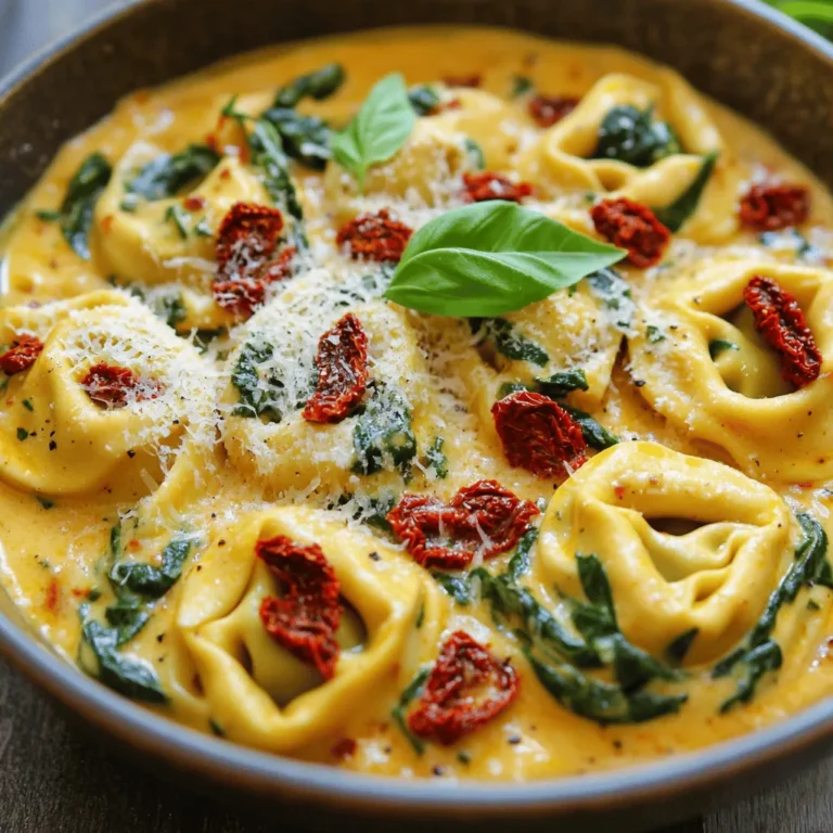 - 340 g Käse-Tortellini (frisch oder gefroren) - 240 ml sonnengetrocknete Tomaten (in Öl eingelegt, abgetropft und gehackt) - 200 g frischer Spinat - 120 ml Sahne - 50 g geriebener Parmesan - 3 Knoblauchzehen (gehackt) - 30 ml Olivenöl - 1 Teelöffel getrocknete italienische Kräuter (Oregano, Thymian oder Basilikum) - Salz und Pfeffer nach Geschmack Die Hauptzutaten für dein Gericht sind einfach und lecker. Käse-Tortellini sorgt für eine cremige Basis. Die sonnengetrockneten Tomaten geben einen intensiven Geschmack. Frischer Spinat bringt Farbe und Nährstoffe. Für die weiteren Zutaten brauchst du Sahne, die das Gericht wunderbar cremig macht. Geriebener Parmesan fügt einen tollen Käsegeschmack hinzu. Knoblauch verleiht dem Gericht ein herzhaftes Aroma, das du lieben wirst. Die Gewürze und Öle sind wichtig für den Geschmack. Olivenöl sorgt für eine schöne Textur beim Anbraten. Italienische Kräuter bringen das Aroma der Sonne in dein Essen. Salz und Pfeffer runden alles ab. Mit diesen Zutaten bereitest du eine schnelle und köstliche Mahlzeit zu. Sie sind leicht zu finden und machen das Kochen einfach und spaßig. - Bringe in einem großen Topf gesalzenes Wasser zum Kochen. - Koche die Tortellini gemäß der Packungsanweisung al dente. - Gieße die Tortellini ab und lege sie beiseite. - Erhitze das Olivenöl in einer großen Pfanne bei mittlerer Hitze. - Füge den gehackten Knoblauch hinzu und brate ihn etwa 30 Sekunden. - Gib die gehackten sonnengetrockneten Tomaten dazu und brate sie 1-2 Minuten. - Gieße die Sahne in die Pfanne und füge die italienischen Kräuter hinzu. - Rühre gut um und lasse die Mischung 3-4 Minuten köcheln. - Die Sauce sollte leicht eindicken. - Hebe den frischen Spinat vorsichtig unter. - Mische die gekochten Tortellini darunter. - Stelle sicher, dass die Tortellini gut mit der Sauce bedeckt sind. - Streue den geriebenen Parmesan ein und rühre ihn ein. - Schmecke mit Salz und Pfeffer ab. - Nimm die Pfanne vom Herd, wenn alles gut durchgewärmt ist. - Richte das Gericht in flachen Schalen an. - Garniere mit frischen Basilikumblättern und etwas Parmesan. - Tortellini richtig garen: Kochen Sie die Tortellini in gesalzenem Wasser. Halten Sie sich an die Packungsanweisungen, um sie al dente zu kochen. So bleiben sie bissfest und lecker. - Perfekte Konsistenz der Sauce: Gießen Sie die Sahne in die Pfanne und lassen Sie sie köcheln. Rühren Sie gut um, bis die Sauce leicht eindickt. Dies sorgt für eine cremige Textur, die gut zu den Tortellini passt. - Servieren in flachen Schalen: Verwenden Sie flache Schalen, um das Gericht anzurichten. So sieht es ansprechend aus und jeder kann leicht zugreifen. - Garnitur mit frischem Basilikum: Frische Basilikumblätter machen das Gericht schön und frisch. Streuen Sie einige Blätter darüber, um Farbe und Aroma hinzuzufügen. - Verwendung von frischen Kräutern: Frische Kräuter bringen mehr Geschmack. Fügen Sie einige Blätter Basilikum oder Thymian hinzu, um den Geschmack zu intensivieren. - Zusätzliche Gewürzvariationen: Experimentieren Sie mit Gewürzen! Fügen Sie etwas Chili hinzu, wenn Sie es scharf mögen, oder nutzen Sie geräuchertes Paprikapulver für einen anderen Geschmack. {{image_4}} Für eine vegetarische Variante dieses Gerichts kann man verschiedene Alternativen zu Tortellini wählen. Zum Beispiel sind gefüllte Ravioli oder selbstgemachte Teigtaschen sehr lecker. Diese Optionen bieten neue Texturen und Geschmäcker. Man kann auch andere Gemüsesorten hinzufügen. Zucchini, Paprika oder Pilze sind tolle Ergänzungen. Sie sorgen für mehr Farbe und Nährstoffe in dem Gericht. Darüber hinaus bringen sie frische Aromen ins Spiel. Wenn du mehr Protein möchtest, füge Hähnchen oder Garnelen hinzu. Diese Zutaten passen gut zu den sonnengetrockneten Tomaten und dem Spinat. Koche sie vor dem Hinzufügen in der Pfanne an, um sie zart und saftig zu halten. Hülsenfrüchte sind eine weitere gute Option. Kichererbsen oder weiße Bohnen liefern viel Protein und Ballaststoffe. Einfach gut abspülen und in die Pfanne geben. So machst du das Gericht nahrhafter. Für glutenfreie Varianten gibt es spezielle glutenfreie Tortellini im Handel. Diese sind oft genauso schmackhaft wie die klassischen. Achte darauf, dass sie gut gekocht werden, da sie anders garen können. Alternativ kannst du andere Nudelvarianten verwenden. Zucchini-Nudeln oder Quinoa-Nudeln sind fantastische Optionen. Diese bringen gesunde Nährstoffe mit und passen gut zu der cremigen Sauce. Lagern Sie die Reste in einem luftdichten Behälter. So bleibt die Frische erhalten. Im Kühlschrank halten die Reste etwa 3 bis 4 Tage. Achten Sie darauf, dass sie gut abgekühlt sind, bevor Sie sie verstauen. Die besten Methoden zum Aufwärmen sind die Mikrowelle oder die Pfanne. In der Mikrowelle stellen Sie die Leistung auf mittel. Erhitzen Sie das Gericht für 1 bis 2 Minuten. In der Pfanne erhitzen Sie das Gericht bei mittlerer Hitze. Fügen Sie einen kleinen Schuss Sahne oder Wasser hinzu, um die Textur zu verbessern. So bleibt das Gericht cremig und lecker. Zum Einfrieren füllen Sie die Tortellini in einen gefriergeeigneten Behälter. Lassen Sie etwas Platz für die Ausdehnung. So bleibt die Qualität beim Auftauen gut. Um aufzutauen, stellen Sie den Behälter über Nacht in den Kühlschrank. Zum Erwärmen können Sie die Mikrowelle oder die Pfanne verwenden. Achten Sie darauf, dass das Gericht gleichmäßig erhitzt wird. Die Zubereitung dauert insgesamt 20 Minuten. Die Vorbereitungszeit beträgt etwa 10 Minuten. Diese Zeit reicht, um die Zutaten zu sammeln und die Tortellini zu kochen. Das Kochen der Tortellini selbst dauert nur etwa 5-7 Minuten. Das Anbraten der anderen Zutaten und das Mischen nehmen dann etwa 10-12 Minuten in Anspruch. So bleibt dir viel Zeit für den Genuss! Ja, du kannst frische Tomaten verwenden. Sie geben dem Gericht einen anderen Geschmack und eine schöne Frische. Achte darauf, die frischen Tomaten gut zu würfeln. Du kannst sie in der Pfanne anbraten, bevor du die Sahne hinzufügst. Dies kann die Konsistenz der Sauce leicht verändern, aber es bleibt köstlich. Zu diesem Gericht passen viele Beilagen gut. Ein einfacher grüner Salat bringt Frische. Knuspriges Brot ist ideal, um die Sauce aufzutunken. Auch ein paar gegrillte Zucchini oder Paprika machen sich gut. Diese Beilagen ergänzen die Aromen des Gerichts perfekt. Ja, dieses Gericht ist kinderfreundlich. Die Tortellini sind weich und leicht zu essen. Du kannst die Menge an Knoblauch oder Gewürzen anpassen, um es milder zu machen. Außerdem kannst du den Spinat pürieren, wenn deine Kinder das mögen. So wird es noch einfacher für sie, das Gemüse zu genießen. Am Ende haben wir eine leckere Tortellini-Sauce mit einfachen Zutaten. Wir kochten die Tortellini, braten Knoblauch und Tomaten an und machten eine cremige Sauce. Es gibt viele Wege, das Gericht zu variieren. Ob vegetarisch, proteinreich oder glutenfrei, jeder findet eine Option. Reste lassen sich gut lagern und schnell aufwärmen. Diese Tortellini sind perfekt für jedes Abendessen. Probiere es aus und genieße jeden Biss.