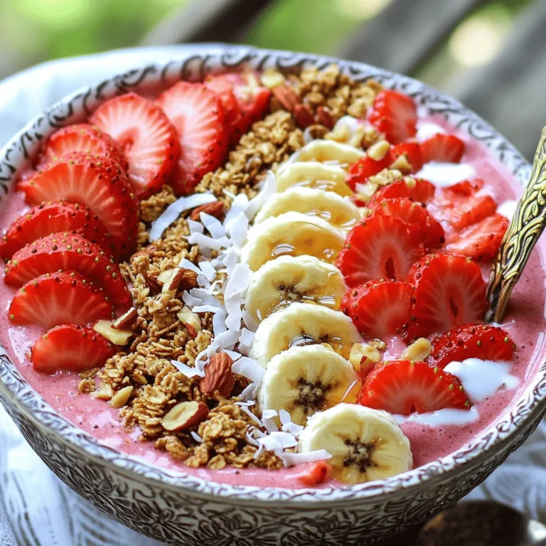 Die Erdbeerkuchen-Smoothie-Bowl ist ein echter Genuss. Die Zutaten sind einfach und gesund. Hier sind die Hauptbestandteile: - 1 ½ Tassen gefrorene Erdbeeren - 1 Banane, in Scheiben geschnitten - 1 Tasse ungesüßte Mandelmilch (oder jede Milch deiner Wahl) - 1 Portion Vanille-Protein-Pulver - ¼ Teelöffel Vanilleextrakt - 2 Esslöffel Mandelbutter (oder jede Nussbutter) Diese Zutaten geben dir den perfekten Energieschub. Die gefrorenen Erdbeeren sorgen für eine fruchtige Basis. Die Banane macht alles schön cremig. Mandelmilch gibt einen milden Geschmack. Das Protein-Pulver hilft dir, stark zu bleiben. Wenn du keine Erdbeeren magst, nutze andere Früchte. Himbeeren oder Blaubeeren passen gut. Für die Banane kannst du auch Avocado verwenden. Die Mandelmilch kannst du durch Soja- oder Hafermilch ersetzen. Wenn du kein Protein-Pulver hast, lasse es weg oder nimm einen anderen Eiweiß-Schub wie Quark. Frische Zutaten sind wichtig für den Geschmack. Wähle Erdbeeren, die rot und glänzend sind. Vermeide solche mit Druckstellen oder Schimmel. Die Banane sollte eine gelbe Farbe haben. Sie darf keine braunen Flecken haben. Wenn du Nüsse kaufst, achte auf frische und knackige. So bleibt der Geschmack top, und dein Smoothie wird ein Hit. Zuerst wasche die frischen Erdbeeren gut. Dann schneide die Banane in Scheiben. Nimm alle Zutaten bereit, damit du schnell arbeiten kannst. Du brauchst gefrorene Erdbeeren, eine Banane, Mandelmilch, Vanille-Protein-Pulver, Vanilleextrakt und Mandelbutter. Lege auch die Toppings bereit: frische Erdbeeren, Granola, Nüsse, Kokosraspel und Honig. Gib jetzt die gefrorenen Erdbeeren, die Bananenscheiben, die Mandelmilch, das Protein-Pulver, den Vanilleextrakt und die Mandelbutter in den Mixer. Achte darauf, dass der Deckel gut sitzt. Mixe alles auf hoher Stufe. Die Mischung sollte glatt und cremig werden. Wenn du es dünner magst, füge mehr Mandelmilch hinzu. Gieße die Mischung in eine Schüssel. Jetzt kommt der kreative Teil! Lege die frischen Erdbeerscheiben auf die Oberfläche. Streue Granola, gehackte Nüsse und Kokosraspel gleichmäßig darüber. Zum Schluss gib einen Schuss Honig oben drauf. Das sieht lecker aus und schmeckt auch so! Um die Konsistenz deiner Erdbeerkuchen-Smoothie-Bowl zu ändern, kannst du die Flüssigkeit anpassen. Für eine dickere Smoothie-Bowl verwende weniger Mandelmilch. Füge die Mandelmilch nach und nach hinzu, bis du die gewünschte Dicke erreichst. Wenn du eine dünnere Konsistenz möchtest, gib mehr Mandelmilch hinzu. Achte darauf, dass die Mischung gut vermischt ist, damit sie cremig bleibt. Wenn du Reste hast, bewahre sie in einem luftdichten Behälter im Kühlschrank auf. Du kannst die Smoothie-Bowl bis zu zwei Tage lagern. Um die Frische zu bewahren, rühre die Bowl vor dem Servieren gut durch. Wenn du die Reste einfrieren möchtest, fülle sie in Eiswürfelformen für einen schnellen Snack oder ein schnelles Frühstück. Du kannst die gefrorenen Würfel später in Smoothies verwenden. Die Präsentation macht viel aus! Serviere die Smoothie-Bowl in einer gekühlten Schüssel für einen frischen Look. Beginne mit den frischen Erdbeerscheiben, die du schön anordnest. Streue Granola, gehackte Nüsse und Kokosraspel gleichmäßig darüber. Ein Schuss Honig gibt einen schönen Glanz. Für das gewisse Etwas kannst du einen kleinen Zweig Minze hinzufügen. So sieht die Bowl nicht nur gut aus, sondern schmeckt auch lecker! {{image_4}} Wenn du mehr Protein willst, probiere verschiedene Proteinpulver. Du kannst Erbsenprotein oder Molke verwenden. Beide geben der Bowl einen tollen Schub. Du kannst auch Quark oder griechischen Joghurt hinzufügen. Das macht die Bowl cremiger und sättigender. Erdbeeren sind lecker, aber du kannst auch andere Früchte nutzen. Banane, Himbeeren oder Mango passen gut. Mixe Früchte für einen neuen Geschmack. Bei den Toppings sind die Möglichkeiten endlos. Du kannst Chiasamen, Leinsamen oder auch Kakaonibs verwenden. Das gibt einen knusprigen Biss. Willst du Schokolade? Nutze Schokoladen-Protein-Pulver und füge Kakaopulver hinzu. Das macht die Bowl schokoladig und lecker. Für einen fruchtigeren Geschmack kannst du auch Fruchtpüree verwenden. Das gibt einen frischen Kick. Experimentiere mit verschiedenen Aromen, um deine perfekte Mischung zu finden. Nach der Zubereitung kannst du die Smoothie-Bowl für später aufbewahren. Nutze einen luftdichten Behälter. Lagere sie im Kühlschrank. So bleibt sie frisch für bis zu zwei Tage. Wenn du die Bowl auch unterwegs genießen möchtest, fülle sie in eine wiederverwendbare Flasche. Die gefrorenen Erdbeeren halten sich gut im Gefrierschrank. Sie bleiben bis zu sechs Monate frisch. Die Banane kannst du bis zu zwei Tage reif lagern. Vor der Verwendung schneide sie in Scheiben. Mandelmilch bleibt im Kühlschrank etwa sieben bis zehn Tage haltbar, nachdem du sie geöffnet hast. Das Protein-Pulver hat eine lange Haltbarkeit, oft bis zu zwei Jahre. Achte auf das Mindesthaltbarkeitsdatum. Wenn du Reste hast, kannst du sie einfach mixen. Füge ein wenig Wasser oder Milch hinzu, um die Konsistenz zu verbessern. Du kannst auch neue Zutaten hinzufügen, wie andere gefrorene Früchte oder Joghurt. Mach dir einen leckeren Shake oder ein neues Frühstück. So wird nichts verschwendet! Ja, du kannst jede Milch verwenden. Ich mag ungesüßte Mandelmilch. Sie ist leicht und hat einen milden Geschmack. Du kannst auch Hafermilch oder Kokosmilch nehmen. Jede Milch hat ihren eigenen Geschmack. Probiere verschiedene Sorten aus, um deinen Favoriten zu finden. Ja, die Smoothie-Bowl ist vegan, wenn du veganes Protein-Pulver verwendest. Alle anderen Zutaten sind pflanzlich. Nutze Nussbutter aus natürlichen Zutaten. So bleibt die Bowl komplett vegan. Wenn du tierische Produkte magst, kannst du Joghurt hinzufügen. Du kannst die Süße leicht anpassen. Ich empfehle, zuerst die Banane zu probieren. Sie bringt natürliche Süße mit. Füge dann etwas Honig hinzu, um mehr Süße zu bekommen. Agavendicksaft oder Ahornsirup sind auch gute Optionen. Mixe alles gut und probiere es. So findest du den perfekten Geschmack für dich. Zusammenfassend habe ich die Zutaten und Schritte für eine Erdbeerkuchen-Smoothie-Bowl erklärt. Du weißt jetzt, welche frischen Zutaten wichtig sind und wie man sie richtig zubereitet. Außerdem habe ich Varianten für verschiedene Geschmäcker angeboten. Denke daran, die Konsistenz nach deinem Geschmack anzupassen. Mit diesen Tipps kannst du eine köstliche und gesunde Mahlzeit genießen. Viel Spaß beim Ausprobieren und Genießen deiner eigenen Smoothie-Bowl!