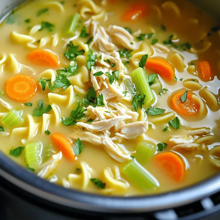 - 450 g Hähnchenbrustfilet ohne Haut und Knochen - 250 g Eiernudeln - 240 ml Sahne oder Kokoscreme Die Hauptzutaten sind einfach und leicht zu finden. Das Hähnchenbrustfilet gibt der Suppe ihren herzhaften Geschmack. Die Eiernudeln sorgen für die nötige Füllung. Mit Sahne oder Kokoscreme wird die Suppe schön cremig. - 1 mittelgroße Zwiebel, gewürfelt - 2 Karotten, in Scheiben geschnitten - 2 Selleriestangen, gewürfelt - 3 Zehen Knoblauch, fein gehackt - 1 Teelöffel getrockneter Thymian - 1 Teelöffel getrockneter Oregano Das Gemüse bringt frische und Farbe in die Suppe. Zwiebel, Karotten und Sellerie geben eine gute Basis. Knoblauch fügt ein tolles Aroma hinzu. Die getrockneten Kräuter wie Thymian und Oregano runden den Geschmack ab. - 1,5 l natriumarme Hühnerbrühe - 1 Lorbeerblatt - Salz und Pfeffer nach Geschmack Die Brühe ist die Seele der Suppe. Ich empfehle natriumarme Hühnerbrühe für mehr Kontrolle über den Salzgehalt. Das Lorbeerblatt gibt einen tiefen Geschmack. Salz und Pfeffer machen die Suppe perfekt. Mit diesen Zutaten wird Ihre Instant Pot cremige Hühnersuppe einfach köstlich. Zuerst würfeln Sie das Gemüse. Nehmen Sie eine Zwiebel und schneiden Sie sie in kleine Stücke. Dann schneiden Sie zwei Karotten in Scheiben. Würfeln Sie auch zwei Selleriestangen. Diese Gemüse geben der Suppe viel Geschmack. Jetzt bereiten Sie die Hähnchenbrust vor. Nehmen Sie 450 g Hähnchenbrustfilet und schneiden Sie es in gleich große Stücke. Stellen Sie den Instant Pot auf die Sauté-Einstellung. Geben Sie zwei Esslöffel Olivenöl hinein und lassen Sie es heiß werden. Fügen Sie dann das gewürfelte Gemüse hinzu. Braten Sie die Zwiebel, Karotten und Sellerie für 4-5 Minuten an, bis sie weich sind. Geben Sie drei fein gehackte Knoblauchzehen dazu und braten Sie sie eine weitere Minute. Der Duft wird köstlich sein! Jetzt legen Sie die Hähnchenstücke in den Topf. Würzen Sie das Hähnchen mit Salz, Pfeffer, einem Teelöffel getrocknetem Thymian und einem Teelöffel getrocknetem Oregano. Gießen Sie 1,5 l natriumarme Hühnerbrühe über das Hähnchen. Fügen Sie ein Lorbeerblatt hinzu. Schließen Sie den Deckel und stellen Sie sicher, dass das Ventil auf „Sealing“ steht. Wählen Sie die Einstellung „Manual“ und setzen Sie den Timer auf 10 Minuten. Nach dem Kochen nehmen Sie die Hähnchenstücke aus dem Topf. Zerkleinern Sie das Hähnchen mit zwei Gabeln. Geben Sie es zurück in die Suppe. Rühren Sie 250 g Eiernudeln ein und lassen Sie sie 8-10 Minuten bei der Sauté-Einstellung garen. Fügen Sie 240 ml Sahne oder Kokoscreme hinzu und rühren Sie gut um. Passen Sie die Würze mit mehr Salz und Pfeffer an. Entfernen Sie das Lorbeerblatt und servieren Sie die Suppe in Schalen. Garnieren Sie die Suppe mit frisch gehackter Petersilie. Die richtige Garzeit für die Nudeln ist wichtig. Ich empfehle, die Eiernudeln nur 8 bis 10 Minuten in der Brühe zu garen. So bleiben sie al dente und nicht matschig. Wenn die Nudeln zu lange kochen, verlieren sie ihre Form und Textur. Die optimale Menge an Sahne oder Kokoscreme macht die Suppe cremig. Du kannst 240 ml Sahne verwenden, oder für eine leichtere Variante Kokoscreme nehmen. Beides sorgt für ein reichhaltiges Mundgefühl. Frische Kräuter bringen mehr Aroma. Petersilie, Thymian oder Schnittlauch passen gut zur Suppe. Füge sie am Ende hinzu, damit sie frisch bleiben. Zusätzliche Gewürze können den Geschmack intensivieren. Probiere etwas Paprika oder Curry für eine spannende Note. Diese kleinen Anpassungen machen einen großen Unterschied. Zu viel Flüssigkeit kann die Suppe dünn machen. Achte darauf, die richtige Menge Hühnerbrühe zu nutzen. Verwende 1,5 Liter für die beste Konsistenz. Überkochen der Nudeln ist ein häufiger Fehler. Halte die Zeit im Auge und passe die Garzeit gut an. So bleibt die Suppe perfekt und die Nudeln haben die richtige Bissfestigkeit. {{image_4}} Eine tolle Variante ist die Verwendung von Vollkornnudeln. Diese Nudeln machen die Suppe nahrhafter und bieten mehr Ballaststoffe. Ballaststoffe sind wichtig für die Verdauung. Sie helfen auch, den Blutzuckerspiegel stabil zu halten. Kalorienarme Sahneoptionen sind ebenfalls eine gute Wahl. Statt normaler Sahne kannst du Kokoscreme verwenden. Sie gibt einen leichten, süßlichen Geschmack. Das macht die Suppe nicht nur gesünder, sondern auch cremig. Du kannst verschiedene Gemüsevariationen hinzufügen. Erbsen, Zucchini oder Spinat sind großartige Optionen. Diese Gemüse bringen mehr Farbe und Vitamine in die Suppe. Es macht das Gericht auch knackiger und frischer. Proteinalternativen wie Putenbrust sind ebenfalls möglich. Putenbrust hat weniger Fett als Hähnchen. Sie ist eine gesunde Wahl, die gut schmeckt und sättigt. Asiatische Einflüsse bringen neuen Schwung in die Suppe. Füge etwas Ingwer und Sojasauce hinzu. Diese Zutaten geben der Suppe eine spannende Note. Sie machen sie auch etwas würziger und einzigartig. Für eine italienische Note kannst du Parmesan und frisches Basilikum verwenden. Der Parmesan verleiht einen herzhaften Geschmack. Das Basilikum bringt Frische und duftende Aromen. Diese Kombination hebt die Suppe auf ein neues Level! - Richtige Lagerung im Kühlschrank: Lassen Sie die Suppe zuerst abkühlen. Füllen Sie sie dann in einen luftdichten Behälter. Im Kühlschrank bleibt die Suppe frisch für bis zu drei Tage. - Tipps zur Aufbewahrung im Gefrierfach: Teilen Sie die Suppe in Portionen auf. Verwenden Sie gefriergeeignete Behälter oder Beutel. Im Gefrierfach hält sie bis zu drei Monate. - Wie lange bleibt die Suppe frisch?: Im Kühlschrank bleibt die Suppe bis zu drei Tage genießbar. Im Gefrierfach kann sie bis zu drei Monate aufbewahrt werden. - Anzeichen für Verderb: Achten Sie auf einen unangenehmen Geruch, eine veränderte Farbe oder Schimmel. Diese Zeichen zeigen, dass die Suppe nicht mehr gut ist. - Beste Methoden zur Wiedererwärmung: Erhitzen Sie die Suppe auf dem Herd bei mittlerer Hitze. Rühren Sie regelmäßig um. Sie können auch die Mikrowelle verwenden; achten Sie darauf, die Suppe in Intervallen zu erhitzen. - Tipps, um die Konsistenz zu bewahren: Fügen Sie etwas Brühe oder Wasser hinzu, wenn die Suppe zu dick wird. So bleibt die cremige Textur erhalten und die Suppe schmeckt frisch. Die gesamte Zubereitungszeit für die Suppe beträgt etwa 40 Minuten. Die Vorbereitungszeit liegt bei 15 Minuten. Danach kocht die Suppe im Instant Pot 10 Minuten lang unter Druck. Ja, du kannst die Suppe im Voraus machen. Bereite sie einfach komplett zu und lasse sie abkühlen. Fülle die Suppe in einen luftdichten Behälter und stelle sie in den Kühlschrank. Sie bleibt 3-4 Tage frisch. Du kannst auch Putenbrust oder Tofustücke verwenden. Für Vegetarier sind Kichererbsen eine gute Wahl. So passt die Suppe zu verschiedenen Diäten. Um die Suppe cremiger zu machen, füge mehr Sahne oder Kokoscreme hinzu. Du kannst auch Frischkäse einrühren. Das macht die Suppe reichhaltiger und leckerer. Ja, die Suppe ist kinderfreundlich. Du kannst die Gewürze reduzieren, um den Geschmack mild zu halten. Achte darauf, keine scharfen Gewürze zu verwenden. Zusammenfassend bietet dieses Rezept eine leckere und einfache Suppe mit Hähnchen, die Sie schnell zubereiten können. Sie lernen die Hauptzutaten kennen und erhalten eine Schritt-für-Schritt-Anleitung für die Zubereitung. Die Tipps helfen Ihnen, häufige Fehler zu vermeiden und die perfekte Konsistenz zu erreichen. Variationen machen das Gericht flexibel und passend für Ihre Vorlieben. Denken Sie daran, dass die Aufbewahrung und Haltbarkeit wichtig sind. Genießen Sie die Suppe, sie ist viel mehr als nur ein Gericht; sie ist eine Umarmung im Schüssel.