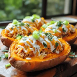 - 4 mittelgroße Süßkartoffeln - 2 Tassen gekochtes, zerrissenes Hähnchen - 1/2 Tasse Buffalo-Sauce Die Süßkartoffeln sind die Basis dieses Rezeptes. Sie bringen Süße und Nährstoffe mit. Das gekochte Hähnchen sorgt für Protein und macht die Füllung herzhaft. Die Buffalo-Sauce gibt den Kartoffeln eine scharfe Note. Du kannst die Schärfe anpassen, je nachdem, wie scharf du es magst. - 1/2 Tasse Ranch-Dressing oder Blauschimmelkäse-Dressing - 1 Tasse geriebener Cheddar-Käse - 1/2 Tasse Sellerie, fein gehackt - 1/4 Tasse Frühlingszwiebeln, in Ringe geschnitten Ranch-Dressing oder Blauschimmelkäse-Dressing bringt Cremigkeit in das Gericht. Der geriebene Cheddar-Käse schmilzt schön und gibt einen tollen Geschmack. Sellerie und Frühlingszwiebeln fügen Frische und Knusprigkeit hinzu. - Salz und Pfeffer - Olivenöl - Frische Petersilie Salz und Pfeffer heben den Geschmack der Füllung. Olivenöl hilft, die Süßkartoffeln zu rösten und macht sie zart. Frische Petersilie ist ein schöner Abschluss und bringt Farbe ins Spiel. 1. Heize den Ofen auf 200°C vor. 2. Wasche die Süßkartoffeln gründlich. Steche mit einer Gabel einige Löcher hinein. 3. Reibe jede Kartoffel leicht mit Olivenöl ein. Bestreue sie mit Salz. 1. Nimm zwei Tassen gekochtes, zerrissenes Hähnchen. 2. Mische das Hähnchen mit 1/2 Tasse Buffalo-Sauce in einer Schüssel. 3. Passen die Menge der Sauce nach deinem Geschmack an. 1. Nimm die gebackenen Süßkartoffeln aus dem Ofen. Lass sie kurz abkühlen. 2. Schneide jede Kartoffel der Länge nach auf. Lass sie an einem Ende zusammen. 3. Lockere das Innere der Süßkartoffeln mit einer Gabel auf. 4. Fülle jede Kartoffel mit der Buffalo-Hähnchen-Mischung. Drücke die Füllung leicht an. 5. Beträufle die Füllung mit Ranch-Dressing. Streue geriebenen Cheddar-Käse darüber. 6. Backe die gefüllten Süßkartoffeln für 10-15 Minuten, bis der Käse schmilzt. 7. Toppe die Kartoffeln mit gehacktem Sellerie, Frühlingszwiebeln und Petersilie. 8. Serviere die Süßkartoffeln sofort heiß. Buffalo Chicken Stuffed Sweet Potatoes sind perfekt zum Vorbereiten. Du kannst die Portionen leicht anpassen, um mehrere Mahlzeiten zu schaffen. Bereite die Süßkartoffeln und die Füllung im Voraus vor. Du kannst alles in Behältern lagern. Wenn du bereit bist zu essen, backe die gefüllten Kartoffeln einfach auf. Das spart Zeit und macht das Essen einfach. Die Buffalo-Sauce kann nach deinem Geschmack angepasst werden. Wenn du es schärfer magst, füge mehr Sauce hinzu. Für eine mildere Variante kannst du die Menge reduzieren. Du kannst auch verschiedene Buffalo-Saucen ausprobieren. Manche Marken bieten mildere oder würzigere Optionen an. Experimentiere, um die perfekte Mischung für deinen Gaumen zu finden. Cheddar-Käse ist lecker, aber du kannst auch andere Käsesorten verwenden. Probiere Mozzarella für eine sanftere Note oder Blauschimmelkäse für einen kräftigen Geschmack. Gouda oder Monterey Jack sind ebenfalls tolle Alternativen. Diese Käsesorten schmelzen gut und bringen neue Aromen in dein Gericht. So wird jedes Mal eine neue Erfahrung beim Essen geboten. {{image_4}} Für eine vegetarische Variante kann man das Hähnchen durch pflanzliche Alternativen ersetzen. Sojafleisch oder Kichererbsen sind gute Optionen. Mische sie mit der Buffalo-Sauce, um den gleichen Geschmack zu erzielen. Achte darauf, die Sauce nach deinem Geschmack anzupassen. Diese Version bleibt genauso lecker und sättigend. Zusätzliche Toppings machen das Gericht noch besser. Du kannst Avocado, Jalapeños oder sogar frischen Koriander hinzufügen. Ein Spritzer Limettensaft gibt dem Gericht eine frische Note. Auch etwas gerösteter Mais passt gut dazu. Experimentiere mit verschiedenen Garnierungen, um den perfekten Geschmack zu finden. Zu gefüllten Süßkartoffeln passen viele Beilagen. Ein einfacher grüner Salat bringt Frische. Auch eine cremige Coleslaw ist eine tolle Wahl. Wenn du es herzhafter magst, serviere gegrilltes Gemüse oder eine Quinoa-Beilage. Diese Optionen ergänzen die Süßkartoffeln perfekt und machen das Essen komplett. Um die Reste Ihrer Buffalo Chicken Stuffed Sweet Potatoes richtig zu lagern, lassen Sie sie zuerst abkühlen. Wickeln Sie jede gefüllte Süßkartoffel fest in Frischhaltefolie oder Aluminiumfolie. Alternativ können Sie sie in einem luftdichten Behälter aufbewahren. So bleiben sie frisch und lecker. Um die gefüllten Süßkartoffeln in der Mikrowelle aufzuwärmen, legen Sie eine auf einen mikrowellengeeigneten Teller. Decken Sie die Kartoffel mit einem feuchten Papiertuch ab. Das hilft, die Feuchtigkeit zu halten. Erwärmen Sie sie in 30-Sekunden-Intervallen, bis sie heiß sind. Achten Sie darauf, die Temperatur zu prüfen, damit sie nicht zu heiß wird. Die Reste sind im Kühlschrank etwa 3 bis 4 Tage haltbar. Achten Sie darauf, sie gut verpackt zu lagern. Wenn Sie die Reste länger aufbewahren möchten, können Sie sie auch einfrieren. In einem luftdichten Behälter halten sie sich bis zu 3 Monate. Ja, gefrorenes Hähnchen kann genutzt werden. Achte darauf, es vorher vollständig aufzutauen. Du kannst es in der Mikrowelle oder im Kühlschrank auftauen. Nach dem Auftauen kannst du es wie frisches Hähnchen zubereiten. Koche es gut durch, bevor du es mit der Buffalo-Sauce mischst. Gefrorenes Hähnchen spart Zeit und ist praktisch. Es gibt viele Optionen für Dressings. Blauschimmelkäse-Dressing passt gut zur Schärfe der Buffalo-Sauce. Du kannst auch Joghurt oder ein einfaches Vinaigrette verwenden. Für einen gesünderen Ansatz verwende griechischen Joghurt mit Kräutern. Jede Variante bringt ihren eigenen Geschmack in die gefüllten Süßkartoffeln. Um die Süßkartoffeln schneller zuzubereiten, kannst du sie vorher kochen. Schneide sie in Stücke und koche sie für 10 bis 15 Minuten. Du kannst auch die Mikrowelle nutzen. Steche Löcher in die Süßkartoffeln und koche sie für 5 bis 8 Minuten. Dies verkürzt die Backzeit. So sind deine Süßkartoffeln schnell bereit zum Füllen. Diese gefüllten Süßkartoffeln sind ein echter Genuss. Sie kombinieren süße Aromen mit würzigem Hähnchen und zarten Gewürzen. Ich habe dir die besten Zutaten und einfachen Schritte erklärt. Außerdem erhältst du Tipps zur Anpassung der Schärfe und für vegetarische Optionen. Denk daran, dass Reste einfach aufzubewahren sind und gut schmecken! Du kannst diese Mahlzeit schnell zubereiten und für die Woche planen. Viel Spaß beim Ausprobieren und Genießen!