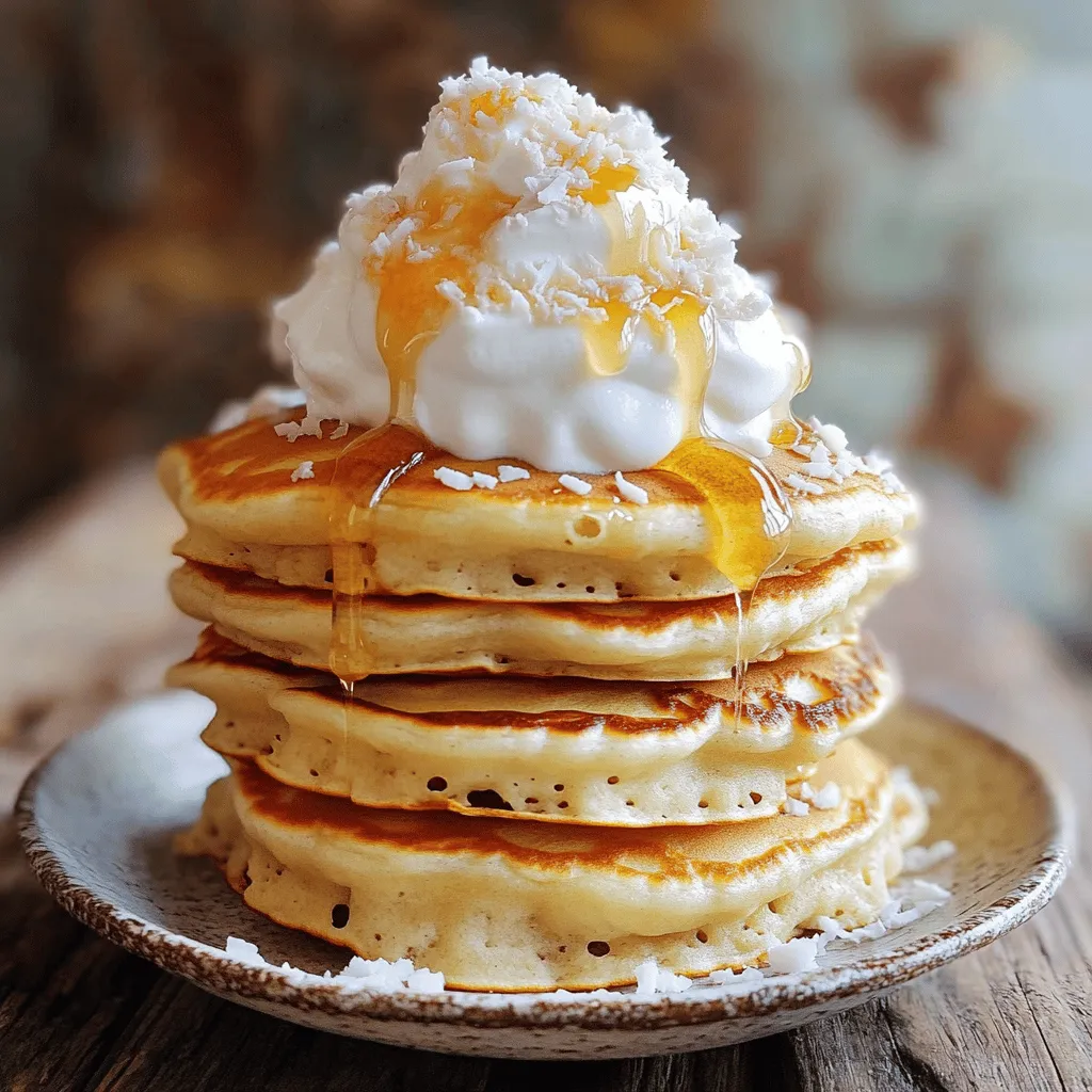 Um diese leckeren Pfannkuchen zu machen, brauchen Sie: - 1 ½ Tassen Allzweckmehl - 2 Esslöffel Zucker - 2 Teelöffel Backpulver - ½ Teelöffel Natron - ¼ Teelöffel Salz - 1 Tasse Buttermilch - 2 große Eier - 1 Teelöffel Vanilleextrakt - ½ Tasse gesüßte, geraspelte Kokosnuss - 4 Esslöffel ungesüßte Kokoscreme (aus der Dose) - 2 Esslöffel geschmolzene Butter - Schlagsahne (zum Garnieren) - Extra geraspelte Kokosnuss (geröstet, zum Dekorieren) Diese Zutaten machen die Pfannkuchen cremig und süß. Für die Zubereitung benötigen Sie: - Große Rührschüssel - Kleine Rührschüssel - Pfanne oder Grill - Kochspray oder Butter - Löffel oder Spatel - Messbecher und Löffel Diese Werkzeuge helfen Ihnen, die Zutaten gut zu vermischen und die Pfannkuchen zu braten. - Kokoscreme: Diese macht die Pfannkuchen besonders cremig. Sie gibt einen tollen Kokosgeschmack. - Buttermilch: Sie sorgt für eine weiche Textur. Buttermilch hilft, die Pfannkuchen fluffig zu machen. - Gesüßte, geraspelte Kokosnuss: Diese bringt Süße und Textur. Sie gibt jedem Bissen einen fruchtigen Kick. Jede Zutat hat ihren eigenen Nutzen. Gemeinsam machen sie die Kokosnuss-Cremetorte-Pfannkuchen zu einem echten Genuss! Beginnen Sie mit den trockenen Zutaten. Nehmen Sie eine große Rührschüssel. Geben Sie 1 ½ Tassen Allzweckmehl, 2 Esslöffel Zucker, 2 Teelöffel Backpulver, ½ Teelöffel Natron und ¼ Teelöffel Salz hinein. Mischen Sie alles gut. Sie wollen sicherstellen, dass die Zutaten gleichmäßig verteilt sind. Dies macht Ihre Pfannkuchen fluffiger und schmackhafter. Jetzt kommen die feuchten Zutaten. Nehmen Sie eine separate Schüssel. Fügen Sie 1 Tasse Buttermilch, 2 große Eier, 1 Teelöffel Vanilleextrakt, 4 Esslöffel ungesüßte Kokoscreme und 2 Esslöffel geschmolzene Butter hinzu. Rühren Sie alles glatt. Achten Sie darauf, dass keine Klumpen bleiben. Diese Mischung sorgt für die leckere, cremige Textur der Pfannkuchen. Gießen Sie die feuchten Zutaten in die Schüssel mit den trockenen Zutaten. Rühren Sie vorsichtig um. Es ist in Ordnung, wenn der Teig leicht klumpig bleibt. Diese Klumpen machen die Pfannkuchen zarter. Jetzt fügen Sie ½ Tasse gesüßte, geraspelte Kokosnuss hinzu. Heben Sie die Kokosnuss vorsichtig unter den Teig. So verteilen sich die Aromen gleichmäßig. Heizen Sie eine Pfanne oder einen Grill auf mittlerer Hitze vor. Fetten Sie sie leicht mit Kochspray oder Butter ein. Für jeden Pfannkuchen geben Sie etwa 1/4 Tasse Teig in die heiße Pfanne. Braten Sie die Pfannkuchen 2-3 Minuten, bis sich Blasen bilden. Dann drehen Sie sie um. Braten Sie die andere Seite weitere 2-3 Minuten goldbraun. Stapeln Sie die Pfannkuchen auf einem Teller. Garnieren Sie sie mit Schlagsahne und gerösteter Kokosnuss. So sehen sie toll aus und schmecken noch besser! Um den perfekten Teig zu bekommen, mische die trockenen Zutaten gut. Achte darauf, dass das Mehl und der Zucker gleichmäßig verteilt sind. Wenn du die feuchten Zutaten hinzufügst, rühre nur kurz. Ein klumpiger Teig ist okay. Zu viel Rühren macht die Pfannkuchen zäh. Du willst sie fluffig und leicht. Die richtige Temperatur ist wichtig. Erhitze die Pfanne auf mittlere Hitze. Wenn sie zu heiß ist, verbrennen die Pfannkuchen außen, während sie innen roh bleiben. Ein guter Test ist, ein paar Tropfen Wasser in die Pfanne zu spritzen. Wenn sie zischen und sofort verdampfen, ist die Pfanne bereit. Das Auge isst mit! Staple die Pfannkuchen schön auf einem Teller. Füge eine großzügige Menge Schlagsahne obenauf hinzu. Streue dann geröstete Kokosnuss darüber. Du kannst auch frische Ananas oder Mango hinzufügen. Das macht das Gericht noch bunter und leckerer. {{image_4}} Um diese Pfannkuchen vegan zu machen, ersetzen Sie die Eier durch einen anderen Binder. Ein beliebter Ersatz ist Apfelmus. Verwenden Sie 1/4 Tasse für jedes Ei. Statt Buttermilch nehmen Sie pflanzliche Milch, wie Mandel- oder Hafermilch. Fügen Sie 1 Esslöffel Essig hinzu, um die Buttermilch zu imitieren. Verwenden Sie vegane Butter anstelle von normaler Butter. Diese Anpassungen sorgen für einen leckeren Geschmack. Für eine glutenfreie Version können Sie Allzweckmehl durch eine glutenfreie Mehlmischung ersetzen. Achten Sie darauf, eine Mischung zu wählen, die Xanthan enthält, um die Textur zu verbessern. Überprüfen Sie die Backpulver- und Natronmarken, da einige glutenhaltige Zutaten enthalten können. Diese Änderungen halten die Pfannkuchen fluffig und köstlich. Verleihen Sie Ihren Pfannkuchen eine persönliche Note! Fügen Sie Schokoladenstückchen oder Nüsse in den Teig hinzu. Für mehr Frische können Sie auch frische Ananas oder Mangostücke verwenden. Toppen Sie die Pfannkuchen mit frischen Früchten, Honig oder einem Spritzer Limettensaft. So wird der Geschmack noch besser! Röstete Kokosnuss ist auch eine tolle Idee für extra Crunch. Experimentieren Sie und finden Sie Ihre Lieblingskombination! Um übrig gebliebene Pfannkuchen zu lagern, lege sie in einen Behälter. Trenne jede Schicht mit Backpapier. So bleiben sie frisch. Schließe den Behälter gut. Stelle ihn in den Kühlschrank. Die Pfannkuchen halten sich dort bis zu drei Tage. Zum Aufwärmen der Pfannkuchen, lege sie in die Mikrowelle. Heize sie bei mittlerer Leistung für 20 bis 30 Sekunden. Alternativ kannst du sie in einer Pfanne leicht erhitzen. Brate sie bei niedriger Hitze, bis sie warm sind. Serviere die Pfannkuchen mit frischer Schlagsahne und gerösteter Kokosnuss. Das macht sie extra lecker! Du kannst die Pfannkuchen auch einfrieren. Lege sie in eine luftdichte Tüte. So bleiben sie bis zu zwei Monate frisch. Wenn du sie essen möchtest, lasse sie über Nacht im Kühlschrank auftauen. Erhitze sie dann wie oben beschrieben. So hast du schnell ein tolles Frühstück! Um die Pfannkuchen fluffiger zu machen, kannst du mehrere Tricks anwenden. Verwende frische Backpulver und Natron. Diese Zutaten helfen, die Pfannkuchen gut aufgehen zu lassen. Eine zusätzliche Eiweißschicht kann auch helfen. Schlage die Eier getrennt und hebe das Eiweiß vorsichtig unter den Teig. So bleibt die Luft im Teig und macht ihn luftig. Ja, du kannst die Kokoscreme ersetzen. Verwende stattdessen griechischen Joghurt oder Sahne. Diese Optionen geben einen ähnlichen Geschmack und eine ähnliche Textur. Wenn du eine leichtere Option möchtest, nutze Kokosmilch. Achte darauf, dass du die Menge anpassen musst, da Kokosmilch flüssiger ist. Die Pfannkuchen bleiben im Kühlschrank etwa drei Tage frisch. Stelle sicher, dass du die Pfannkuchen in einem luftdichten Behälter aufbewahrst. So vermeidest du, dass sie austrocknen. Wenn du sie länger aufbewahren möchtest, friere sie ein. So halten sie bis zu drei Monate. Ja, du kannst die Pfannkuchen im Voraus zubereiten. Bereite den Teig am Abend vorher vor und bewahre ihn im Kühlschrank auf. Du kannst auch die Pfannkuchen ganz backen und später aufwärmen. Erhitze sie einfach in einer Pfanne oder Mikrowelle. Das spart Zeit am Morgen! Die Kokosnuss-Cremetorte-Pfannkuchen sind einfach und lecker. Wir haben die besten Zutaten und Utensilien besprochen. Die Schritt-für-Schritt-Anleitung macht das Kochen leicht. Dazu gibt es Tipps für die perfekte Konsistenz und ansprechende Garnierungen. Denk auch an Variationen, wie vegan oder glutenfrei. Mit den richtigen Lagerhinweisen bleiben die Pfannkuchen frisch. Nutze die FAQs für zusätzliche Hilfe. Probiere es aus und genieße jeden Bissen dieser köstlichen Pfannkuchen!