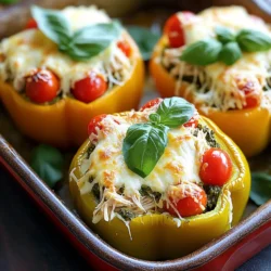 Für die Zubereitung von Pesto-Hühnchen gefüllte Paprika benötigst du diese Zutaten: - 4 große Paprika (jede Farbe) - 2 Tassen gekochtes Hühnchen, zerrupft - ½ Tasse Pesto-Sauce (fertig gekauft oder hausgemacht) - 1 Tasse Kirsch-Tomaten, halbiert - 1 Tasse Mozzarella-Käse, gerieben - ½ Tasse Parmesan-Käse, gerieben - Salz und Pfeffer nach Geschmack - 1 Esslöffel Olivenöl - Frische Basilikumblätter zur Garnitur Diese Zutaten machen das Gericht bunt und lecker. Du kannst die Paprika in verschiedenen Farben wählen, um mehr Freude beim Essen zu haben. Es gibt viele Wege, um die Füllung zu variieren. Du kannst zum Beispiel: - Füge Spinat oder Zucchini hinzu, um mehr Gemüse zu integrieren. - Verwende Feta-Käse anstelle von Mozzarella für einen anderen Geschmack. - Probiere verschiedene Pesto-Sorten aus, wie zum Beispiel rote Paprika oder Walnuss-Pesto. Diese Variationen geben deinem Gericht einen neuen Twist und sorgen für Abwechslung. Beim Kauf von Paprika solltest du auf folgende Punkte achten: - Wähle Paprika, die fest und glänzend sind. Sie sollten keine Druckstellen oder Falten haben. - Achte darauf, dass die Paprika eine gleichmäßige Farbe haben. - Wenn möglich, kaufe organische Paprika. Diese sind oft frischer und geschmackvoller. Gute Paprika machen das Gericht noch schmackhafter und gesünder. Zuerst heizt du deinen Ofen auf 190°C vor. Nimm die großen Paprika und schneide die Oberseite ab. Entferne die Samen und die weißen Membranen im Inneren. Dies macht die Paprika essbar und sorgt für einen tollen Geschmack. Bestreiche die Außenseite der Paprika leicht mit Olivenöl. Dies hilft der Haut, knusprig zu werden. Stelle die Paprika aufrecht in eine Auflaufform. In einer großen Schüssel vermischst du das zerrupfte Hühnchen mit der Pesto-Sauce. Füge die halbierten Kirsch-Tomaten hinzu. Dann kommt der geriebene Mozzarella-Käse. Mische alles gut. Gib auch die Hälfte des Parmesan-Käses dazu. Würze die Mischung mit Salz und Pfeffer. Stelle sicher, dass alles gleichmäßig verteilt ist. Diese Füllung wird deine Paprika lecker machen! Jetzt ist es Zeit, die Paprika zu füllen. Verwende einen Löffel, um die Hühnchen-Pesto-Mischung in jede Paprika zu drücken. Fülle sie großzügig, aber nicht überfüllen! Bestreue die Oberseiten mit dem restlichen Parmesan-Käse. Decke die Auflaufform mit Aluminiumfolie ab und backe die Paprika 25 Minuten lang. Nach dieser Zeit nimm die Folie ab und backe sie weitere 10 bis 15 Minuten. Die Paprika sollte nun zart sein und die Oberseite goldbraun aussehen. Lasse sie nach dem Backen einige Minuten abkühlen. Garniere die gefüllten Paprika mit frischen Basilikumblättern, bevor du sie servierst. Um die beste Füllung für deine gefüllten Paprika zu machen, achte auf die Mischung. Du willst zartes Hühnchen und frische Aromen. Kombiniere das zerrupfte Hühnchen gut mit der Pesto-Sauce. Füge die halbierten Kirsch-Tomaten hinzu. Diese geben Frische und einen süßen Geschmack. Mische dann den Mozzarella und einen Teil des Parmesan dazu. Das sorgt für Cremigkeit. Vergiss nicht, mit Salz und Pfeffer zu würzen. Eine gute Mischung macht den Unterschied! Wenn du nach alternativen Käsen suchst, probiere Feta oder Gouda. Feta bringt einen salzigen Kick, der gut zum Pesto passt. Gouda schmilzt schön und gibt einen reichen Geschmack. Du kannst auch veganen Käse verwenden, wenn du eine pflanzliche Option möchtest. Der Geschmack wird anders, aber lecker bleibt es trotzdem. Wähle den Käse, der dir am besten gefällt! Serviere die gefüllten Paprika mit einem frischen Salat. Ein einfacher grüner Salat harmoniert gut mit den Aromen. Du kannst auch Quinoa oder Reis als Beilage anbieten. Beides bringt eine gute Textur und sättigt gut. Wenn du willst, garniere die Paprika mit frischen Basilikumblättern. Das sieht schön aus und gibt einen frischen Geschmack. So wird dein Gericht noch köstlicher! {{image_4}} Du kannst die gefüllten Paprika leicht vegetarisch machen. Statt Hühnchen nimmst du Kichererbsen oder Linsen. Diese Hülsenfrüchte sind reich an Eiweiß. Das macht die Füllung nahrhaft und sättigend. Du kannst auch frisches Gemüse wie Zucchini oder Spinat hinzufügen. Diese sorgen für mehr Geschmack und Farbe. Wenn du einen scharfen Kick magst, füge rote Chili-Flocken oder frische Jalapeños zur Füllung hinzu. Möchtest du es mild halten? Lass die scharfen Zutaten einfach weg. Du kannst auch süße Paprikastücke für einen fruchtigen Geschmack dazugeben. Experimentiere mit verschiedenen Kräutern wie Oregano oder Thymian, um neue Aromen zu entdecken. Für eine gesunde Variante kannst du Quinoa oder braunen Reis in die Füllung geben. Diese Zutaten machen das Gericht noch nahrhafter. Die Textur wird auch interessanter. Wenn du Reis verwendest, achte darauf, ihn vorher zu kochen. Quinoa brauchst du nur abspülen und dann mit der Füllung vermischen. So erhältst du eine schöne, sättigende Mahlzeit, die du sicher lieben wirst. Um deine gefüllten Paprika frisch zu halten, lege sie in einen luftdichten Behälter. Das schützt sie vor Feuchtigkeit und Gerüchen im Kühlschrank. Du kannst die Paprika auch in Folie wickeln, aber der Behälter ist besser. Lasse die Paprika vollständig abkühlen, bevor du sie lagerst. So vermeidest du Kondensation im Behälter. Um die gefüllten Paprika aufzuwärmen, heize den Ofen auf 180°C vor. Lege die Paprika auf ein Backblech und decke sie mit Folie ab. So bleiben sie saftig. Erwärme sie für etwa 15-20 Minuten. Du kannst sie auch in der Mikrowelle aufwärmen. Stelle sie auf einen mikrowellengeeigneten Teller und erhitze sie für 2-3 Minuten. Überprüfe, ob sie gleichmäßig warm sind. Im Kühlschrank halten die gefüllten Paprika bis zu 4 Tage. Wenn du sie länger aufbewahren möchtest, friere sie ein. Wickele jede Paprika gut in Folie ein und lege sie in einen Gefrierbeutel. So bleiben sie bis zu 3 Monate frisch. Achte darauf, sie vollständig aufzutauen, bevor du sie wieder erhitzt. Die Zubereitung der gefüllten Paprika dauert etwa 15 Minuten. Das Backen benötigt 25 bis 30 Minuten. So sind die gefüllten Paprika in etwa 50 Minuten fertig. Ja, du kannst frisches Hühnchen verwenden. Koche das Hühnchen zuerst und zerkleinere es. So wird die Füllung saftig und voller Geschmack. Ja, du kannst die gefüllten Paprika im Voraus zubereiten. Fülle sie und lege sie in den Kühlschrank. Backe sie einfach später, wenn du bereit bist. So sparst du Zeit bei der Zubereitung. Pesto-Hühnchen gefüllte Paprika sind einfach und lecker. Wir haben die besten Zutaten, Zubereitungsschritte und Tipps behandelt. Vergiss nicht, die Paprika gut auszuwählen. Experimentiere mit verschiedenen Füllungen für neuen Geschmack. Auch Aufbewahrung und Aufwärmen sind wichtig, um die Frische zu erhalten. Ich hoffe, du hast viele Ideen, wie du diese leckeren Paprika genießen kannst. Viel Spaß beim Kochen und Ausprobieren!