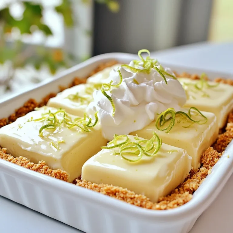 - 1 ½ Tassen Graham-Cracker-Brösel - ⅓ Tasse Kristallzucker - ½ Tasse ungesalzene Butter, geschmolzen - 1 (14 oz) Dose gesüßte Kondensmilch - ½ Tasse frischer Key Lime Saft (oder regulärer Limettensaft) - Abrieb von 2 Key Limes - 1 Teelöffel reiner Vanilleextrakt - 1 Tasse Schlagsahne - 2 Esslöffel Puderzucker - Zusätzlicher Limettenabrieb zum Garnieren Ich empfehle, frische Key Limes zu verwenden. Ihr Geschmack ist einzigartig und frisch. Wenn Sie keine Key Limes finden, ist normaler Limettensaft eine gute Wahl. Für die beste Kreation verwenden Sie auch hochwertige Schlagsahne. Sie sorgt für die perfekte Textur. Kristallzucker ist ideal für die Kruste, da er die Krümel gut zusammenhält. Wenn Sie eine glutenfreie Option möchten, verwenden Sie glutenfreie Kekse anstelle von Graham-Crackern. Für eine vegane Variante können Sie pflanzliche Butter und eine pflanzliche Sahne verwenden. Gesüßte Kondensmilch kann durch Kokosmilch ersetzt werden, um einen interessanten Geschmack zu erzielen. Denken Sie daran, dass dies die Textur leicht ändern kann, aber immer noch lecker bleibt! Um die Basis für Ihre No-Bake Key Lime Pie Bars zu machen, nehmen Sie eine mittelgroße Schüssel. Geben Sie 1 ½ Tassen Graham-Cracker-Brösel hinein. Fügen Sie ⅓ Tasse Kristallzucker hinzu. Gießen Sie ½ Tasse geschmolzene Butter darüber. Rühren Sie die Mischung, bis alles gut vermischt ist. Die Konsistenz sollte wie feuchter Sand sein. Übertragen Sie die Mischung in eine 9x9-Zoll-Bereitungsschüssel, die mit Backpapier ausgelegt ist. Drücken Sie die Mischung gleichmäßig am Boden fest. Stellen Sie die Schüssel in den Kühlschrank, um die Basis zu kühlen und fest zu machen. Für die Füllung benötigen Sie eine Rührschüssel. Geben Sie 1 Dose gesüßte Kondensmilch hinein. Fügen Sie ½ Tasse frischen Key Lime Saft und den Abrieb von 2 Key Limes hinzu. Geben Sie auch 1 Teelöffel Vanilleextrakt dazu. Rühren Sie alles gut um, bis die Mischung glatt ist. In einer separaten Schüssel schlagen Sie 1 Tasse Schlagsahne mit einem Mixer. Warten Sie, bis sich weiche Spitzen bilden. Fügen Sie 2 Esslöffel Puderzucker langsam hinzu. Schlagen Sie weiter, bis sich feste Spitzen bilden. Mischen Sie die geschlagene Sahne vorsichtig unter die Limettenfüllung. Seien Sie sanft, damit die Mischung leicht bleibt. Gießen Sie die Limettenfüllung gleichmäßig über die gekühlte Graham-Cracker-Basis. Glätten Sie die Oberfläche mit einem Spatel. Decken Sie die Schüssel mit Frischhaltefolie ab. Stellen Sie die Schüssel für mindestens 4 Stunden in den Kühlschrank. Warten Sie, bis die Füllung fest wird. Nach der Kühlzeit ziehen Sie die Bars mithilfe des Backpapiers aus der Schüssel. Schneiden Sie die Bars in Quadrate. Garnieren Sie die Stücke mit zusätzlichem Limettenabrieb für einen frischen Look. Um die ideale Konsistenz für deinen No-Bake Key Lime Pie zu erreichen, ist es wichtig, die Sahne richtig zu schlagen. Du solltest sie bis zu festen Spitzen schlagen. Das gibt der Füllung eine leichte und luftige Textur. Mische dann die Sahne vorsichtig unter die Limettenfüllung. Sei sanft, damit die Luftigkeit bleibt. Wenn du das nicht machst, wird die Füllung schwer und dicht. Bewahre die Bars am besten im Kühlschrank auf. Decke sie mit Frischhaltefolie ab, damit sie frisch bleiben. Sie halten sich dort bis zu fünf Tage. Wenn du etwas länger aufbewahren möchtest, kannst du sie auch einfrieren. Wickele die einzelnen Stücke gut ein, damit sie nicht austrocknen. So hast du immer einen leckeren Snack bereit. Die Vorbereitungszeit für diese Bars beträgt nur 20 Minuten. Das ist schnell und einfach. Die Kühlzeit ist jedoch wichtig. Lass sie mindestens vier Stunden im Kühlschrank, damit sie fest werden. Du kannst sie auch über Nacht kühlen, wenn du mehr Zeit hast. So erhalten die Aromen die Chance, sich zu entfalten. {{image_4}} Um eine vegane Version der No-Bake Key Lime Pie Bars zu machen, ersetzen Sie die gesüßte Kondensmilch. Verwenden Sie stattdessen Kokosmilch oder eine pflanzliche Kondensmilch. Diese Alternativen geben der Füllung eine schöne, cremige Textur. Für die Schlagsahne nutzen Sie einfach Kokoscreme oder eine andere vegane Schlagsahne. So bleibt der Geschmack frisch und lecker, ganz ohne tierische Produkte. Für eine glutenfreie Variante der Bars ersetzen Sie die Graham-Cracker. Verwenden Sie glutenfreie Kekse oder Haferflocken. Zerkleinern Sie diese und mischen Sie sie mit Zucker und Butter. Achten Sie darauf, dass alle Zutaten glutenfrei sind, um sicherzustellen, dass die Bars für alle geeignet sind. Mit dieser Variation können auch glutenfreie Genießer die Bars genießen. Sie können die Bars auch aufpeppen. Fügen Sie etwas Fruchtpüree hinzu, wie Mango oder Erdbeere. Das gibt der Füllung eine schöne Farbe und einen neuen Geschmack. Alternativ können Sie auch etwas Kokosraspel in die Füllung mixen. Diese kleinen Veränderungen machen die Bars noch interessanter und sorgen für Vielfalt. Um die No-Bake Key Lime Pie Bars frisch zu halten, lagern Sie sie im Kühlschrank. Verwenden Sie eine luftdichte Box oder decken Sie die Schüssel mit Frischhaltefolie ab. So bleibt die Füllung cremig und der Boden knusprig. Stellen Sie sicher, dass die Bars nicht mit anderen stark riechenden Lebensmitteln in Kontakt kommen. Im Kühlschrank halten sich die Key Lime Pie Bars etwa fünf bis sieben Tage. Nach dieser Zeit können die Aromen verblassen. Überprüfen Sie immer, ob die Bars gut aussehen und riechen, bevor Sie sie essen. Wenn sie seltsam aussehen oder riechen, ist es besser, sie wegzuwerfen. Sie können die Bars auch einfrieren. Schneiden Sie sie in Stücke und wickeln Sie jedes Stück in Frischhaltefolie. Legen Sie die gewickelten Stücke in einen gefrierfesten Beutel. So bleiben sie bis zu drei Monate frisch. Lassen Sie die Bars vor dem Servieren im Kühlschrank auftauen. Wenn Sie keine Kondensmilch nutzen wollen, probieren Sie Kokosmilch. Mischen Sie 1 Tasse Kokosmilch mit ½ Tasse Zucker. Fügen Sie 2 Esslöffel Maisstärke hinzu, um die Füllung zu verdicken. Kochen Sie die Mischung bei mittlerer Hitze, bis sie eindickt. Lassen Sie die Mischung abkühlen und folgen Sie dann dem Rezept weiter. Diese Methode gibt Ihnen eine cremige Textur ohne Kondensmilch. Ja, Sie können andere Limettenarten verwenden. Reguläre grüne Limetten sind eine gute Wahl. Sie haben einen anderen Geschmack, aber die Bars bleiben lecker. Probieren Sie auch Berglimetten für eine süßere Note. Halten Sie den Saftanteil gleich, um die Konsistenz der Füllung zu bewahren. Kühlen Sie die Bars mindestens 4 Stunden. Wenn Sie mehr Zeit haben, lassen Sie sie über Nacht im Kühlschrank. Dies hilft, die Füllung fest zu machen. Warten Sie, bis die Bars fest sind, bevor Sie sie schneiden. So erhalten Sie schöne, gleichmäßige Stücke. Diese Anleitung hat Ihnen gezeigt, wie Sie No-Bake Key Lime Pie Bars zubereiten. Wir haben die Zutaten, die Zubereitung und hilfreiche Tipps besprochen. Denken Sie daran, die Qualität der Zutaten ist wichtig. Variationen machen das Rezept spannend, und die Lagerung sorgt dafür, dass die Bars frisch bleiben. Experimentieren Sie mit Geschmäckern und genießen Sie Ihr köstliches Dessert. Kochen macht Spaß und jeder kann es schaffen!