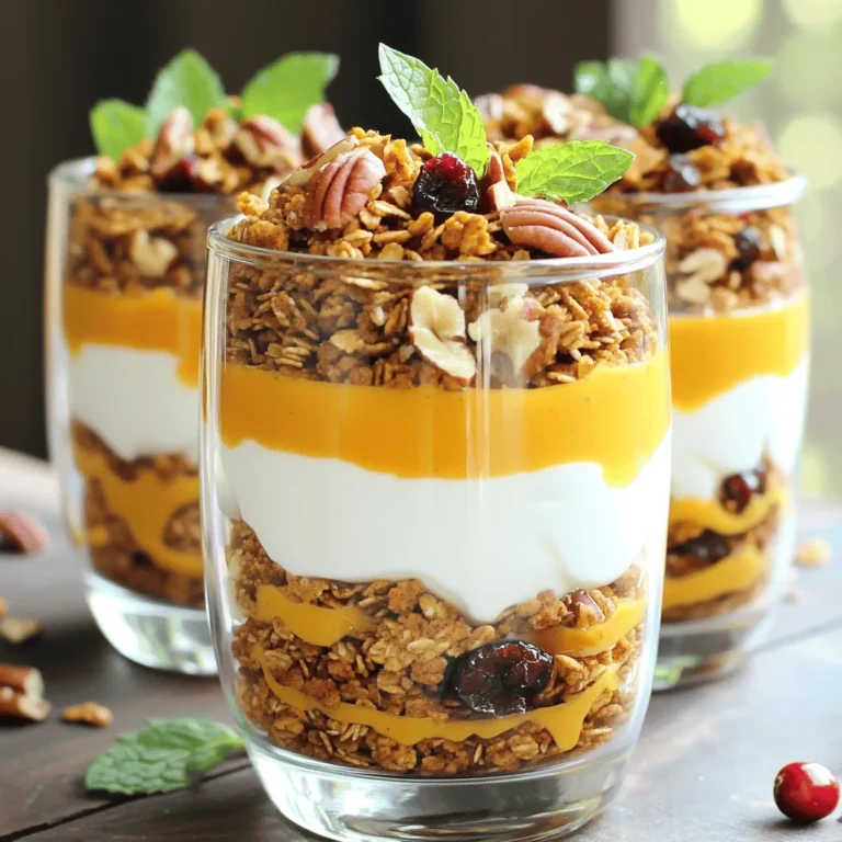 Für die perfekten Kürbisgewürz Granola Joghurt Parfaits brauchst du folgende Zutaten: - 2 Tassen Granola (vorzugsweise mit Kürbisgewürz) - 4 Tassen griechischer Joghurt (natur oder Vanille) - 1 Tasse Kürbispüree - 2 Esslöffel Ahornsirup (nach Geschmack anpassen) - 1 Teelöffel Kürbiskuchengewürz - 1/2 Teelöffel Vanilleextrakt - 1/2 Tasse gehackte Pekannüsse oder Walnüsse - 1/2 Tasse getrocknete Cranberries oder Rosinen - Frische Minzblätter zur Garnierung (optional) Diese Zutaten sind einfach zu finden. Das Kürbispüree bringt die herbstliche Note. Das Granola sorgt für den Crunch. Die Nüsse und Trockenfrüchte fügen Geschmack und Textur hinzu. Wähle griechischen Joghurt nach deinem Geschmack. Naturjoghurt hat einen milden Geschmack. Vanillejoghurt gibt eine süßere Note. Achte darauf, dass der Joghurt dick und cremig ist. Das macht dein Parfait lecker und sättigend. Granola gibt es in vielen Geschmacksrichtungen. Ich empfehle, eine Mischung mit Kürbisgewürz zu verwenden. Diese passt perfekt zu den anderen Zutaten. Du kannst auch andere Sorten ausprobieren. Schokoladengranola oder Nussgranola sind ebenfalls großartig. Achte darauf, dass das Granola knusprig ist. So bleibt die Textur in deinem Parfait angenehm. Um die Kürbis-Joghurt-Mischung zu machen, brauchst du eine Schüssel. Gib das Kürbispüree, Ahornsirup, Kürbiskuchengewürz und Vanilleextrakt hinein. Mische alles gut. Du willst eine glatte und cremige Konsistenz. Diese Mischung ist die Basis für dein Parfait. Jetzt ist es Zeit, das Parfait zu schichten. Beginne mit einem klaren Servierglas. Füge etwa eine halbe Tasse griechischen Joghurt hinzu. Dann kommt eine Schicht von der Kürbis-Joghurt-Mischung. Verwende etwa ein Viertel Tasse. Darauf streust du eine Schicht Granola. Eine weitere Viertel Tasse reicht hier aus. Als Nächstes füge die gehackten Nüsse und eine Handvoll Cranberries oder Rosinen hinzu. Wiederhole diese Schritte, bis dein Glas voll ist. Beende mit einer Schicht Granola ganz oben. Die Präsentation macht viel aus. Verwende klare Gläser, um die schönen Schichten zu zeigen. Ein Zimtstock in jedem Glas sieht toll aus. Es gibt dem Parfait einen besonderen Touch. Wenn du magst, träufle etwas zusätzlichen Ahornsirup über das Granola. Frische Minzblätter sind auch eine schöne Garnierung. Das Geheimnis eines gelungenen Parfaits liegt in den Schichten. Beginne mit einer dicken Schicht Joghurt. Verwende etwa 1/2 Tasse griechischen Joghurt. Danach kommt die Kürbis-Joghurt-Mischung. Sie bringt die Aromen zusammen und macht das Parfait cremig. Streue dann eine Schicht Granola darüber. So erhältst du den perfekten Crunch. Wiederhole die Schichten, bis die Gläser voll sind. Achte darauf, mit Granola zu enden. Das sieht toll aus und bleibt knusprig. Hast du kein Kürbispüree? Kein Problem! Du kannst andere Pürees nutzen, wie Süßkartoffel oder Apfel. Wenn du keinen griechischen Joghurt magst, probiere normalen Naturjoghurt oder einen pflanzlichen Joghurt. Für den Süßstoff kannst du Honig verwenden, wenn dir Ahornsirup nicht zusagt. Nüsse sind auch flexibel. Walnüsse oder Mandeln passen gut. So kannst du dein Parfait ganz nach deinem Geschmack anpassen. Einer der häufigsten Fehler ist zu viel Flüssigkeit. Achte darauf, dass dein Kürbispüree nicht zu flüssig ist. Das führt dazu, dass die Schichten matschig werden. Ein weiterer Fehler ist, die Schichten nicht gleichmäßig zu verteilen. Jede Schicht sollte klar sichtbar sein. Nutze einen Löffel, um die Schichten gleichmäßig zu verteilen. Fülle die Gläser nicht zu voll, damit du die Schichten gut sehen kannst. {{image_4}} Für eine gesunde Note können Sie die Nüsse durch Samen ersetzen. Sonnenblumen- oder Chiasamen sind tolle Optionen. Sie fügen gesunde Fette hinzu und sind reich an Nährstoffen. Sie können auch frische Beeren anstelle von getrockneten Cranberries verwenden. Sie enthalten weniger Zucker und mehr Vitamine. Fügen Sie eine Schicht Joghurt mit griechischem Honig hinzu, um die Süße zu erhöhen, ohne zusätzlichen Zucker zu verwenden. Um die Parfaits vegan oder laktosefrei zu machen, ersetzen Sie den Joghurt durch pflanzliche Alternativen. Kokosnussjoghurt oder Sojajoghurt sind köstliche Optionen. Verwenden Sie Agavendicksaft anstelle von Ahornsirup. Dies sorgt für eine süße Note und bleibt pflanzlich. Achten Sie darauf, dass Ihre Granola-Mischung keine tierischen Produkte enthält. Im Winter fügen Sie Gewürze wie Muskatnuss oder Ingwer hinzu. Diese Gewürze passen gut zum Kürbis und geben einen warmen Geschmack. Im Frühling können frische Kräuter, wie Basilikum, für einen überraschenden Twist sorgen. Frisches Obst wie Pfirsiche oder Äpfel könnte ebenfalls interessant sein. Diese Zutaten bringen eine neue Dimension in Ihre Parfaits und machen sie noch aufregender. Um die Kürbisgewürz Granola Joghurt Parfaits optimal zu lagern, stelle sicher, dass du sie in luftdichten Behältern aufbewahrst. Verwende am besten Glasbehälter. So bleibt die Frische erhalten. Lagere die Parfaits im Kühlschrank. Achte darauf, dass die Schichten nicht vermischt werden. So bleibt die Textur schön und knusprig. Die Haltbarkeit des fertigen Parfaits beträgt etwa drei Tage im Kühlschrank. Die einzelnen Zutaten haben unterschiedliche Haltbarkeiten: - Griechischer Joghurt hält sich ca. eine Woche. - Kürbispüree kann bis zu einer Woche frisch bleiben, wenn es ungeöffnet ist. - Granola bleibt knusprig, wenn es trocken und kühl gelagert wird. Verbrauche die Zutaten möglichst zeitnah für den besten Geschmack. Du kannst die einzelnen Zutaten auch einfrieren, um sie länger aufzubewahren: - Griechischer Joghurt kann in Eiswürfelformen eingefroren werden. - Kürbispüree friert gut in luftdichten Beuteln. - Granola solltest du besser frisch genießen, aber du kannst es auch in einem Behälter einfrieren. Wenn du die Zutaten brauchst, lass sie einfach im Kühlschrank auftauen. So hast du immer etwas für ein schnelles Parfait. Die Parfaits halten sich gut im Kühlschrank für bis zu drei Tage. Sie sollten sie in einem luftdichten Behälter aufbewahren. Achten Sie darauf, die Schichten nicht zu vermischen, um die Textur zu erhalten. Nach ein paar Tagen kann das Granola weich werden. Wenn das der Fall ist, ist es besser, die Schichten frisch zuzubereiten. Ja, frisches Obst passt perfekt zu diesen Parfaits! Sie können Bananen, Äpfel oder Beeren verwenden. Fügen Sie die Früchte einfach zwischen die Schichten hinzu. Sie bringen nicht nur mehr Geschmack, sondern auch eine schöne Farbe. Frisches Obst macht das Parfait noch gesünder und leckerer. Neben dem Kürbiskuchengewürz können Sie auch Zimt oder Muskatnuss verwenden. Diese Gewürze verstärken den warmen Geschmack des Kürbises. Eine Prise Ingwer kann auch eine tolle Note geben. Experimentieren Sie mit verschiedenen Gewürzen, um Ihren eigenen Geschmack zu finden. In diesem Artikel habe ich die Zutaten und die Zubereitung für Kürbisgewürz Granola Joghurt Parfaits besprochen. Ich gab Tipps für die Auswahl von griechischem Joghurt und empfohlene Granola-Varianten. Außerdem erklärte ich, wie man die Schichten aufbaut und das Parfait ansprechend präsentiert. Denk daran, auch Variationen und Lagerungshinweise zu nutzen. So bleibt dein Parfait frisch und lecker. Probiere die Tipps, um deine eigenen Parfaits zu verbessern. Viel Spaß beim Ausprobieren!