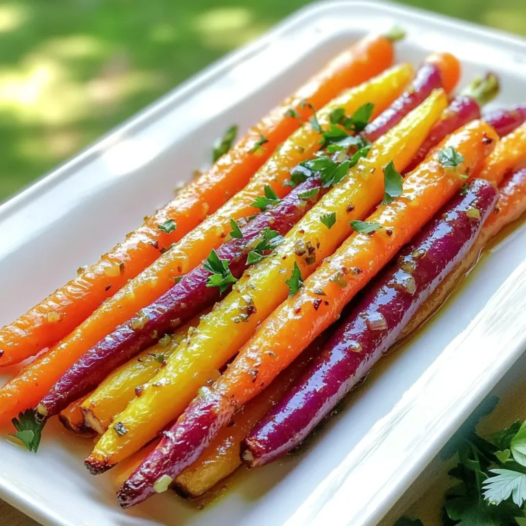 Die Hauptzutaten für dieses einfache Gericht sind wichtig, um den besten Geschmack zu erzielen. Hier ist, was du brauchst: - 450 g Regenbogenmöhren (verschiedene Farben), geschält und in Sticks geschnitten - 3 Esslöffel Olivenöl - 4 Knoblauchzehen, fein gehackt - 1 Esslöffel frische Thymianblätter - 1 Esslöffel frischer Rosmarin, gehackt - 1 Teelöffel Honig - Salz und Pfeffer nach Geschmack - Frische Petersilie, gehackt (zum Garnieren) Jede Zutat hat ihren eigenen Beitrag. Die Regenbogenmöhren bringen Farbe und Süße. Olivenöl sorgt für eine schöne Bräune. Knoblauch gibt einen starken, herzhaften Geschmack. Thymian und Rosmarin fügen eine frische Note hinzu. Regenbogenmöhren gibt es in vielen Farben: orange, lila, gelb und weiß. Jede Sorte hat einen einzigartigen Geschmack. - Orange Möhren sind süß und saftig. - Lila Möhren haben einen leicht erdigen Geschmack. - Gelbe Möhren sind süßer und milder. - Weiße Möhren sind knackig und mild. Mischst du verschiedene Farben, wird dein Gericht nicht nur bunt, sondern auch geschmacklich vielfältig. Es macht Spaß, die verschiedenen Sorten zu entdecken. Frische Kräuter und Gewürze sind der Schlüssel zu diesem Rezept. Sie bringen Aromen ins Spiel, die das Gericht lebendig machen. - Thymian hat einen warmen, erdigen Geschmack. - Rosmarin hat einen starken, harzigen Duft. - Knoblauch gibt Tiefe und einen kräftigen Geschmack. Die Kombination dieser Zutaten sorgt für ein harmonisches Geschmackserlebnis. Du kannst mit den Kräutern experimentieren und deine eigenen Lieblingskombinationen finden. Zuerst heize deinen Ofen auf 220°C vor. Diese hohe Temperatur hilft, die Möhren schön knusprig zu rösten. Während der Ofen aufheizt, schäle die Regenbogenmöhren und schneide sie in gleichmäßige Sticks. Achte darauf, dass alle Stücke ähnlich groß sind. So garen sie gleichmäßig. Bereite eine große Rührschüssel vor, um die Knoblauch-Kräuter-Ölmischung zu machen. Nimm die Rührschüssel und füge 3 Esslöffel Olivenöl hinzu. Dann kommen 4 fein gehackte Knoblauchzehen dazu. Der Knoblauch gibt einen tollen Geschmack. Füge 1 Esslöffel frische Thymianblätter und 1 Esslöffel frisch gehackten Rosmarin hinzu. Diese Kräuter bringen frische Aromen in dein Gericht. Jetzt kommt 1 Teelöffel Honig für eine süße Note, gefolgt von Salz und Pfeffer nach Geschmack. Rühre alles gut um. Dies sorgt dafür, dass sich die Aromen gut vermischen. Gib nun die Regenbogenmöhren-Sticks in die Schüssel mit der Ölmischung. Mische sie gründlich, bis alle Stücke gleichmäßig benetzt sind. Nimm ein Backblech und lege es mit Backpapier aus. Verteile die Möhren gleichmäßig in einer einzigen Schicht auf dem Blech. So garen sie besser. Schiebe das Blech für 20–25 Minuten in den Ofen. Wende die Möhren nach der Hälfte der Zeit, damit sie gleichmäßig bräunen. Nach der Garzeit nimm die Möhren heraus und lasse sie kurz abkühlen. Übertrage sie auf eine Servierplatte und bestreue sie mit frisch gehackter Petersilie. Um die besten Röstergebnisse zu erzielen, achte auf die Größe der Möhrenstücke. Schneide sie gleichmäßig in Sticks. So garen sie gleichmäßig. Das Rösten bei 220°C sorgt für eine schöne Bräunung. Wende die Möhren nach der Hälfte der Zeit. So bekommst du eine goldene Farbe auf allen Seiten. Saisonale Zutaten bringen den besten Geschmack. Nutze frische Kräuter aus deinem Garten oder dem Markt. Thymian und Rosmarin sind ideal für dieses Rezept. Sie geben den Möhren ein reiches Aroma. Außerdem kannst du andere saisonale Gemüsesorten probieren, wie Zucchini oder Paprika. Diese passen gut zu den Regenbogenmöhren. Ein häufiger Fehler ist, zu viele Möhren auf einmal zu rösten. Das führt zu Dampf und nicht zu knusprigen Möhren. Verteile die Möhren in einer einzigen Schicht auf dem Blech. Ein weiterer Fehler ist, die Möhren nicht zu würzen. Das Öl, der Knoblauch und die Kräuter sind wichtig für den Geschmack. Achte darauf, die Mischung gut zu verteilen. {{image_4}} Du kannst dieses Rezept leicht anpassen. Probiere andere Gemüsesorten wie Zucchini, Paprika oder Süßkartoffeln. Diese Gemüse bringen neue Geschmäcker ins Spiel. Sie eignen sich gut zum Rösten. Achte darauf, die Stücke gleich groß zu schneiden. So garen sie gleichmäßig. Mische verschiedene Farben für eine schöne Präsentation. Das Auge isst mit! Thymian und Rosmarin sind klasse, aber es gibt mehr! Zum Beispiel kannst du Oregano oder Basilikum verwenden. Diese Kräuter verleihen den Möhren einen frischen Geschmack. Experimentiere mit Dill für eine besondere Note. Achte darauf, frische Kräuter zu nutzen, da sie mehr Aroma bringen. Du kannst auch getrocknete Kräuter verwenden, aber reduzieren die Menge. Für eine süßere Note füge mehr Honig hinzu. Alternativ kannst du Ahornsirup oder Agavendicksaft verwenden. Diese Süßungsmittel passen gut zu den Möhren. Sie helfen, die natürliche Süße der Möhren zu betonen. Du kannst auch eine Prise Zimt dazugeben, um etwas Wärme zu bringen. Probiere es aus! Ich empfehle, die restlichen Knoblauch-Kräuter-Gerösteten Regenbogenmöhren in einem luftdichten Behälter aufzubewahren. So bleiben sie frisch. Lass die Möhren zuerst auf Raumtemperatur abkühlen. Danach decke den Behälter gut ab. Du kannst die Möhren bis zu drei Tage im Kühlschrank lagern. Wenn du die Möhren wieder aufwärmen möchtest, nutze den Ofen oder die Pfanne. Heize den Ofen auf 180°C vor. Lege die Möhren auf ein Backblech und erwärme sie für etwa 10 Minuten. Dadurch bleiben sie knusprig. Wenn du eine Pfanne verwendest, erhitze sie bei mittlerer Hitze. Füge ein wenig Olivenöl hinzu, um sie leicht anzubraten. Die Haltbarkeit im Kühlschrank beträgt etwa drei Tage. Achte darauf, die Möhren gut zu verpacken. Wenn sie länger gelagert werden, verlieren sie ihren Geschmack und ihre Textur. Für beste Ergebnisse genieße sie frisch nach dem Rösten. Die besten Beilagen sind einfach und frisch. Ich empfehle einen leichten Salat. Ein gemischter grüner Salat mit einem einfachen Dressing passt gut. Auch Quinoa oder Couscous sind tolle Optionen. Diese Beilagen ergänzen die Aromen der Möhren. Sie sorgen für eine bunte und gesunde Mahlzeit. Ja, du kannst das Rezept auch im Airfryer machen. Stelle die Temperatur auf 200°C ein. Röste die Möhren für etwa 15 bis 20 Minuten. Schüttele den Korb zwischendurch, damit sie gleichmäßig garen. Das Ergebnis wird knusprig und lecker. Es ist eine schnelle Methode, die Zeit spart. Um Regenbogenmöhren richtig zu schneiden, beginne mit dem Schälen. Danach schneide sie in gleichmäßige Sticks. Etwa 1 bis 2 cm dick sind ideal. So garen sie gleichmäßig. Achte darauf, dass die Stücke nicht zu klein sind. Zu kleine Stücke können verbrennen. Knoblauch-Kräuter-Geröstete Regenbogenmöhren sind lecker und einfach zuzubereiten. Wir haben verschiedene Möhrensorten betrachtet und die besten Zutaten ausgewählt. Die Verwendung von frischen Kräutern kann den Geschmack stark verbessern. Ich habe eine Schritt-für-Schritt-Anleitung gegeben, um das Rösten zu erleichtern und häufige Fehler zu vermeiden. Variationen und Lagerungstipps runden das Rezept ab. Diese Möhren sind ein tolles Gemüse, das jede Mahlzeit bereichert. Wagen Sie es, diese einfache Technik auszuprobieren!
