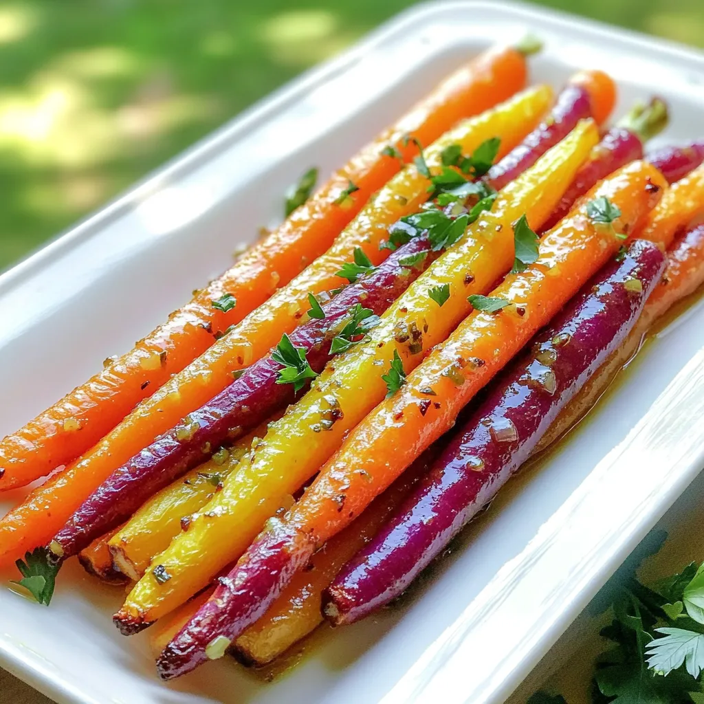 Die Hauptzutaten für dieses einfache Gericht sind wichtig, um den besten Geschmack zu erzielen. Hier ist, was du brauchst: - 450 g Regenbogenmöhren (verschiedene Farben), geschält und in Sticks geschnitten - 3 Esslöffel Olivenöl - 4 Knoblauchzehen, fein gehackt - 1 Esslöffel frische Thymianblätter - 1 Esslöffel frischer Rosmarin, gehackt - 1 Teelöffel Honig - Salz und Pfeffer nach Geschmack - Frische Petersilie, gehackt (zum Garnieren) Jede Zutat hat ihren eigenen Beitrag. Die Regenbogenmöhren bringen Farbe und Süße. Olivenöl sorgt für eine schöne Bräune. Knoblauch gibt einen starken, herzhaften Geschmack. Thymian und Rosmarin fügen eine frische Note hinzu. Regenbogenmöhren gibt es in vielen Farben: orange, lila, gelb und weiß. Jede Sorte hat einen einzigartigen Geschmack. - Orange Möhren sind süß und saftig. - Lila Möhren haben einen leicht erdigen Geschmack. - Gelbe Möhren sind süßer und milder. - Weiße Möhren sind knackig und mild. Mischst du verschiedene Farben, wird dein Gericht nicht nur bunt, sondern auch geschmacklich vielfältig. Es macht Spaß, die verschiedenen Sorten zu entdecken. Frische Kräuter und Gewürze sind der Schlüssel zu diesem Rezept. Sie bringen Aromen ins Spiel, die das Gericht lebendig machen. - Thymian hat einen warmen, erdigen Geschmack. - Rosmarin hat einen starken, harzigen Duft. - Knoblauch gibt Tiefe und einen kräftigen Geschmack. Die Kombination dieser Zutaten sorgt für ein harmonisches Geschmackserlebnis. Du kannst mit den Kräutern experimentieren und deine eigenen Lieblingskombinationen finden. Zuerst heize deinen Ofen auf 220°C vor. Diese hohe Temperatur hilft, die Möhren schön knusprig zu rösten. Während der Ofen aufheizt, schäle die Regenbogenmöhren und schneide sie in gleichmäßige Sticks. Achte darauf, dass alle Stücke ähnlich groß sind. So garen sie gleichmäßig. Bereite eine große Rührschüssel vor, um die Knoblauch-Kräuter-Ölmischung zu machen. Nimm die Rührschüssel und füge 3 Esslöffel Olivenöl hinzu. Dann kommen 4 fein gehackte Knoblauchzehen dazu. Der Knoblauch gibt einen tollen Geschmack. Füge 1 Esslöffel frische Thymianblätter und 1 Esslöffel frisch gehackten Rosmarin hinzu. Diese Kräuter bringen frische Aromen in dein Gericht. Jetzt kommt 1 Teelöffel Honig für eine süße Note, gefolgt von Salz und Pfeffer nach Geschmack. Rühre alles gut um. Dies sorgt dafür, dass sich die Aromen gut vermischen. Gib nun die Regenbogenmöhren-Sticks in die Schüssel mit der Ölmischung. Mische sie gründlich, bis alle Stücke gleichmäßig benetzt sind. Nimm ein Backblech und lege es mit Backpapier aus. Verteile die Möhren gleichmäßig in einer einzigen Schicht auf dem Blech. So garen sie besser. Schiebe das Blech für 20–25 Minuten in den Ofen. Wende die Möhren nach der Hälfte der Zeit, damit sie gleichmäßig bräunen. Nach der Garzeit nimm die Möhren heraus und lasse sie kurz abkühlen. Übertrage sie auf eine Servierplatte und bestreue sie mit frisch gehackter Petersilie. Um die besten Röstergebnisse zu erzielen, achte auf die Größe der Möhrenstücke. Schneide sie gleichmäßig in Sticks. So garen sie gleichmäßig. Das Rösten bei 220°C sorgt für eine schöne Bräunung. Wende die Möhren nach der Hälfte der Zeit. So bekommst du eine goldene Farbe auf allen Seiten. Saisonale Zutaten bringen den besten Geschmack. Nutze frische Kräuter aus deinem Garten oder dem Markt. Thymian und Rosmarin sind ideal für dieses Rezept. Sie geben den Möhren ein reiches Aroma. Außerdem kannst du andere saisonale Gemüsesorten probieren, wie Zucchini oder Paprika. Diese passen gut zu den Regenbogenmöhren. Ein häufiger Fehler ist, zu viele Möhren auf einmal zu rösten. Das führt zu Dampf und nicht zu knusprigen Möhren. Verteile die Möhren in einer einzigen Schicht auf dem Blech. Ein weiterer Fehler ist, die Möhren nicht zu würzen. Das Öl, der Knoblauch und die Kräuter sind wichtig für den Geschmack. Achte darauf, die Mischung gut zu verteilen. {{image_4}} Du kannst dieses Rezept leicht anpassen. Probiere andere Gemüsesorten wie Zucchini, Paprika oder Süßkartoffeln. Diese Gemüse bringen neue Geschmäcker ins Spiel. Sie eignen sich gut zum Rösten. Achte darauf, die Stücke gleich groß zu schneiden. So garen sie gleichmäßig. Mische verschiedene Farben für eine schöne Präsentation. Das Auge isst mit! Thymian und Rosmarin sind klasse, aber es gibt mehr! Zum Beispiel kannst du Oregano oder Basilikum verwenden. Diese Kräuter verleihen den Möhren einen frischen Geschmack. Experimentiere mit Dill für eine besondere Note. Achte darauf, frische Kräuter zu nutzen, da sie mehr Aroma bringen. Du kannst auch getrocknete Kräuter verwenden, aber reduzieren die Menge. Für eine süßere Note füge mehr Honig hinzu. Alternativ kannst du Ahornsirup oder Agavendicksaft verwenden. Diese Süßungsmittel passen gut zu den Möhren. Sie helfen, die natürliche Süße der Möhren zu betonen. Du kannst auch eine Prise Zimt dazugeben, um etwas Wärme zu bringen. Probiere es aus! Ich empfehle, die restlichen Knoblauch-Kräuter-Gerösteten Regenbogenmöhren in einem luftdichten Behälter aufzubewahren. So bleiben sie frisch. Lass die Möhren zuerst auf Raumtemperatur abkühlen. Danach decke den Behälter gut ab. Du kannst die Möhren bis zu drei Tage im Kühlschrank lagern. Wenn du die Möhren wieder aufwärmen möchtest, nutze den Ofen oder die Pfanne. Heize den Ofen auf 180°C vor. Lege die Möhren auf ein Backblech und erwärme sie für etwa 10 Minuten. Dadurch bleiben sie knusprig. Wenn du eine Pfanne verwendest, erhitze sie bei mittlerer Hitze. Füge ein wenig Olivenöl hinzu, um sie leicht anzubraten. Die Haltbarkeit im Kühlschrank beträgt etwa drei Tage. Achte darauf, die Möhren gut zu verpacken. Wenn sie länger gelagert werden, verlieren sie ihren Geschmack und ihre Textur. Für beste Ergebnisse genieße sie frisch nach dem Rösten. Die besten Beilagen sind einfach und frisch. Ich empfehle einen leichten Salat. Ein gemischter grüner Salat mit einem einfachen Dressing passt gut. Auch Quinoa oder Couscous sind tolle Optionen. Diese Beilagen ergänzen die Aromen der Möhren. Sie sorgen für eine bunte und gesunde Mahlzeit. Ja, du kannst das Rezept auch im Airfryer machen. Stelle die Temperatur auf 200°C ein. Röste die Möhren für etwa 15 bis 20 Minuten. Schüttele den Korb zwischendurch, damit sie gleichmäßig garen. Das Ergebnis wird knusprig und lecker. Es ist eine schnelle Methode, die Zeit spart. Um Regenbogenmöhren richtig zu schneiden, beginne mit dem Schälen. Danach schneide sie in gleichmäßige Sticks. Etwa 1 bis 2 cm dick sind ideal. So garen sie gleichmäßig. Achte darauf, dass die Stücke nicht zu klein sind. Zu kleine Stücke können verbrennen. Knoblauch-Kräuter-Geröstete Regenbogenmöhren sind lecker und einfach zuzubereiten. Wir haben verschiedene Möhrensorten betrachtet und die besten Zutaten ausgewählt. Die Verwendung von frischen Kräutern kann den Geschmack stark verbessern. Ich habe eine Schritt-für-Schritt-Anleitung gegeben, um das Rösten zu erleichtern und häufige Fehler zu vermeiden. Variationen und Lagerungstipps runden das Rezept ab. Diese Möhren sind ein tolles Gemüse, das jede Mahlzeit bereichert. Wagen Sie es, diese einfache Technik auszuprobieren!