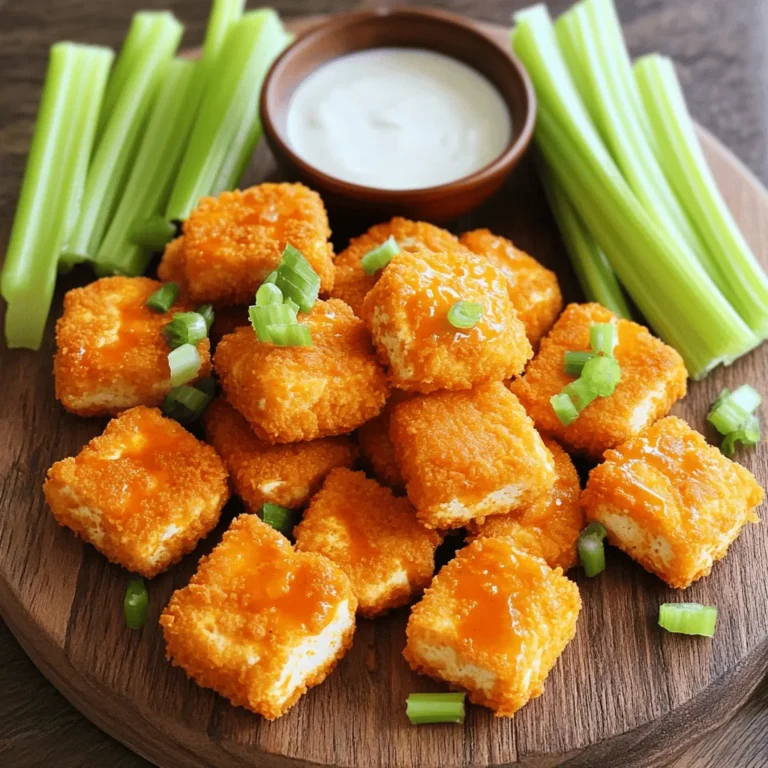 - 1 Block fester Tofu - Weizenmehl und Gewürze - Semmelbrösel und Buffalo-Sauce Die Hauptzutaten für die Crispy Baked Buffalo Tofu Nuggets sind einfach und leicht zu finden. Zuerst brauchst du einen Block festen Tofu. Achte darauf, dass er gut gepresst und abgetropft ist. So wird der Tofu knusprig und lecker. Dann kommt das Weizenmehl ins Spiel. Du mischst es mit einigen Gewürzen, um den Nuggets Geschmack zu geben. Die Mischung enthält Knoblauchpulver, Paprika, Cayennepfeffer, Salz und schwarzen Pfeffer. Diese Gewürze bringen eine tolle Würze und einen leichten Kick. Für die knusprige Hülle benötigst du Semmelbrösel. Ich empfehle Panko-Semmelbrösel, denn sie machen die Nuggets extra knusprig. Du wirst den Unterschied schmecken! Und natürlich darf die Buffalo-Sauce nicht fehlen. Sie gibt den Nuggets ihren typischen scharfen und würzigen Geschmack. Mit diesen Zutaten kannst du die perfekten Crispy Baked Buffalo Tofu Nuggets zubereiten. Mach dich bereit, sie zu genießen! Heize deinen Ofen auf 220°C vor. Lege ein Backblech mit Backpapier aus. Dies hilft, die Nuggets knusprig zu halten. Schneide den gepressten Tofu in mundgerechte Würfel oder Nuggets. Achte darauf, dass die Stücke gleich groß sind, damit sie gleichmäßig garen. Stelle den geschnittenen Tofu beiseite, während du die Marinade vorbereitest. Vermische in einer Schüssel das Weizenmehl, Knoblauchpulver, Paprika, Cayennepfeffer, Salz und schwarzen Pfeffer. Dies wird deine gewürzte Mehlmischung. In einer separaten Schüssel gib die Mandelmilch. Fülle eine dritte Schüssel mit Semmelbröseln. Tauche nun jedes Tofu-Nugget zuerst in die Mehlmischung. Danach in die Mandelmilch und schließlich in die Semmelbrösel. Drücke die Brösel fest auf den Tofu, damit sie gut haften. Lege die panierten Nuggets auf das Backblech in einer einzelnen Schicht. Achte darauf, dass sie sich nicht berühren. Träufle Olivenöl über die Nuggets. Backe sie 20 bis 25 Minuten. Wende die Nuggets zur Halbzeit, damit sie goldbraun werden. Nach dem Backen wälze die Nuggets in der Buffalo-Sauce. Du kannst sie für weitere 5 Minuten in den Ofen zurückgeben, um die Knusprigkeit zu verstärken. Serviere sie heiß mit einem Dip. Um die besten Tofu-Nuggets zu machen, drücke den Tofu gut. Dies entfernt die überschüssige Flüssigkeit. Lass den Tofu nach dem Pressen abtropfen. Das hilft, die Gewürze besser aufzunehmen. Du kannst die Gewürzmischung nach deinem Geschmack anpassen. Füge mehr Cayennepfeffer für mehr Schärfe hinzu, wenn du es würziger magst. Oder nimm weniger, wenn du es mild magst. Nutze Panko-Semmelbrösel für mehr Knusprigkeit. Diese Brösel sind dicker und geben den Nuggets einen tollen Crunch. Drücke die Brösel gut auf den Tofu, damit sie haften. Um die Knusprigkeit zu verstärken, backe die Nuggets nach dem Wenden in Buffalo-Sauce erneut für fünf Minuten. Dies macht sie noch knuspriger und leckerer. {{image_4}} Du kannst dein Rezept ganz einfach anpassen. Probiere BBQ-Sauce anstelle von Buffalo-Sauce. Der Rauchgeschmack bringt eine neue Note. Du kannst auch verschiedene Gewürzkombinationen ausprobieren. Füge etwas Kreuzkümmel oder italienische Kräuter hinzu. So wird es spannend und du entdeckst neue Geschmäcker. Wenn du glutenfrei bist, wähle glutenfreie Semmelbrösel. Diese funktionieren gut und machen die Nuggets knusprig. Du kannst auch andere pflanzliche Milch verwenden. Hafermilch oder Sojamilch sind gute Optionen. Diese Alternativen bieten dir viele Möglichkeiten, um dein Gericht zu variieren. Bewahre die Reste in einem luftdichten Behälter auf. So bleiben die Nuggets frisch. Du kannst sie im Kühlschrank lagern. Dort halten sie etwa drei bis vier Tage. Achte darauf, dass sie gut verschlossen sind. So bleibt die Knusprigkeit länger erhalten. Um die Nuggets wieder knusprig zu machen, empfehle ich den Ofen. Heize ihn auf 180°C vor. Lege die Nuggets auf ein Backblech und backe sie für etwa 10 Minuten. Das macht sie wieder schön knusprig. Wenn du es schnell magst, kannst du auch die Mikrowelle nutzen. Achte darauf, sie nicht zu lange zu erhitzen. Ein bis zwei Minuten reichen oft. Allerdings werden sie nicht so knusprig wie im Ofen. Die Nuggets bleiben im Kühlschrank etwa 3-4 Tage frisch. Lagere sie in einem luftdichten Behälter. Wenn du die Nuggets länger aufbewahren möchtest, friere sie ein. Im Gefrierschrank halten sie bis zu 2 Monate. Achte darauf, sie gut einzupacken, um Gefrierbrand zu vermeiden. Ja, du kannst die Nuggets auch im Air fryer zubereiten. Heize den Air fryer auf 200°C vor. Lege die Nuggets in einer einzigen Schicht hinein. Backe sie für 10-15 Minuten. Wende sie nach der Hälfte der Zeit, um eine gleichmäßige Bräunung zu erreichen. Diese Methode macht die Nuggets besonders knusprig! Das Rezept ist nicht automatisch glutenfrei. Um dies zu ändern, verwende glutenfreies Mehl. Stelle sicher, dass die Semmelbrösel ebenfalls glutenfrei sind. So kannst du die Nuggets genießen, ohne Gluten zu verwenden. Sie haben nun alle wichtigen Schritte, um köstliche Buffalo-Soja-Nuggets zuzubereiten. Wir haben die Hauptzutaten und die Vorbereitung, den Panierprozess sowie das Backen und Servieren besprochen. Mit den Tipps für perfekte Nuggets und den vielen möglichen Variationen wird Ihr Gericht immer neu und spannend bleiben. Denken Sie an die Aufbewahrungshinweise, um die Reste frisch zu halten. Jetzt ist es Zeit, Ihre eigenen Tofu-Nuggets zu kreieren und auszuprobieren. Viel Spaß beim Kochen und Genießen!