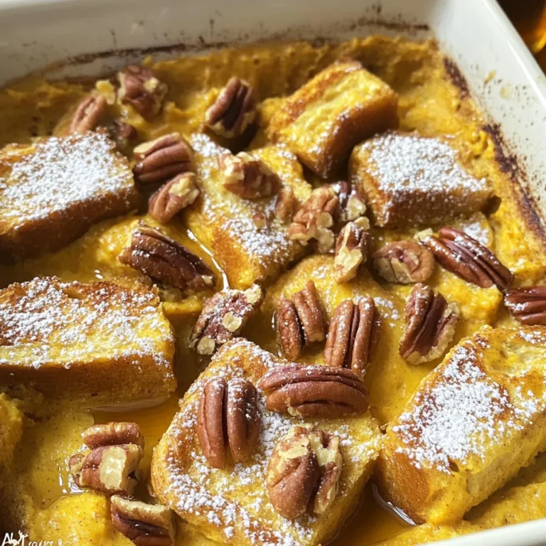 - 8 Scheiben altbackenes Baguette, gewürfelt - 1 Dose (425 g) Kürbispüree - 4 große Eier - 2 Tassen Milch (oder Mandelmilch) Die Hauptbestandteile sind einfach und leicht zu finden. Altbackenes Baguette sorgt für eine schöne Textur. Das Kürbispüree bringt den vollen Geschmack des Herbstes. Eier und Milch binden alles zusammen und machen es cremig. - 1/2 Tasse brauner Zucker, fest gepackt - 1 Esslöffel Vanilleextrakt - 2 Teelöffel Kürbiskuchengewürz - 1 Teelöffel Zimt - 1/4 Teelöffel Muskatnuss Die Süßstoffe und Gewürze sind der Schlüssel. Brauner Zucker gibt eine süße Tiefe. Vanilleextrakt fügt einen warmen, reichen Geschmack hinzu. Das Kürbiskuchengewürz, Zimt und Muskatnuss machen das Gericht aromatisch und einladend. Diese Gewürze sind perfekt für die kalte Jahreszeit. - 1/2 Tasse gehackte Pecannüsse oder Walnüsse (optional) - Ahornsirup zum Servieren Die optionalen Zutaten fügen eine besondere Note hinzu. Gehackte Nüsse geben einen schönen Crunch. Ahornsirup ist ein Muss zum Servieren. Er bringt die Süße und ergänzt die Gewürze perfekt. - Heize den Ofen auf 180 °C vor. - Fette eine 23x33 cm große Auflaufform mit Butter oder Kochspray ein. - Nimm eine große Rührschüssel und gib das Kürbispüree, die Eier und die Milch hinein. - Füge den braunen Zucker, den Vanilleextrakt, das Kürbiskuchengewürz, den Zimt, die Muskatnuss und das Salz hinzu. - Verquirle alles gut, bis die Mischung glatt ist. - Schneide das altbackene Baguette in kleine Würfel und lege sie gleichmäßig in die gefettete Auflaufform. - Gieße die Kürbismischung gleichmäßig über das Brot. - Drücke mit einem Spatel leicht auf das Brot, damit es die Mischung gut aufnimmt. - Falls gewünscht, streue die gehackten Pecannüsse oder Walnüsse darüber. - Decke die Form mit Aluminiumfolie ab. - Lass den Auflauf 20-30 Minuten ruhen oder stelle ihn über Nacht in den Kühlschrank. - Entferne die Folie, bevor du den Auflauf 35-40 Minuten backst. - Der Auflauf ist fertig, wenn die Eiermasse fest und die Oberseite goldbraun ist. - Lass ihn leicht abkühlen, bevor du ihn servierst. - Übernacht-Zubereitung für besseren Geschmack: Wenn du den Auflauf über Nacht im Kühlschrank lässt, wird der Geschmack besser. Die Brotwürfel saugen die Kürbismischung gut auf. So wird jeder Bissen saftig und lecker. - Richtiges Einweichen des Brotes: Achte darauf, dass du das Brot gut mit der Mischung übergießt. Drücke vorsichtig mit einem Spatel darauf, damit alle Stücke Flüssigkeit aufnehmen. So wird der Auflauf gleichmäßig feucht und schmeckt köstlich. - Garnierungen für zusätzlichen Genuss: Serviere den Auflauf warm mit einem großzügigen Schuss Ahornsirup. Du kannst auch Puderzucker oder gehackte Nüsse darüber streuen. Das gibt einen tollen Crunch und sieht hübsch aus. - Kombinationen mit Getränken oder Beilagen: Zu diesem Auflauf passen viele Getränke. Ein warmer Apfelwein oder eine Tasse Kaffee sind super. Du kannst auch frisches Obst wie Äpfel oder Birnen dazu reichen. - Zu wenig einweichen: Wenn du das Brot nicht lange genug einweichst, bleibt es trocken. Achte darauf, dass jedes Stück gut durchtränkt ist. - Überbacken des Auflaufs: Backe den Auflauf nicht zu lange. Wenn die Eiermasse fest und die Oberseite goldbraun ist, ist er fertig. Ein Überbacken macht ihn trocken und weniger lecker. {{image_4}} Um die Kürbiskäse French Toast Casserole gesünder zu machen, kann man Mandelmilch verwenden. Mandelmilch hat weniger Kalorien als normale Milch. Sie gibt dem Auflauf trotzdem einen tollen Geschmack. Ein weiterer Punkt ist der Zuckergehalt. Reduzieren Sie den braunen Zucker auf eine 1/4 Tasse. Nutzen Sie auch natürliche Süßstoffe wie Honig oder Ahornsirup. Das macht den Auflauf süß, ohne zu viel Zucker zu verwenden. Um den Auflauf interessanter zu machen, können Sie Schokoladenstückchen hinzufügen. Diese schmelzen während des Backens und sorgen für einen tollen Geschmack. Sie können auch andere Nüsse oder Früchte verwenden. Cashewkerne oder Mandeln passen gut. Äpfel oder Birnen geben dem Gericht eine frische Note. Fügen Sie mehr Kürbisgewürz oder Zimt hinzu, um den Herbstgeschmack zu verstärken. Diese Gewürze bringen den Duft von Fall in Ihr Zuhause. Verschiedene Brotsorten können auch spannend sein. Probieren Sie Vollkornbrot oder Brioche für eine besondere Textur. Jede Brotsorte bringt ihren eigenen Charakter in den Auflauf. Um den Kürbiskäse French Toast Auflauf frisch zu halten, gibt es einige Optionen. Sie können den Auflauf nach dem Backen in den Kühlschrank stellen. Decken Sie ihn gut ab, um den Geschmack zu bewahren. Im Kühlschrank bleibt er bis zu drei Tage frisch. Für eine längere Lagerung können Sie den Auflauf auch einfrieren. Schneiden Sie ihn in Portionen. Wickeln Sie jede Portion in Frischhaltefolie und dann in Folie. So bleibt der Auflauf bis zu drei Monate haltbar. Um den Auflauf aufzuwärmen, heizen Sie den Ofen auf 180 °C vor. Legen Sie den Auflauf in eine Auflaufform und decken Sie ihn mit Aluminiumfolie ab. Dies hilft, die Feuchtigkeit zu halten. Backen Sie ihn etwa 20 Minuten lang, bis er gut durchgewärmt ist. Wenn Sie nur eine Portion aufwärmen möchten, können Sie die Mikrowelle nutzen. Erhitzen Sie die Portion für 1-2 Minuten, bis sie warm ist. Meal Prep macht das Kochen einfacher und schneller. Sie können den Auflauf am Sonntag zubereiten und für die Woche aufbewahren. Nach dem Backen lassen Sie den Auflauf abkühlen, bevor Sie ihn schneiden. Verpacken Sie die Portionen in luftdichten Behältern. So haben Sie jeden Morgen eine leckere Mahlzeit bereit. Es spart Zeit und macht das Frühstück stressfrei! Die Gesamtzeit für den Kürbiskäse French Toast Auflauf beträgt etwa eine Stunde. Die Vorbereitungszeit ist schnell. Sie brauchen nur etwa 15 Minuten. Die Backzeit dauert dann 35-40 Minuten. Dies gibt Ihnen genug Zeit, um die perfekte Mischung zu machen und alles in den Ofen zu bringen. Ja, Sie können den Auflauf im Voraus machen. Es ist sogar besser, ihn über Nacht ruhen zu lassen. Das gibt den Aromen Zeit, sich zu vermischen. Sie bereiten alles zu und stellen es in den Kühlschrank. Am nächsten Morgen backen Sie ihn einfach. Das spart Zeit und sorgt für mehr Geschmack. Für den perfekten Genuss empfehle ich, den Auflauf mit warmem Ahornsirup zu servieren. Eine Prise Puderzucker macht das Ganze noch schöner. Gehackte Nüsse oder ein Klecks Schlagsahne sind auch tolle Ergänzungen. Diese Beilagen machen Ihr Frühstück noch festlicher und köstlicher. Dieser Auflauf aus Altbrot und Kürbispüree ist einfach zuzubereiten. Ich habe die Hauptbestandteile wie Baguette, Kürbispüree, Eier und Milch verwendet. Brauner Zucker und Gewürze geben ihm den besonderen Geschmack. Die Tipps helfen dir, Fehler zu vermeiden und den besten Genuss zu garantieren. Variiere die Rezepte nach deinem Geschmack und nutze die Aufbewahrungshinweise, um Reste frisch zu halten. Mit diesen Ideen gelingt dir ein köstlicher Auflauf, der jede Saison begeistert. Jetzt bist du bereit, ihn selbst zu probieren!