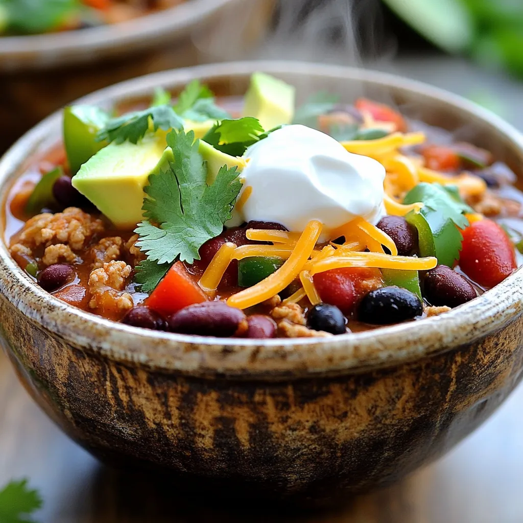 - 450 g gemahlenes Truthahnfleisch - 1 Dose (425 g) schwarze Bohnen, abgetropft und abgespült - 1 Dose (425 g) Kidneybohnen, abgetropft und abgespült - 1 Dose (800 g) gewürfelte Tomaten, mit Saft - 1 Zwiebel, fein gehackt - 2 Knoblauchzehen, gehackt - 1 Paprika (rot oder grün), gewürfelt - 2 Esslöffel Chilipulver - 1 Teelöffel Kreuzkümmel - 1 Teelöffel geräuchertes Paprikapulver - 1 Teelöffel getrockneter Oregano - 240–480 ml Mais (frisch, gefroren oder aus der Dose) - Salz und Pfeffer nach Geschmack - 1 Esslöffel Olivenöl - Optionale Toppings: gehackter Koriander, Avocado, geriebener Käse, Sauerrahm Die Hauptzutaten für mein Slow Cooker Truthahn Chili sind einfach und gesund. Gemahlenes Truthahnfleisch ist mager und voll von Geschmack. Es gibt viele Bohnen in diesem Chili. Schwarze und Kidneybohnen bringen Protein und Ballaststoffe. Beide sind perfekt für die Textur. Die gewürfelten Tomaten geben eine schöne Basis. Sie machen das Chili feucht und lecker. Zwiebel und Knoblauch fügen viel Geschmack hinzu. Wenn du sie anbrätst, kommt ihr Aroma richtig zur Geltung. Paprika bringt frische Farben und einen süßen Geschmack. Die Gewürze sind das Herzstück. Chilipulver sorgt für die Schärfe. Kreuzkümmel und geräuchertes Paprikapulver geben Tiefe. Oregano rundet das Ganze ab. Der Mais ist optional, aber ich liebe ihn. Er macht das Chili süßer und bringt noch mehr Textur. Du kannst alles nach deinem Geschmack anpassen. Salz und Pfeffer sind wichtig, um den Geschmack zu heben. Mit diesen Zutaten wird dein Chili sicher ein Hit! - Zwiebeln und Knoblauch anbraten: Zuerst erhitze das Olivenöl in einer großen Pfanne. Füge die fein gehackte Zwiebel und den gehackten Knoblauch hinzu. Brate sie bei mittlerer Hitze an, bis die Zwiebel weich und durchsichtig ist. Das dauert etwa 3-4 Minuten. - Truthahnfleisch anbraten: Gib das gemahlene Truthahnfleisch in die Pfanne. Zerkleinere es mit einem Kochlöffel. Brate das Fleisch, bis es braun und durchgegart ist. Das dauert ungefähr 5-7 Minuten. - Zutaten für den Slow Cooker vorbereiten: Übertrage die Truthanmischung in den Slow Cooker. Füge die gewürfelten Tomaten, die abgetropften Bohnen und die gewürfelte Paprika hinzu. Vergiss nicht, auch den Mais, die Gewürze und Salz hinzuzufügen. Rühre alles gut um. - Einschalten und Kochzeiten: Setze den Deckel auf den Slow Cooker. Koche das Chili auf niedriger Stufe für 6-8 Stunden oder auf hoher Stufe für 3-4 Stunden. - Prüfen der Konsistenz und Würze: Nach der Kochzeit überprüfe die Konsistenz. Das Chili sollte dick und sprudelnd sein. Schmecke es ab und passe die Gewürze nach deinem Geschmack an. - Optimale Temperaturen und Zeiten: Verwende niedrige Temperatur für ein zartes Ergebnis. Koche das Chili 6-8 Stunden auf niedriger Stufe oder 3-4 Stunden auf hoher Stufe. So verschmelzen die Aromen gut. - Anpassen der Gewürze: Probiere das Chili während des Kochens. Füge mehr Chilipulver hinzu, wenn du es schärfer magst. Eine Prise Salz kann den Geschmack verstärken. - Toppings wie Koriander und Avocado: Frisch gehackter Koriander bringt Frische. Würfel die Avocado und lege sie oben drauf für Cremigkeit. Geriebener Käse und Sauerrahm runden das Chili ab. - Beilagenideen: Serviere das Chili mit knusprigem Brot oder Tortilla-Chips. Reis ist eine gute Beilage, um das Chili zu ergänzen. {{image_4}} Slow Cooker Turkey Chili ist sehr anpassbar. Du kannst viele zusätzliche Zutaten verwenden, um es noch besser zu machen. - Gemüseschichten und Extras: Füge Karotten, Zucchini oder Mais hinzu. Diese Gemüsesorten geben mehr Geschmack und Nährstoffe. - Alternative Fleischsorten: Du kannst auch Rinderhackfleisch oder Hähnchen verwenden. Diese Fleischsorten bringen einen anderen Geschmack in dein Chili. Für besondere Diäten gibt es viele Optionen, die du ausprobieren kannst. - Glutenfreie und low-carb Optionen: Verwende nur Bohnen und Gemüse. So bleibt das Chili glutenfrei und hat wenig Kohlenhydrate. - Vegane Alternativen: Ersetze das Truthahnfleisch durch Linsen oder Kichererbsen. Diese Bohnen geben dir eine füllende und gesunde Option. Mit diesen Variationen kannst du dein Chili ganz nach deinem Geschmack anpassen. Experimentiere und finde deine Lieblingskombination! Um Reste von Slow Cooker Truthahn Chili richtig zu lagern, gehe so vor: - Kühlen: Lass das Chili auf Raumtemperatur abkühlen. Danach fülle es in einen luftdichten Behälter. - Einfrieren: Du kannst das Chili auch einfrieren. Verwende dafür einen gefrierfesten Behälter oder Beutel. Haltbarkeit: - Im Kühlschrank hält sich das Chili bis zu 3-4 Tage. - Im Gefrierschrank bleibt es bis zu 3 Monate frisch. Um das Chili aufzuwärmen, nutze diese Methoden: - Mikrowelle: Stelle das Chili in eine mikrowellenfeste Schüssel. Erhitze es in 1-2 Minuten Intervallen. Rühre zwischendurch um. - Herd: Gib das Chili in einen Topf. Erwärme es bei mittlerer Hitze, bis es heiß ist. Tipps für die beste Qualität: - Füge beim Erwärmen etwas Wasser oder Brühe hinzu. Das hilft, die Konsistenz zu verbessern. - Prüfe die Gewürze nach dem Erwärmen. Möglicherweise brauchst du etwas mehr Salz oder Pfeffer. Du kannst Slow Cooker Truthahn Chili bis zu vier Tage im Kühlschrank aufbewahren. Stelle sicher, dass du das Chili in einem luftdichten Behälter lagerst. So bleibt es frisch. Wenn du möchtest, kannst du auch die Zutaten getrennt halten, um die Haltbarkeit zu erhöhen. Überprüfe immer den Geruch und die Farbe, bevor du es isst. Ja, das Chili lässt sich gut einfrieren. Fülle es in einen gefrierfesten Behälter. Achte darauf, etwas Platz zu lassen, da sich Flüssigkeit beim Gefrieren ausdehnt. Du kannst es bis zu drei Monate im Gefrierschrank aufbewahren. Um es aufzutauen, lege den Behälter über Nacht in den Kühlschrank. Zum Erwärmen kannst du es in der Mikrowelle oder auf dem Herd erhitzen. Für ein perfektes Essen empfehle ich folgende Beilagen: - Reis oder Quinoa - Tortilla-Chips - Frisches Brot oder Baguette - Salat mit frischen Gemüse - Getränke wie Limonade oder Bier Diese Beilagen passen gut zu dem herzhaften Geschmack des Chilis und machen dein Essen noch besser. Wir haben die Hauptzutaten für das Slow Cooker Truthahn Chili, die Zubereitung und die besten Tipps besprochen. Mit einfachen Schritten und kreativen Variationen kannst du ein tolles Gericht zaubern. Denke daran, die Reste richtig zu lagern und beim Servieren etwas Spaß zu haben. Egal, ob du neue Wege ausprobierst oder die klassische Variante bevorzugst, genieße das Chili in vollen Zügen. So wird jede Mahlzeit zum Genuss.