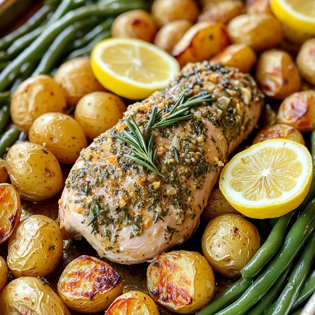 - 1,5 lbs (ca. 680 g) Truthahn Tenderloin - 4 Knoblauchzehen, fein gehackt - 2 Esslöffel frischer Rosmarin, gehackt - 2 Esslöffel frischer Thymian, gehackt - 1 lb (ca. 450 g) Baby-Kartoffeln, halbiert - 2 Tassen grüne Bohnen, geputzt Die Hauptzutaten sind einfach und frisch. Der Truthahn Tenderloin ist mager und zart. Knoblauch fügt viel Geschmack hinzu. Frische Kräuter wie Rosmarin und Thymian bringen Aroma. Baby-Kartoffeln sind perfekt zum Rösten. Grüne Bohnen geben eine schöne Farbe und Textur. - 1 Esslöffel Olivenöl - 1 Teelöffel Paprika - Salz und Pfeffer nach Geschmack Öl hilft, die Zutaten zu verbinden und zu rösten. Paprika bringt eine schöne Wärme. Salz und Pfeffer sind wichtig für den Geschmack. Sie können die Gewürze nach Ihrem Geschmack anpassen. - 1 Zitrone, in Scheiben geschnitten Die Zitrone bringt Frische und einen tollen Geschmack. Sie sorgt dafür, dass das Gericht nicht trocken wird. Zitronenscheiben verleihen dem Truthahn und dem Gemüse eine schöne Note. Diese Zutaten machen das Gericht einfach und lecker. Mit frischen Aromen und tollen Texturen wird es ein Hit auf jedem Tisch. Heizen Sie Ihren Ofen auf 200°C vor. Diese Temperatur hilft, das Truthahn Tenderloin perfekt zu garen. Ein gut vorgeheizter Ofen sorgt für eine gleichmäßige Hitze und saftiges Fleisch. Mischen Sie in einer kleinen Schüssel die folgenden Zutaten: - 4 Knoblauchzehen, fein gehackt - 2 Esslöffel frischer Rosmarin, gehackt - 2 Esslöffel frischer Thymian, gehackt - 1 Esslöffel Olivenöl - 1 Teelöffel Paprika - Salz und Pfeffer nach Geschmack Vermengen Sie alles gut, bis eine glatte Paste entsteht. Reiben Sie die Kräuterpaste gleichmäßig über das Truthahn Tenderloin. Diese Mischung verleiht dem Fleisch einen tollen Geschmack. Bereiten Sie das Gemüse vor: - Halbieren Sie 1 lb Baby-Kartoffeln. - Putzen Sie 2 Tassen grüne Bohnen. Legen Sie die halbierten Kartoffeln auf ein Backblech. Träufeln Sie etwas Olivenöl darüber und würzen Sie sie mit Salz und Pfeffer. Mischen Sie alles gut. Platzieren Sie das gewürzte Truthahn Tenderloin in der Mitte des Blech. Verteilen Sie die grünen Bohnen gleichmäßig um das Fleisch. Rösten Sie alles im Ofen für 25 bis 30 Minuten. Überprüfen Sie die Innentemperatur des Truthahn Tenderloin. Sie sollte 75°C erreichen. Lassen Sie das Fleisch nach dem Garen etwa 5 Minuten ruhen. Dies hilft, die Säfte im Fleisch zu halten. Jetzt sind Sie bereit, das zarte Fleisch in Scheiben zu schneiden und zu servieren. Um die Garzeit anzupassen, überprüfen Sie die Dicke des Truthahn Tenderloins. Ein dickeres Stück braucht länger. Ein zartes Tenderloin erreicht die Innentemperatur von 165°F (75°C) in etwa 25-30 Minuten. Verwenden Sie ein Fleischthermometer, um sicher zu sein. Wenn Sie kleine Stücke schneiden, reduzieren sich die Garzeiten. Achten Sie auch auf die Kartoffeln. Sie sollten weich und goldbraun sein. Sie können andere Kräuter verwenden, um den Geschmack zu ändern. Basilikum passt gut zu diesem Gericht. Auch Oregano und Petersilie sind tolle Alternativen. Frische Kräuter bringen mehr Aroma. Trockenkräuter sind ebenfalls eine Option, aber verwenden Sie weniger, da sie stärker sind. Experimentieren Sie mit Ihren Lieblingskräutern für neuen Geschmack. Die Anrichtung ist wichtig für das Gesamtbild. Servieren Sie die Truthahn-Scheiben auf einem großen Teller. Arrangieren Sie die Kartoffeln und Bohnen in einem schönen Muster. Garnieren Sie das Gericht mit frischen Kräutern und Zitronenspalten. Diese bringen Farbe und Frische. Ein Spritzer Zitrone vor dem Servieren hebt den Geschmack hervor. So wird Ihr Gericht nicht nur lecker, sondern auch ansprechend. {{image_4}} Welche Gemüsesorten harmonieren gut mit diesem Gericht? Für das Knoblauch Kräuter Truthahn Tenderloin Blechgericht eignen sich viele Gemüsesorten. Ich empfehle dir, mit saisonalen Gemüsen zu experimentieren. Hier sind einige Ideen: - Karotten, in Scheiben geschnitten - Zucchini, gewürfelt - Paprika, in Streifen geschnitten - Brokkoli, in Röschen geteilt - Rosenkohl, halbiert Diese Gemüsesorten bringen Farbe und Geschmack. Sie passen gut zu dem saftigen Truthahn und den Kartoffeln. Du kannst sie einfach um das Tenderloin anordnen und die Garzeit anpassen. Achte darauf, dass die Stücke gleich groß sind, damit alles gleichmäßig gart. Was sind Alternativen zu Paprika und Kräutern? Wenn du nach neuen Aromen suchst, probiere verschiedene Gewürze. Hier sind einige tolle Alternativen: - Kreuzkümmel für eine warme Note - Curry-Pulver für einen exotischen Geschmack - Zitronenpfeffer für Frische - Italienische Gewürzmischung für mediterranen Flair Diese Varianten bringen Abwechslung in dein Gericht. Du kannst auch frische Kräuter wie Basilikum oder Petersilie verwenden. Sie fügen einen neuen Geschmack hinzu und sehen toll aus. Welche glutenfreien und kalorienarmen Optionen gibt es? Für eine glutenfreie Version achte darauf, dass alle Zutaten glutenfrei sind. Das Rezept ist bereits glutenfrei, wenn du frische Gewürze und Gemüse verwendest. Um die Kalorien zu reduzieren, kannst du: - Weniger Olivenöl verwenden - Mehr Gemüse und weniger Kartoffeln hinzufügen - Das Tenderloin ohne Haut verwenden Diese Anpassungen machen das Gericht leicht und gesund. Du bekommst immer noch den vollen Geschmack, ohne zu viele Kalorien. Experimentiere mit den Mengen, um deinen persönlichen Geschmack zu treffen. Bewahre die Reste im Kühlschrank auf. Am besten ist ein luftdichter Behälter. So bleibt das Aroma frisch. Lasse das Essen auf Raumtemperatur abkühlen, bevor du es lagerst. Das schützt die Textur und den Geschmack. Um die Reste aufzuwärmen, benutze den Ofen. Stelle ihn auf 350°F (175°C) ein. Lege das Essen in eine Auflaufform und decke es mit Folie ab. So bleibt die Feuchtigkeit erhalten. Du kannst die Reste auch in der Mikrowelle warm machen. Stelle die Leistung auf mittel. Erwärme das Essen portionsweise, damit es gleichmäßig erhitzt wird. Die Reste sind im Kühlschrank etwa 3 bis 4 Tage haltbar. Achte darauf, das Essen gut zu lagern. Wenn du es länger aufbewahren möchtest, friere die Reste ein. Eingefroren halten sie bis zu 3 Monate. Achte darauf, das Essen gut zu verpacken, um Gefrierbrand zu vermeiden. Das Garen des Truthahn Tenderloins dauert etwa 25 bis 30 Minuten im Ofen. Die ideale Temperatur sind 400°F oder 200°C. Es ist wichtig, die Innentemperatur zu prüfen. Sie sollte 165°F oder 75°C erreichen. So stellt man sicher, dass das Fleisch sicher zu essen ist. Die Kartoffeln und grünen Bohnen sollten ebenfalls zart sein. Ja, Sie können das Rezept im Voraus zubereiten. Bereiten Sie die Kräuterpaste und reiben Sie das Truthahn Tenderloin ein. Legen Sie es dann in den Kühlschrank. Das Gemüse können Sie ebenfalls schneiden und lagern. Vor dem Garen nehmen Sie alles aus dem Kühlschrank. Lassen Sie es etwas Raumtemperatur annehmen, bevor Sie es in den Ofen geben. So bleiben die Aromen frisch und lecker. Zu diesem Truthahn Tenderloin passen viele Beilagen gut. Ich empfehle: - Geröstete Karotten - Salat mit frischen Kräutern - Quinoa oder Reis - Knuspriges Brot Diese Beilagen ergänzen das Gericht wunderbar und bringen Abwechslung auf den Tisch. Das Gericht besteht aus zartem Truthahn Tenderloin, frischen Kräutern und Gemüse. Wir haben die Schritte zur Zubereitung gemeinsam durchgearbeitet. Mit den richtigen Tipps und Variationen kannst du das Rezept ganz nach deinem Geschmack anpassen. Denke auch an die Lagerung und das Aufwärmen der Reste. So bleibt dein Essen frisch und lecker. Probiere es aus und genieße die Aromen!