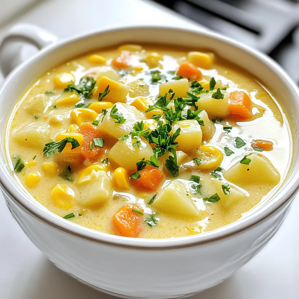 Für diese leckere cremige Maissuppe brauchst du: - 4 Tassen frische Maiskörner (oder gefrorener Mais) - 1 mittelgroße Zwiebel, gewürfelt - 2 Knoblauchzehen, fein gehackt - 2 mittelgroße Kartoffeln, gewürfelt - 3 Karotten, gewürfelt - 4 Tassen Gemüsebrühe - 1 Tasse Schlagsahne (oder Kokoscreme für eine milchfreie Variante) Diese Zutaten sind die Basis für den vollen Geschmack. Der frische Mais gibt der Suppe eine süße Note. Die Kartoffeln und Karotten sorgen für die richtige Textur und Fülle. Um den Geschmack zu verbessern, füge diese Gewürze hinzu: - 1 Teelöffel getrockneter Thymian - 1 Teelöffel geräuchertes Paprikapulver - Salz und Pfeffer nach Geschmack - 2 Esslöffel Olivenöl Der Thymian bringt eine erdige Note. Das geräucherte Paprikapulver fügt einen herrlichen, leicht rauchigen Geschmack hinzu. Diese Gewürze machen die Suppe besonders aromatisch. Um die Suppe schön zu servieren, kannst du frische Kräuter verwenden: - Frische Petersilie oder Schnittlauch zum Garnieren Die grünen Kräuter geben einen frischen Akzent und machen die Suppe optisch ansprechend. Sie verleihen jedem Löffel einen zusätzlichen Frischekick. Zuerst sammeln wir alle Zutaten. Das macht das Kochen einfacher und schneller. Du brauchst: - 4 Tassen frische Maiskörner (oder gefrorener Mais) - 1 mittelgroße Zwiebel, gewürfelt - 2 Knoblauchzehen, fein gehackt - 2 mittelgroße Kartoffeln, gewürfelt - 3 Karotten, gewürfelt - 4 Tassen Gemüsebrühe - 1 Tasse Schlagsahne (oder Kokoscreme für eine milchfreie Variante) - 1 Teelöffel getrockneter Thymian - 1 Teelöffel geräuchertes Paprikapulver - Salz und Pfeffer nach Geschmack - 2 Esslöffel Olivenöl - Frische Petersilie oder Schnittlauch zum Garnieren Beginne mit dem Schneiden der Zwiebel, Knoblauch, Kartoffeln und Karotten. Diese Vorbereitung hilft, die Aromen zu entfalten. Erhitze das Olivenöl in einer Pfanne bei mittlerer Hitze. Füge die gewürfelte Zwiebel hinzu und brate sie etwa 5 Minuten lang, bis sie weich und glasig ist. Gib dann den fein gehackten Knoblauch dazu und brate ihn für 1 weitere Minute. Überführe die gebratene Zwiebel und den Knoblauch in den Slow Cooker. Füge die Maiskörner, die gewürfelten Kartoffeln, die Karotten und die Gemüsebrühe hinzu. Rühre den Thymian und das geräucherte Paprikapulver ein. Würze mit Salz und Pfeffer nach Geschmack. Decke den Slow Cooker ab. Lasse die Suppe entweder 6-8 Stunden auf niedriger Stufe oder 3-4 Stunden auf hoher Stufe garen, bis die Kartoffeln und Karotten weich sind. Wenn das Gemüse gar ist, verwende einen Stabmixer. Püriere etwa die Hälfte der Suppe. So erhältst du eine cremige Textur. Alternativ kannst du einen Teil in einen Standmixer geben, pürieren und dann zurück in den Slow Cooker geben. Rühre die Schlagsahne (oder Kokoscreme) unter. Lasse die Suppe für weitere 15-20 Minuten auf niedriger Hitze erhitzen. Passe die Würzung nach deinem Geschmack an. Serviere die Suppe heiß, garniert mit frischer Petersilie oder Schnittlauch. Für die beste Konsistenz deiner Suppe püriere nur die Hälfte. So bleibt sie cremig, aber auch stückig. Das gibt der Suppe mehr Textur. Wenn du eine ganz glatte Suppe magst, püriere alles. Nutze einen Stabmixer direkt im Slow Cooker. Alternativ kannst du auch einen Standmixer verwenden. Achte darauf, dass du die heiße Suppe vorsichtig pürierst. Die Aromen sind wichtig für den Geschmack. Du kannst mehr Thymian oder geräuchertes Paprikapulver hinzufügen, je nach Vorliebe. Möchtest du es schärfer? Füge eine Prise Cayennepfeffer hinzu. Frische Kräuter wie Petersilie oder Schnittlauch geben einen frischen Kick. Probiere auch andere Gewürze aus, um die Suppe zu personalisieren. Plane deine Zeit gut, um das Beste aus dem Slow Cooker herauszuholen. Setze die Zeit auf niedrig, wenn du den ganzen Tag weg bist. So kannst du die Suppe 6 bis 8 Stunden köcheln lassen. Bei weniger Zeit nutze die hohe Stufe, die 3 bis 4 Stunden benötigt. Überprüfe die Suppe immer vor dem Servieren. So stellst du sicher, dass das Gemüse weich und lecker ist. {{image_4}} Um die Maissuppe vegan zu machen, ersetze die Schlagsahne durch Kokoscreme. Das gibt der Suppe eine reichhaltige, cremige Textur. Du kannst auch die Gemüsebrühe verwenden, die garantiert keine tierischen Produkte enthält. Diese einfache Anpassung macht die Suppe perfekt für alle, die pflanzliche Ernährung bevorzugen. Wenn du mehr Proteine willst, füge Bohnen hinzu. Schwarze Bohnen oder Kichererbsen passen gut. Du kannst sie einfach direkt in den Slow Cooker geben. Sie bringen nicht nur Nährstoffe, sondern auch eine schöne Textur. Auch geräucherter Tofu ist eine tolle Wahl. Er gibt der Suppe einen herzhaften Geschmack. Fühl dich frei, das Gemüse nach deinem Geschmack zu variieren! Brokkoli oder Zucchini sind gute Ergänzungen. Sie kochen schnell und bringen frische Aromen. Auch Paprika oder Sellerie können eine schöne Abwechslung bieten. Denke daran, die Garzeit anzupassen, je nachdem, welches Gemüse du verwendest. Wenn du Reste von der cremigen Maissuppe hast, kannst du sie einfach im Kühlschrank aufbewahren. Lass die Suppe zuerst auf Raumtemperatur abkühlen. Fülle sie dann in einen luftdichten Behälter. So bleibt die Suppe frisch. Im Kühlschrank hält sie sich bis zu fünf Tage. Du kannst die Suppe auch einfrieren. Fülle sie in gefrierfreundliche Behälter oder Beutel. Achte darauf, etwas Platz zu lassen, damit sie sich ausdehnen kann. So bleibt die Suppe bis zu drei Monate haltbar. Wenn du sie essen möchtest, lass sie im Kühlschrank über Nacht auftauen. Um die Suppe wieder zu erwärmen, kannst du sie auf dem Herd oder in der Mikrowelle erhitzen. Wenn du sie auf dem Herd erwärmst, mache es bei niedriger Hitze. Rühre oft, damit sie gleichmäßig heiß wird. Wenn die Suppe zu dick ist, füge etwas Gemüsebrühe oder Wasser hinzu. In der Mikrowelle erhitze die Suppe in kurzen Intervallen. So kannst du sicherstellen, dass sie gleichmäßig warm wird. Die Maissuppe bleibt im Kühlschrank etwa 3 bis 5 Tage frisch. Achte darauf, sie in einem luftdichten Behälter zu lagern. So bleibt der Geschmack erhalten. Ja, gefrorener Mais ist eine gute Option. Er spart Zeit und eignet sich perfekt für die Suppe. Du musst ihn nicht vorher auftauen. Füge ihn einfach direkt in den Slow Cooker. Ja, diese Maissuppe ist glutenfrei. Alle Zutaten enthalten kein Gluten. Du kannst sie ohne Bedenken genießen, auch wenn du eine glutenfreie Diät befolgst. In diesem Artikel habe ich Ihnen alles zur Maissuppe erklärt. Wir haben die besten Zutaten, die Schritt-für-Schritt-Anleitung und nützliche Tipps durchgenommen. Auch Variationen und Aufbewahrungstipps waren Teil des Themas. Jetzt sind Sie bereit, Ihre eigene Maissuppe zu machen. Probieren Sie verschiedene Aromen aus. Genießen Sie die angebotenen Variationen und finden Sie Ihre Lieblingsversion. Viel Spaß beim Kochen!