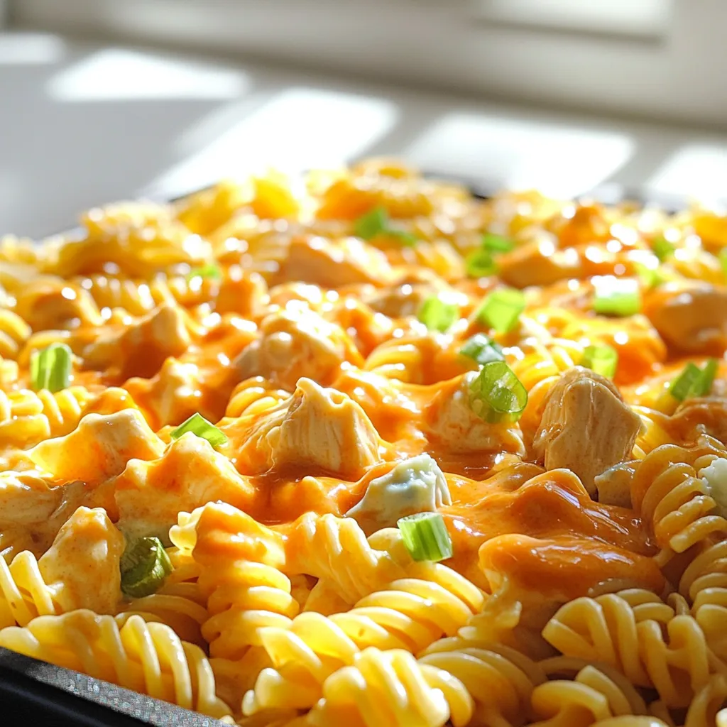 - 2 Tassen Rotini-Pasta - 450 g Hähnchenbrustfilets - 1 Tasse Buffalo-Sauce Die Rotini-Pasta bringt eine tolle Textur in dieses Gericht. Diese Form fängt die Sauce gut ein. Hähnchenbrustfilets sind mager und kochen schnell. Sie geben dem Gericht einen herzhaften Geschmack. Buffalo-Sauce sorgt für die nötige Schärfe und Würze. Du kannst die Menge nach deinem Geschmack anpassen. - 1 Teelöffel Knoblauchpulver - 1 Teelöffel Zwiebelpulver - ½ Teelöffel Paprika - Salz und Pfeffer nach Geschmack - 4 Tassen Hühnerbrühe Die Gewürze bringen Tiefe in das Gericht. Knoblauchpulver und Zwiebelpulver geben ein schönes Aroma. Paprika fügt eine leichte Süße hinzu. Salz und Pfeffer sind wichtig, um den Geschmack auszugleichen. Hühnerbrühe gibt der Pasta eine reiche Basis und sorgt dafür, dass alles gut zusammenkommt. - 1 Tasse Schlagsahne - 1 Tasse geriebener Cheddar-Käse - ½ Tasse Blauschimmelkäse-Brösel (optional) Die Schlagsahne macht die Sauce schön cremig. Sie sorgt dafür, dass sich die Aromen gut verbinden. Geriebener Cheddar-Käse schmilzt wunderbar und bringt einen herzhaften Geschmack. Wenn du es etwas würziger magst, füge Blauschimmelkäse-Brösel hinzu. Sie geben dem Gericht einen zusätzlichen Kick. - Zuerst erhitze das Olivenöl in einem großen Topf über mittlerer Hitze. - Schneide die Hähnchenbrust in mundgerechte Stücke. - Würze das Hähnchen mit Knoblauchpulver, Zwiebelpulver, Paprika, Salz und Pfeffer. - Brate das Hähnchen 6 bis 8 Minuten, bis es goldbraun ist. - Füge dann die Buffalo-Sauce hinzu und lasse es für 2 Minuten köcheln. - Gieße die Hühnerbrühe in den Topf und bringe alles zum Kochen. - Wenn es kocht, füge die Rotini-Pasta hinzu. - Reduziere die Hitze und lasse die Pasta 10 bis 12 Minuten simmern. - Rühre gelegentlich um, damit die Pasta nicht kleben bleibt. - Nach dem Kochen der Pasta reduziere die Hitze auf niedrig. - Rühre die Schlagsahne und den geriebenen Cheddar-Käse ein. - Warte, bis alles geschmolzen und cremig ist. - Füge nach Wunsch Blauschimmelkäse-Brösel hinzu und passe die Gewürze an. - Serviere das Gericht sofort und garniere es mit gehackten Frühlingszwiebeln. - Al dente Kochen: Koche die Rotini-Pasta so, dass sie fest bleibt. Sie sollte bissfest sein. Das sorgt für einen tollen Biss in jedem Bissen. Achte darauf, die Pasta nur so lange zu kochen, wie es auf der Packung steht. Ein kurzer Test hilft dir, die perfekte Konsistenz zu finden. - Hinzufügen von Flüssigkeit bei Bedarf: Wenn die Pasta zu trocken aussieht, füge etwas mehr Hühnerbrühe hinzu. Rühre gut um, damit die Pasta die Flüssigkeit aufnehmen kann. So bleibt das Gericht schön cremig und saftig. - Weitere Gewürze hinzufügen: Du kannst den Geschmack mit weiteren Gewürzen aufpeppen. Eine Prise Kreuzkümmel oder Cayennepfeffer kann das Gericht würziger machen. Probiere es aus, um deinen eigenen Geschmack zu finden. - Alternative Käsesorten verwenden: Du kannst auch andere Käsesorten ausprobieren. Mozzarella oder Gouda geben eine andere Note. Mische verschiedene Käsesorten für mehr Abwechslung. Das macht das Gericht noch spannender. - Verwendung von Garnituren: Frische Kräuter wie Petersilie oder Koriander machen das Gericht schön und frisch. Streue sie über die Pasta, bevor du servierst. Das sieht toll aus und schmeckt auch besser. - Servieroptionen: Du kannst die Pasta in einer großen Schüssel servieren oder in einzelnen Tellern anrichten. Das macht es zu einem tollen Gericht für Gäste. Denk daran, auch die Blauschimmelkäse-Brösel gut zu verteilen. Sie sorgen für einen extra Kick. {{image_4}} Wenn du kein Hähnchen magst, probiere Putenschnitzel. Putenschnitzel hat einen ähnlichen Geschmack und ist mager. Du kannst die Stücke gleich zubereiten wie die Hähnchenbrust. Einfach würzen und anbraten. Rindfleisch ist eine weitere tolle Option. Verwende Rinderhack oder dünne Rinderstreifen. Achte darauf, das Fleisch gut zu bräunen, bevor du die Sauce hinzufügst. So bleibt der Geschmack intensiv. Für eine vegetarische Option nutze Tofu oder frisches Gemüse. Tofu ist neutral im Geschmack und nimmt die Aromen gut auf. Schneide ihn in Würfel und brate ihn goldbraun. Gemüse wie Brokkoli, Paprika oder Zucchini sind ebenfalls lecker. Du kannst sie kurz anbraten, bevor du die Sauce hinzufügst. Statt Buffalo-Sauce kannst du auch BBQ-Sauce verwenden. Das gibt dem Gericht eine süßere Note. Um den Geschmack zu verändern, nutze ungewöhnliche Käsesorten. Feta oder Gouda sind gute Alternativen zu Cheddar. Sie bringen eine neue Dimension an Geschmack. Wechsel auch den Pastatyp. Spaghetti oder Penne passen gut zu diesem Rezept. Experimentiere mit verschiedenen Formen, um das Gericht interessant zu halten. Um die Reste gut aufzubewahren, lasse die Pasta zuerst abkühlen. Das schützt den Geschmack und die Textur. Du kannst die Reste dann in einem luftdichten Behälter im Kühlschrank lagern. Dort bleiben sie bis zu drei Tage frisch. Möchtest du die Pasta länger aufbewahren? Dann friere sie ein. Teile die Pasta in Portionen und verwende gefrierfeste Behälter oder Beutel. So bleibt sie bis zu drei Monate haltbar. Wenn du die Pasta wieder aufwärmen möchtest, gibt es einfache Methoden. Du kannst sie in einem Topf bei niedriger Hitze auf dem Herd erwärmen. Füge etwas Hühnerbrühe oder Wasser hinzu. Das hilft, die Pasta feucht zu halten. Eine andere Methode ist die Mikrowelle. Stelle die Pasta in eine mikrowellengeeignete Schüssel und decke sie ab. Erhitze sie in kurzen Intervallen und rühre zwischendurch um. Um Trockenheit zu vermeiden, achte darauf, die Pasta nicht zu lange zu erhitzen. Das kann sie zäh machen. Ein kleiner Trick: Füge beim Aufwärmen einen Spritzer Buffalo-Sauce hinzu. So bleibt der Geschmack lebendig! Die Pasta hält sich gut im Kühlschrank für bis zu drei Tage. Packe sie in einen luftdichten Behälter. Achte darauf, dass die Pasta gut abgekühlt ist, bevor du sie lagerst. So bleibt sie frisch und lecker. Ja, du kannst die Buffalo-Sauce leicht selbst machen. Mische einfach: - ½ Tasse scharfe Soße - ½ Tasse geschmolzene Butter - 1 Esslöffel Essig - 1 Teelöffel Knoblauchpulver Rühre alles gut zusammen. Probiere die Mischung und passe die Schärfe nach deinem Geschmack an! Das Rezept hat einige gesunde Zutaten, aber auch reichlich Fett durch die Sahne und den Käse. Wenn du es gesünder machen willst, kannst du: - Die Schlagsahne durch griechischen Joghurt ersetzen. - Weniger Käse verwenden oder einen fettarmen Käse wählen. - Mehr Gemüse hinzufügen, wie Spinat oder Brokkoli. So bleibt der Geschmack toll, und du sparst Kalorien! Dieses Gericht kombiniert einfache Zutaten zu einem großartigen Essen. Wir haben Hauptzutaten wie Pasta, Hähnchen und Buffalo-Sauce verwendet. Gewürze und Brühe bringen den Geschmack. Cremige Zutaten wie Sahne und Käse machen alles lecker. Denk daran, dass du mit verschiedenen Fleisch- oder Gemüsealternativen spielen kannst. Außerdem kannst du die Reste super lagern und wieder aufwärmen. Viel Spaß beim Ausprobieren!