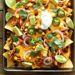 Für dieses einfache Rezept brauchst du einige wichtige Zutaten: - 2 Tassen zerrupftes, gekochtes Hähnchen - 1 Tasse BBQ-Sauce (deine Lieblingsmarke) - 1 Tüte Tortilla-Chips (340 g) - 1 ½ Tassen geriebener Cheddar-Käse - 1 Tasse schwarze Bohnen, abgetropft und gespült - 1 Tasse Mais (frisch, aus der Dose oder gefroren) - ½ rote Zwiebel, dünn geschnitten - 1 Jalapeño, in Scheiben geschnitten (optional für Schärfe) - ½ Tasse saure Sahne - ½ Tasse frisch gehackter Koriander - 1 Avocado, gewürfelt - Limettenviertel zum Servieren Diese Zutaten sorgen für einen tollen Geschmack. Das zerrupfte Hähnchen wird von der BBQ-Sauce umhüllt. Die Tortilla-Chips bieten den perfekten Crunch. Der Käse schmilzt schön und vereint alles. Falls du keine Tortilla-Chips magst, gibt es tolle Alternativen: - Pita-Chips - Gemüsechips - Kichererbsen-Chips Diese Optionen bringen neue Texturen und Geschmäcker. Probiere sie aus und finde deinen Favoriten. Du kannst das Rezept leicht anpassen: - Glutenfrei: Wähle glutenfreie Chips. - Vegetarisch: Ersetze das Hähnchen durch geröstetes Gemüse oder Tofu. - Vegan: Nutze vegane Käsealternativen und lasse die saure Sahne weg oder verwende pflanzliche Alternativen. So machst du das Gericht für jeden geeignet. Es bleibt lecker und voller Geschmack. Heize deinen Ofen auf 200 °C vor. Das sorgt für gleichmäßige Wärme. Während der Ofen heizt, bereite alles vor. Nimm eine mittelgroße Schüssel. Hier vermischst du das zerrupfte Hähnchen mit der BBQ-Sauce. Stelle sicher, dass das Hähnchen gut bedeckt ist. Das gibt dem Gericht tollen Geschmack. Nimm die Schüssel mit Hähnchen. Füge die BBQ-Sauce hinzu und rühre gut um. Du willst, dass jedes Stück Hähnchen mit Sauce überzogen ist. Diese Mischung ist der Star deiner Nachos. Es ist wichtig, dass du die Sauce magst. Wähle deine Lieblingsmarke für den besten Geschmack. Lege die Tortilla-Chips gleichmäßig auf ein großes Backblech. Das sorgt für eine tolle Basis. Verteile das BBQ-Hähnchen gleichmäßig über die Chips. Danach streue die schwarzen Bohnen und den Mais darauf. Füge die roten Zwiebel- und Jalapeño-Scheiben hinzu, wenn du scharfe Nachos magst. Jetzt kommt der Käse! Streue den geriebenen Cheddar-Käse großzügig darüber. Backe die Nachos im vorgeheizten Ofen für 10-12 Minuten. Der Käse sollte schmelzen und blubbern. Nimm die Nachos aus dem Ofen und lasse sie eine Minute abkühlen. Beträufle sie dann mit saurer Sahne und garniere sie mit gewürfelter Avocado und frischem Koriander. Serviere die Nachos gleich mit Limettenvierteln. Der frische Limettengeschmack macht alles noch besser. Um den Käse perfekt zu schmelzen, wähle hochwertigen Cheddar. Der Käse sollte frisch gerieben sein. So schmilzt er gleichmäßiger und besser. Achte darauf, die Nachos bei 200 °C zu backen. Diese Temperatur sorgt für eine schnelle Schmelze. Überbacke die Nachos nicht zu lange, sonst wird der Käse hart. Kontrolliere sie nach 10 Minuten. Du kannst den Geschmack deiner Nachos aufpeppen. Füge Oliven oder gehackte Paprika hinzu. Ein Spritzer Limettensaft verstärkt die Frische. Frische Kräuter wie Koriander bringen mehr Aroma. Für mehr Schärfe, nutze Jalapeños oder etwas scharfe Sauce. Experimentiere mit verschiedenen BBQ-Saucen. Jede Sauce gibt den Nachos einen eigenen Charakter. Nachos sind am besten frisch. Wenn du Reste hast, lagere sie in einem luftdichten Behälter. Die Nachos bleiben bis zu zwei Tage frisch. Zum Aufwärmen lege die Nachos auf ein Backblech. Heize den Ofen auf 180 °C vor und backe sie für 5-7 Minuten. So bleiben sie knusprig. Vermeide die Mikrowelle, denn sie macht die Nachos matschig. {{image_4}} Wenn du nach einer vegetarischen oder veganen Variante suchst, ersetze das Hähnchen. Du kannst gebratene Pilze oder gewürzte Tofuwürfel verwenden. Diese Optionen geben viel Geschmack. Für die BBQ-Sauce achte darauf, eine vegane Variante zu wählen. Du kannst auch schwarze Bohnen oder Kichererbsen für Protein hinzufügen. Verliere nicht die Avocado und den Koriander aus den Augen; sie bringen Frische und Geschmack. Je nach Region kannst du verschiedene Saucen oder Zutaten probieren. In Texas sind scharfe Jalapeños beliebt. In Kalifornien mag man frische Avocado und Salsa. In Mexiko kannst du frische Tomaten und Guacamole hinzufügen. Experimentiere mit verschiedenen Käsesorten, wie Monterey Jack oder Queso Fresco. So erhältst du neue Geschmackserlebnisse. Für Partys oder Game Days sind diese Nachos ein Hit. Du kannst sie auf einem großen Blech servieren. So können alle einfach zugreifen. Bastel einen Nacho-Bar, wo jeder seine eigenen Toppings wählen kann. Biete verschiedene Saucen an, wie Salsa, Guacamole oder Sour Cream. Denk an die Dekoration: Limettenviertel und frischer Koriander machen das Gericht lebendig. BBQ Hähnchen-Nachos sind lecker, aber auch nährstoffreich. Eine Portion (ca. 1/6 des Gesamtgerichts) hat ungefähr: - Kalorien: 450 - Fett: 22 g - Kohlenhydrate: 45 g - Eiweiß: 20 g Diese Werte können je nach Zutaten variieren. Du solltest die genauen Werte auf den Packungen prüfen. Es gibt viele Möglichkeiten, BBQ Hähnchen-Nachos gesünder zu machen. Hier sind einige Optionen: - Tortilla-Chips: Verwende Vollkorn-Chips für mehr Ballaststoffe. - BBQ-Sauce: Wähle eine zuckerfreie oder hausgemachte Sauce. - Käse: Nutze fettarmen Käse, um die Fettaufnahme zu reduzieren. - Sauerrahm: Ersetze die saure Sahne durch griechischen Joghurt für mehr Protein. Mit diesen Alternativen bleibt der Geschmack großartig, aber die Nachos werden gesünder. Denke daran, die Portionen klug zu wählen. Eine Portion sollte etwa 1/6 der gesamten Mischung sein. So bleibst du in einem gesunden Bereich. Um die Nachos noch gesünder zu machen, kannst du frisches Gemüse als Beilage anbieten. Zum Beispiel: - Karottensticks - Paprika-Scheiben - Gurken Diese Snacks bringen Farbe und Crunch auf den Tisch und sind voll mit Nährstoffen. Du kannst das Rezept im Voraus zubereiten, indem du das Hähnchen mit BBQ-Sauce vermischst und die Nachos zusammenstellst. Lege die Tortilla-Chips auf das Blech. Verteile das Hähnchen, die Bohnen und den Mais darauf. Decke alles mit Käse ab und lagere das Blech im Kühlschrank. Backe die Nachos einfach, wenn du bereit bist. Sie sind schnell und lecker! Ja, gefrorenes Hähnchen ist möglich. Du musst es jedoch zuerst auftauen. Koche das Hähnchen, bis es gar ist. Danach zerkleinere es und mische es mit BBQ-Sauce. Achte darauf, dass das Hähnchen gut gewürzt ist. So wird es genauso lecker wie frisches Hähnchen. Zu BBQ Hähnchen-Nachos passen viele Beilagen. Hier sind einige Ideen: - Guacamole für einen cremigen Geschmack. - Salsa für Frische und Schärfe. - Jalapeños für zusätzlichen Kick. - Frischer Koriander für mehr Aroma. - Saure Sahne, um die Schärfe abzumildern. Diese Beilagen machen deine Nachos noch besser! BBQ Hähnchen-Nachos sind lecker und vielfältig. In diesem Artikel haben wir die Hauptzutaten, Alternativen zu Tortilla-Chips und Anpassungen für Diäten besprochen. Die Schritt-für-Schritt-Anleitung hilft dir, jedem Schritt zu folgen. Unsere Tipps sorgen dafür, dass dein Käse perfekt schmilzt, und die Variationen bieten für jeden Geschmack etwas. Denke daran, gesunde Optionen zu wählen und die Portionen zu kontrollieren. So genießt du den vollen Geschmack ohne schlechtes Gewissen. Viel Spaß beim Nachmachen und Experimentieren mit deinen eigenen Ideen!