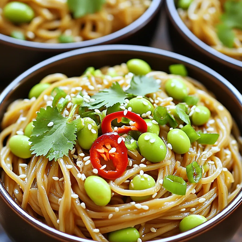- 225 g Soba-Nudeln - 1 Tasse geschälte Edamame (frisch oder gefroren) - 3 Esslöffel Sesamöl - 4 Knoblauchzehen, fein gehackt - 1-2 rote Chilischoten, in feine Scheiben geschnitten (nach Geschmack anpassen) - 3 Esslöffel Sojasauce (oder Tamari für glutenfrei) - 1 Esslöffel Reisessig - 2 Frühlingszwiebeln, in Ringe geschnitten - 1 Esslöffel Sesamsamen (zur Garnierung) - Frischer Koriander (optional, zur Garnierung) In diesem Rezept sind die Soba-Nudeln die Hauptzutat. Sie sind glutenfrei und haben einen nussigen Geschmack. Edamame bringt einen tollen, frischen Biss mit. Sesamöl fügt ein feines Aroma hinzu. Für den Geschmack sorgen die Gewürze. Knoblauch gibt ein würziges Aroma, und die Chilischoten bringen Schärfe. Sojasauce und Reisessig sorgen für eine perfekte Balance. Die Garnierungen machen das Gericht spannend. Frühlingszwiebeln geben Frische, während Sesamsamen für Crunch sorgen. Wenn du magst, füge frischen Koriander hinzu. So wird das Gericht noch aromatischer. 1. Fülle einen großen Topf mit Wasser und füge Salz hinzu. 2. Bringe das Wasser zum Kochen. 3. Gib die Soba-Nudeln ins Wasser. 4. Koche die Nudeln für 4-5 Minuten. 1. In den letzten 2 Minuten der Kochzeit, füge die Edamame hinzu. 2. Achte darauf, dass du die Nudeln und Edamame vorsichtig abgießt. 3. Spüle sie unter kaltem Wasser ab, um den Kochprozess zu stoppen. 1. Während die Nudeln kochen, erhitze das Sesamöl in einer großen Pfanne. 2. Füge den gehackten Knoblauch und die geschnittene Chili hinzu. 3. Brate alles für 1-2 Minuten, bis es duftet, aber nicht braun wird. 1. Gib die abgetropften Nudeln und Edamame in die Pfanne. 2. Beträufle alles mit Sojasauce und Reisessig. 3. Vermenge die Zutaten vorsichtig, bis alles gut bedeckt ist. 1. Teile die Nudeln auf Schüsseln auf. 2. Garniere sie mit Frühlingszwiebeln, Sesamsamen und frischem Koriander. - So bleibt das Gemüse knackig: Koche die Edamame nur kurz mit den Nudeln. Das hält sie frisch und grün. Achte darauf, sie nicht zu lange zu kochen. - Kontrolle der Garzeit: Überprüfe die Nudeln nach 4 Minuten. Sie sollten weich, aber nicht matschig sein. Ein kurzer Blick auf die Packungsanweisung hilft dir hier. - Ersetzen von Sojasauce durch Tamari: Tamari hat einen ähnlichen Geschmack, ist aber glutenfrei. So passt es gut zu verschiedenen Diäten. Du kannst auch einen Hauch von Fischsauce für mehr Tiefe hinzufügen. - Schärfe anpassen: Die Menge der roten Chilischoten kannst du nach deinem Geschmack variieren. Fange mit einer kleinen Menge an, wenn du es milder magst. Du kannst immer mehr hinzufügen. - Anrichten für eine ansprechende Optik: Serviere die Nudeln in tiefen Schalen. Ein kleiner Haufen Nudeln sieht toll aus. Garniere mit Sesamsamen und Chili-Scheiben für einen Farbtupfer. - Verwendung von frischen Kräutern: Frischer Koriander bringt frische Aromen. Er sieht zudem schön aus und macht das Gericht lebendig. Du kannst auch Frischkäse oder gehackte Minze ausprobieren. {{image_4}} Du kannst die Nudeln einfach aufpeppen. Füge beliebtes Gemüse hinzu. Paprika und Brokkoli passen gut. So wird das Gericht bunter und gesünder. Gefrorenes Gemüse ist auch eine tolle Option. Es spart Zeit und ist super praktisch. Achte darauf, das Gemüse nicht zu lange zu kochen. So bleibt es knackig und frisch. Hier gibt es viele Möglichkeiten. Du kannst Tofu oder Hühnchen hinzufügen. Tofu macht das Gericht vegan und lecker. Hühnchen bringt extra Protein. Wenn du das Gericht für eine Gruppe machst, ist es gut, beide Optionen anzubieten. So kann jeder nach seinem Geschmack wählen. Das macht das Essen noch vielseitiger. Die Nudeln sind nicht festgelegt. Du kannst verschiedene Sorten ausprobieren. Reisnudeln sind leicht und zart. Vollkornnudeln sind gesund und sättigend. Beide Alternativen sind einfach zuzubereiten. Achte darauf, die Kochzeiten anzupassen. So bekommst du die beste Textur. Experimentiere mit deinen Lieblingsnudeln und finde die perfekte Kombination. Wenn du Reste von Chili Knoblauch Edamame Nudeln hast, lagere sie im Kühlschrank. Packe die Nudeln in einen luftdichten Behälter. So bleiben sie frisch und lecker. Du kannst die Reste bis zu drei Tage aufbewahren. Achte darauf, dass die Nudeln nicht in einer offenen Schüssel stehen. Um die Reste aufzuwärmen, nutze eine Pfanne oder die Mikrowelle. In der Pfanne erhitzt du sie bei mittlerer Hitze. Füge einen Spritzer Wasser hinzu, um die Nudeln feucht zu halten. In der Mikrowelle kannst du sie in kurzen Intervallen erwärmen. Das hilft, den Geschmack zu erhalten. Rühre die Nudeln dabei gut um. Wenn du die Nudeln länger aufbewahren möchtest, friere sie ein. Portioniere die Nudeln in geeignete Behälter. Stelle sicher, dass sie gut verschlossen sind. So bleiben sie bis zu einen Monat frisch. Zum Auftauen lege die Nudeln über Nacht in den Kühlschrank. Du kannst sie auch direkt in die Mikrowelle geben. Erwärme sie, bis sie durch sind. Die Zubereitung dieser Nudeln dauert insgesamt etwa 15 Minuten. Dabei sind 10 Minuten für die Vorbereitung und 5 Minuten für das Kochen der Nudeln und Edamame eingeplant. Du bringst zuerst Wasser in einem großen Topf zum Kochen. Dann kochst du die Soba-Nudeln für etwa 4 bis 5 Minuten. In den letzten 2 Minuten fügst du die Edamame hinzu. Ja, du kannst die Nudeln im Voraus zubereiten. Koche die Nudeln und Edamame, lasse sie abkühlen und lagere sie in einem luftdichten Behälter. Im Kühlschrank halten sie sich bis zu drei Tage. Wenn du bereit bist zu essen, wärme die Nudeln in einer Pfanne mit etwas Sesamöl und Sojasauce auf. Ja, dieses Rezept lässt sich leicht für mehr Portionen anpassen. Verdopple einfach die Zutaten. Achte darauf, dass du genug Platz in deinem Topf hast, um die Nudeln und Edamame ordentlich zu kochen. So kannst du eine größere Menge zubereiten und alle werden satt. Wenn du keine Edamame hast, gibt es tolle Alternativen. Du kannst grüne Erbsen oder Brokkoli verwenden. Auch Kichererbsen passen gut. Achte darauf, die Garzeit entsprechend anzupassen, damit alles schön zart bleibt. Dieses Rezept für Soba-Nudeln mit Edamame bietet eine einfache und schmackhafte Mahlzeit. Wir haben die Hauptzutaten und die Zubereitungsschritte klar aufgeschlüsselt. Denke daran, deine Nudeln schön zu garnieren und kreative Variationen auszuprobieren. Lagerung und Haltbarkeit sind ebenfalls wichtig, um Reste optimal zu nutzen. Experimentiere mit anderen Gemüsesorten und Proteinen, um neue Geschmackserlebnisse zu entdecken. Mit diesen Tipps wird dein Gericht immer gelingen. Viel Spaß beim Kochen!