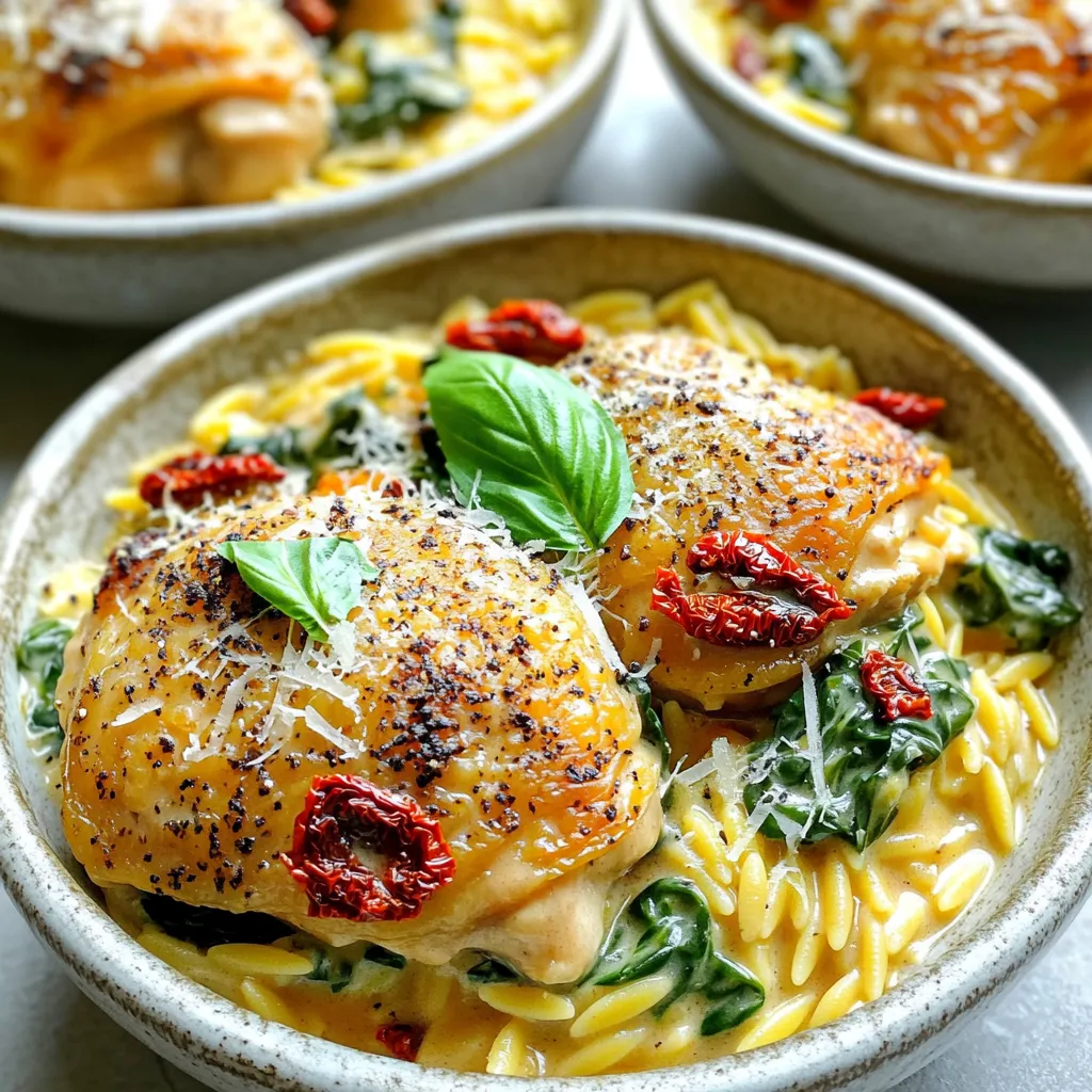 - 450 g Hähnchenschenkel, gewürfelt - 1 Tasse Orzo-Nudeln - 1 Tasse sonnengetrocknete Tomaten, grob gehackt Die Basis dieses Gerichts bilden die Hähnchenschenkel. Ihr zartes Fleisch gibt viel Geschmack. Orzo-Nudeln sind kleine, reisähnliche Nudeln, die die Sauce gut aufnehmen. Die sonnengetrockneten Tomaten bringen eine süße Note und einen intensiven Geschmack. - 1 Teelöffel italienische Gewürzmischung - 180 ml Schlagcreme - 50 g geriebener Parmesan Die italienische Gewürzmischung sorgt für den typischen Geschmack. Die Schlagcreme macht das Gericht cremig und reichhaltig. Geriebener Parmesan bringt umami und einen herzhaften Geschmack. So wird die Sauce perfekt. - 1 Esslöffel Olivenöl - 1 kleine Zwiebel, gewürfelt - 3 Knoblauchzehen, fein gehackt - 1 Tasse Babyspinat - Frisches Basilikum zum Garnieren Olivenöl dient zum Anbraten und gibt zusätzlich Geschmack. Zwiebel und Knoblauch sind die Aromaträger des Gerichts. Babyspinat ist gesund und gibt Farbe. Frisches Basilikum als Garnitur rundet das Gericht ab und macht es einladend. Zuerst erhitzen Sie das Olivenöl in einem großen Topf. Fügen Sie die gewürfelten Hähnchenschenkel hinzu. Würzen Sie das Fleisch mit Salz und Pfeffer. Braten Sie es für etwa 5 bis 7 Minuten. Es sollte goldbraun sein. Nehmen Sie das Hähnchen nach dem Braten aus dem Topf und stellen Sie es beiseite. Im gleichen Topf fügen Sie jetzt die gewürfelte Zwiebel hinzu. Braten Sie die Zwiebel für 3 bis 4 Minuten, bis sie glasig ist. Dann geben Sie den gehackten Knoblauch dazu. Lassen Sie den Knoblauch eine weitere Minute braten, bis er aromatisch riecht. Jetzt kommen die sonnengetrockneten Tomaten ins Spiel. Rühren Sie diese in den Topf ein und fügen Sie die italienische Gewürzmischung hinzu. Lassen Sie alles für 2 Minuten kochen. So vermischen sich die Aromen gut. Gießen Sie nun die Hühnerbrühe in den Topf und bringen Sie sie zum Köcheln. Fügen Sie die Orzo-Nudeln hinzu. Rühren Sie regelmäßig, damit die Nudeln nicht ankleben. Wenn die Orzo al dente ist, geben Sie das Hähnchen zurück in den Topf. Fügen Sie den Babyspinat, die Schlagcreme und den geriebenen Parmesan hinzu. Rühren Sie alles gut um und lassen Sie es für 2 Minuten kochen. Der Spinat sollte jetzt welken und alles warm sein. Schmecken Sie das Gericht ab und würzen Sie nach Belieben nach. Nehmen Sie den Topf vom Herd und lassen Sie das Gericht vor dem Servieren einige Minuten ruhen. Für die Präsentation, servieren Sie das Gericht in flachen Schalen. Garnieren Sie es mit frischem Basilikum und etwas geriebenem Parmesan. Um die perfekte Konsistenz des Orzo zu erreichen, ist die Kochzeit wichtig. Achten Sie darauf, dass der Orzo al dente bleibt. Das bedeutet, er sollte fest, aber nicht hart sein. Kochen Sie die Nudeln in der Hühnerbrühe. So nimmt der Orzo den Geschmack auf. Verwenden Sie frische Zutaten, wenn möglich. Frisches Gemüse und Kräuter machen einen großen Unterschied. Sie sorgen für einen lebendigen Geschmack. Passen Sie die Gewürze nach Ihrem Geschmack an. Wenn Sie es süßer mögen, fügen Sie einen Hauch Honig hinzu. Für mehr Schärfe können Sie rote Pfefferflocken verwenden. Sie können auch die italienische Gewürzmischung variieren. Versuchen Sie, frischen Thymian oder Oregano zu verwenden. Diese Kräuter bringen neue Aromen in das Gericht. Die Präsentation ist ebenfalls wichtig. Servieren Sie das Gericht in flachen Schalen. Das sieht einladend aus. Garnieren Sie mit frischem Basilikum. Ein zusätzlicher Hauch geriebenem Parmesan macht es besonders. Sie können auch etwas Zitronensaft hinzufügen. Das gibt einen frischen Kick und sieht toll aus. {{image_4}} Sie können saisonales Gemüse hinzufügen, um das Gericht zu verändern. Zucchini, Paprika oder Spargel passen gut dazu. Diese Gemüsesorten geben mehr Geschmack und Nährstoffe. Für vegane Alternativen verwenden Sie Tofu oder Kichererbsen. Diese Optionen sind proteinreich und machen das Gericht sättigender. Statt Hähnchenschenkel können Sie Putenbrust verwenden. Putenbrust hat weniger Fett und ist sehr zart. Für eine vegetarische Option können Sie Pilze oder einen fleischfreien Ersatz verwenden. Diese Variationen bieten Geschmack und machen das Gericht interessant. Verändern Sie die Schlagcreme, um die Cremigkeit anzupassen. Sie können leichtere Varianten wie Kochsahne wählen. Alternativ verwenden Sie Joghurt für einen frischen Geschmack. Käsealternativen sind auch möglich, um das Gericht vegan zu gestalten. Diese Anpassungen helfen, das Rezept nach Ihren Vorlieben zu gestalten. Nach dem Kochen bleibt manchmal etwas übrig. Du kannst die Reste in einem luftdichten Behälter aufbewahren. Stelle sicher, dass der Behälter gut schließt, damit keine Luft eindringt. So bleibt dein Gericht frisch. Lagere die Reste im Kühlschrank. Sie halten dort bis zu drei Tage. Wenn du mehr als nötig gekocht hast, friere die Portionen ein. Teile das Gericht in kleine, portionsgerechte Behälter auf. Lass das Gericht zuerst auf Raumtemperatur abkühlen. Achte darauf, dass der Behälter für das Gefrierfach geeignet ist. Du kannst es bis zu drei Monate einfrieren. Um es wieder aufzuwärmen, tau es im Kühlschrank auf. Danach einfach in einer Pfanne bei niedriger Hitze erhitzen. Rühre dabei gut um, damit es gleichmäßig warm wird. Wie lange hält das Gericht? Im Kühlschrank bleibt es bis zu drei Tage frisch. Im Gefrierfach hält es bis zu drei Monate. Achte auf Zeichen für Verderb. Wenn das Gericht seltsam riecht oder eine andere Farbe hat, wirf es weg. Sicherheit geht vor. Sie können das Gericht einfach anpassen. Für Allergiker gibt es viele Möglichkeiten. Wenn Sie Gluten meiden, verwenden Sie glutenfreie Pasta. Bei Laktoseintoleranz ersetzen Sie die Schlagcreme durch Kokosmilch oder pflanzliche Sahne. Möchten Sie weniger Kalorien? Nutzen Sie Hähnchenbrust statt Hähnchenschenkel. Fügen Sie mehr Gemüse hinzu, wie Paprika oder Zucchini, um den Nährstoffgehalt zu steigern. Diese Anpassungen machen das Gericht für verschiedene Ernährungsbedürfnisse geeignet. Ja, Orzo kann durch andere Pasta ersetzt werden. Jede Pasta hat ihre eigene Garzeit. Zum Beispiel benötigt Reisnudeln etwa 5-7 Minuten, während Penne 10-12 Minuten braucht. Achten Sie darauf, die Garzeit der gewählten Pasta anzupassen. Orzo hat eine ähnliche Größe wie Reis, also wählen Sie Pasta, die nicht zu groß ist. Das sorgt für ein angenehmes Mundgefühl in Ihrem Gericht. Die Zubereitungszeit beträgt insgesamt 25 Minuten. Sie benötigen etwa 10 Minuten für die Vorbereitung. In dieser Zeit schneiden Sie das Hähnchen, die Zwiebel und die Tomaten. Das Kochen selbst dauert etwa 15 Minuten. Zuerst braten Sie das Hähnchen an. Danach fügen Sie die Zwiebeln und die Tomaten hinzu. Schließlich kochen Sie die Orzo und vermengen alles. Das Gericht ist schnell und einfach zubereitet. Ja, dieses Gericht lässt sich gut im Slow Cooker zubereiten. Beginnen Sie mit dem Anbraten des Hähnchens und der Zwiebeln in einer Pfanne. Geben Sie diese dann in den Slow Cooker. Fügen Sie die Hühnerbrühe, die sonnengetrockneten Tomaten und die Gewürze hinzu. Kochen Sie alles auf niedriger Stufe für 4-6 Stunden. Kurz vor dem Servieren fügen Sie den Spinat, die Schlagcreme und den Parmesan hinzu. Rühren Sie gut um und lassen Sie es noch 30 Minuten im Slow Cooker. In diesem Beitrag haben wir die Hauptzutaten wie Hähnchenschenkel, Orzo-Nudeln und die köstliche Sauce durchleuchtet. Sie haben auch gelernt, wie man das Gericht Schritt für Schritt zubereitet. Achten Sie auf perfektes Anbraten und die richtige Konsistenz. Variationen und Tipps helfen Ihnen, das Gericht nach Ihrem Geschmack anzupassen. Lagern Sie Reste richtig für optimale Haltbarkeit. Kochen kann einfach und kreativ sein. Lassen Sie Ihrer Küche freien Lauf und genießen Sie!