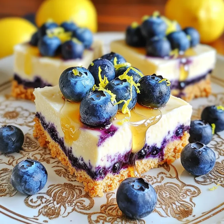 Für die No-Bake Blaubeer-Zitronen-Käsekuchenriegel brauchst du folgende Zutaten: - 1 ½ Tassen Graham-Cracker-Brösel - ½ Tasse ungesalzene Butter, geschmolzen - 1 Tasse Frischkäse, weichgemacht - ½ Tasse Puderzucker - 1 Teelöffel Vanilleextrakt - 1 Tasse Schlagsahne, gut gekühlt - Schale von 1 Zitrone - ½ Tasse frischer Zitronensaft - 1 Tasse frische Blaubeeren - 2 Esslöffel Honig (zum Beträufeln) Die Qualität der Zutaten macht einen großen Unterschied. Verwende frische Blaubeeren für den besten Geschmack. Achte darauf, dass der Frischkäse gut weich ist. So lässt er sich leichter vermischen. Schlagsahne muss gut gekühlt sein, um die richtige Konsistenz zu erreichen. Die Butter sollte ungesalzen sein, damit der Geschmack nicht zu salzig wird. Falls du keine Graham-Cracker hast, kannst du Kekse verwenden. Butter kann durch Kokosöl ersetzt werden. Für eine leichtere Option, nutze griechischen Joghurt anstelle von Frischkäse. Wenn du keinen frischen Zitronensaft hast, funktioniert auch Zitronensaft aus der Flasche. Um die Kruste zu machen, nehme eine Schüssel. Vermische 1 ½ Tassen Graham-Cracker-Brösel mit ½ Tasse geschmolzener Butter. Rühre gut, bis die Brösel gleichmäßig feucht sind. Nimm eine quadratische Backform von 9x9 Zoll. Drücke die Bröselmischung fest in den Boden. So entsteht eine stabile Kruste. Stelle die Form für etwa 30 Minuten in den Kühlschrank. So wird die Kruste fest. In einer großen Schüssel schlage 1 Tasse weichgemachten Frischkäse. Schlage ihn cremig. Füge ½ Tasse Puderzucker, 1 Teelöffel Vanilleextrakt, die Schale von 1 Zitrone und ½ Tasse frischen Zitronensaft hinzu. Rühre alles gut, bis die Mischung glatt ist. Nimm eine separate Schüssel. Schlage 1 Tasse gut gekühlte Schlagsahne, bis sich feste Spitzen bilden. Füge die geschlagene Sahne vorsichtig zur Frischkäse-Mischung hinzu. Rühre sanft, bis alles gut vermischt ist. Gieße die Käsekuchenfüllung über die gekühlte Kruste. Verwende einen Spatel, um sie gleichmäßig zu verteilen. Verteile 1 Tasse frische Blaubeeren gleichmäßig auf der Füllung. Drücke sie leicht hinein. Decke die Form ab. Stelle sie für mindestens 4 Stunden in den Kühlschrank, besser über Nacht. Das gibt den Riegeln die beste Konsistenz. Wenn du bereit bist zu servieren, schneide die Riegel in Quadrate. Träufle etwas Honig darüber, um zusätzliche Süße zu geben. Ein häufiger Fehler ist, die Kruste nicht fest genug zu drücken. Drücken Sie die Graham-Cracker-Brösel gut in die Form. So bleibt die Kruste stabil. Ein anderer Fehler ist, den Frischkäse nicht genug zu schlagen. Er sollte ganz cremig sein, bevor Sie die anderen Zutaten hinzufügen. Achten Sie darauf, dass die Schlagsahne gut gekühlt ist. Das hilft, die Füllung luftig zu machen. Um die perfekte Konsistenz zu erreichen, schlagen Sie den Frischkäse gut. Fügen Sie dann Puderzucker, Zitronensaft und -schale hinzu. Rühren Sie so lange, bis die Mischung glatt ist. Wenn Sie die Schlagsahne unterheben, machen Sie das vorsichtig. So bleibt die Füllung luftig. Kühlen Sie die Riegel mindestens vier Stunden. Über Nacht kühlen bringt die besten Ergebnisse. Sie können die Blaubeeren durch andere Früchte ersetzen. Erdbeeren oder Himbeeren sind tolle Alternativen. Für einen anderen Geschmack, fügen Sie etwas Kokosnuss oder Schokolade hinzu. Wenn Sie nach einer glutenfreien Option suchen, verwenden Sie glutenfreie Kekse für die Kruste. Für eine vegane Version ersetzen Sie den Frischkäse durch pflanzliche Alternativen. {{image_4}} Wenn Sie gerne mit Aromen spielen, probieren Sie andere Früchte. Erdbeeren sind süß und frisch. Himbeeren bringen eine fruchtige Säure. Auch Pfirsiche oder Mangos können gut passen. Sie geben dem Käsekuchen einen neuen Twist. Mischen Sie die Früchte, um verschiedene Geschmäcker zu testen. Es macht Spaß, kreativ zu sein! Für eine glutenfreie Variante verwenden Sie glutenfreie Kekse. Die Graham-Cracker-Brösel können durch glutenfreie Kekse ersetzt werden. Achten Sie darauf, dass die Butter auch glutenfrei ist. So bleibt der Käsekuchen lecker und sicher für alle. Es ist einfach, glutenfrei zu genießen. Um eine vegane Version zu machen, tauschen Sie den Frischkäse aus. Verwenden Sie Cashew-Creme oder Kokosnuss-Joghurt. Diese Alternativen geben eine tolle cremige Textur. Für die Sahne können Sie Kokosnusscreme verwenden. Vergewissern Sie sich, dass der Puderzucker vegan ist. So bleibt der Käsekuchen für alle genießbar! Bewahren Sie die Blaubeer-Zitronen-Käsekuchenriegel in einem luftdichten Behälter auf. So bleibt die Frische erhalten. Stellen Sie sicher, dass die Riegel gut abgedeckt sind. Dies schützt sie vor Gerüchen und Feuchtigkeit im Kühlschrank. Diese Riegel bleiben bis zu einer Woche im Kühlschrank frisch. Achten Sie darauf, sie bei Bedarf zu überprüfen. Wenn sie anfangen, trocken oder unangenehm zu riechen, sollten sie nicht mehr gegessen werden. Wenn Sie die Riegel länger aufbewahren möchten, können Sie sie einfrieren. Schneiden Sie die Riegel in Portionen und legen Sie sie in einen gefrierfesten Behälter oder wickeln Sie sie in Folie ein. So bleiben sie bis zu drei Monate haltbar. Lassen Sie die Riegel vor dem Servieren im Kühlschrank auftauen. Ja, du kannst die Füllung im Voraus machen. Wenn du die Füllung schon am Vortag zubereitest, wird der Geschmack noch besser. Stelle die Füllung in den Kühlschrank, bis du bereit bist, sie zu verwenden. So sparst du Zeit, wenn du die Riegel fertigstellen möchtest. Die Füllung kann aus mehreren Gründen nicht fest werden. Ein häufiger Grund ist, dass die Schlagsahne nicht richtig geschlagen wurde. Sie sollte steif sein, bevor du sie unter die Frischkäse-Mischung hebst. Ein weiterer Grund kann sein, dass die Füllung nicht lange genug gekühlt wurde. Kühle die Riegel mindestens vier Stunden, besser über Nacht. Die Riegel sollten mindestens vier Stunden im Kühlschrank stehen. Wenn du die besten Ergebnisse erzielen möchtest, lasse sie über Nacht kühlen. So setzen sich die Aromen besser und die Füllung wird fest. Wenn du sie zu früh herausnimmst, können sie zerfallen. Dieser Artikel hat dir die notwendigen Zutaten und Anleitungen für einen Käsekuchen gegeben. Du hast gelernt, wie man die Kruste und die Füllung zubereitet. Zudem haben wir wichtige Tipps zur Vermeidung häufiger Fehler besprochen. Variationen wie glutenfreie und vegane Optionen bieten dir viele Möglichkeiten. Denke an die richtigen Lagerungshinweise, um deinen Käsekuchen frisch zu halten. Mit diesen Tipps wird dein Käsekuchen zum Hit. Jetzt liegt es an dir, loszulegen und kreativ zu sein!