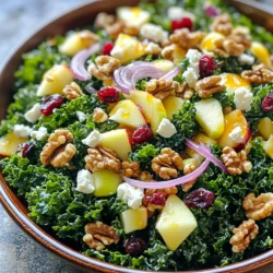 - 4 Tassen Grünkohl, gehackt (Stiele entfernt) - 1 großer Apfel (z. B. Honeycrisp oder Fuji), gewürfelt - 1/2 Tasse Walnüsse, grob gehackt Der Grünkohl ist die Basis für unseren Salat. Er bringt viele Nährstoffe und eine tolle Textur. Äpfel geben dem Salat einen süßen Geschmack. Ich empfehle Honeycrisp oder Fuji für eine knackige Note. Walnüsse sorgen für einen nussigen Crunch. Sie sind auch reich an gesunden Fetten. - 1/4 Tasse getrocknete Cranberries - 1/4 Tasse Feta-Käse, zerbröselt - 1/4 Tasse rote Zwiebel, dünn geschnitten Die getrockneten Cranberries fügen eine süße und fruchtige Note hinzu. Feta-Käse bringt eine salzige, cremige Textur. Rote Zwiebeln geben dem Salat einen scharfen, frischen Biss. Diese Zutaten ergänzen den Grünkohl perfekt und machen den Salat bunt. - 3 Esslöffel Olivenöl - 2 Esslöffel Apfelessig - 1 Esslöffel Ahornsirup - Salz und Pfeffer nach Geschmack Das Dressing ist einfach und lecker. Olivenöl sorgt für gesunde Fette. Apfelessig bringt eine tolle Säure. Ahornsirup fügt eine süße Note hinzu. Ich empfehle, mit Salz und Pfeffer zu würzen, um den Geschmack zu verstärken. Zuerst hackst du den Grünkohl. Entferne die Stiele, damit der Salat zart bleibt. Nimm dann deine sauberen Hände und knete den Grünkohl. Mach das etwa 2-3 Minuten lang. Dadurch wird der Grünkohl weich und weniger bitter. So entfaltet sich der Geschmack besser. Jetzt ist es Zeit, die anderen Zutaten hinzuzufügen. Nimm einen großen Apfel und würfle ihn. Füge die gewürfelten Äpfel, 1/2 Tasse grob gehackte Walnüsse, 1/4 Tasse getrocknete Cranberries, 1/4 Tasse zerbröselten Feta-Käse und 1/4 Tasse dünn geschnittene rote Zwiebel zum Grünkohl hinzu. Mische alles sanft durch. Achte darauf, dass du die Zutaten gleichmäßig verteilst. Für das Dressing nimm eine kleine Schüssel. Vermische 3 Esslöffel Olivenöl, 2 Esslöffel Apfelessig und 1 Esslöffel Ahornsirup darin. Füge Salz und Pfeffer nach Geschmack hinzu. Rühre gut um, bis alles gut vermischt ist. Gieße das Dressing gleichmäßig über den Salat. Wirf alles sanft durch, damit sich die Aromen gut verbinden. Lass den Salat 5-10 Minuten stehen, damit die Aromen sich entfalten können. Wie man Grünkohl am besten zubereitet: Grünkohl ist ein toller Salatbestandteil, aber er kann hart sein. Um die beste Textur zu erhalten, hacke den Grünkohl in kleine Stücke. Entferne die Stiele, da sie zäh sind. Massiere den Grünkohl mit deinen Händen für 2-3 Minuten. Diese Massage macht den Grünkohl zart und mildert die Bitterkeit. Tipps zur Auswahl von Äpfeln: Wenn du Äpfel wählst, achte auf frische und knackige Früchte. Honeycrisp oder Fuji sind große Optionen. Sie haben eine süße Note und bringen Frische. Vermeide Äpfel mit Druckstellen oder braunen Flecken. Diese Äpfel sind oft nicht mehr frisch. Gewürze und Aromen ergänzen: Um den Geschmack zu verbessern, füge Gewürze wie Zimt oder Kreuzkümmel hinzu. Diese Gewürze passen gut zu Äpfeln und Grünkohl. Du kannst auch einen Spritzer Zitronensaft verwenden, um die Aromen aufzufrischen. Kombination mit anderen Zutaten: Fühle dich frei, mit den Zutaten zu experimentieren. Du kannst geröstete Kürbiskerne oder frische Beeren hinzufügen. Diese Zutaten bringen neue Texturen und Geschmäcker in den Salat. Anrichten für besondere Anlässe: Präsentiere den Salat in einer großen, flachen Schüssel. Das sieht schön aus und lädt zum Teilen ein. Du kannst auch kleine Portionen in Schalen anrichten. So wirkt jeder Teller besonders. Vorschläge für Garnituren: Um den Salat noch ansprechender zu machen, dekoriere ihn mit zusätzlichen Walnüssen und etwas zerbröseltem Feta-Käse. Diese Garnituren geben Farbe und zusätzliche Textur. Ein frischer Kräuterzweig kann ebenfalls eine schöne Deko sein. {{image_4}} Du kannst die Nüsse im Salat leicht ändern. Walnüsse sind toll, aber probiere auch Mandeln oder Pekannüsse. Diese Nüsse bringen andere Aromen und Texturen. Wenn du eine Nussallergie hast, kannst du Sonnenblumenkerne verwenden. Auch der Käse kann variieren. Feta ist lecker, aber du kannst auch Ziegenkäse oder Parmesan verwenden. Jeder Käse gibt dem Salat einen anderen Geschmack. Wähle, was dir am besten gefällt. Um mehr Protein hinzuzufügen, könntest du Hähnchen oder Kichererbsen beifügen. Gegrilltes Hähnchen macht den Salat sättigender. Kichererbsen sind eine tolle pflanzliche Option. Zusätzlich kannst du andere Obst- und Gemüsesorten einfügen. Probiere Birnen oder Trauben für etwas Süße. Karotten oder Paprika geben mehr Crunch und Farbe. Sei kreativ mit dem, was du magst! Es ist wichtig, die Zutaten je nach Saison anzupassen. Im Frühling sind frische Erbsen oder Spargel lecker. Im Sommer kannst du Tomaten oder Gurken verwenden. Im Herbst sind geröstete Kürbisse ein Hit. Setze auch auf lokale Produkte. Besuche deinen Bauernmarkt und kaufe, was frisch ist. So unterstützt du lokale Landwirte und bekommst die besten Zutaten. Diese Auswahl macht deinen Salat besonders und nachhaltig. Der Ernte Apfel Grünkohlsalat bleibt frisch für etwa 2 bis 3 Tage im Kühlschrank. Um die Frische zu sichern, decke die Schüssel gut ab. So verhinderst du, dass der Salat austrocknet oder Gerüche aufnimmt. Wenn du den Salat länger aufbewahren möchtest, bereite die Zutaten separat vor. Du kannst den Grünkohl, die Äpfel und die Nüsse in kleinen Behältern einfrieren. Achte darauf, den Salat nicht direkt nach der Zubereitung einzufrieren. Das Dressing sollte immer frisch zubereitet werden. Zum Wiederaufwärmen, lasse die Zutaten bei Raumtemperatur auftauen. Mische dann alles frisch zusammen. Nutze luftdichte Behälter aus Glas oder Kunststoff für die Lagerung. Diese Behälter halten die Zutaten frisch. Vermeide nasse Zutaten, wie die Vinaigrette, wenn du den Salat lagerst. Füge sie erst kurz vor dem Servieren hinzu, damit der Salat knackig bleibt. Der Salat bleibt im Kühlschrank etwa 3 Tage frisch. Wenn du ihn lagern möchtest, lege ihn in einen luftdichten Behälter. So bleibt der Grünkohl knackig und die Aromen erhalten. Ja, du kannst den Salat vegan machen. Statt Feta kannst du zerdrückten Tofu verwenden. Du kannst auch einen veganen Käse verwenden. Diese Optionen geben deinem Salat einen ähnlichen Geschmack. Wenn du keine Walnüsse magst, gibt es tolle Alternativen. Du kannst Mandeln oder Sonnenblumenkerne nutzen. Diese geben dem Salat eine gute Textur und nussigen Geschmack. Auch geröstete Kichererbsen sind eine gute Wahl für etwas Crunch. Zusammenfassend habe ich die wichtigsten Zutaten und Schritte für diesen leckeren Grünkohlsalat vorgestellt. Wir haben gelernt, wie man den Grünkohl richtig vorbereitet und das Dressing zubereitet. Einige Tipps helfen dir, die Textur und den Geschmack zu verbessern. Variationen und Lagerungshinweise bieten dir viele Möglichkeiten. Experimentiere mit den Zutaten und finde deine perfekte Mischung. So bereitest du einen gesunden und schmackhaften Salat, der immer gut ankommt. Probiere es aus und genieße jeden Bissen!