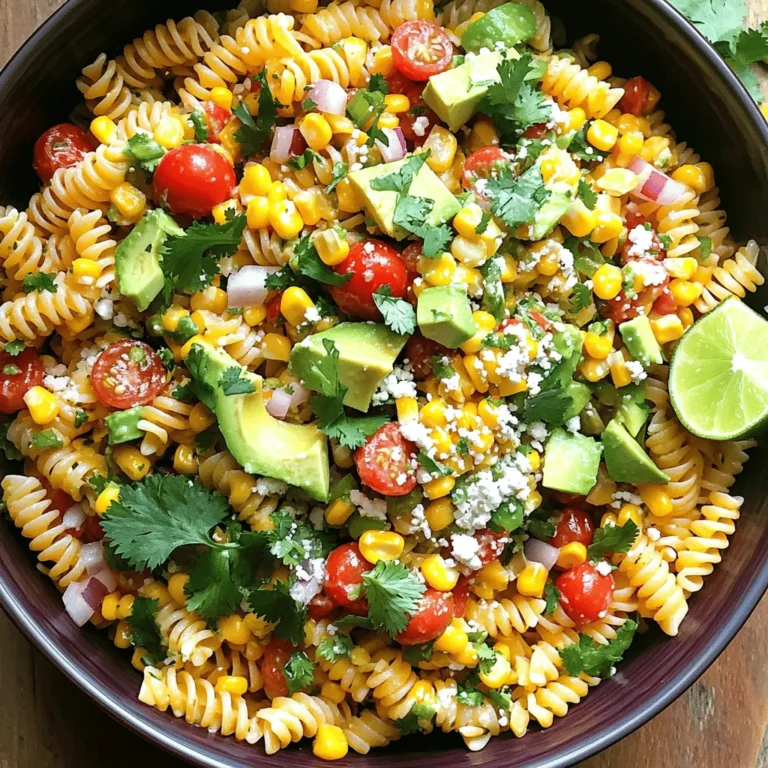 Für diesen leckeren Salat benötigen Sie: - 225 g Rotini-Pasta - 480 g gefrorener Mais, aufgetaut - 150 g Kirschtomaten, halbiert - 1 rote Paprika, gewürfelt - 1/2 rote Zwiebel, fein gehackt - 120 g frischer Koriander, gehackt - 1 Avocado, gewürfelt - 120 g zerbröckelter Cotija-Käse (oder Feta als Ersatz) Diese Zutaten bringen frische und Farbe in den Salat. Die Kombination aus Pasta, Gemüse und Käse macht ihn sättigend und lecker. Für das Dressing brauchen Sie: - Saft von 1 Limette - 45 ml Olivenöl - 1 Teelöffel Paprikapulver - 1/2 Teelöffel Kreuzkümmel - Salz und Pfeffer nach Geschmack Das Dressing ist einfach zu machen. Es bringt die Aromen der Zutaten zusammen und sorgt für einen frischen Geschmack. Wenn Sie keinen Cotija-Käse haben, können Sie Feta verwenden. Feta hat einen ähnlichen, aber milden Geschmack. Für eine vegane Option können Sie den Käse ganz weglassen oder einen pflanzlichen Käse verwenden. Wenn Sie keine frischen Koriander mögen, probieren Sie Petersilie. Das gibt dem Salat auch einen frischen Kick. Zuerst bringt ihr einen großen Topf mit gesalzenem Wasser zum Kochen. Wenn das Wasser kocht, fügt ihr 225 g Rotini-Pasta hinzu. Kocht die Pasta nach der Packungsanweisung, bis sie al dente ist. Das dauert meist etwa 8 bis 10 Minuten. Danach gießt ihr die Pasta ab und spült sie unter kaltem Wasser. So stoppt ihr den Kochprozess. Stellt die Pasta dann beiseite. Jetzt kommt der Mais dran. Nehmt 480 g aufgetauten Mais und erhitzt ihn in einer großen Pfanne bei mittlerer Hitze. Bratet ihn 5 bis 7 Minuten lang an, bis er leicht angebräunt ist. Rührt gelegentlich um, damit er gleichmäßig bräunt. Nach dem Braten nehmt ihr die Pfanne vom Herd und lasst den Mais abkühlen. Für das Dressing braucht ihr eine kleine Schüssel. Gebt den Saft von 1 Limette, 45 ml Olivenöl, 1 Teelöffel Paprikapulver, 1/2 Teelöffel Kreuzkümmel sowie Salz und Pfeffer nach Geschmack hinein. Verrührt alles gut, bis die Zutaten gleichmäßig gemischt sind. Stellt das Dressing nun beiseite. In einer großen Rührschüssel kombiniert ihr nun die gekochte Pasta, den gebratenen Mais, 150 g halbierte Kirschtomaten, 1 gewürfelte rote Paprika, 1/2 fein gehackte rote Zwiebel und 120 g gehackten Koriander. Rührt alles vorsichtig um, damit sich die Zutaten gut vermischen, ohne sie zu zerdrücken. Jetzt kommt das Beste: die Avocado! Fügt 1 gewürfelte Avocado und 120 g zerbröckelten Cotija-Käse (oder Feta) hinzu. Hebt die Avocado und den Käse vorsichtig unter die Mischung. Seid behutsam, damit die Avocado nicht zerdrückt wird. Lasst den Salat für mindestens 30 Minuten im Kühlschrank abkühlen. So können die Aromen gut durchziehen. Serviert den Salat in einer großen Schüssel, am besten mit zusätzlichem Koriander und einem Limettenkeil oben drauf. So sieht der Salat nicht nur gut aus, er schmeckt auch frisch und lecker! Um die beste Pasta zu wählen, nutze Rotini. Diese Form hält die Soße gut. Koche die Pasta in gesalzenem Wasser, bis sie al dente ist. Achte darauf, sie nicht zu lange kochen. Spüle die Pasta nach dem Kochen mit kaltem Wasser ab. So bleibt sie frisch und klebt nicht zusammen. Das Dressing ist einfach und schnell gemacht. Mische Limettensaft, Olivenöl, Paprikapulver, Kreuzkümmel, Salz und Pfeffer in einer kleinen Schüssel. Rühre gut, damit sich die Aromen verbinden. Wenn du mehr Frische willst, füge mehr Limettensaft hinzu. Das macht das Dressing noch leckerer. Die Garnitur bringt Farbe und Geschmack. Verwende frischen Koriander und Limettenkeile. Diese sorgen für einen tollen Look. Serviere den Salat in einer großen Schüssel, damit jeder zugreifen kann. Für etwas mehr Crunch könntest du Tortilla-Chips hinzufügen. Das gibt einen schönen Kontrast zur weichen Avocado und dem Käse. {{image_4}} Wenn du eine vegetarische oder vegane Variante möchtest, ist das einfach. Du kannst den Cotija-Käse durch eine pflanzliche Alternative ersetzen. Es gibt tolle vegane Käsesorten, die gut schmelzen. Für die Cremigkeit kann auch etwas pürierte Avocado genutzt werden. So bleibt der Salat frisch und lecker. Um den Salat noch aufregender zu machen, probiere neue Zutaten. Füge schwarze Bohnen hinzu, um mehr Protein zu erhalten. Gegrillte Zucchini oder Paprika geben dem Salat einen rauchigen Geschmack. Du kannst auch Jalapeños für einen scharfen Kick hinzufügen. Diese Zutaten machen den Salat noch schmackhafter und bunter. Die Gewürze in diesem Rezept sind wichtig. Du kannst jedoch variieren. Füge Chili-Pulver für mehr Hitze hinzu. Ein wenig Knoblauchpulver rundet den Geschmack ab. Wenn du es frisch magst, probiere frischen Limettensaft oder Zitronenschale. Experimentiere mit verschiedenen Kräutern wie Petersilie oder Dill, um neue Aromen zu entdecken. Um den Mexikanischen Straßenmais-Pasta-Salat frisch zu halten, fülle ihn in einen luftdichten Behälter. Achte darauf, dass der Behälter gut verschlossen ist. Dies schützt den Salat vor Luft und Feuchtigkeit. Du kannst auch Frischhaltefolie verwenden, um die Frische zu sichern. Im Kühlschrank hält sich der Salat bis zu drei Tage. Achte darauf, den Salat vor dem Essen gut umzurühren. So verteilst du die Aromen wieder gleichmäßig. Wenn du den Salat länger aufbewahren willst, lasse die Avocado und den Käse weg. Diese Zutaten verderben schneller. Bereite den Salat einen Tag vor der Party zu. Kühle ihn über Nacht im Kühlschrank. Das verbessert den Geschmack. Du kannst auch die Zutaten getrennt lagern. Mische sie kurz vor dem Servieren. So bleibt alles frisch und knackig. Ja, du kannst andere Pasta verwenden. Fusilli oder Penne sind gute Alternativen. Sie halten auch die Sauce gut fest. Achte darauf, die Pasta al dente zu kochen. Das sorgt für eine schöne Textur im Salat. Zu diesem Salat passen viele Beilagen. Gegrilltes Hähnchen oder Steak sind perfekt. Auch frisches Brot oder Tortillas sind eine tolle Wahl. Diese Beilagen ergänzen den Salat und bringen mehr Geschmack. Ja, du kannst den Salat im Voraus machen. Bereite ihn bis zu einem Tag vorher zu. Lagere ihn im Kühlschrank, damit die Aromen gut ziehen können. Füge die Avocado und den Käse kurz vor dem Servieren hinzu. Reste sind vielseitig und lecker. Du kannst sie als Snack genießen. Sie passen auch gut in Wraps oder auf Sandwiches. Reste lassen sich auch in Omeletts oder als Beilage zu anderen Gerichten verwenden. Der Salat hat keine scharfen Zutaten. Die Gewürze sind mild und sorgen für einen tollen Geschmack. Wenn du es schärfer magst, füge etwas Chili oder Jalapeños hinzu. Das gibt dem Salat einen zusätzlichen Kick. Dieser Blogbeitrag gibt dir alles, was du für deinen perfekten Salat brauchst. Wir haben die Hauptzutaten und ihre Alternativen besprochen. Du lernst, wie man die Pasta kocht und das Dressing zubereitet. Tipps zum perfekten Ergebnis und Variationen machen es einfach, jeden Geschmack zu treffen. Schließlich zeigen wir dir, wie man den Salat richtig lagert. Ein toller Salat kann Freude bringen. Probiere die Rezepte aus und finde deine Lieblingsversion!