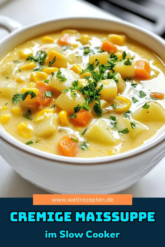 Entdecke, wie du mit dieser cremigen Maissuppe aus dem Slow Cooker im Handumdrehen ein köstliches Gericht zauberst! Mit frischen Zutaten wie Mais, Kartoffeln und Karotten wird diese Suppe zum perfekten Comfort Food. Ideal für einen gemütlichen Abend oder als leckeres Meal Prep. Klicke hier, um das gesamte Rezept zu sehen und loszulegen! #CremigeMaissuppe #SlowCookerRezept #VegetarischeKüche #Kochliebe
