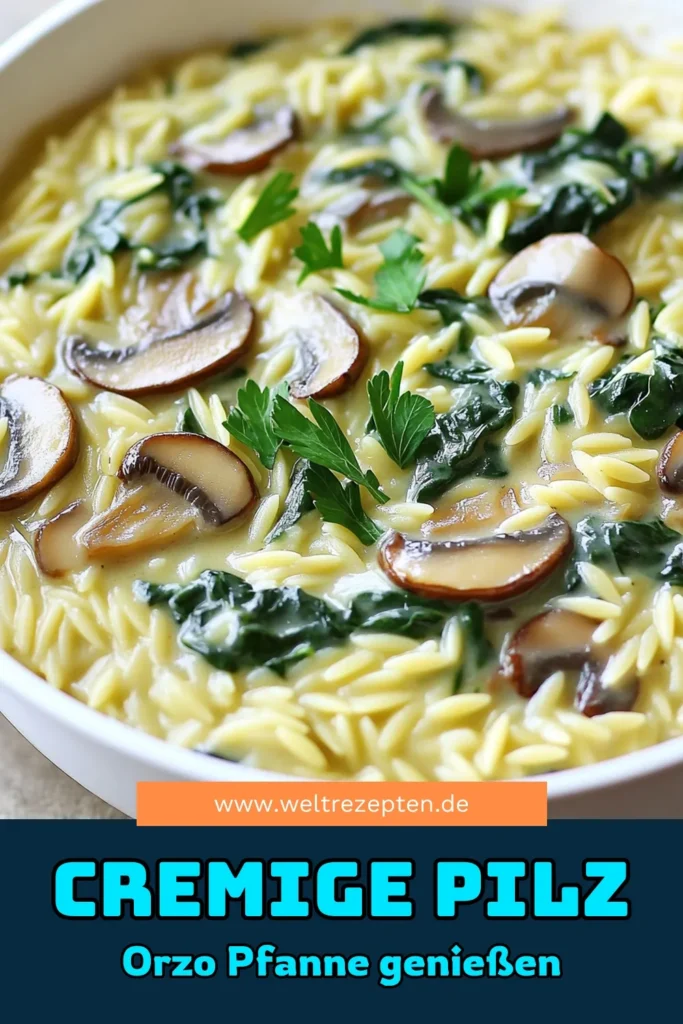 Entdecke das Rezept für eine cremige Pilz-Spinat-Orzo-Pfanne, die deinen Gaumen verzaubert! Mit zarter Orzo-Pasta, frischen Pilzen und Spinat, kombiniert mit Sahne oder Kokoscreme für eine leichte Version, ist dieses Gericht nicht nur einfach zuzubereiten, sondern auch unglaublich lecker. Perfekt für eine gesunde Mahlzeit unter der Woche! Klicke hier, um das vollständige Rezept zu sehen und es selbst auszuprobieren. #PilzSpinatOrzo #VegetarischesEssen #GesundeRezepte #SchnelleGerichte